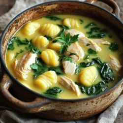 Um eine köstliche Classic Chicken Gnocchi Soup zuzubereiten, benötigst du: - 450 g Hähnchenbrustfilet ohne Haut und Knochen, gewürfelt - 1 Esslöffel Olivenöl - 1 mittelgroße Zwiebel, fein gehackt - 2 Knoblauchzehen, zerdrückt - 960 ml Hühnerbrühe - 120 g frischer Spinat, grob gehackt - 450 g Kartoffelgnocchi - 240 ml Schlagsahne - 1 Teelöffel getrockneter Thymian - Salz und Pfeffer nach Geschmack - Frische Petersilie, gehackt (zum Garnieren) Frische Zutaten machen den Unterschied. Achte beim Kauf auf: - Hähnchen: Wähle frisches, rosa Fleisch ohne Flecken. - Gemüse: Suche nach festen und knackigen Zwiebeln und Knoblauch. - Spinat: Frischer Spinat sollte grün und nicht welk sein. - Gnocchi: Achte auf die Verpackung. Sie sollten gut verschlossen sein. Frische Zutaten sorgen für einen vollen Geschmack und eine bessere Textur in deiner Suppe. Möchtest du etwas Abwechslung? Hier sind einige Optionen: - Karotten: Sie bringen Süße und Farbe. - Sellerie: Fügt einen knackigen Biss hinzu. - Brokkoli: Schmeckt gut und bringt zusätzlich Nährstoffe. - Paprika: Für etwas Süße und schöne Farben. Mit diesen Alternativen kannst du die Suppe nach deinem Geschmack anpassen. Das macht das Essen noch spannender! Wenn du mehr erfahren möchtest, schau dir das Full Recipe an. Zuerst schneiden Sie die Hähnchenbrust in kleine Stücke. Das ist wichtig, damit das Hähnchen gleichmäßig kocht. Hacken Sie die Zwiebel und zerdrücken Sie die Knoblauchzehen. Diese geben der Suppe viel Geschmack. Bereiten Sie auch den Spinat vor, indem Sie ihn grob hacken. Halten Sie alle Zutaten bereit, damit das Kochen schnell geht. Beginnen Sie, indem Sie das Olivenöl in einem großen Topf erhitzen. Fügen Sie dann die Hähnchenstücke hinzu. Braten Sie sie für etwa fünf Minuten, bis sie goldbraun sind. Nehmen Sie das Hähnchen heraus und stellen Sie es beiseite. Geben Sie die Zwiebel in den Topf und braten Sie sie an, bis sie weich ist. Fügen Sie den Knoblauch hinzu und braten Sie ihn kurz mit. Gießen Sie die Hühnerbrühe hinein und bringen Sie alles zum Kochen. Nun geben Sie das Hähnchen und den Thymian zurück in den Topf. Lassen Sie die Mischung zehn Minuten köcheln. Dann kommen die Kartoffelgnocchi dazu. Kochen Sie sie, bis sie an die Oberfläche schwimmen. Reduzieren Sie die Hitze und rühren Sie die Schlagsahne ein. Fügen Sie den Spinat hinzu und lassen Sie die Suppe weitere zwei bis drei Minuten köcheln. Achten Sie darauf, das Hähnchen nicht zu lange zu braten. Es sollte zart bleiben. Prüfen Sie die Gnocchi, indem Sie schauen, ob sie an die Oberfläche schwimmen. Das zeigt, dass sie fertig sind. Rühren Sie die Suppe gut um und probieren Sie sie. Fügen Sie nach Geschmack Salz und Pfeffer hinzu. Genießen Sie Ihre köstliche Suppe! Für das vollständige Rezept, schauen Sie sich die [Full Recipe] an. Um den Geschmack der klassischen Hühnchen-Gnocchi-Suppe zu verbessern, gibt es viele einfache Tricks. Eine gute Hühnerbrühe macht einen großen Unterschied. Verwende frische Brühe, wenn möglich. Füge auch frische Kräuter wie Thymian oder Rosmarin hinzu. Diese Kräuter bringen Frische in die Suppe. Ein Spritzer Zitrone kann ebenfalls helfen. Es bringt eine leichte Säure und hebt die Aromen hervor. Du kannst auch etwas Parmesan über die Suppe streuen, bevor du servierst. Das gibt einen schönen, herzhaften Geschmack. Ein häufiger Fehler beim Kochen ist das Überkochen der Gnocchi. Das passiert schnell, wenn du sie zu lange in der Brühe lässt. Achte darauf, sie nur zu kochen, bis sie an die Oberfläche steigen. Wenn du sie zu lange lässt, werden sie matschig. Ein weiterer Fehler ist, die Brühe nicht zu würzen. Probiere die Brühe während des Kochens. So kannst du nach Bedarf Salz und Pfeffer hinzufügen. Das macht den Unterschied zwischen einer langweiligen und einer schmackhaften Suppe. Die richtige Konsistenz ist wichtig für eine genussvolle Suppe. Achte darauf, die Schlagsahne langsam hinzuzufügen. Rühre gut um, damit sie sich gleichmäßig verteilt. Wenn die Suppe zu dick ist, kannst du etwas mehr Brühe hinzufügen. Wenn die Suppe zu dünn ist, lasse sie einfach länger köcheln, um sie ein wenig einzudicken. Ein weiterer Tipp: Verwende einen Kartoffelstampfer, um die Gnocchi leicht zu zerdrücken. So wird die Suppe dicker und cremiger. Für das vollständige Rezept schau dir die Anleitung in der Zutatensammlung an. {{image_4}} Um eine vegane Version zu machen, ersetze das Hähnchen mit Pilzen. Champignons oder Austernpilze sind ideal. Verwende Gemüsebrühe statt Hühnerbrühe. Kokosmilch kann die Schlagsahne ersetzen. Diese Zutaten geben der Suppe eine cremige Textur. Füge zusätzlich Kichererbsen für mehr Protein hinzu. Du kannst die Suppe mit verschiedenen Proteinen anreichern. Tofu oder Tempeh sind gute Optionen. Brate sie an, bevor du sie zur Suppe gibst. Auch Bohnen wie weiße Bohnen oder Linsen sind lecker. Diese Zutaten liefern Nährstoffe und machen die Suppe sättigender. Experimentiere mit Kräutern und Gewürzen, um neue Aromen zu entdecken. Frischer Dill oder Estragon passen gut. Du kannst auch Paprika oder Curry hinzufügen, um einen anderen Geschmack zu erzielen. Probiere ein bisschen Zimt für eine warme Note. Diese Variationen machen die Suppe spannend und einzigartig. Um die klassische Hühnchen-Gnocchi-Suppe frisch zu halten, nutzen Sie luftdichte Behälter. Lassen Sie die Suppe zuerst abkühlen, bevor Sie sie einfüllen. So vermeiden Sie Dampf, der die Qualität mindern kann. Stellen Sie sicher, die Behälter gut zu verschließen, damit keine Luft eindringt. Ich empfehle, die Suppe nach dem Kochen innerhalb zwei Stunden einzufrieren oder in den Kühlschrank zu stellen. Beim Wiedererwärmen der Suppe sind einige Dinge zu beachten. Erhitzen Sie die Suppe langsam in einem Topf bei mittlerer Hitze. Rühren Sie dabei oft, um ein Anbrennen zu vermeiden. Fügen Sie etwas Brühe oder Wasser hinzu, wenn die Suppe zu dick wird. Dies hilft, die cremige Konsistenz zu erhalten. Mikrowellen sind schnell, können aber die Gnocchi matschig machen. Wenn Sie die Mikrowelle nutzen, verwenden Sie eine niedrige Stufe und rühren Sie zwischendurch um. Im Kühlschrank hält sich die Suppe etwa drei bis vier Tage. Achten Sie darauf, sie gut zu verpacken. Im Gefrierfach kann die Suppe bis zu drei Monate aufbewahrt werden. Denken Sie daran, die Suppe in Portionen zu teilen, um das Auftauen zu erleichtern. Wenn Sie die Suppe wieder aufwärmen, achten Sie darauf, sie gleichmäßig heiß zu machen, um die beste Qualität zu gewährleisten. Ja, du kannst die Hähnchenbrust ersetzen. Du kannst Hähnchenschenkel verwenden, die mehr Geschmack haben. Auch Tofu oder Tempeh sind gute Optionen für eine vegetarische Variante. Wenn du Meeresfrüchte magst, probiere Garnelen oder Fisch. Achte darauf, die Garzeit anzupassen. Um die Suppe im Voraus zu machen, koche die Basis zuerst. Bereite das Hähnchen, die Zwiebeln und die Brühe vor. Lasse sie abkühlen und bewahre sie im Kühlschrank auf. Am Tag des Servierens füge die Gnocchi und den Spinat hinzu. So bleibt die Suppe frisch und lecker. Zu dieser Suppe passen viele Beilagen. Ein einfaches Baguette ist perfekt zum Dippen. Ein frischer grüner Salat ergänzt die Suppe gut. Du könntest auch Knoblauchbrot machen, um das Mahl abzurunden. Diese Beilagen bringen zusätzlichen Geschmack und Textur. Für das vollständige Rezept für klassische Hühnchen-Gnocchi-Suppe, sieh dir das Rezept an. Es bietet eine einfache Schritt-für-Schritt-Anleitung, um diese köstliche Suppe zuzubereiten. Die Hühnchen-Gnocchi-Suppe bietet viele Vorteile. Wir haben frische Zutaten ausgewählt, um den Geschmack zu verbessern. Die Schritt-für-Schritt-Anleitung hilft dir beim zubereiten. Unsere Tipps und Tricks vermeiden häufige Fehler. Mit den Variationen kannst du Neues ausprobieren und die Suppe anpassen. Achte auf die Lagerinformationen, damit nichts verschwendet wird. In den FAQs findest du Antworten auf deine Fragen. Probiere diese köstliche Suppe aus und genieße sie in verschiedenen Varianten!
