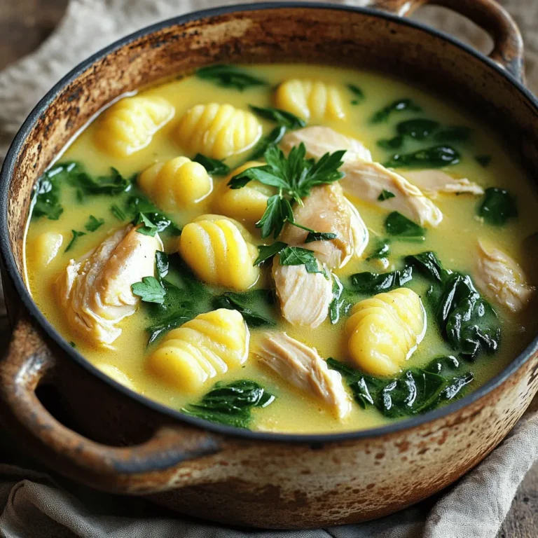 Um eine köstliche Classic Chicken Gnocchi Soup zuzubereiten, benötigst du: - 450 g Hähnchenbrustfilet ohne Haut und Knochen, gewürfelt - 1 Esslöffel Olivenöl - 1 mittelgroße Zwiebel, fein gehackt - 2 Knoblauchzehen, zerdrückt - 960 ml Hühnerbrühe - 120 g frischer Spinat, grob gehackt - 450 g Kartoffelgnocchi - 240 ml Schlagsahne - 1 Teelöffel getrockneter Thymian - Salz und Pfeffer nach Geschmack - Frische Petersilie, gehackt (zum Garnieren) Frische Zutaten machen den Unterschied. Achte beim Kauf auf: - Hähnchen: Wähle frisches, rosa Fleisch ohne Flecken. - Gemüse: Suche nach festen und knackigen Zwiebeln und Knoblauch. - Spinat: Frischer Spinat sollte grün und nicht welk sein. - Gnocchi: Achte auf die Verpackung. Sie sollten gut verschlossen sein. Frische Zutaten sorgen für einen vollen Geschmack und eine bessere Textur in deiner Suppe. Möchtest du etwas Abwechslung? Hier sind einige Optionen: - Karotten: Sie bringen Süße und Farbe. - Sellerie: Fügt einen knackigen Biss hinzu. - Brokkoli: Schmeckt gut und bringt zusätzlich Nährstoffe. - Paprika: Für etwas Süße und schöne Farben. Mit diesen Alternativen kannst du die Suppe nach deinem Geschmack anpassen. Das macht das Essen noch spannender! Wenn du mehr erfahren möchtest, schau dir das Full Recipe an. Zuerst schneiden Sie die Hähnchenbrust in kleine Stücke. Das ist wichtig, damit das Hähnchen gleichmäßig kocht. Hacken Sie die Zwiebel und zerdrücken Sie die Knoblauchzehen. Diese geben der Suppe viel Geschmack. Bereiten Sie auch den Spinat vor, indem Sie ihn grob hacken. Halten Sie alle Zutaten bereit, damit das Kochen schnell geht. Beginnen Sie, indem Sie das Olivenöl in einem großen Topf erhitzen. Fügen Sie dann die Hähnchenstücke hinzu. Braten Sie sie für etwa fünf Minuten, bis sie goldbraun sind. Nehmen Sie das Hähnchen heraus und stellen Sie es beiseite. Geben Sie die Zwiebel in den Topf und braten Sie sie an, bis sie weich ist. Fügen Sie den Knoblauch hinzu und braten Sie ihn kurz mit. Gießen Sie die Hühnerbrühe hinein und bringen Sie alles zum Kochen. Nun geben Sie das Hähnchen und den Thymian zurück in den Topf. Lassen Sie die Mischung zehn Minuten köcheln. Dann kommen die Kartoffelgnocchi dazu. Kochen Sie sie, bis sie an die Oberfläche schwimmen. Reduzieren Sie die Hitze und rühren Sie die Schlagsahne ein. Fügen Sie den Spinat hinzu und lassen Sie die Suppe weitere zwei bis drei Minuten köcheln. Achten Sie darauf, das Hähnchen nicht zu lange zu braten. Es sollte zart bleiben. Prüfen Sie die Gnocchi, indem Sie schauen, ob sie an die Oberfläche schwimmen. Das zeigt, dass sie fertig sind. Rühren Sie die Suppe gut um und probieren Sie sie. Fügen Sie nach Geschmack Salz und Pfeffer hinzu. Genießen Sie Ihre köstliche Suppe! Für das vollständige Rezept, schauen Sie sich die [Full Recipe] an. Um den Geschmack der klassischen Hühnchen-Gnocchi-Suppe zu verbessern, gibt es viele einfache Tricks. Eine gute Hühnerbrühe macht einen großen Unterschied. Verwende frische Brühe, wenn möglich. Füge auch frische Kräuter wie Thymian oder Rosmarin hinzu. Diese Kräuter bringen Frische in die Suppe. Ein Spritzer Zitrone kann ebenfalls helfen. Es bringt eine leichte Säure und hebt die Aromen hervor. Du kannst auch etwas Parmesan über die Suppe streuen, bevor du servierst. Das gibt einen schönen, herzhaften Geschmack. Ein häufiger Fehler beim Kochen ist das Überkochen der Gnocchi. Das passiert schnell, wenn du sie zu lange in der Brühe lässt. Achte darauf, sie nur zu kochen, bis sie an die Oberfläche steigen. Wenn du sie zu lange lässt, werden sie matschig. Ein weiterer Fehler ist, die Brühe nicht zu würzen. Probiere die Brühe während des Kochens. So kannst du nach Bedarf Salz und Pfeffer hinzufügen. Das macht den Unterschied zwischen einer langweiligen und einer schmackhaften Suppe. Die richtige Konsistenz ist wichtig für eine genussvolle Suppe. Achte darauf, die Schlagsahne langsam hinzuzufügen. Rühre gut um, damit sie sich gleichmäßig verteilt. Wenn die Suppe zu dick ist, kannst du etwas mehr Brühe hinzufügen. Wenn die Suppe zu dünn ist, lasse sie einfach länger köcheln, um sie ein wenig einzudicken. Ein weiterer Tipp: Verwende einen Kartoffelstampfer, um die Gnocchi leicht zu zerdrücken. So wird die Suppe dicker und cremiger. Für das vollständige Rezept schau dir die Anleitung in der Zutatensammlung an. {{image_4}} Um eine vegane Version zu machen, ersetze das Hähnchen mit Pilzen. Champignons oder Austernpilze sind ideal. Verwende Gemüsebrühe statt Hühnerbrühe. Kokosmilch kann die Schlagsahne ersetzen. Diese Zutaten geben der Suppe eine cremige Textur. Füge zusätzlich Kichererbsen für mehr Protein hinzu. Du kannst die Suppe mit verschiedenen Proteinen anreichern. Tofu oder Tempeh sind gute Optionen. Brate sie an, bevor du sie zur Suppe gibst. Auch Bohnen wie weiße Bohnen oder Linsen sind lecker. Diese Zutaten liefern Nährstoffe und machen die Suppe sättigender. Experimentiere mit Kräutern und Gewürzen, um neue Aromen zu entdecken. Frischer Dill oder Estragon passen gut. Du kannst auch Paprika oder Curry hinzufügen, um einen anderen Geschmack zu erzielen. Probiere ein bisschen Zimt für eine warme Note. Diese Variationen machen die Suppe spannend und einzigartig. Um die klassische Hühnchen-Gnocchi-Suppe frisch zu halten, nutzen Sie luftdichte Behälter. Lassen Sie die Suppe zuerst abkühlen, bevor Sie sie einfüllen. So vermeiden Sie Dampf, der die Qualität mindern kann. Stellen Sie sicher, die Behälter gut zu verschließen, damit keine Luft eindringt. Ich empfehle, die Suppe nach dem Kochen innerhalb zwei Stunden einzufrieren oder in den Kühlschrank zu stellen. Beim Wiedererwärmen der Suppe sind einige Dinge zu beachten. Erhitzen Sie die Suppe langsam in einem Topf bei mittlerer Hitze. Rühren Sie dabei oft, um ein Anbrennen zu vermeiden. Fügen Sie etwas Brühe oder Wasser hinzu, wenn die Suppe zu dick wird. Dies hilft, die cremige Konsistenz zu erhalten. Mikrowellen sind schnell, können aber die Gnocchi matschig machen. Wenn Sie die Mikrowelle nutzen, verwenden Sie eine niedrige Stufe und rühren Sie zwischendurch um. Im Kühlschrank hält sich die Suppe etwa drei bis vier Tage. Achten Sie darauf, sie gut zu verpacken. Im Gefrierfach kann die Suppe bis zu drei Monate aufbewahrt werden. Denken Sie daran, die Suppe in Portionen zu teilen, um das Auftauen zu erleichtern. Wenn Sie die Suppe wieder aufwärmen, achten Sie darauf, sie gleichmäßig heiß zu machen, um die beste Qualität zu gewährleisten. Ja, du kannst die Hähnchenbrust ersetzen. Du kannst Hähnchenschenkel verwenden, die mehr Geschmack haben. Auch Tofu oder Tempeh sind gute Optionen für eine vegetarische Variante. Wenn du Meeresfrüchte magst, probiere Garnelen oder Fisch. Achte darauf, die Garzeit anzupassen. Um die Suppe im Voraus zu machen, koche die Basis zuerst. Bereite das Hähnchen, die Zwiebeln und die Brühe vor. Lasse sie abkühlen und bewahre sie im Kühlschrank auf. Am Tag des Servierens füge die Gnocchi und den Spinat hinzu. So bleibt die Suppe frisch und lecker. Zu dieser Suppe passen viele Beilagen. Ein einfaches Baguette ist perfekt zum Dippen. Ein frischer grüner Salat ergänzt die Suppe gut. Du könntest auch Knoblauchbrot machen, um das Mahl abzurunden. Diese Beilagen bringen zusätzlichen Geschmack und Textur. Für das vollständige Rezept für klassische Hühnchen-Gnocchi-Suppe, sieh dir das Rezept an. Es bietet eine einfache Schritt-für-Schritt-Anleitung, um diese köstliche Suppe zuzubereiten. Die Hühnchen-Gnocchi-Suppe bietet viele Vorteile. Wir haben frische Zutaten ausgewählt, um den Geschmack zu verbessern. Die Schritt-für-Schritt-Anleitung hilft dir beim zubereiten. Unsere Tipps und Tricks vermeiden häufige Fehler. Mit den Variationen kannst du Neues ausprobieren und die Suppe anpassen. Achte auf die Lagerinformationen, damit nichts verschwendet wird. In den FAQs findest du Antworten auf deine Fragen. Probiere diese köstliche Suppe aus und genieße sie in verschiedenen Varianten!