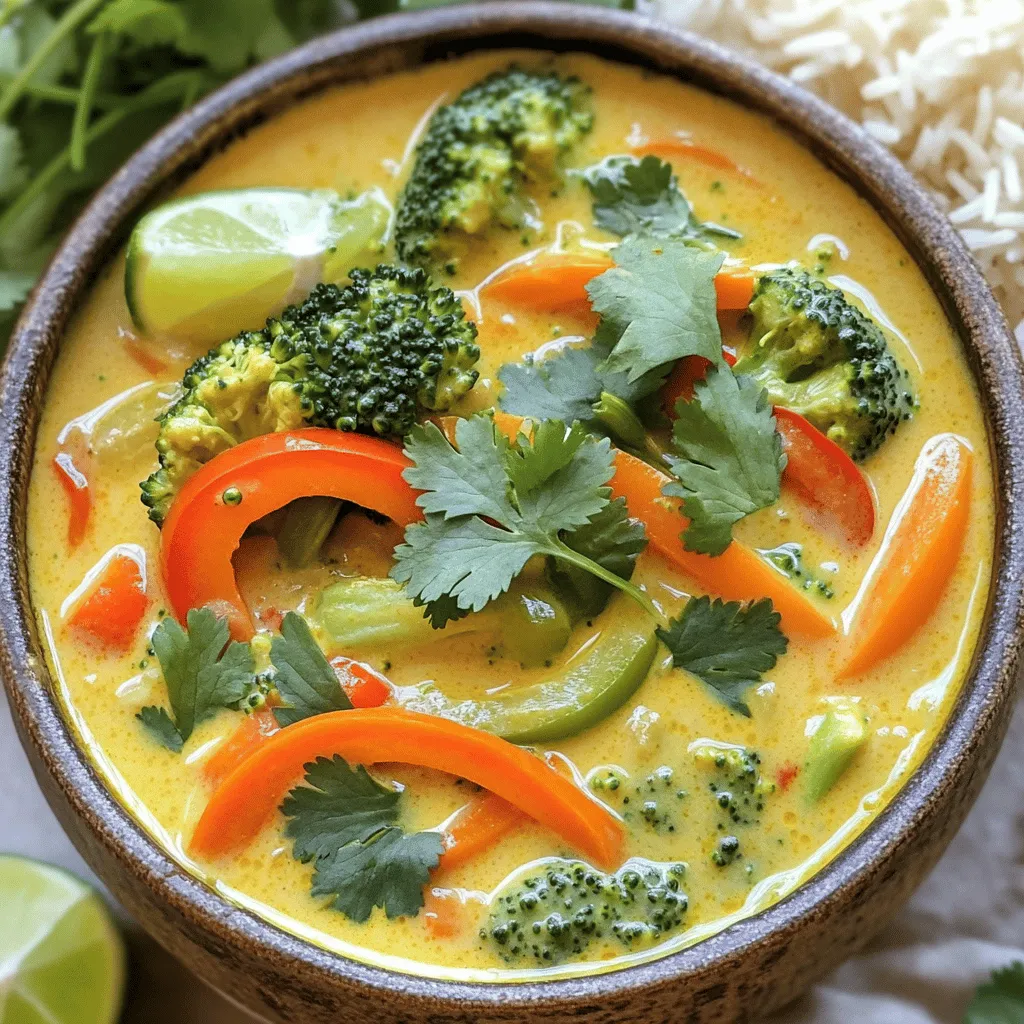 - 1 Esslöffel Kokosnussöl - 1 Zwiebel, fein gehackt - 1 rote Paprika, in Streifen geschnitten - 1 Tasse Brokkoliröschen - 1 Tasse Karotten, in Scheiben geschnitten - 1 Zucchini, gewürfelt - 3 Knoblauchzehen, gehackt - 1 Esslöffel Ingwer, gerieben - 2 Esslöffel rote Curry-Paste Die Hauptzutaten sind einfach zu finden. Kokosnussöl gibt dem Curry einen tollen Geschmack. Zwiebeln, Paprika, Brokkoli, Karotten und Zucchini sorgen für Farbe und Nährstoffe. Knoblauch und Ingwer bringen Aromen, die das Gericht lebendig machen. Die rote Curry-Paste ist das Herz des Currys. Sie bringt die Schärfe und die Gewürze, die man in einem guten Curry braucht. - 1 Dose (400 ml) Kokosmilch - 2 Esslöffel Sojasoße - Saft von 1 Limette Die Flüssigkeiten sind wichtig für die Konsistenz. Kokosmilch macht das Curry cremig und reichhaltig. Sie ist die Basis für die Sauce. Sojasoße fügt einen salzigen, umami Geschmack hinzu. Der Limettensaft bringt Frische und eine schöne Säure, die das Curry ausgleicht. - 1 Esslöffel Ahornsirup oder Honig - Salz und Pfeffer nach Geschmack Ein wenig Süßungsmittel hilft, die Aromen zu verbinden. Ich empfehle Ahornsirup oder Honig. Sie sind natürlich und lecker. Salz und Pfeffer drücken den Geschmack weiter. Achte darauf, nach und nach zu würzen, damit du die perfekte Balance findest. Für das komplette Rezept, sieh dir die [Full Recipe] an. - Schneide das Gemüse in gleichmäßige Stücke. - Hacke die Zwiebel fein. - Schneide die Paprika in Streifen. - Teile den Brokkoli in Röschen. - Schneide die Karotten in Scheiben. - Würfle die Zucchini. - Bereite den Knoblauch und den Ingwer vor. - Halte die Kokosmilch, Curry-Paste, Sojasoße, und Limettensaft bereit. Diese Vorbereitung macht das Kochen einfacher und schneller. Wenn du alles griffbereit hast, läuft der Kochprozess glatt. Erhitze das Kokosnussöl in einem großen Topf. - Füge die gehackte Zwiebel hinzu. - Brate sie 3-4 Minuten, bis sie weich wird. - Rühre den gehackten Knoblauch und den Ingwer ein. - Koche für 1-2 Minuten, bis die Aromen sich entfalten. Jetzt kommt das Gemüse. - Gib die Paprika, Brokkoli, Karotten und Zucchini in den Topf. - Brate für etwa 5-7 Minuten, bis das Gemüse zart ist. Hier kannst du sicherstellen, dass das Gemüse nicht überkocht. Jetzt ist es Zeit für die cremige Kokosmilch. - Gieße die Kokosmilch in den Topf. - Füge die rote Curry-Paste hinzu. - Rühre alles gut um, bis die Paste sich auflöst. Jetzt schmecken wir ab. - Gib die Sojasoße und den Ahornsirup hinzu. - Lass das Curry 10-15 Minuten bei niedriger Hitze köcheln. - Presse den Limettensaft hinein. - Würze mit Salz und Pfeffer nach Geschmack. Das Curry ist nun fertig und bereit zum Servieren. Du kannst es heiß in Schüsseln anrichten. Verziere es mit frischem Koriander. Für das komplette Rezept schau dir die [Full Recipe] an. - Auswahl der besten frischen Zutaten: Wähle frisches Gemüse für dein Curry. Achte auf leuchtende Farben und knackige Texturen. Ein guter Einkauf macht einen großen Unterschied. Verwende aromatische Kräuter wie Koriander für mehr Frische. - Anpassen der Gewürze nach Geschmack: Das Curry lebt von Gewürzen. Du kannst die Menge der roten Curry-Paste variieren. Mögen deine Gäste es schärfer? Füge mehr Chili hinzu. Für einen milden Geschmack, nimm weniger. - Überkochen des Gemüses: Achte darauf, das Gemüse nicht zu lange zu garen. Es sollte zart, aber noch knackig sein. Übergekochtes Gemüse wird matschig und verliert seinen Geschmack. - Falsches Verhältnis von Flüssigkeiten: Das richtige Verhältnis von Kokosmilch und Gemüse ist wichtig. Zu viel Flüssigkeit macht das Curry wässrig. Achte darauf, die Menge gut abzumessen. - Beilagen, die gut dazu passen: Jasminreis oder Quinoa sind perfekte Begleiter. Sie nehmen die leckere Sauce gut auf. Auch Naan-Brot passt gut dazu. - Dekorationsideen: Garniere das Curry mit frischem Koriander und Limettenscheiben. Das sieht schön aus und sorgt für frischen Geschmack. Ein paar Erdnüsse oben drauf geben einen tollen Crunch. Für mehr Details zu den Zutaten und der Zubereitung, sieh dir das [Full Recipe] an. {{image_4}} Du kannst das Curry ganz nach deinem Geschmack anpassen. Verwende frisches, saisonales Gemüse. Das macht das Gericht nahrhaft und lecker. Zum Beispiel sind grüne Bohnen oder Kürbis tolle Alternativen. Wenn du mehr Protein möchtest, füge Hülsenfrüchte wie Kichererbsen oder Linsen hinzu. Tofu ist auch eine gute Wahl, um das Gericht herzhaft zu machen. Schneide ihn in Würfel und brate ihn zusammen mit dem Gemüse. Das Rezept passt sich leicht verschiedenen Ernährungsbedürfnissen an. Es ist einfach, das Curry glutenfrei zu machen. Verwende einfach glutenfreie Sojasoße. Du kannst es auch vegan halten, indem du den Honig durch Ahornsirup ersetzt. Für eine low-carb Variante nutze Zucchini-Nudeln statt Reis. Experimentiere mit alternativen Gewürzen, um neue Geschmäcker zu entdecken. Kurkuma oder Kreuzkümmel bringen zusätzliche Tiefe in das Curry. Um das Aroma zu verstärken, füge Kokosraspeln oder geröstete Erdnüsse hinzu. Diese Zutaten bringen einen knackigen Biss und einen tollen Geschmack. Du kannst auch verschiedene Curry-Pasten verwenden. Gelbe oder grüne Curry-Paste haben jeweils ihren eigenen, einzigartigen Geschmack. Probiere das aus, um dein perfektes Curry zu finden. Wenn du das gesamte Rezept sehen möchtest, schau dir den Full Recipe an. Wie lange ist das Curry haltbar? Das Curry hält sich gut im Kühlschrank für etwa 3 bis 4 Tage. Tipps zur richtigen Lagerung: - Bewahre das Curry in einem luftdichten Behälter auf. - Lass es vorher auf Raumtemperatur abkühlen, um das Wachstum von Bakterien zu vermeiden. Anleitung zum Einfrieren und Auftauen: Um das Curry einzufrieren, lass es zuerst ganz abkühlen. Geeignete Behälter für das Einfrieren: - Nutze gefrierfeste Behälter oder spezielle Gefrierbeutel. - Lass etwas Platz, da sich die Flüssigkeit beim Gefrieren ausdehnt. Beste Methoden zum Wiedererwärmen: Erwärme das Curry langsam in einem Topf auf mittlerer Hitze. Vermeidung von Überkochen beim Aufwärmen: Rühre regelmäßig um, um ein Anbrennen zu verhindern. Verwende bei Bedarf etwas Wasser oder Brühe, um die Konsistenz zu verbessern. Die Zubereitung dieses Currys ist einfach und schnell. Du brauchst nur etwa 10 Minuten für die Vorbereitung. Das Kochen dauert dann etwa 20 Minuten. Insgesamt ist dein Curry in 30 Minuten bereit. Das ist perfekt, wenn du wenig Zeit hast, aber trotzdem etwas Leckeres kochen willst. Ja, du kannst viele verschiedene Gemüse verwenden. Wenn du keine Zucchini magst, probiere Auberginen oder grüne Bohnen. Du kannst auch Spinat oder Erbsen hinzufügen. Das macht das Curry bunt und nahrhaft. Sei kreativ und nutze, was du gerade zu Hause hast. Ja, dieses Rezept ist glutenfrei. Du kannst Sojasoße durch Tamari ersetzen, wenn du ganz sicher sein willst. Tamari ist eine glutenfreie Sojasoße. Achte darauf, dass alle anderen Zutaten, die du verwendest, auch glutenfrei sind. So kannst du das Curry ohne Sorgen genießen. Ja, das Curry ist einfach vegan zu machen. Nutze einfach Ahornsirup statt Honig. Außerdem kannst du Tofu hinzufügen, um mehr Protein zu bekommen. Achte darauf, dass die verwendete Sojasoße vegan ist. So bleibt dein Gericht rein pflanzlich und lecker. Wenn du mehr über die Zubereitung erfahren möchtest, schau dir das Full Recipe an. Dieses Curry-Rezept nutzt frisches Gemüse, Gewürze und Kokosmilch für tollen Geschmack. Ich habe die Schritte für die Zubereitung und Tipps zur Vermeidung häufiger Fehler beschrieben. Variationen bieten dir viele Möglichkeiten, das Gericht nach deinen Wünschen anzupassen. Sorge für die richtige Lagerung, um das Gericht länger genießen zu können. Experimentiere mit den Aromen und genieße die Vielfalt. Du wirst schnell ein Profi in der Curryküche!