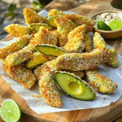 Die Hauptzutaten sind einfach und frisch. Du brauchst: - 2 reife Avocados, in Spalten geschnitten - 1 Tasse Semmelbrösel (Panko für zusätzlichen Crunch) - ½ Tasse Weizenmehl - 2 große Eier, verquirlt - 1 Teelöffel Knoblauchpulver - 1 Teelöffel Paprika - ½ Teelöffel Salz - ½ Teelöffel schwarzer Pfeffer - Olivenölspray - Limettenviertel, zum Servieren Diese Zutaten machen deine Avocado-Pommes knusprig und lecker. Das Panko gibt einen extra Crunch, der echt toll ist. Für die besten Pommes wähle reife Avocados. Sie sollten leicht schwingen, wenn du sanft drückst. Du kannst auch Hass- oder Fuerte-Avocados verwenden. Diese Sorten sind cremig und gut zum Frittieren. Wenn die Avocados noch hart sind, lass sie ein paar Tage bei Raumtemperatur liegen. Um den Reifungsprozess zu beschleunigen, lege sie in eine Papiertüte mit einem Apfel oder einer Banane. Die Gewürze sind wichtig für den Geschmack. Knoblauchpulver gibt einen herzhaften Kick. Paprika fügt sowohl Farbe als auch einen milden, süßen Geschmack hinzu. Salz und Pfeffer runden alles ab. Du kannst die Gewürze nach deinem Geschmack anpassen. Möchtest du es schärfer? Füge etwas Cayennepfeffer hinzu. Für einen mediterranen Twist, probiere getrocknete Kräuter wie Oregano oder Thymian. Wenn du mehr über die Zubereitung erfahren möchtest, schaue dir das Full Recipe an. Zuerst wähle zwei reife Avocados. Sie sollten weich, aber nicht matschig sein. Schneide die Avocados in Spalten. Jetzt bereite die Panade vor. Nimm eine flache Schüssel und mische die Semmelbrösel, Knoblauchpulver, Paprika, Salz und Pfeffer. In einer zweiten Schüssel kommt das Weizenmehl. In die dritte Schüssel gib die verquirlten Eier. Nehme nun eine Avocadospalte. Tauche sie zuerst ins Weizenmehl. Schüttle das überschüssige Mehl ab. Dann tauche die Avocado in die Eier. Lass die überschüssige Flüssigkeit abtropfen. Schließlich wälze die Avocado in der Semmelbröselmischung. Drücke leicht, damit die Brösel gut haften. Heize deinen Ofen auf 220 °C vor. Lege ein Backblech mit Backpapier aus. Platziere die panierten Avocado-Pommes auf das Backblech. Achte darauf, dass genug Platz zwischen ihnen ist. So werden sie gleichmäßig knusprig. Sprühe etwas Olivenölspray auf die Oberseiten der Pommes. Backe die Pommes für 15-20 Minuten. Wende sie nach der Hälfte der Backzeit. Achte darauf, dass sie goldbraun und knusprig werden. Wenn sie fertig sind, nimm sie aus dem Ofen. Um die Knusprigkeit zu prüfen, schaue nach der Farbe. Sie sollten schön goldbraun sein. Du kannst auch eine Pommes herausnehmen und sie leicht drücken. Wenn sie knusprig ist, sind sie fertig. Serviere die Avocado-Pommes warm mit Limettenvierteln. Das ist das Rezept für krosse gebackene Avocado-Pommes. Wenn du mehr Details möchtest, schau dir das Full Recipe an. Um die perfekte Knusprigkeit zu erreichen, ist die Wahl der Panade wichtig. Ich empfehle, Panko-Semmelbrösel zu verwenden. Sie sind gröber und sorgen für mehr Crunch. Sprühe die Oberseite der Pommes leicht mit Olivenölspray. Dadurch wird die Oberfläche schön goldbraun. Achte darauf, dass die Avocado-Pommes genug Platz auf dem Blech haben. So kann die heiße Luft zirkulieren und macht sie knusprig. Ein häufiger Fehler ist, die Avocado-Pommes zu dick zu schneiden. Halte die Stücke dünn, etwa 1 cm. Ein weiterer Fehler ist, die Pommes nicht ausreichend zu würzen. Verpasse nicht den Schritt mit den Gewürzen. Wenn du die Pommes zu nah beieinander legst, werden sie weich. Lass ausreichend Platz auf dem Backblech. Wende sie in der Mitte der Backzeit, um eine gleichmäßige Bräunung zu erreichen. Für die besten Dips empfehle ich scharfe Mayo oder cremiges Ranch-Dressing. Diese Dips ergänzen den Geschmack der Avocado perfekt. Du kannst auch eine frische Limetten-Mayonnaise ausprobieren. Sie bringt eine tolle Frische. Für Beilagen sind ein einfacher grüner Salat oder ein Quinoa-Salat ideal. Sie bieten einen schönen Kontrast zu den warmen Pommes. Wenn du mehr Inspiration brauchst, schau dir das [Full Recipe] an. {{image_4}} Du kannst die Würze deiner Avocado-Pommes leicht anpassen. Probiere verschiedene Gewürze aus, um neue Geschmäcker zu entdecken. Zum Beispiel, füge Kreuzkümmel oder Cayennepfeffer hinzu. Diese Gewürze bringen einen tollen Kick. Du kannst auch getrocknete Kräuter wie Oregano oder Thymian verwenden. Mische die Gewürze in die Semmelbrösel für den besten Geschmack. Wenn du eine vegane Version der Avocado-Pommes möchtest, ist das einfach. Ersetze die Eier durch eine Mischung aus Leinsamen und Wasser. Mische einen Esslöffel Leinsamen mit drei Esslöffeln Wasser. Lass es fünf Minuten ruhen, bis es gelartig wird. Diese Mischung funktioniert gut als Bindemittel. Für die Semmelbrösel kannst du auch glutenfreie Varianten wählen. So bleibt das Gericht vegan und lecker. Um deine Avocado-Pommes noch besser zu machen, kannst du auch andere Zutaten hinzufügen. Probiere Parmesan oder geräucherten Käse in die Semmelbrösel zu mischen. Das gibt einen tollen Geschmack. Du kannst auch Jalapeños für etwas Schärfe hinzufügen. Bei den Toppings sind frische Kräuter wie Koriander oder Petersilie eine gute Wahl. Serviere die Pommes mit einer scharfen Sauce oder einer cremigen Guacamole. Das macht das Essen noch spannender. Für das vollständige Rezept schau dir die Anleitung zu krossen gebackenen Avocado-Pommes an. Wenn Sie Avocado-Pommes übrig haben, lagern Sie sie in einem luftdichten Behälter. Legen Sie ein Blatt Küchenpapier hinein, um Feuchtigkeit zu absorbieren. So bleiben sie knusprig. Stellen Sie den Behälter in den Kühlschrank. Verbrauchen Sie die Pommes innerhalb von zwei Tagen. Um die Pommes wieder aufzufrischen, heizen Sie den Ofen auf 190 °C (375 °F) vor. Legen Sie die Pommes auf ein Backblech und backen Sie sie etwa 10 Minuten. So werden sie wieder knusprig. Vermeiden Sie die Mikrowelle, da dies die Pommes weich macht. Im Kühlschrank halten die Avocado-Pommes etwa zwei Tage. Im Gefrierschrank können sie bis zu drei Monate aufbewahrt werden. Wickeln Sie sie gut ein, um Gefrierbrand zu vermeiden. Wenn Sie die Pommes verwenden möchten, lassen Sie sie im Kühlschrank auftauen und backen Sie sie dann wie oben beschrieben. Für das vollständige Rezept, einschließlich Zubereitung und Zutaten, schauen Sie sich das [Full Recipe] an. Ja, Avocado-Pommes sind gesund! Avocados sind reich an gesunden Fetten, Ballaststoffen und Vitaminen. Sie unterstützen die Herzgesundheit und helfen bei der Verdauung. Durch das Backen statt Frittieren bleibt der Fettgehalt niedrig. Sie sind eine tolle Snack-Option, die auch sättigend ist. Ja, das ist einfach! Ersetzen Sie das Weizenmehl durch Mandelmehl oder Kokosmehl. Für die Semmelbrösel verwenden Sie glutenfreie Panko-Brösel. Diese Änderungen halten das Rezept glutenfrei und lecker. Sie können auch zusätzliche Gewürze hinzufügen, um den Geschmack zu intensivieren. Die Avocado-Pommes brauchen etwa 15 bis 20 Minuten im Ofen. Stellen Sie sicher, dass Sie sie nach der Hälfte der Zeit wenden. So werden sie gleichmäßig knusprig. Die Pommes sind fertig, wenn sie goldbraun und knusprig sind. Genießen Sie sie warm mit Limettenvierteln für einen frischen Kick! Diese Anleitung hat dir geholfen, krosse Avocado-Pommes zu machen. Wir haben die besten Zutaten, Tipps zur Zubereitung und tolle Variationen besprochen. Knusprigkeit erreichst du durch die richtige Panade und das Backen. Vermeide häufige Fehler für ein besseres Ergebnis. Lagere restliche Pommes richtig für später. Probiere verschiedene Dips und Ideen, um deine Pommes noch leckerer zu machen. Jetzt kannst du mit deinem Wissen leckere Snacks zaubern!