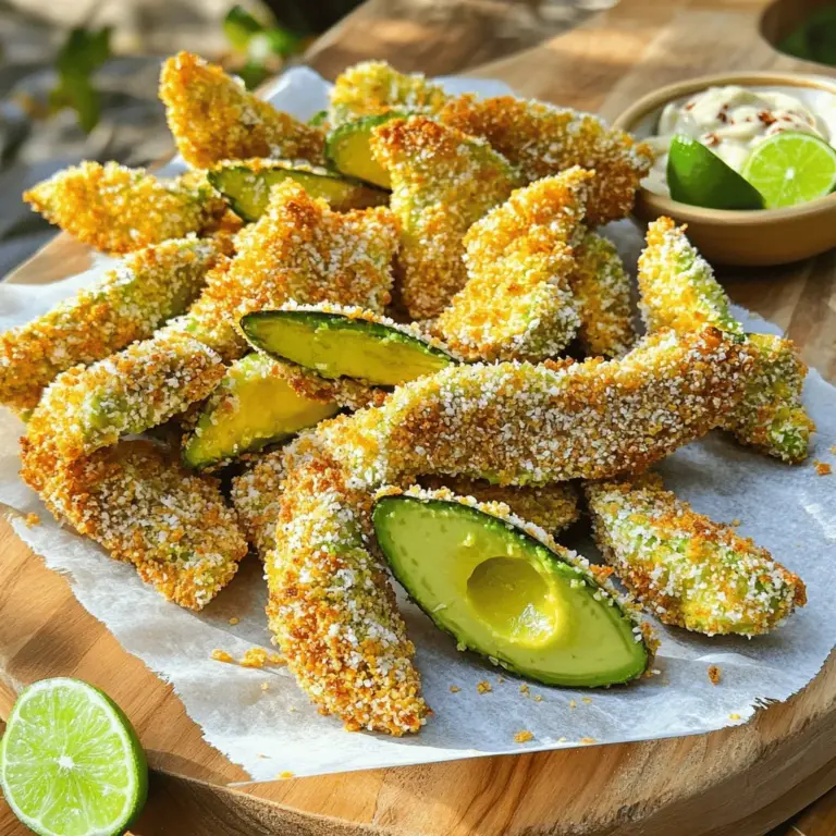 Die Hauptzutaten sind einfach und frisch. Du brauchst: - 2 reife Avocados, in Spalten geschnitten - 1 Tasse Semmelbrösel (Panko für zusätzlichen Crunch) - ½ Tasse Weizenmehl - 2 große Eier, verquirlt - 1 Teelöffel Knoblauchpulver - 1 Teelöffel Paprika - ½ Teelöffel Salz - ½ Teelöffel schwarzer Pfeffer - Olivenölspray - Limettenviertel, zum Servieren Diese Zutaten machen deine Avocado-Pommes knusprig und lecker. Das Panko gibt einen extra Crunch, der echt toll ist. Für die besten Pommes wähle reife Avocados. Sie sollten leicht schwingen, wenn du sanft drückst. Du kannst auch Hass- oder Fuerte-Avocados verwenden. Diese Sorten sind cremig und gut zum Frittieren. Wenn die Avocados noch hart sind, lass sie ein paar Tage bei Raumtemperatur liegen. Um den Reifungsprozess zu beschleunigen, lege sie in eine Papiertüte mit einem Apfel oder einer Banane. Die Gewürze sind wichtig für den Geschmack. Knoblauchpulver gibt einen herzhaften Kick. Paprika fügt sowohl Farbe als auch einen milden, süßen Geschmack hinzu. Salz und Pfeffer runden alles ab. Du kannst die Gewürze nach deinem Geschmack anpassen. Möchtest du es schärfer? Füge etwas Cayennepfeffer hinzu. Für einen mediterranen Twist, probiere getrocknete Kräuter wie Oregano oder Thymian. Wenn du mehr über die Zubereitung erfahren möchtest, schaue dir das Full Recipe an. Zuerst wähle zwei reife Avocados. Sie sollten weich, aber nicht matschig sein. Schneide die Avocados in Spalten. Jetzt bereite die Panade vor. Nimm eine flache Schüssel und mische die Semmelbrösel, Knoblauchpulver, Paprika, Salz und Pfeffer. In einer zweiten Schüssel kommt das Weizenmehl. In die dritte Schüssel gib die verquirlten Eier. Nehme nun eine Avocadospalte. Tauche sie zuerst ins Weizenmehl. Schüttle das überschüssige Mehl ab. Dann tauche die Avocado in die Eier. Lass die überschüssige Flüssigkeit abtropfen. Schließlich wälze die Avocado in der Semmelbröselmischung. Drücke leicht, damit die Brösel gut haften. Heize deinen Ofen auf 220 °C vor. Lege ein Backblech mit Backpapier aus. Platziere die panierten Avocado-Pommes auf das Backblech. Achte darauf, dass genug Platz zwischen ihnen ist. So werden sie gleichmäßig knusprig. Sprühe etwas Olivenölspray auf die Oberseiten der Pommes. Backe die Pommes für 15-20 Minuten. Wende sie nach der Hälfte der Backzeit. Achte darauf, dass sie goldbraun und knusprig werden. Wenn sie fertig sind, nimm sie aus dem Ofen. Um die Knusprigkeit zu prüfen, schaue nach der Farbe. Sie sollten schön goldbraun sein. Du kannst auch eine Pommes herausnehmen und sie leicht drücken. Wenn sie knusprig ist, sind sie fertig. Serviere die Avocado-Pommes warm mit Limettenvierteln. Das ist das Rezept für krosse gebackene Avocado-Pommes. Wenn du mehr Details möchtest, schau dir das Full Recipe an. Um die perfekte Knusprigkeit zu erreichen, ist die Wahl der Panade wichtig. Ich empfehle, Panko-Semmelbrösel zu verwenden. Sie sind gröber und sorgen für mehr Crunch. Sprühe die Oberseite der Pommes leicht mit Olivenölspray. Dadurch wird die Oberfläche schön goldbraun. Achte darauf, dass die Avocado-Pommes genug Platz auf dem Blech haben. So kann die heiße Luft zirkulieren und macht sie knusprig. Ein häufiger Fehler ist, die Avocado-Pommes zu dick zu schneiden. Halte die Stücke dünn, etwa 1 cm. Ein weiterer Fehler ist, die Pommes nicht ausreichend zu würzen. Verpasse nicht den Schritt mit den Gewürzen. Wenn du die Pommes zu nah beieinander legst, werden sie weich. Lass ausreichend Platz auf dem Backblech. Wende sie in der Mitte der Backzeit, um eine gleichmäßige Bräunung zu erreichen. Für die besten Dips empfehle ich scharfe Mayo oder cremiges Ranch-Dressing. Diese Dips ergänzen den Geschmack der Avocado perfekt. Du kannst auch eine frische Limetten-Mayonnaise ausprobieren. Sie bringt eine tolle Frische. Für Beilagen sind ein einfacher grüner Salat oder ein Quinoa-Salat ideal. Sie bieten einen schönen Kontrast zu den warmen Pommes. Wenn du mehr Inspiration brauchst, schau dir das [Full Recipe] an. {{image_4}} Du kannst die Würze deiner Avocado-Pommes leicht anpassen. Probiere verschiedene Gewürze aus, um neue Geschmäcker zu entdecken. Zum Beispiel, füge Kreuzkümmel oder Cayennepfeffer hinzu. Diese Gewürze bringen einen tollen Kick. Du kannst auch getrocknete Kräuter wie Oregano oder Thymian verwenden. Mische die Gewürze in die Semmelbrösel für den besten Geschmack. Wenn du eine vegane Version der Avocado-Pommes möchtest, ist das einfach. Ersetze die Eier durch eine Mischung aus Leinsamen und Wasser. Mische einen Esslöffel Leinsamen mit drei Esslöffeln Wasser. Lass es fünf Minuten ruhen, bis es gelartig wird. Diese Mischung funktioniert gut als Bindemittel. Für die Semmelbrösel kannst du auch glutenfreie Varianten wählen. So bleibt das Gericht vegan und lecker. Um deine Avocado-Pommes noch besser zu machen, kannst du auch andere Zutaten hinzufügen. Probiere Parmesan oder geräucherten Käse in die Semmelbrösel zu mischen. Das gibt einen tollen Geschmack. Du kannst auch Jalapeños für etwas Schärfe hinzufügen. Bei den Toppings sind frische Kräuter wie Koriander oder Petersilie eine gute Wahl. Serviere die Pommes mit einer scharfen Sauce oder einer cremigen Guacamole. Das macht das Essen noch spannender. Für das vollständige Rezept schau dir die Anleitung zu krossen gebackenen Avocado-Pommes an. Wenn Sie Avocado-Pommes übrig haben, lagern Sie sie in einem luftdichten Behälter. Legen Sie ein Blatt Küchenpapier hinein, um Feuchtigkeit zu absorbieren. So bleiben sie knusprig. Stellen Sie den Behälter in den Kühlschrank. Verbrauchen Sie die Pommes innerhalb von zwei Tagen. Um die Pommes wieder aufzufrischen, heizen Sie den Ofen auf 190 °C (375 °F) vor. Legen Sie die Pommes auf ein Backblech und backen Sie sie etwa 10 Minuten. So werden sie wieder knusprig. Vermeiden Sie die Mikrowelle, da dies die Pommes weich macht. Im Kühlschrank halten die Avocado-Pommes etwa zwei Tage. Im Gefrierschrank können sie bis zu drei Monate aufbewahrt werden. Wickeln Sie sie gut ein, um Gefrierbrand zu vermeiden. Wenn Sie die Pommes verwenden möchten, lassen Sie sie im Kühlschrank auftauen und backen Sie sie dann wie oben beschrieben. Für das vollständige Rezept, einschließlich Zubereitung und Zutaten, schauen Sie sich das [Full Recipe] an. Ja, Avocado-Pommes sind gesund! Avocados sind reich an gesunden Fetten, Ballaststoffen und Vitaminen. Sie unterstützen die Herzgesundheit und helfen bei der Verdauung. Durch das Backen statt Frittieren bleibt der Fettgehalt niedrig. Sie sind eine tolle Snack-Option, die auch sättigend ist. Ja, das ist einfach! Ersetzen Sie das Weizenmehl durch Mandelmehl oder Kokosmehl. Für die Semmelbrösel verwenden Sie glutenfreie Panko-Brösel. Diese Änderungen halten das Rezept glutenfrei und lecker. Sie können auch zusätzliche Gewürze hinzufügen, um den Geschmack zu intensivieren. Die Avocado-Pommes brauchen etwa 15 bis 20 Minuten im Ofen. Stellen Sie sicher, dass Sie sie nach der Hälfte der Zeit wenden. So werden sie gleichmäßig knusprig. Die Pommes sind fertig, wenn sie goldbraun und knusprig sind. Genießen Sie sie warm mit Limettenvierteln für einen frischen Kick! Diese Anleitung hat dir geholfen, krosse Avocado-Pommes zu machen. Wir haben die besten Zutaten, Tipps zur Zubereitung und tolle Variationen besprochen. Knusprigkeit erreichst du durch die richtige Panade und das Backen. Vermeide häufige Fehler für ein besseres Ergebnis. Lagere restliche Pommes richtig für später. Probiere verschiedene Dips und Ideen, um deine Pommes noch leckerer zu machen. Jetzt kannst du mit deinem Wissen leckere Snacks zaubern!