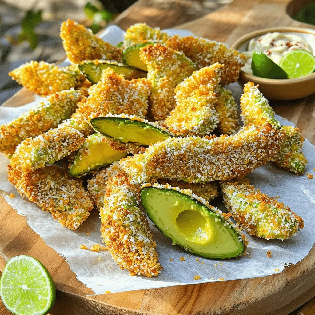 Die Hauptzutaten sind einfach und frisch. Du brauchst: - 2 reife Avocados, in Spalten geschnitten - 1 Tasse Semmelbrösel (Panko für zusätzlichen Crunch) - ½ Tasse Weizenmehl - 2 große Eier, verquirlt - 1 Teelöffel Knoblauchpulver - 1 Teelöffel Paprika - ½ Teelöffel Salz - ½ Teelöffel schwarzer Pfeffer - Olivenölspray - Limettenviertel, zum Servieren Diese Zutaten machen deine Avocado-Pommes knusprig und lecker. Das Panko gibt einen extra Crunch, der echt toll ist. Für die besten Pommes wähle reife Avocados. Sie sollten leicht schwingen, wenn du sanft drückst. Du kannst auch Hass- oder Fuerte-Avocados verwenden. Diese Sorten sind cremig und gut zum Frittieren. Wenn die Avocados noch hart sind, lass sie ein paar Tage bei Raumtemperatur liegen. Um den Reifungsprozess zu beschleunigen, lege sie in eine Papiertüte mit einem Apfel oder einer Banane. Die Gewürze sind wichtig für den Geschmack. Knoblauchpulver gibt einen herzhaften Kick. Paprika fügt sowohl Farbe als auch einen milden, süßen Geschmack hinzu. Salz und Pfeffer runden alles ab. Du kannst die Gewürze nach deinem Geschmack anpassen. Möchtest du es schärfer? Füge etwas Cayennepfeffer hinzu. Für einen mediterranen Twist, probiere getrocknete Kräuter wie Oregano oder Thymian. Wenn du mehr über die Zubereitung erfahren möchtest, schaue dir das Full Recipe an. Zuerst wähle zwei reife Avocados. Sie sollten weich, aber nicht matschig sein. Schneide die Avocados in Spalten. Jetzt bereite die Panade vor. Nimm eine flache Schüssel und mische die Semmelbrösel, Knoblauchpulver, Paprika, Salz und Pfeffer. In einer zweiten Schüssel kommt das Weizenmehl. In die dritte Schüssel gib die verquirlten Eier. Nehme nun eine Avocadospalte. Tauche sie zuerst ins Weizenmehl. Schüttle das überschüssige Mehl ab. Dann tauche die Avocado in die Eier. Lass die überschüssige Flüssigkeit abtropfen. Schließlich wälze die Avocado in der Semmelbröselmischung. Drücke leicht, damit die Brösel gut haften. Heize deinen Ofen auf 220 °C vor. Lege ein Backblech mit Backpapier aus. Platziere die panierten Avocado-Pommes auf das Backblech. Achte darauf, dass genug Platz zwischen ihnen ist. So werden sie gleichmäßig knusprig. Sprühe etwas Olivenölspray auf die Oberseiten der Pommes. Backe die Pommes für 15-20 Minuten. Wende sie nach der Hälfte der Backzeit. Achte darauf, dass sie goldbraun und knusprig werden. Wenn sie fertig sind, nimm sie aus dem Ofen. Um die Knusprigkeit zu prüfen, schaue nach der Farbe. Sie sollten schön goldbraun sein. Du kannst auch eine Pommes herausnehmen und sie leicht drücken. Wenn sie knusprig ist, sind sie fertig. Serviere die Avocado-Pommes warm mit Limettenvierteln. Das ist das Rezept für krosse gebackene Avocado-Pommes. Wenn du mehr Details möchtest, schau dir das Full Recipe an. Um die perfekte Knusprigkeit zu erreichen, ist die Wahl der Panade wichtig. Ich empfehle, Panko-Semmelbrösel zu verwenden. Sie sind gröber und sorgen für mehr Crunch. Sprühe die Oberseite der Pommes leicht mit Olivenölspray. Dadurch wird die Oberfläche schön goldbraun. Achte darauf, dass die Avocado-Pommes genug Platz auf dem Blech haben. So kann die heiße Luft zirkulieren und macht sie knusprig. Ein häufiger Fehler ist, die Avocado-Pommes zu dick zu schneiden. Halte die Stücke dünn, etwa 1 cm. Ein weiterer Fehler ist, die Pommes nicht ausreichend zu würzen. Verpasse nicht den Schritt mit den Gewürzen. Wenn du die Pommes zu nah beieinander legst, werden sie weich. Lass ausreichend Platz auf dem Backblech. Wende sie in der Mitte der Backzeit, um eine gleichmäßige Bräunung zu erreichen. Für die besten Dips empfehle ich scharfe Mayo oder cremiges Ranch-Dressing. Diese Dips ergänzen den Geschmack der Avocado perfekt. Du kannst auch eine frische Limetten-Mayonnaise ausprobieren. Sie bringt eine tolle Frische. Für Beilagen sind ein einfacher grüner Salat oder ein Quinoa-Salat ideal. Sie bieten einen schönen Kontrast zu den warmen Pommes. Wenn du mehr Inspiration brauchst, schau dir das [Full Recipe] an. {{image_4}} Du kannst die Würze deiner Avocado-Pommes leicht anpassen. Probiere verschiedene Gewürze aus, um neue Geschmäcker zu entdecken. Zum Beispiel, füge Kreuzkümmel oder Cayennepfeffer hinzu. Diese Gewürze bringen einen tollen Kick. Du kannst auch getrocknete Kräuter wie Oregano oder Thymian verwenden. Mische die Gewürze in die Semmelbrösel für den besten Geschmack. Wenn du eine vegane Version der Avocado-Pommes möchtest, ist das einfach. Ersetze die Eier durch eine Mischung aus Leinsamen und Wasser. Mische einen Esslöffel Leinsamen mit drei Esslöffeln Wasser. Lass es fünf Minuten ruhen, bis es gelartig wird. Diese Mischung funktioniert gut als Bindemittel. Für die Semmelbrösel kannst du auch glutenfreie Varianten wählen. So bleibt das Gericht vegan und lecker. Um deine Avocado-Pommes noch besser zu machen, kannst du auch andere Zutaten hinzufügen. Probiere Parmesan oder geräucherten Käse in die Semmelbrösel zu mischen. Das gibt einen tollen Geschmack. Du kannst auch Jalapeños für etwas Schärfe hinzufügen. Bei den Toppings sind frische Kräuter wie Koriander oder Petersilie eine gute Wahl. Serviere die Pommes mit einer scharfen Sauce oder einer cremigen Guacamole. Das macht das Essen noch spannender. Für das vollständige Rezept schau dir die Anleitung zu krossen gebackenen Avocado-Pommes an. Wenn Sie Avocado-Pommes übrig haben, lagern Sie sie in einem luftdichten Behälter. Legen Sie ein Blatt Küchenpapier hinein, um Feuchtigkeit zu absorbieren. So bleiben sie knusprig. Stellen Sie den Behälter in den Kühlschrank. Verbrauchen Sie die Pommes innerhalb von zwei Tagen. Um die Pommes wieder aufzufrischen, heizen Sie den Ofen auf 190 °C (375 °F) vor. Legen Sie die Pommes auf ein Backblech und backen Sie sie etwa 10 Minuten. So werden sie wieder knusprig. Vermeiden Sie die Mikrowelle, da dies die Pommes weich macht. Im Kühlschrank halten die Avocado-Pommes etwa zwei Tage. Im Gefrierschrank können sie bis zu drei Monate aufbewahrt werden. Wickeln Sie sie gut ein, um Gefrierbrand zu vermeiden. Wenn Sie die Pommes verwenden möchten, lassen Sie sie im Kühlschrank auftauen und backen Sie sie dann wie oben beschrieben. Für das vollständige Rezept, einschließlich Zubereitung und Zutaten, schauen Sie sich das [Full Recipe] an. Ja, Avocado-Pommes sind gesund! Avocados sind reich an gesunden Fetten, Ballaststoffen und Vitaminen. Sie unterstützen die Herzgesundheit und helfen bei der Verdauung. Durch das Backen statt Frittieren bleibt der Fettgehalt niedrig. Sie sind eine tolle Snack-Option, die auch sättigend ist. Ja, das ist einfach! Ersetzen Sie das Weizenmehl durch Mandelmehl oder Kokosmehl. Für die Semmelbrösel verwenden Sie glutenfreie Panko-Brösel. Diese Änderungen halten das Rezept glutenfrei und lecker. Sie können auch zusätzliche Gewürze hinzufügen, um den Geschmack zu intensivieren. Die Avocado-Pommes brauchen etwa 15 bis 20 Minuten im Ofen. Stellen Sie sicher, dass Sie sie nach der Hälfte der Zeit wenden. So werden sie gleichmäßig knusprig. Die Pommes sind fertig, wenn sie goldbraun und knusprig sind. Genießen Sie sie warm mit Limettenvierteln für einen frischen Kick! Diese Anleitung hat dir geholfen, krosse Avocado-Pommes zu machen. Wir haben die besten Zutaten, Tipps zur Zubereitung und tolle Variationen besprochen. Knusprigkeit erreichst du durch die richtige Panade und das Backen. Vermeide häufige Fehler für ein besseres Ergebnis. Lagere restliche Pommes richtig für später. Probiere verschiedene Dips und Ideen, um deine Pommes noch leckerer zu machen. Jetzt kannst du mit deinem Wissen leckere Snacks zaubern!