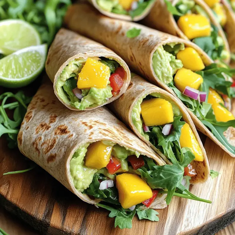 - 2 große Vollkorn-Tortillas - 1 reife Avocado, püriert - 1 reife Mango, gewürfelt - 1 Tasse roter Paprika, dünn geschnitten - 1 Tasse Rucola oder Babyspinat - 1/4 Tasse rote Zwiebel, fein gehackt - 2 Esslöffel Limettensaft - 1 Esslöffel Olivenöl - 1 Teelöffel Honig (optional) - Salz und Pfeffer nach Geschmack - 1/4 Tasse frischer Koriander, gehackt Um die Zesty Avocado Mango Wraps perfekt zuzubereiten, sind die richtigen Zutaten wichtig. Die Hauptzutaten sind sehr einfach. Große Vollkorn-Tortillas bilden die Basis. Die pürierte Avocado bringt eine cremige Textur. Die gewürfelte Mango fügt einen süßen und frischen Geschmack hinzu. Für mehr Crunch und Farbe verwenden wir roten Paprika. Rucola oder Babyspinat sorgt für einen gesunden grünen Touch. Die rote Zwiebel gibt einen leckeren Biss. Für den Geschmack brauchen wir Limettensaft. Er bringt eine zesty Note. Olivenöl hilft, alles zu verbinden. Ein bisschen Honig macht es süßer, wenn du magst. Salz und Pfeffer runden das Ganze ab. Frischer Koriander bringt noch mehr Frische. Diese Zutaten helfen dir, eine köstliche und gesunde Mahlzeit zu kreieren. Du kannst das Rezept im Detail im Full Recipe finden. Zuerst nehme ich die reife Avocado und schneide sie auf. Ich löffle das Fruchtfleisch in eine Schüssel. Dann füge ich den Limettensaft, etwas Honig, Salz und Pfeffer hinzu. Diese Mischung rühre ich glatt. Die Avocadocreme wird so frisch und zart. Jetzt lege ich die großen Vollkorn-Tortillas auf eine saubere Arbeitsfläche. Ich achte darauf, dass sie flach liegen. Dann trage ich eine großzügige Schicht der Avocadocreme gleichmäßig auf jede Tortilla auf. Ich lasse etwas Platz an den Rändern. Nun kommt der spaßige Teil. Ich verteile die gewürfelte Mango, die dünn geschnittene Paprika, den Rucola und die rote Zwiebel gleichmäßig über die Avocadocreme. Schließlich bestreue ich die Füllung mit frisch gehacktem Koriander. Das gibt zusätzlichen Geschmack und Farbe. Jetzt falte ich vorsichtig die Seiten der Tortilla nach innen. Ich rolle sie dann von unten nach oben auf. Es ist wichtig, dass die Füllungen gut drin bleiben. Zum Schluss schneide ich die Wraps diagonal in zwei Hälften. So zeige ich die bunten Füllungen. Um die beste Avocado zu finden, drücke sanft auf die Schale. Sie sollte leicht nachgeben. Wenn die Avocado zu fest ist, ist sie noch nicht reif. Wenn sie zu weich ist, ist sie überreif. Achte auch auf die Farbe. Eine dunkle Haut zeigt oft, dass sie reif ist. Frische Mangos kaufst du am besten im Supermarkt oder auf dem Markt. Sie sollten angenehm duften und eine glatte Haut haben. Wenn sie leicht weich sind, ist das ein gutes Zeichen. Überreife Mangos haben dunkle Flecken. Um deine Wraps ansprechend zu präsentieren, lege sie auf ein Holzbrett. Schneide sie diagonal, damit die bunten Füllungen sichtbar werden. Ein paar Limettenschnitze daneben machen das Bild frisch. Garnieren mit frischem Koriander bringt Farbe. Für Dips und Saucen passen Joghurt oder eine scharfe Salsa gut. Du kannst auch eine einfache Limettenvinaigrette machen. Sie gibt den Wraps einen leckeren Kick. Avocados sind reich an gesunden Fetten. Sie enthalten Ballaststoffe und viele Vitamine. Mangos sind süß und bieten viel Vitamin C. Zusammen sind sie eine gesunde, nahrhafte Wahl. Vollkorn-Tortillas sind besser als Weißmehl-Tortillas. Sie haben mehr Ballaststoffe und Nährstoffe. Das hilft dir, dich länger satt zu fühlen. Diese Kombination macht die Zesty Avocado Mango Wraps nicht nur lecker, sondern auch gesund! Wenn du mehr über die Zesty Avocado Mango Wraps erfahren möchtest, schau dir das Full Recipe an. {{image_4}} Für eine vegane Variante der Zesty Avocado Mango Wraps können Sie pflanzliche Produkte verwenden. Statt Honig nehmen Sie Agavendicksaft. Das gibt den Wraps eine süße Note, ohne tierische Produkte. Fügen Sie zusätzlich mehr Gemüse hinzu, wie Karotten oder Gurken. Das sorgt für noch mehr Crunch und Frische. Um die Wraps proteinreicher zu machen, können Sie Bohnen oder Hähnchen hinzufügen. Schwarze Bohnen sind eine gute Wahl. Sie passen gut zu Avocado und Mango. Wenn Sie Hähnchen verwenden, grillen Sie es zuerst, bevor Sie es in die Wraps legen. Quinoa ist auch eine tolle Füllung. Es gibt den Wraps eine nussige Note und ist sehr nahrhaft. Für mehr Geschmack probieren Sie scharfe Saucen oder Gewürzmischungen. Eine Prise Cayennepfeffer oder Chili gibt den Wraps einen Kick. Sie können auch frische Kräuter wie Basilikum oder Minze verwenden. Diese Kräuter geben den Wraps ein einzigartiges Aroma und frische Note. Um die Zesty Avocado Mango Wraps frisch zu halten, bewahre sie im Kühlschrank auf. Wickel die Wraps fest in Frischhaltefolie. So bleiben sie knackig und lecker. Wenn du die Wraps nicht sofort isst, solltest du sie nicht zu lange stehen lassen. Verfärbungen der Avocado können schnell auftreten. Um dies zu vermeiden, träufle etwas Limettensaft über die Füllung. Das hilft auch, den Geschmack frisch zu halten. Für Meal Prepping kannst du die Wraps leicht vorbereiten. Mache die Avocadocreme und schneide das Gemüse am Vorabend. Halte alles getrennt, bis du bereit bist, die Wraps zu rollen. So verlierst du nicht viele Nährstoffe. Du kannst die Füllung auch in kleinen Behältern aufbewahren. Das macht es einfach, die Portionen zu steuern. Wenn du die Wraps für einige Tage lagerst, dann rolle sie erst kurz vor dem Essen. So bleiben sie frisch und schmackhaft. Die Zesty Avocado Mango Wraps sind im Kühlschrank etwa drei Tage haltbar. Bewahre sie in einem luftdichten Behälter auf. So bleiben sie frisch und lecker. Vermeide, sie zu lange stehen zu lassen. Die Avocado kann sich schnell verfärben und weich werden. Ja, du kannst die Wraps einfrieren. Wickele sie gut in Frischhaltefolie. Lege sie dann in einen gefrierfesten Beutel. So bleiben sie bis zu einem Monat frisch. Um sie aufzutauen, lasse sie über Nacht im Kühlschrank. Du kannst sie auch direkt in der Mikrowelle erwärmen. Diese Wraps schmecken toll mit frischem Salat. Du kannst auch einen Joghurt-Dip oder Salsa dazu servieren. Ein knuspriges Gemüse-Sticks sind ebenfalls eine gute Wahl. Diese Beilagen ergänzen den frischen Geschmack der Wraps perfekt. Das Rezept für Zesty Avocado Mango Wraps findest du im vollständigen Rezeptablauf. Es ist einfach und macht viel Spaß beim Zubereiten. Probiere es aus und genieße die Kombination der frischen Zutaten. Die Zesty Avocado Mango Wraps sind einfach zuzubereiten und sehr gesund. Wir haben die Hauptzutaten wie Tortillas, Avocado und Mango betrachtet. Die Zubereitung war leicht, und die Tipps helfen dir, die besten Zutaten zu wählen. Variationen ermöglichen kreative Anpassungen. Diese Wraps sind lecker und bieten viele gesundheitliche Vorteile. Denke daran, sie frisch zu lagern und ansprechende Beilagen zu wählen. Genieße die tollen Aromen und teile sie mit anderen!