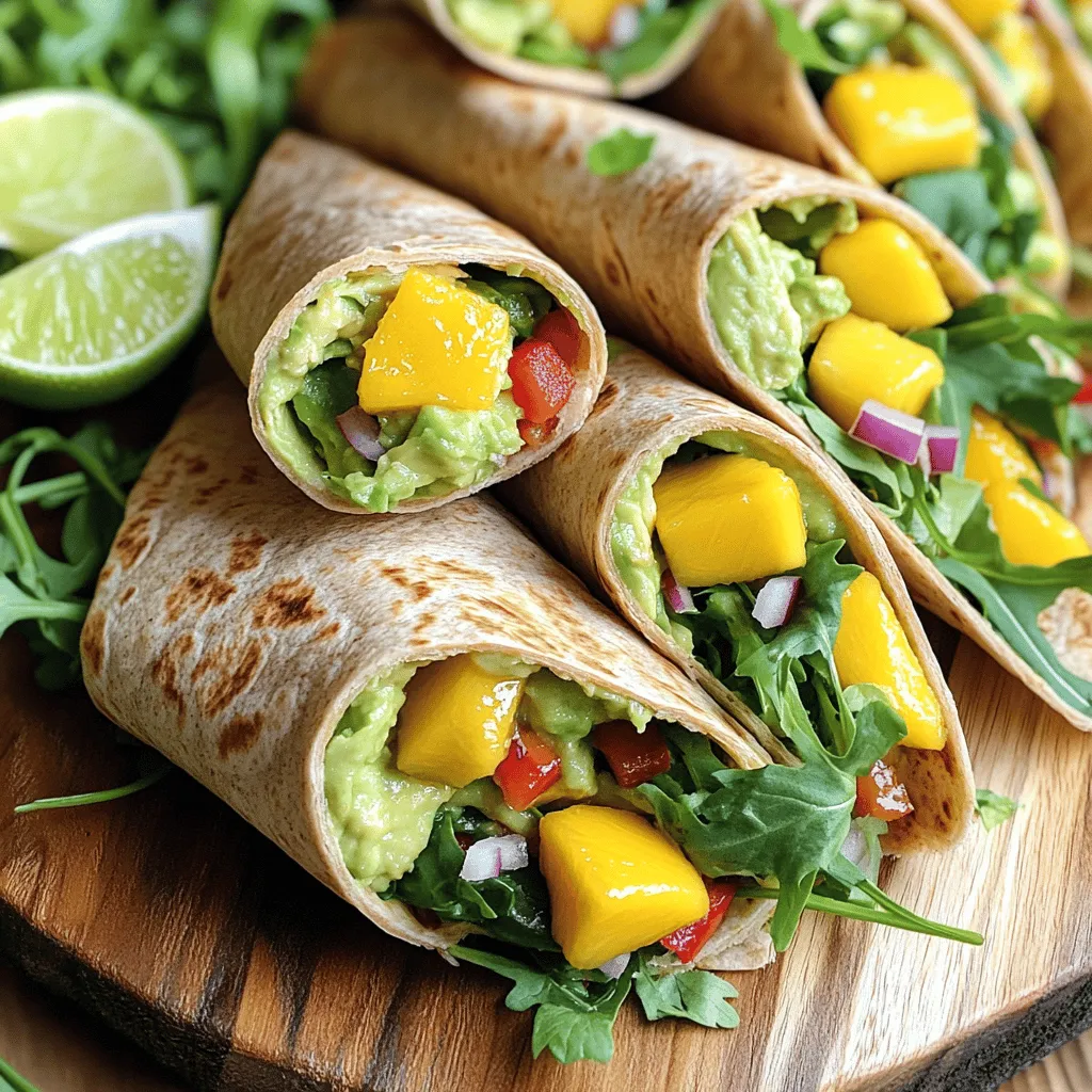- 2 große Vollkorn-Tortillas - 1 reife Avocado, püriert - 1 reife Mango, gewürfelt - 1 Tasse roter Paprika, dünn geschnitten - 1 Tasse Rucola oder Babyspinat - 1/4 Tasse rote Zwiebel, fein gehackt - 2 Esslöffel Limettensaft - 1 Esslöffel Olivenöl - 1 Teelöffel Honig (optional) - Salz und Pfeffer nach Geschmack - 1/4 Tasse frischer Koriander, gehackt Um die Zesty Avocado Mango Wraps perfekt zuzubereiten, sind die richtigen Zutaten wichtig. Die Hauptzutaten sind sehr einfach. Große Vollkorn-Tortillas bilden die Basis. Die pürierte Avocado bringt eine cremige Textur. Die gewürfelte Mango fügt einen süßen und frischen Geschmack hinzu. Für mehr Crunch und Farbe verwenden wir roten Paprika. Rucola oder Babyspinat sorgt für einen gesunden grünen Touch. Die rote Zwiebel gibt einen leckeren Biss. Für den Geschmack brauchen wir Limettensaft. Er bringt eine zesty Note. Olivenöl hilft, alles zu verbinden. Ein bisschen Honig macht es süßer, wenn du magst. Salz und Pfeffer runden das Ganze ab. Frischer Koriander bringt noch mehr Frische. Diese Zutaten helfen dir, eine köstliche und gesunde Mahlzeit zu kreieren. Du kannst das Rezept im Detail im Full Recipe finden. Zuerst nehme ich die reife Avocado und schneide sie auf. Ich löffle das Fruchtfleisch in eine Schüssel. Dann füge ich den Limettensaft, etwas Honig, Salz und Pfeffer hinzu. Diese Mischung rühre ich glatt. Die Avocadocreme wird so frisch und zart. Jetzt lege ich die großen Vollkorn-Tortillas auf eine saubere Arbeitsfläche. Ich achte darauf, dass sie flach liegen. Dann trage ich eine großzügige Schicht der Avocadocreme gleichmäßig auf jede Tortilla auf. Ich lasse etwas Platz an den Rändern. Nun kommt der spaßige Teil. Ich verteile die gewürfelte Mango, die dünn geschnittene Paprika, den Rucola und die rote Zwiebel gleichmäßig über die Avocadocreme. Schließlich bestreue ich die Füllung mit frisch gehacktem Koriander. Das gibt zusätzlichen Geschmack und Farbe. Jetzt falte ich vorsichtig die Seiten der Tortilla nach innen. Ich rolle sie dann von unten nach oben auf. Es ist wichtig, dass die Füllungen gut drin bleiben. Zum Schluss schneide ich die Wraps diagonal in zwei Hälften. So zeige ich die bunten Füllungen. Um die beste Avocado zu finden, drücke sanft auf die Schale. Sie sollte leicht nachgeben. Wenn die Avocado zu fest ist, ist sie noch nicht reif. Wenn sie zu weich ist, ist sie überreif. Achte auch auf die Farbe. Eine dunkle Haut zeigt oft, dass sie reif ist. Frische Mangos kaufst du am besten im Supermarkt oder auf dem Markt. Sie sollten angenehm duften und eine glatte Haut haben. Wenn sie leicht weich sind, ist das ein gutes Zeichen. Überreife Mangos haben dunkle Flecken. Um deine Wraps ansprechend zu präsentieren, lege sie auf ein Holzbrett. Schneide sie diagonal, damit die bunten Füllungen sichtbar werden. Ein paar Limettenschnitze daneben machen das Bild frisch. Garnieren mit frischem Koriander bringt Farbe. Für Dips und Saucen passen Joghurt oder eine scharfe Salsa gut. Du kannst auch eine einfache Limettenvinaigrette machen. Sie gibt den Wraps einen leckeren Kick. Avocados sind reich an gesunden Fetten. Sie enthalten Ballaststoffe und viele Vitamine. Mangos sind süß und bieten viel Vitamin C. Zusammen sind sie eine gesunde, nahrhafte Wahl. Vollkorn-Tortillas sind besser als Weißmehl-Tortillas. Sie haben mehr Ballaststoffe und Nährstoffe. Das hilft dir, dich länger satt zu fühlen. Diese Kombination macht die Zesty Avocado Mango Wraps nicht nur lecker, sondern auch gesund! Wenn du mehr über die Zesty Avocado Mango Wraps erfahren möchtest, schau dir das Full Recipe an. {{image_4}} Für eine vegane Variante der Zesty Avocado Mango Wraps können Sie pflanzliche Produkte verwenden. Statt Honig nehmen Sie Agavendicksaft. Das gibt den Wraps eine süße Note, ohne tierische Produkte. Fügen Sie zusätzlich mehr Gemüse hinzu, wie Karotten oder Gurken. Das sorgt für noch mehr Crunch und Frische. Um die Wraps proteinreicher zu machen, können Sie Bohnen oder Hähnchen hinzufügen. Schwarze Bohnen sind eine gute Wahl. Sie passen gut zu Avocado und Mango. Wenn Sie Hähnchen verwenden, grillen Sie es zuerst, bevor Sie es in die Wraps legen. Quinoa ist auch eine tolle Füllung. Es gibt den Wraps eine nussige Note und ist sehr nahrhaft. Für mehr Geschmack probieren Sie scharfe Saucen oder Gewürzmischungen. Eine Prise Cayennepfeffer oder Chili gibt den Wraps einen Kick. Sie können auch frische Kräuter wie Basilikum oder Minze verwenden. Diese Kräuter geben den Wraps ein einzigartiges Aroma und frische Note. Um die Zesty Avocado Mango Wraps frisch zu halten, bewahre sie im Kühlschrank auf. Wickel die Wraps fest in Frischhaltefolie. So bleiben sie knackig und lecker. Wenn du die Wraps nicht sofort isst, solltest du sie nicht zu lange stehen lassen. Verfärbungen der Avocado können schnell auftreten. Um dies zu vermeiden, träufle etwas Limettensaft über die Füllung. Das hilft auch, den Geschmack frisch zu halten. Für Meal Prepping kannst du die Wraps leicht vorbereiten. Mache die Avocadocreme und schneide das Gemüse am Vorabend. Halte alles getrennt, bis du bereit bist, die Wraps zu rollen. So verlierst du nicht viele Nährstoffe. Du kannst die Füllung auch in kleinen Behältern aufbewahren. Das macht es einfach, die Portionen zu steuern. Wenn du die Wraps für einige Tage lagerst, dann rolle sie erst kurz vor dem Essen. So bleiben sie frisch und schmackhaft. Die Zesty Avocado Mango Wraps sind im Kühlschrank etwa drei Tage haltbar. Bewahre sie in einem luftdichten Behälter auf. So bleiben sie frisch und lecker. Vermeide, sie zu lange stehen zu lassen. Die Avocado kann sich schnell verfärben und weich werden. Ja, du kannst die Wraps einfrieren. Wickele sie gut in Frischhaltefolie. Lege sie dann in einen gefrierfesten Beutel. So bleiben sie bis zu einem Monat frisch. Um sie aufzutauen, lasse sie über Nacht im Kühlschrank. Du kannst sie auch direkt in der Mikrowelle erwärmen. Diese Wraps schmecken toll mit frischem Salat. Du kannst auch einen Joghurt-Dip oder Salsa dazu servieren. Ein knuspriges Gemüse-Sticks sind ebenfalls eine gute Wahl. Diese Beilagen ergänzen den frischen Geschmack der Wraps perfekt. Das Rezept für Zesty Avocado Mango Wraps findest du im vollständigen Rezeptablauf. Es ist einfach und macht viel Spaß beim Zubereiten. Probiere es aus und genieße die Kombination der frischen Zutaten. Die Zesty Avocado Mango Wraps sind einfach zuzubereiten und sehr gesund. Wir haben die Hauptzutaten wie Tortillas, Avocado und Mango betrachtet. Die Zubereitung war leicht, und die Tipps helfen dir, die besten Zutaten zu wählen. Variationen ermöglichen kreative Anpassungen. Diese Wraps sind lecker und bieten viele gesundheitliche Vorteile. Denke daran, sie frisch zu lagern und ansprechende Beilagen zu wählen. Genieße die tollen Aromen und teile sie mit anderen!