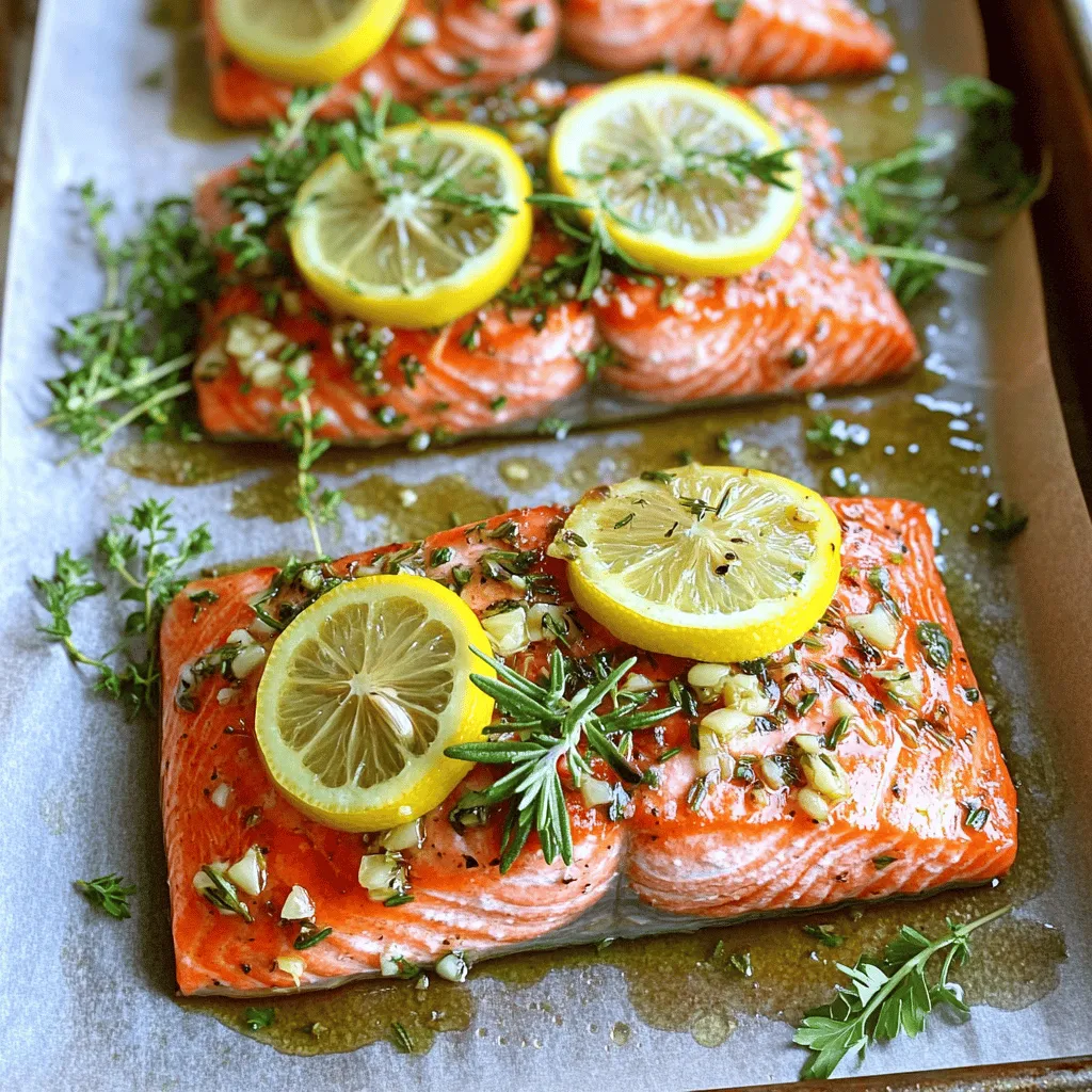 - 4 Lachsfilets (jeweils 170 g) - 4 Knoblauchzehen, fein gehackt - 1 Esslöffel frischer Rosmarin, gehackt - 1 Esslöffel frische Petersilie, gehackt - 1 Esslöffel frischer Thymian, gehackt - 1 Zitrone, abgerieben und ausgepresst - 3 Esslöffel Olivenöl - Salz und Pfeffer nach Geschmack - Zitronenscheiben zum Garnieren - Frische Kräuter zum Garnieren (optional) Die Wahl der Zutaten ist wichtig für den Geschmack. Ich nutze frische Kräuter, weil sie das Gericht lebendig machen. Der Knoblauch gibt eine tolle Schärfe. Lachs ist nicht nur lecker, sondern auch gesund. Achten Sie beim Kauf auf frischen Lachs. Er sollte fest und glänzend sein. Zitronensaft bringt Frische ins Spiel. Olivenöl sorgt für eine schöne, goldene Kruste. Verwenden Sie die Kräuter, die Ihnen am besten gefallen. Sie können mit Gewürzen experimentieren, um Ihrem Lachs eine persönliche Note zu geben. Für eine schöne Präsentation garnieren Sie den Lachs mit Zitronenscheiben und frischen Kräutern. Diese Details machen Ihr Gericht besonders. Für die ganze Zubereitung schauen Sie sich das Full Recipe an. Heize deinen Ofen auf 200°C vor. Dieser Schritt ist wichtig, da ein heißer Ofen den Lachs gleichmäßig garen wird. Während der Ofen aufheizt, bereite die Lachsfilets vor. Lege sie mit der Hautseite nach unten auf ein Backblech, das mit Backpapier ausgelegt ist. Tupfe die Filets vorsichtig mit einem Papiertuch trocken. So kann die Marinade besser haften. Jetzt kommt der spannende Teil – die Marinade! In einer kleinen Schüssel mische den gehackten Knoblauch, den Rosmarin, die Petersilie und den Thymian. Füge den Zitronenabrieb, den Zitronensaft und das Olivenöl hinzu. Rühre alles gut um, bis die Zutaten gut vermischt sind. Würze die Lachsfilets großzügig mit Salz und Pfeffer. Das bringt den Geschmack richtig zur Geltung. Bestreiche die Filets gleichmäßig mit der Kräutermarinade. Achte darauf, dass jedes Stück gut bedeckt ist. Lass den Lachs etwa 15 bis 20 Minuten bei Raumtemperatur marinieren. So kann das Aroma gut einziehen. Sobald die Marinierzeit vorbei ist, schiebe das Backblech in den Ofen. Röste den Lachs für 15 bis 18 Minuten. Du weißt, dass der Lachs fertig ist, wenn er leicht mit einer Gabel zerfällt. Nimm das Blech aus dem Ofen und lass den Lachs für ein paar Minuten ruhen. Das sorgt dafür, dass die Säfte im Lachs bleiben. Jetzt kannst du den Lachs anrichten! Garnier ihn mit Zitronenscheiben und frischen Kräutern für einen schönen Look. So wird dein Gericht zum Hingucker! Für die genauen Details, schaue dir das [Full Recipe] an. Wie lange sollte man marinieren? Für den besten Geschmack mariniere ich den Lachs 15-20 Minuten. Dies gibt den Kräutern und dem Knoblauch Zeit, in das Fleisch einzuziehen. Bei längerer Marinierzeit kann der Lachs jedoch zu salzig werden. Das ist wichtig zu beachten! Anzeichen, dass der Lachs fertig ist. Der Lachs ist perfekt, wenn er leicht mit einer Gabel zerfällt. In der Regel röste ich ihn 15-18 Minuten bei 200°C. Achte darauf, dass er nicht zu trocken wird. Überwache ihn während des Backens gut! Beilagen, die gut dazu passen. Ich empfehle, den Lachs mit einem frischen Salat oder gedünstetem Gemüse zu servieren. Auch ein cremiges Kartoffelpüree passt gut dazu. Eine Scheibe Zitrone oben drauf macht das Gericht noch frischer! Wenn du noch mehr Inspiration brauchst, schau dir die [Full Recipe] an. {{image_4}} Für die asiatische Variante des Gerichts können Sie Sojasauce und Ingwer hinzufügen. Diese Zutaten verleihen dem Lachs einen tollen Umami-Geschmack. Mischen Sie einfach 3 Esslöffel Sojasauce mit 1 Esslöffel frisch geriebenem Ingwer. Fügen Sie dies zu Ihrer Kräutermarinade hinzu, um den Lachs zu bestreichen. Diese Mischung passt perfekt zu Reis oder Gemüse. Die mediterrane Variante bringt Sonne auf den Teller. Fügen Sie einige gehackte Oliven und Feta-Käse hinzu. Diese Zutaten sorgen für einen salzigen, herzhaften Geschmack. Streuen Sie die Oliven und den Feta einfach über den Lachs, bevor Sie ihn rösten. Servieren Sie den Lachs mit einem frischen grünen Salat für ein leichtes Gericht. Sie können verschiedene Kräuter und Gewürze verwenden, um den Lachs zu variieren. Rosmarin, Thymian und Petersilie sind klassisch, aber probieren Sie auch Dill oder Koriander. Diese Kräuter bringen neue Aromen und Frische. Für einen scharfen Kick fügen Sie etwas Paprika oder Cayennepfeffer hinzu. Experimentieren Sie mit den Gewürzen, um Ihren perfekten Lachs zu finden. - Im Kühlschrank: Bewahren Sie den Lachs in einem luftdichten Behälter auf. So bleibt er frisch. Er hält sich dort bis zu drei Tage. Stellen Sie sicher, dass er nicht zu lange draußen bleibt, um sicher zu sein. - Im Gefrierfach: Wenn Sie mehr Lachs haben, frieren Sie ihn ein. Wickeln Sie die Filets gut in Frischhaltefolie ein. Verwenden Sie einen Gefrierbeutel oder einen Behälter. So bleibt der Lachs bis zu drei Monate haltbar. Beschriften Sie den Beutel mit dem Datum, um die Frische zu beachten. - Beste Methoden zur Erwärmung von übrig gebliebenem Lachs: Der beste Weg, um Lachs aufzuwärmen, ist im Ofen. Heizen Sie den Ofen auf 150°C vor. Legen Sie den Lachs auf ein Backblech. Decken Sie ihn mit Folie ab, um ihn saftig zu halten. Wärmen Sie ihn etwa 10 bis 15 Minuten lang auf. Achten Sie darauf, dass er nicht zu trocken wird. Alternativ können Sie ihn in der Mikrowelle erwärmen. Legen Sie den Lachs auf einen mikrowellengeeigneten Teller. Bedecken Sie ihn mit einem feuchten Papiertuch. Erwärmen Sie ihn in kurzen Intervallen von 30 Sekunden. Prüfen Sie den Lachs, um sicherzustellen, dass er gleichmäßig warm wird. Die Zubereitung dauert insgesamt etwa 40 Minuten. Die Vorbereitungszeit ist 25 Minuten, und die Kochzeit beträgt 15 bis 18 Minuten. Es ist wichtig, den Lachs während des Marinierens ruhen zu lassen. So ziehen die Aromen gut ein. Ja, du kannst frische Kräuter durch getrocknete Kräuter ersetzen. Verwende einfach die Hälfte der Menge. Getrocknete Kräuter haben einen stärkeren Geschmack. Lass sie in der Marinade einige Minuten ziehen, damit sie ihr Aroma entfalten können. Ja, dieser Lachs passt gut zu Weißweinen. Ein trockener Sauvignon Blanc oder ein Chardonnay sind ideale Begleiter. Diese Weine ergänzen die frischen Aromen des Lachs und der Kräuter. Kaufe frischen Lachs in einem vertrauenswürdigen Fischgeschäft oder Supermarkt. Achte auf einen hellen, feuchten Lachs mit einem frischen Geruch. Frage nach der Herkunft, um sicherzustellen, dass der Lachs nachhaltig gefangen wurde. Mit diesem Rezept bekommst du vier Portionen. Es ist einfach, die Menge zu verdoppeln oder zu halbieren, je nach Bedarf. Du kannst die Lachsfilets auch einzeln zubereiten, wenn du nur für dich kochst. Dieser Beitrag hat Ihnen gezeigt, wie Sie Knoblauch-Kräuter-Roastlachs zubereiten. Ich habe die Zutaten, die Schritte, Tipps und Variationen erklärt. Dive in und probieren Sie mein Rezept aus! Experimentieren Sie mit Kräutern und Beilagen. So wird jedes Gericht einzigartig. Verwenden Sie frischen Lachs für den besten Geschmack. Lagerung und Aufwärmen sind einfach. Ihre Mahlzeiten werden noch köstlicher!