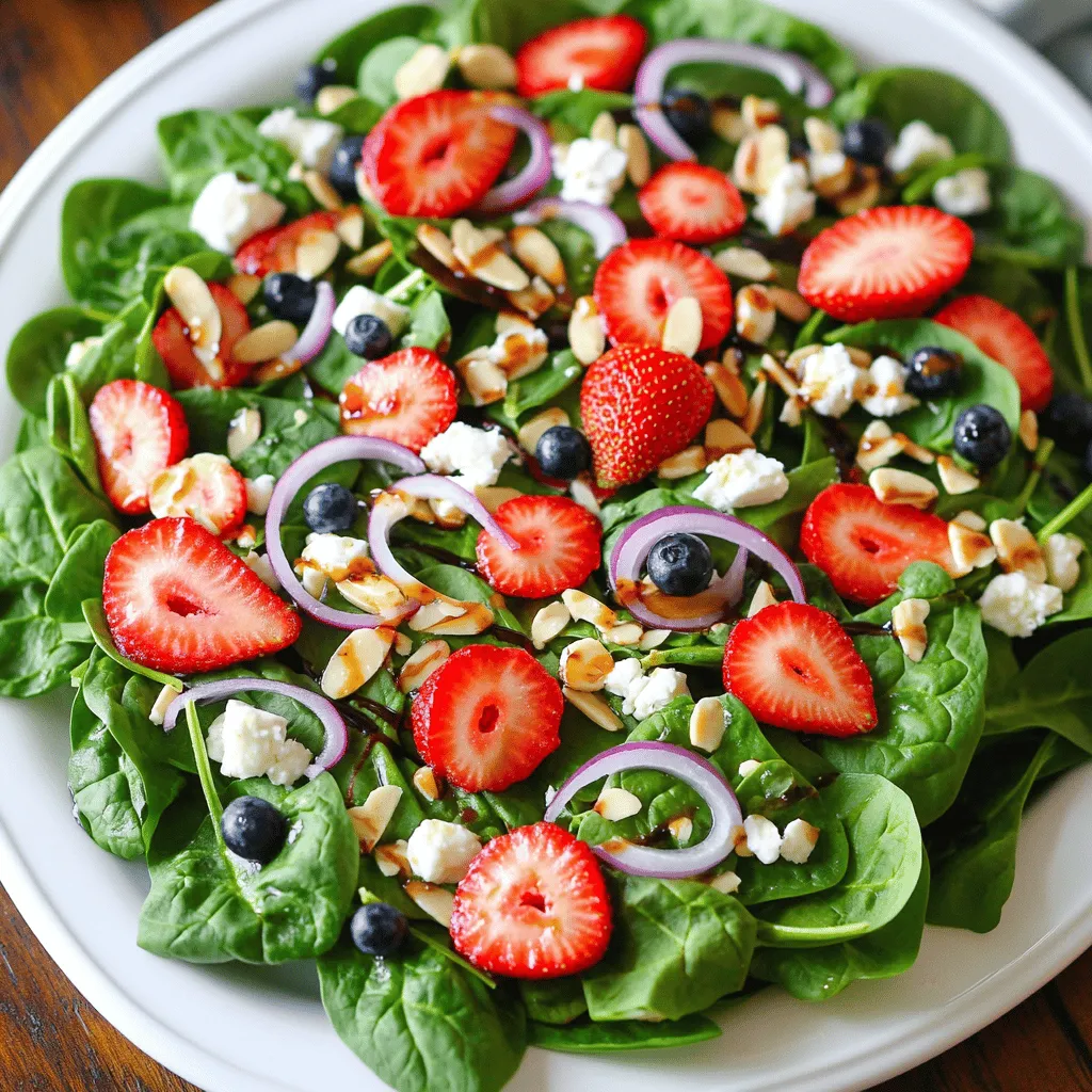 Um einen leckeren Erdbeer-Spinat-Salat zuzubereiten, benötigen Sie: - 4 Tassen frischer Babyspinat, gewaschen und getrocknet - 1 Tasse reife Erdbeeren, entstielt und in Scheiben geschnitten - 1/2 Tasse geschnittene Mandeln, geröstet - 1/4 Tasse Feta-Käse, zerkrümelt - 1/4 rote Zwiebel, dünn geschnitten - 1/2 Tasse frische Blaubeeren (optional für zusätzliche Farbe) - 3 Esslöffel Olivenöl - 1 Esslöffel Honig - 1 Esslöffel Balsamico-Essig - Salz und Pfeffer nach Geschmack Frische Zutaten sind der Schlüssel für den besten Geschmack. Achten Sie darauf, dass der Spinat knackig und grün ist. Die Erdbeeren sollten rot und saftig sein. Wählen Sie Mandeln, die geröstet und knusprig sind. Feta-Käse sollte frisch und krümelig sein. Die rote Zwiebel sollte fest und ohne dunkle Stellen sein. Frische Blaubeeren sind optional, aber sie bringen Farbe und Süße. Um die besten Erdbeeren zu finden, suchen Sie nach leuchtend roten Früchten ohne Flecken. Der Duft sollte süß sein. Vermeiden Sie matschige oder grüne Beeren. Für Spinat wählen Sie die Babyvariante. Er sollte fest und frei von Verfärbungen sein. Kaufen Sie ihn am besten auf dem Markt oder im Bioladen. Frische Erdbeeren und Spinat machen Ihren Salat besonders lecker und gesund. Für das vollständige Rezept schauen Sie sich die Anleitung an. Um das Dressing zu machen, nehmen Sie eine kleine Schüssel. Geben Sie 3 Esslöffel Olivenöl, 1 Esslöffel Honig und 1 Esslöffel Balsamico-Essig hinein. Fügen Sie Salz und Pfeffer nach Geschmack hinzu. Mischen Sie alles gut zusammen. Das Dressing sollte glatt und lecker sein. Stellen Sie es dann beiseite. Nehmen Sie eine große Salatschüssel. Fügen Sie zuerst 4 Tassen frischen Babyspinat hinzu. Dann legen Sie die geschnittenen Erdbeeren gleichmäßig darüber. Streuen Sie 1/2 Tasse geschnittene, geröstete Mandeln und 1/4 Tasse zerkrümelten Feta-Käse darauf. Nehmen Sie auch 1/4 rote Zwiebel, die dünn geschnitten ist, und fügen Sie sie hinzu. Wenn Sie mögen, können Sie 1/2 Tasse frische Blaubeeren für zusätzliche Farbe verwenden. Träufeln Sie das vorbereitete Dressing gleichmäßig über den Salat. Verwenden Sie Zangen oder Salatbesteck, um alles vorsichtig zu vermengen. Achten Sie darauf, die Erdbeeren nicht zu zerdrücken. Probieren Sie den Salat und passen Sie die Gewürze an. Servieren Sie den Salat sofort, um den besten Geschmack zu genießen. Ein kleiner Tipp: Garnieren Sie den Salat mit zusätzlichen Erdbeeren und Mandeln für mehr Farbe. Um den Geschmack des Erdbeer-Spinat-Salats zu verbessern, können Sie einige Zutaten hinzufügen. Probieren Sie Avocado für eine cremige Textur. Gegrilltes Hähnchen gibt dem Salat mehr Protein. Auch Quinoa passt gut dazu und macht ihn herzhaft. Erweitern Sie Ihre Zutaten mit frischen Kräutern wie Minze oder Basilikum. Diese Kräuter bringen frische Aromen und Farben in den Salat. Das Dressing ist der Schlüssel zu diesem Salat. Wenn Sie einen süßeren Geschmack mögen, fügen Sie mehr Honig hinzu. Für eine schärfere Note können Sie einen Spritzer Zitronensaft verwenden. Wenn Sie eine vegane Option wünschen, ersetzen Sie den Honig durch Ahornsirup. Experimentieren Sie mit verschiedenen Ölen wie Walnuss- oder Avocadoöl für neue Geschmäcker. Wenn die Zeit knapp ist, können Sie einige Schritte im Voraus machen. Bereiten Sie das Dressing einen Tag vorher zu und lagern Sie es im Kühlschrank. Sie können auch das Gemüse waschen und schneiden, um Zeit zu sparen. Lagern Sie die Zutaten in getrennten Behältern, damit sie frisch bleiben. So können Sie den Salat schnell zusammenstellen, wenn Sie bereit sind zu essen. Für das vollständige Rezept besuchen Sie die [Full Recipe] Seite. {{image_4}} Um diesen Salat vegan zu machen, tauschen Sie den Feta-Käse gegen eine pflanzliche Alternative aus. Es gibt viele köstliche Optionen, die gut schmecken. Cashew-Creme oder zerdrückte Avocado sind tolle Optionen. Diese geben dem Salat eine cremige Textur und viel Geschmack. Wenn Sie mehr Protein möchten, fügen Sie gegrilltes Hähnchen hinzu. Es passt wunderbar zu den süßen Erdbeeren. Quinoa ist auch eine großartige Wahl. Es macht den Salat sättigender und gibt ihm einen nussigen Geschmack. Sie können die Mandeln leicht ersetzen. Walnüsse oder Pekannüsse sind ebenfalls lecker. Wenn Sie keinen Käse mögen, probieren Sie geröstete Kichererbsen. Diese geben dem Salat einen tollen Crunch. Für das vollständige Rezept können Sie die vollständige Rezeptseite besuchen. Um den Erdbeer-Spinat-Salat frisch zu halten, lagern Sie ihn in einem luftdichten Behälter. Achten Sie darauf, den Salat nicht mit dem Dressing zu vermischen. So bleibt die Textur knusprig. Wenn Sie Reste haben, essen Sie diese innerhalb von zwei Tagen. Um die Frische zu verlängern, bewahren Sie den Salat im Kühlschrank auf. Legen Sie ein Papiertuch in den Behälter. Das Papiertuch nimmt überschüssige Feuchtigkeit auf. Das hilft, die Blätter frisch zu halten. Vermeiden Sie es, den Salat in der Nähe von Äpfeln oder Bananen zu lagern. Diese Früchte geben Ethylen ab und können den Salat schneller verderben. Achten Sie auf folgende Anzeichen, um zu erkennen, ob der Salat schlecht geworden ist: - Die Blätter sehen welk oder braun aus. - Es gibt einen unangenehmen Geruch. - Der Feta-Käse hat eine schleimige Textur. Wenn Sie eines dieser Anzeichen bemerken, werfen Sie den Salat weg. Sicherheit zuerst! Der Erdbeer-Spinat-Salat hat etwa 150 Kalorien pro Portion. Diese Zahl kann leicht variieren, abhängig von den genauen Zutaten. Zum Beispiel, wenn Sie mehr Feta oder Mandeln hinzufügen, erhöht sich die Kalorienzahl. Der Salat ist leicht, frisch und ideal für eine gesunde Ernährung. Ja, Sie können das Dressing im Voraus machen. Es bleibt bis zu einer Woche im Kühlschrank frisch. Mischen Sie einfach alle Zutaten und bewahren Sie es in einem luftdichten Behälter auf. Vor dem Servieren gut schütteln, um alles zu vermischen. So sparen Sie Zeit, wenn Sie den Salat zubereiten. Zu diesem Salat passen viele Beilagen gut. Hier sind einige Vorschläge: - Gegrilltes Hähnchen für Protein - Geröstete Süßkartoffeln für einen süßen Geschmack - Quinoa für eine nahrhafte Ergänzung - Vollkornbrot für einen knusprigen Biss Diese Beilagen ergänzen den frischen Geschmack des Salats perfekt. Für das vollständige Rezept, schauen Sie sich die [Full Recipe] an. Der Erdbeer-Spinat-Salat ist einfach und lecker. Wir haben die besten Zutaten und deren Qualität besprochen. Ich gab Tipps, wie man frische Erdbeeren und Spinat auswählt. Die Schritt-für-Schritt-Anleitung zur Zubereitung wurde genau erklärt. Außerdemlernen wir Anpassungen beim Dressing und Kombinationen für mehr Geschmack. Sie können auch Varianten ausprobieren, um den Salat zu verändern. Lagern Sie ihn richtig, um die Frische zu verlängern. Dieser Salat ist perfekt für viele Anlässe und gesund ob frisch oder angepasst. Probieren Sie es aus!