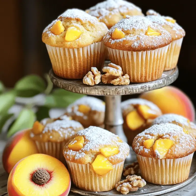 Um die perfekten Pfirsich-Muffins zu backen, benötigen Sie die folgenden Zutaten: - 2 Tassen Weizenmehl - 1 Tasse brauner Zucker - 1 Esslöffel Backpulver - ½ Teelöffel Natron - ½ Teelöffel Salz - 1 Teelöffel gemahlener Zimt - ½ Tasse ungesalzene Butter, geschmolzen - 2 große Eier - 1 Tasse Buttermilch - 1 Teelöffel Vanilleextrakt - 2 Tassen frische Pfirsiche, geschält und gewürfelt - ½ Tasse gehackte Walnüsse (optional) Jede Zutat spielt eine wichtige Rolle. Das Mehl gibt Struktur, während der Zucker für die Süße sorgt. Die Pfirsiche bringen Frische und Saftigkeit. Frische Pfirsiche sind der Schlüssel zu einem tollen Geschmack. Achten Sie darauf, reife und saftige Früchte zu wählen. Sie sorgen für ein fruchtiges Aroma und eine angenehme Textur. Für zusätzlichen Crunch und Geschmack fügen Sie gehackte Walnüsse hinzu. Sie bringen eine nussige Note und etwas Biss. Für glutenfreie Muffins können Sie das Weizenmehl durch eine glutenfreie Mehlmischung ersetzen. Diese gibt es oft im Geschäft. Wenn Sie vegan backen möchten, ersetzen Sie die Eier durch einen Chia-Pudding oder Apfelmus. So bleibt die Textur ähnlich, und die Muffins bleiben lecker. Wenn Sie auf Zucker verzichten möchten, probieren Sie Honig oder Ahornsirup. Diese natürlichen Süßstoffe verleihen den Muffins eine neue Geschmacksrichtung. Für das vollständige Rezept und weitere Details, schauen Sie sich die [Full Recipe] an. Beginnen Sie mit der Vorbereitung Ihrer Zutaten. Das macht den Prozess einfach und schnell. Hier ist, was Sie brauchen: - 2 Tassen Weizenmehl - 1 Tasse brauner Zucker - 1 Esslöffel Backpulver - ½ Teelöffel Natron - ½ Teelöffel Salz - 1 Teelöffel gemahlener Zimt - ½ Tasse ungesalzene Butter, geschmolzen - 2 große Eier - 1 Tasse Buttermilch - 1 Teelöffel Vanilleextrakt - 2 Tassen frische Pfirsiche, geschält und gewürfelt - ½ Tasse gehackte Walnüsse (optional) Stellen Sie sicher, dass die Pfirsiche reif sind. Reife Pfirsiche geben den Muffins einen tollen Geschmack. Jetzt machen wir den Teig. Nehmen Sie eine große Schüssel. Mischen Sie das Mehl, den Zucker, das Backpulver, das Natron, das Salz und den Zimt. Rühren Sie alles gut durch, bis die Mischung gleichmäßig ist. In einer anderen Schüssel kombinieren Sie die geschmolzene Butter, die Eier, die Buttermilch und den Vanilleextrakt. Mischen Sie alles, bis es glatt ist. Gießen Sie dann die feuchten Zutaten in die trockenen Zutaten. Rühren Sie vorsichtig, bis alles vermischt ist. Übermixen Sie nicht, sonst werden die Muffins hart. Jetzt fügen Sie die gewürfelten Pfirsiche und die Walnüsse hinzu. Heben Sie sie vorsichtig unter den Teig. Achten Sie darauf, dass sie gut verteilt sind. Heizen Sie Ihren Ofen auf 190°C (375°F) vor. Bereiten Sie ein Muffinblech vor. Füllen Sie jede Form zu etwa zwei Dritteln mit dem Teig. Backen Sie die Muffins 20-25 Minuten. Sie sind fertig, wenn ein Zahnstocher sauber herauskommt. Lassen Sie die Muffins etwa 5 Minuten im Blech abkühlen. Danach setzen Sie sie auf ein Kuchengitter, um vollständig abzukühlen. Genießen Sie die frischen Muffins! Um perfekte Muffins zu backen, gibt es einige Fehler, die Sie vermeiden sollten: - Zutaten nicht abmessen: Verwenden Sie immer einen Messbecher. Zu viel oder zu wenig kann den Teig ruinieren. - Übermixen: Rühren Sie den Teig nur, bis alles feucht ist. Zu viel Rühren macht die Muffins hart. - Backtemperatur nicht beachten: Heizen Sie den Ofen immer richtig vor. Ein kalter Ofen kann die Muffins ungleichmäßig backen. Die Qualität Ihrer Pfirsiche macht einen großen Unterschied. Achten Sie auf folgende Punkte: - Reife: Wählen Sie reife, aber feste Pfirsiche. Sie sollten leicht drücken, aber nicht zu weich sein. - Farbe: Suchen Sie nach leuchtenden, gelben oder orangefarbenen Pfirsichen. Diese sind süßer und aromatischer. - Geruch: Riechen Sie an den Pfirsichen. Ein süßer Duft zeigt, dass sie frisch und lecker sind. Wenn Sie gesündere Muffins möchten, können Sie einige einfache Anpassungen vornehmen: - Vollkornmehl: Ersetzen Sie die Hälfte des Weizenmehls durch Vollkornmehl. Das gibt mehr Ballaststoffe. - Zucker reduzieren: Nutzen Sie weniger Zucker oder ersetzen Sie ihn durch Honig oder Ahornsirup. - Öl statt Butter: Verwenden Sie anstelle von Butter ein pflanzliches Öl. Das macht die Muffins leichter. Für das vollständige Rezept, schauen Sie sich die Anleitung an. {{image_4}} Wenn Sie Gluten vermeiden, können Sie das Weizenmehl durch eine glutenfreie Mischung ersetzen. Achten Sie darauf, dass die Mischung gut gebacken wird. Oft haben glutenfreie Mehle auch Bindemittel, die den Muffins Struktur geben. Ich empfehle, eine Mischung aus Reismehl und Mandelmehl zu verwenden. Diese Mischung sorgt für einen tollen Geschmack und Textur. Für vegane Pfirsich-Muffins tauschen Sie die Eier und die Butter aus. Verwenden Sie stattdessen Apfelmus oder Leinsamen. Mischen Sie 1 Esslöffel Leinsamen mit 2 Esslöffeln Wasser, um ein Ei zu ersetzen. Für die Butter können Sie Kokosöl oder vegane Margarine nutzen. Dies macht die Muffins ebenso saftig und lecker. Um Ihre Muffins noch interessanter zu machen, können Sie Schokoladenstückchen oder Beeren hinzufügen. Dunkle Schokolade passt gut zu Pfirsichen. Sie können auch Himbeeren oder Blaubeeren verwenden. Diese Früchte bringen eine frische Note und einen schönen Farbkontrast. Fügen Sie die Zusätze vorsichtig in den Teig ein und backen Sie wie gewohnt. So erhalten Sie eine köstliche und vielseitige Variante Ihrer Pfirsich-Muffins. Um die Frische deiner Pfirsich-Muffins zu bewahren, lagere sie in einem luftdichten Behälter. Das hilft, Feuchtigkeit und Luft fernzuhalten. Du kannst die Muffins auch in Frischhaltefolie wickeln. So bleiben sie weich und lecker. Stelle den Behälter an einen kühlen, trockenen Ort, fern von Sonnenlicht. Bei richtiger Lagerung bleiben die Muffins bis zu drei Tage frisch. Das Einfrieren von Muffins ist eine großartige Möglichkeit, um sie länger haltbar zu machen. Lass die Muffins zuerst vollständig abkühlen. Wickele sie dann einzeln in Frischhaltefolie. Das schützt sie vor Frostschäden. Lege die eingewickelten Muffins in einen Gefrierbeutel oder einen luftdichten Behälter. Im Gefrierschrank halten sie bis zu drei Monate. Um sie wieder aufzutauen, lasse sie einfach bei Raumtemperatur stehen oder erwärme sie kurz in der Mikrowelle. Pfirsich-Muffins haben eine gute Haltbarkeit. Bei Raumtemperatur halten sie sich etwa drei Tage. Wenn du sie im Kühlschrank aufbewahrst, bleiben sie bis zu einer Woche frisch. Achte darauf, sie in einem luftdichten Behälter zu lagern. Wenn du die Muffins einfrierst, kannst du sie bis zu drei Monate genießen. Dies gibt dir die Freiheit, sie später zu genießen. Für das komplette Rezept, siehe den Full Recipe. Pfirsich-Muffins backen in der Regel 20 bis 25 Minuten. Du solltest sie im Ofen bei 190°C (375°F) backen. Nach 20 Minuten kannst du mit einem Zahnstocher testen. Wenn er sauber herauskommt, sind die Muffins fertig. Die Oberseite sollte goldbraun sein. Ja, du kannst gefrorene Pfirsiche verwenden. Achte darauf, sie vorher aufzutauen und gut abzutropfen. So verhinderst du, dass der Teig zu feucht wird. Gefrorene Pfirsiche haben einen anderen Geschmack, sind aber eine gute Option, wenn frische Pfirsiche nicht verfügbar sind. Hier sind einige Tipps, wie du das Rezept anpassen kannst: - Zucker reduzieren: Verwende weniger braunen Zucker für weniger Süße. - Vollkornmehl: Ersetze das Weizenmehl durch Vollkornmehl für mehr Ballaststoffe. - Nüsse weglassen: Lass die Walnüsse weg, wenn du eine nussfreie Version möchtest. - Zimt hinzufügen: Füge mehr Zimt hinzu für einen intensiveren Geschmack. - Früchte mischen: Du kannst auch andere Früchte wie Blaubeeren oder Äpfel hinzufügen. Für das komplette Rezept, schau dir die [Full Recipe] an. In diesem Artikel haben wir die besten Zutaten für Pfirsich-Muffins besprochen. Ich habe erklärt, wie man sie zubereitet und gebacken. Tipps helfen, Fehler zu vermeiden und gesunde Optionen zu finden. Wir haben auch Variationen wie glutenfreie und vegane Muffins behandelt. Damit bleiben deine Muffins frisch und lecker. Halte dir diese Tipps vor Augen, um bald köstliche Muffins zu genießen. Jeder Schritt bringt dich näher zum perfekten Geschmack. Viel Spaß beim Backen!