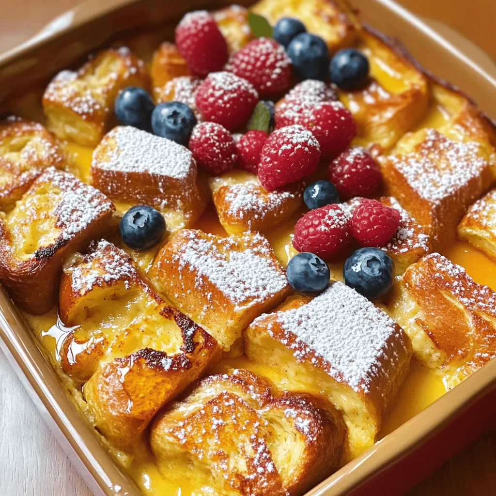 Um einen leckeren Bäckerischen Französischen Toast Auflauf zu machen, brauchen Sie folgende Hauptzutaten: - 1 Laib dick geschnittenes Challah- oder Briochebrot, in Würfel geschnitten - 6 große Eier - 500 ml Milch oder Hafermilch für eine milchfreie Option - 125 ml Schlagsahne - 60 ml Ahornsirup - 1 Esslöffel Vanilleextrakt - 1 Teelöffel gemahlener Zimt - 1/4 Teelöffel Muskatnuss - 100 g brauner Zucker - 50 g Pekannüsse, gehackt (optional) - Frische Beeren (Erdbeeren, Heidelbeeren oder Himbeeren) zum Garnieren - Puderzucker zum Bestäuben Sie können die Milch nach Ihrem Geschmack wählen. Vollmilch gibt einen reichhaltigen Geschmack. Hafermilch ist eine tolle milchfreie Option. Auch Mandelmilch oder Sojamilch sind gut geeignet. Die Schlagsahne macht den Auflauf cremiger. Sie können sie aber auch weglassen, wenn Sie Kalorien sparen wollen. Für mehr Geschmack können Sie verschiedene Zutaten hinzufügen. Zum Beispiel, verwenden Sie verschiedene Brotsorten wie Croissants oder Zimtbrötchen. Früchte wie Äpfel oder Bananen passen auch gut dazu. Wenn Sie den Auflauf gesünder machen möchten, können Sie den Zucker reduzieren oder Honig verwenden. Nüsse wie Mandeln oder Walnüsse geben einen knusprigen Biss. Für das vollständige Rezept schauen Sie sich die Anleitung an. Zuerst heizen Sie den Ofen auf 175°C vor. Nehmen Sie eine Auflaufform und fetten Sie sie mit Antihaftspray ein. Dies hilft, das Ankleben zu verhindern. Jetzt schneiden Sie ein Laib Challah- oder Briochebrot in Würfel. Ein dicker Schnitt sorgt für eine gute Textur. In einer großen Schüssel schlagen Sie die sechs Eier auf. Fügen Sie die Milch, die Schlagsahne, den Ahornsirup und den Vanilleextrakt hinzu. Mischen Sie alles gut. Achten Sie darauf, dass der Zucker und die Gewürze gleichmäßig verteilt sind. Geben Sie dann die Brotstücke in die Schüssel. Falten Sie sie vorsichtig in die Eimischung. Lassen Sie das Brot für etwa 15-20 Minuten ruhen. So kann es die Flüssigkeit gut aufnehmen. Wenn Sie mögen, rühren Sie die gehackten Pekannüsse ein. Verteilen Sie die Mischung gleichmäßig in der Auflaufform. Decken Sie die Form mit Aluminiumfolie ab. Backen Sie den Auflauf für 30 Minuten. Nach dieser Zeit entfernen Sie die Folie. Backen Sie den Auflauf weitere 15-20 Minuten. Die Oberseite sollte goldbraun sein und die Mitte fest. Nach dem Backen lassen Sie den Auflauf für 5-10 Minuten abkühlen. Servieren Sie ihn warm mit frischen Beeren und Puderzucker. Ein Schuss Ahornsirup macht ihn besonders lecker. Um die perfekte Konsistenz für deinen Bäckerischen Französischen Toast Auflauf zu erreichen, achte auf die richtige Mischung. Die Eier und die Milch müssen gut vermischt sein. Ich empfehle, die Mischung kräftig zu schlagen. So wird der Auflauf schön fluffig. Lass das Brot in der Eimischung etwa 15 bis 20 Minuten ziehen. Dadurch saugt das Brot die Flüssigkeit auf und wird weich. Die Kombination von Aromen macht den Auflauf besonders lecker. Verwende frische Beeren wie Erdbeeren oder Heidelbeeren zur Garnitur. Sie bringen Frische und Süße. Ahornsirup sorgt für einen süßen Kick. Zimt und Muskatnuss geben dem Auflauf einen warmen, gewürzten Geschmack. Nutze auch geröstete Pekannüsse, um einen knusprigen Kontrast zu schaffen. Diese Kombination ist einfach köstlich. Ein häufiger Fehler ist, die Mischung nicht lange genug einziehen zu lassen. Das Brot wird sonst nicht richtig weich. Ein weiterer Fehler ist, zu hohe Temperaturen beim Backen zu wählen. Dies kann die Oberseite verbrennen. Achte darauf, den Auflauf nach 30 Minuten Backzeit abzudecken. So bleibt er saftig und die Oberseite wird goldbraun. Vermeide auch das Überfüllen der Auflaufform. So kann der Auflauf gleichmäßig backen und wird perfekt. {{image_4}} Früchte bringen Farbe und Geschmack in deinen Auflauf. Du kannst frische Beeren wie Erdbeeren, Heidelbeeren oder Himbeeren verwenden. Diese Beeren passen gut zu dem süßen Brot und der cremigen Mischung. Du kannst die Früchte auch mit dem Brot in der Eimischung vermengen. So verteilt sich der Fruchtgeschmack gleichmäßig. Wenn du es noch fruchtiger magst, füge Bananenscheiben oder Apfelstücke hinzu. Diese Variationen bringen eine frische Note in dein Frühstück. Nüsse sind eine tolle Ergänzung. Sie bieten einen knackigen Kontrast zur weichen Textur des Auflaufs. Pekannüsse sind eine beliebte Wahl. Sie harmonieren gut mit dem süßen Geschmack. Du kannst die Nüsse grob hacken und direkt in die Mischung einrühren. Walnüsse oder Mandeln sind ebenfalls gute Optionen. Diese Nüsse fügen gesunde Fette und Proteine hinzu. Probiere auch, die Nüsse leicht zu rösten, bevor du sie hinzufügst. Das intensiviert den Geschmack. Für eine glutenfreie Variante wähle glutenfreies Brot. Viele Supermärkte bieten diese Option an. Achte darauf, die Zutaten für die Eimischung anzupassen. Du kannst pflanzliche Milch und vegane Eier verwenden. Eine Mischung aus Leinsamen und Wasser ersetzt die Eier gut. Diese Anpassungen machen deinen Auflauf nicht nur glutenfrei, sondern auch vegan. So kannst du alle genießen, ohne auf Geschmack zu verzichten. Wenn du diese Optionen ausprobierst, bleibt der Auflauf genauso lecker. Für die genauen Mengen und Zubereitung schau dir das [Full Recipe] an. Bewahre den Bäckerischen Französischen Toast Auflauf nach dem Abkühlen im Kühlschrank auf. Decke die Auflaufform mit Frischhaltefolie oder einem Deckel ab. So bleibt er frisch und lecker. Im Kühlschrank hält er sich bis zu drei Tage. Achte darauf, ihn in Portionen zu teilen, um das Servieren zu erleichtern. Du kannst den Auflauf auch einfrieren. Lass ihn zuerst vollständig abkühlen. Schneide ihn in Portionen und lege sie in luftdichte Behälter oder Gefrierbeutel. Achte darauf, so viel Luft wie möglich zu entfernen. So bleibt der Auflauf bis zu drei Monate frisch. Wenn du ihn später essen möchtest, tau ihn über Nacht im Kühlschrank auf. Um den Auflauf aufzuwärmen, heize deinen Ofen auf 175°C vor. Lege die Portionen in eine Auflaufform und decke sie mit Aluminiumfolie ab. Erwärme sie 20 bis 25 Minuten, bis sie gut durchgewärmt sind. Du kannst auch die Mikrowelle benutzen. Stelle die Portionen in eine mikrowellengeeignete Schüssel und erwärme sie in Intervallen von 30 Sekunden. So bleibst du flexibel. Für die besten Ergebnisse, genieße den Auflauf frisch, aber diese Tipps helfen dir, Reste zu genießen! Sie können den Auflauf bis zu 24 Stunden im Voraus zubereiten. Bereiten Sie den Auflauf einfach bis zur Backzeit vor. Decken Sie ihn gut ab und stellen Sie ihn in den Kühlschrank. Am nächsten Tag backen Sie ihn direkt aus dem Kühlschrank. So sparen Sie Zeit und können Ihr Frühstück stressfrei genießen. Ja, Sie können auch andere Brotsorten verwenden. Weißbrot, Vollkornbrot oder sogar Croissants sind gute Alternativen. Achten Sie darauf, dass das Brot dick und etwas altbacken ist. So saugt es die Mischung besser auf. Experimentieren Sie gerne mit verschiedenen Broten für neue Geschmäcker. Servieren Sie den Auflauf warm aus dem Ofen. Garnieren Sie ihn mit frischen Beeren und einer Prise Puderzucker. Für einen zusätzlichen Kick, träufeln Sie etwas Ahornsirup darüber. Diese Kombination sieht nicht nur gut aus, sondern schmeckt auch köstlich. Es ist ein perfektes Gericht für ein gemütliches Frühstück oder ein Brunch mit Freunden. Dieser Artikel hat die Grundlagen für den bäckerischen französischen Toast Auflauf abgedeckt. Wir haben die Hauptzutaten und variierende Optionen besprochen. Ich habe auch die Schritte für die Zubereitung sowie Tipps für den besten Geschmack geteilt. Zuletzt habe ich erklärt, wie man den Auflauf lagert und aufwärmt. Nutze diese Informationen, um einen köstlichen Auflauf zu zaubern. Mit den richtigen Zutaten und Techniken kannst du ein wunderbares Gericht für jeden Anlass kreieren. Viel Spaß beim Ausprobieren und Genießen!