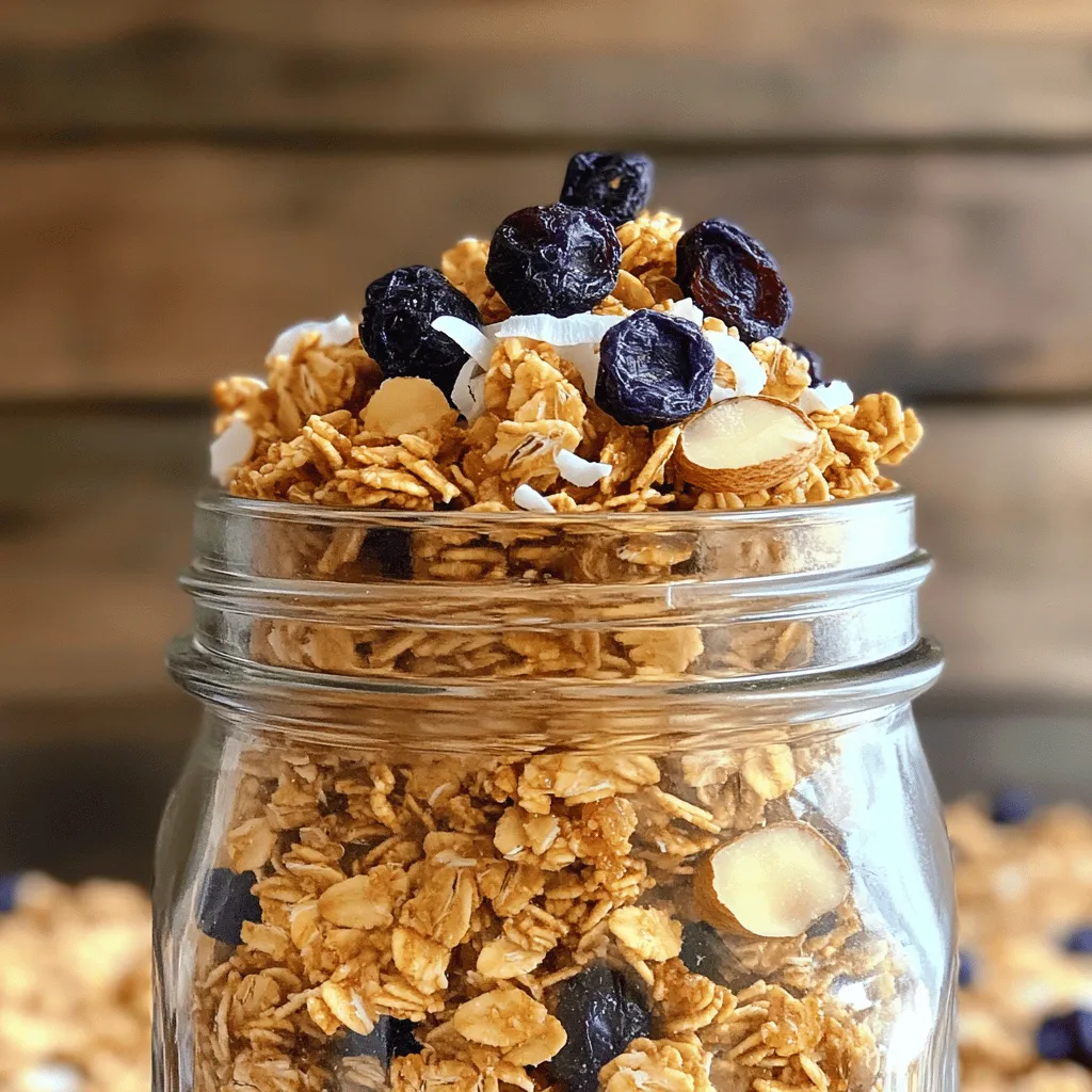 - 2 Tassen Haferflocken - 1 Tasse geschnittene Mandeln - 1 Tasse getrocknete Blaubeeren Diese Zutaten bilden die Basis für dein Granola. Haferflocken geben dir Ballaststoffe. Mandeln sind reich an gesunden Fetten. Blaubeeren bringen Süße und einen tollen Geschmack. - 1/2 Tasse ungesüßte Kokosraspeln - 1/3 Tasse Honig oder Ahornsirup - 1/4 Tasse Kokosöl, geschmolzen Kokosraspeln fügen Textur hinzu. Honig oder Ahornsirup süßen dein Granola. Kokosöl sorgt für einen feinen Geschmack und hilft beim Backen. - 1/2 Teelöffel Vanilleextrakt - 1/2 Teelöffel Zimt - 1/4 Teelöffel Salz Vanilleextrakt bringt ein tolles Aroma. Zimt gibt Wärme und Tiefe. Ein bisschen Salz hebt alle Aromen hervor. Mit diesen Zutaten kannst du ein gesundes und leckeres Granola zubereiten. Das Rezept ist einfach. Du kannst alles schnell zusammenmischen. Nutze die frischen und nahrhaften Zutaten für dein Frühstück. Schau dir das [Full Recipe] an, um die Details zu erfahren. Heize deinen Ofen auf 150°C vor. Nimm ein großes Backblech und lege es mit Backpapier aus. Das sorgt dafür, dass dein Granola nicht anklebt. In einer großen Schüssel vermenge 2 Tassen Haferflocken, 1 Tasse geschnittene Mandeln und 1/2 Tasse ungesüßte Kokosraspeln gut. Achte darauf, dass alles gleichmäßig verteilt ist. In einer anderen Schüssel mische 1/3 Tasse Honig (oder Ahornsirup), 1/4 Tasse geschmolzenes Kokosöl und 1/2 Teelöffel Vanilleextrakt. Rühre alles glatt. Gieße die feuchte Mischung über die trockenen Zutaten und rühre gut um. So wird alles gleichmäßig bedeckt. Verteile die Granola-Mischung gleichmäßig auf das Backblech. Backe sie 25 bis 30 Minuten lang. Rühre die Mischung nach 15 Minuten um. Das sorgt für eine schöne, goldbraune Farbe. Nehme das Granola aus dem Ofen und lasse es auf dem Blech abkühlen. Das Granola wird beim Abkühlen knusprig. Füge nach dem Abkühlen 1 Tasse getrocknete Blaubeeren hinzu. Mische sie sanft unter die Granola-Mischung. Wenn du mehr über die Zutaten erfahren möchtest, schau dir das [Full Recipe] an! - Goldbraune Backzeit: Der Schlüssel zu knusprigem Granola liegt in der Backzeit. Backe das Granola für 25-30 Minuten bei 150°C. Rühre die Mischung nach 15 Minuten um. So wird alles gleichmäßig goldbraun. - Was tun bei zu weichem Granola?: Wenn dein Granola nach dem Backen noch weich ist, backe es einfach weiter. Kontrolliere alle 5 Minuten, bis es die gewünschte Knusprigkeit erreicht. - Hinzufügen von Nüssen oder Samen: Du kannst verschiedene Nüsse oder Samen verwenden, um den Geschmack zu ändern. Walnüsse oder Kürbiskerne sind tolle Ergänzungen und bieten extra Nährstoffe. - Verwendung anderer Trockenfrüchte: Experimentiere mit anderen Trockenfrüchten wie Cranberries oder Aprikosen. Diese verleihen deinem Granola neue Aromen und Farben. - Kombination mit Joghurt: Serviere dein Granola über griechischem Joghurt. Füge frische Früchte hinzu. Das ist ein nahrhaftes Frühstück oder ein Snack. - Verwendung in Smoothie-Bowls: Streue Granola auf deine Smoothie-Bowl. Es gibt einen schönen Crunch und macht die Bowl sättigender. Für mehr Details, schaue dir das vollständige Rezept an. {{image_4}} Die Frische von Granola ist wichtig. Selbstgemachtes Granola bleibt bis zu zwei Wochen frisch. Es ist am besten, wenn Sie es innerhalb dieser Zeit essen. Nach zwei Wochen kann es weich oder ranzig werden. Der beste Behälter für Langzeitlagerung ist ein luftdichter Behälter. Ein Glasbehälter mit einem festen Deckel funktioniert gut. Alternativ können Sie auch Kunststoffbehälter verwenden. Achten Sie darauf, dass sie sauber und trocken sind. Bewahren Sie das Granola an einem kühlen, trockenen Ort auf. Ein Schrank ist ideal. Wenn Sie in einem warmen Klima leben, kann der Kühlschrank besser sein. So bleibt Ihr Granola knusprig und frisch. Selbstgemachte Granola hält bis zu zwei Wochen. Lagern Sie es in einem luftdichten Behälter. So bleibt es frisch und knusprig. Achten Sie darauf, den Behälter an einem kühlen, trockenen Ort zu halten. Feuchtigkeit kann das Granola weich machen. Wenn es knusprig bleibt, schmeckt es besser. Ja, Sie können Haferflocken ersetzen. Probieren Sie Quinoa oder Reisflocken. Diese bieten eine andere Textur und Geschmack. Sie können auch glutenfreie Haferflocken verwenden, wenn Sie glutenfrei essen möchten. Diese Alternativen machen das Granola abwechslungsreich und spannend. Ja, wenn Sie glutenfreie Haferflocken verwenden, ist das Granola glutenfrei. Überprüfen Sie die Etiketten der Haferflocken. Einige Haferflocken können Gluten enthalten. Glutenfreie Haferflocken sind in vielen Geschäften erhältlich. Diese Option ist ideal für Menschen mit Glutenunverträglichkeit. Ja, Sie können das Rezept im Voraus zubereiten. Bereiten Sie die Granola-Mischung und backen Sie sie. Lassen Sie das Granola abkühlen und bewahren Sie es in einem luftdichten Behälter auf. So ist es schnell griffbereit, wenn Sie ein schnelles Frühstück möchten. Sie können das Granola auch für Snacks verwenden. Dieses Rezept ist einfach und macht Spaß. Um das Blaubeer-Mandel-Granola zu machen, sammeln Sie zuerst die Zutaten. Sie brauchen Haferflocken, Mandeln, Kokosraspeln, Honig oder Ahornsirup, Kokosöl, Vanilleextrakt, Zimt, Salz und getrocknete Blaubeeren. Die Schritte sind klar: 1. Heizen Sie den Ofen vor. 2. Mischen Sie die trockenen Zutaten. 3. Kombinieren Sie die feuchten Zutaten. 4. Backen Sie die Mischung. 5. Lassen Sie es abkühlen und fügen Sie die Blaubeeren hinzu. Sie können das Granola in einem luftdichten Behälter aufbewahren. Es bleibt bis zu zwei Wochen frisch. Selbstgemachtes Granola ist oft günstiger als gekaufte Sorten. Die Kosten für die Zutaten liegen im Bereich von 10 bis 15 Euro. Gekauftes Granola kostet oft mehr und hat Zusatzstoffe. Mit diesem Rezept erhalten Sie eine gesunde, frische Mischung. Die Zutaten sind einfach zu finden. Haferflocken, Mandeln und Kokosöl gibt es in jedem Supermarkt. Online-Shops bieten oft auch spezielle Zutaten an. Kaufen Sie die besten Zutaten, um das beste Ergebnis zu erzielen. Für die vollständige Rezeptbeschreibung schauen Sie bitte hier: [Full Recipe]. Selbstgemachte Granola bietet dir eine reichhaltige Mischung aus gesunden Zutaten wie Haferflocken, Mandeln und Blaubeeren. Der einfache Schritt-für-Schritt-Prozess zeigt, wie du diese köstliche Mischung zubereitest. Achte auf die richtige Lagerung, um die Frische zu gewährleisten! Mit hilfreichen Tipps kannst du das Granola anpassen und variieren. Probiere es mit Joghurt oder in Smoothie-Bowls. So schaffst du einen leckeren Snack, der einfach zuzubereiten ist. Mach deine nächste Snackpause gesünder und schmackhafter!