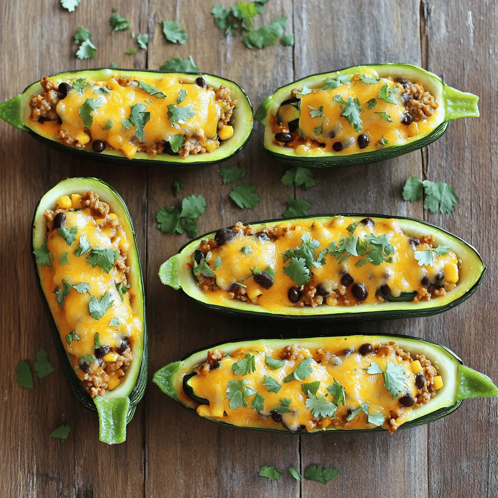 - 4 mittelgroße Zucchini - 450 g gemahlenes Puten- oder Rindfleisch - 1 Esslöffel Olivenöl - 1 kleine Zwiebel, gewürfelt - 2 Knoblauchzehen, gehackt - 1 Päckchen Taco-Gewürz - 1 Tasse schwarze Bohnen, abgetropft und abgespült - 1 Tasse Mais, frisch oder aus der Dose - 1 Tasse gewürfelte Tomaten - 1 Tasse geriebener Cheddar-Käse - Frischer Koriander, gehackt - Salz und Pfeffer nach Geschmack Die Hauptzutaten für die Taco gefüllten Zucchini-Boote sind einfach und lecker. Zucchini ist leicht und gesund. Das Puten- oder Rindfleisch gibt Geschmack und macht satt. Olivenöl sorgt für eine schöne Bräunung. Die weiteren Zutaten bringen Tiefe in den Geschmack. Zwiebeln und Knoblauch sind wichtig für die Basis. Taco-Gewürz gibt den typischen Mexiko-Geschmack. Die ergänzenden Zutaten sind eine tolle Ergänzung. Schwarze Bohnen sind proteinreich und gesund. Mais bringt Süße, und Tomaten sorgen für Frische. Für den Belag ist Cheddar-Käse ein Muss. Er schmilzt schön und macht alles cremig. Frischer Koriander gibt das besondere Aroma. Salz und Pfeffer runden das Ganze perfekt ab. Für das vollständige Rezept schauen Sie sich die Full Recipe an. Zuerst schneide ich die Zucchini der Länge nach in zwei Hälften. Mit einem Löffel entferne ich das innere Fruchtfleisch. Das schafft Platz für die Füllung. Dann streue ich etwas Salz in die Zucchini und lasse sie beiseite stehen. Das Salz hilft, die Feuchtigkeit zu entziehen und die Zucchini zu würzen. In einer großen Pfanne erhitze ich das Olivenöl bei mittlerer Hitze. Als Nächstes füge ich die gewürfelte Zwiebel hinzu und brate sie, bis sie weich und durchscheinend ist. Das dauert etwa 3-4 Minuten. Danach gebe ich den gehackten Knoblauch dazu und brate ihn für eine weitere Minute. Der Duft ist einfach köstlich! Jetzt füge ich das gemahlene Puten- oder Rindfleisch hinzu. Ich zerkleinere es mit einem Löffel und brate es, bis es braun ist. Das dauert 6-8 Minuten. Dann rühre ich das Taco-Gewürz unter und füge die schwarzen Bohnen, den Mais und die gewürfelten Tomaten hinzu. Ich lasse die Mischung 5 Minuten köcheln, damit sich die Aromen gut vermischen. Schließlich schmecke ich alles mit Salz und Pfeffer ab. Jetzt ist es Zeit, die Zucchini zu füllen. Ich nehme jede Zucchinihälfte und fülle sie sorgfältig mit der Fleischmischung. Ich drücke die Mischung leicht zusammen, damit sie gut gefüllt ist. Dann lege ich die gefüllten Zucchini in eine Auflaufform. Zum Schluss bestreue ich jede Zucchini mit einer großzügigen Portion geriebenem Cheddar-Käse. Ich backe die Zucchini-Boote im vorgeheizten Ofen für 25-30 Minuten, bis die Zucchini zart ist und der Käse goldbraun und sprudelnd aussieht. Nach dem Backen nehme ich die Zucchini aus dem Ofen und lasse sie etwas abkühlen. Dann garniere ich sie mit frisch gehacktem Koriander. Ich serviere die Zucchini-Boote auf einer großen Platte und füge einige Limettenscheiben hinzu. Die Limetten bringen einen frischen Geschmack! Das Gericht sieht nicht nur toll aus, es schmeckt auch fantastisch. Für das vollständige Rezept kannst du auf die Full Recipe "Taco Gefüllte Zucchini-Boote 🥒" zugreifen. Um die besten Zucchini zu finden, achte auf diese Merkmale: - Die Zucchini sollten fest und glatt sein. - Wähle Zucchini mit einer glänzenden Haut. - Vermeide Zucchini, die weich oder verbeult sind. Lagere die Zucchini im Kühlschrank. So bleiben sie frisch. Halte sie in einem offenen Beutel. Das lässt Luft zirkulieren und verhindert Schimmel. Für eine vegetarische Option kannst du das Fleisch einfach weglassen. Ersetze es durch schwarze Bohnen oder Linsen. Das gibt dir auch eine gute Proteinquelle. Zusätzlich kannst du mehr Gemüse hinzufügen. Paprika, Mais oder Spinat passen gut. Diese Optionen geben mehr Geschmack und Farbe. Sei kreativ mit den Zutaten! Um Zeit zu sparen, bereite die Zucchini-Boote im Voraus zu. Du kannst die Zucchini aushöhlen und die Füllung zubereiten. Bewahre beides getrennt im Kühlschrank auf. Wenn du übrig gebliebene Füllungen hast, lagere sie in einem luftdichten Behälter. So bleiben sie frisch für die nächsten Tage. Du kannst sie auch für andere Rezepte verwenden. {{image_4}} Um einen mediterranen Touch hinzuzufügen, kann man einige Zutaten anpassen. Verwenden Sie statt Rindfleisch oder Putenhack ein gemischtes Hack mit Lamm. Fügen Sie Feta-Käse und schwarze Oliven hinzu. Tomaten und Zucchini sind auch perfekt für die mediterrane Küche. Gewürze wie Oregano und Basilikum bringen frische Aromen. Diese Mischung sorgt für einen herzhaften und aromatischen Biss. Für mehr Schärfe wählen Sie scharfe Salsa und fügen Sie Jalapeños hinzu. Diese Zutaten geben den Zucchini-Boote einen echten Kick. Sie können die Menge der Jalapeños nach Ihrem Geschmack anpassen. Auch eine Guacamole als Dip passt gut dazu. Vergessen Sie nicht, frische Limette darüber zu träufeln, um den Geschmack zu intensivieren. Wenn Sie vegan essen, ersetzen Sie das Hackfleisch durch pflanzliches Hack. Es gibt viele gute Alternativen im Supermarkt. Veganer Käse aus Nüssen oder Soja kann als Käseersatz dienen. Achten Sie darauf, auch die Brühe oder Gewürze zu überprüfen. Diese Anpassungen machen die Zucchini-Boote nicht nur vegan, sondern auch lecker und nahrhaft. Probieren Sie die vegane Version für eine gesunde Mahlzeit. Für das vollständige Rezept schauen Sie sich die Full Recipe "Taco Gefüllte Zucchini-Boote 🥒" an. Lagern Sie die gefüllten Zucchini-Boote in einem luftdichten Behälter. Das hilft, die Frische zu bewahren. Sie können die Zucchini-Boote bis zu drei Tage im Kühlschrank aufbewahren. Stellen Sie sicher, dass sie vollständig abgekühlt sind, bevor Sie sie lagern. So bleibt der Geschmack erhalten. Um die Zucchini-Boote einzufrieren, lassen Sie sie zuerst abkühlen. Wickeln Sie jede Zucchini in Frischhaltefolie ein oder legen Sie sie in einen Gefrierbeutel. Sie können sie bis zu drei Monate einfrieren. Zum Wiederaufwärmen, lassen Sie sie über Nacht im Kühlschrank auftauen. Heizen Sie dann den Ofen auf 190°C vor und backen Sie sie für etwa 20 Minuten, bis sie heiß sind. Die Zucchini-Boote bleiben frisch, wenn Sie sie richtig lagern. Im Kühlschrank sind sie bis zu drei Tage haltbar. Wenn Sie sie einfrieren, können sie bis zu drei Monate genossen werden. Achten Sie darauf, die Zucchini-Boote gut zu verpacken, um Gefrierbrand zu vermeiden. So bleibt der köstliche Geschmack auch nach dem Einfrieren erhalten. Sie können die Füllung nach Ihrem Geschmack ändern. Probieren Sie statt Fleisch schwarze Linsen oder Quinoa. Fügen Sie mehr Gemüse wie Paprika oder Spinat hinzu. Für einen scharfen Kick können Sie Jalapeños verwenden. Experimentieren Sie mit verschiedenen Käsesorten, wie Feta oder Gouda. Ja, das ist möglich! Sie können die Zucchini vorbereiten und die Füllung am Tag vorher machen. Lagern Sie die gefüllten Zucchini in einem luftdichten Behälter im Kühlschrank. So sparen Sie Zeit, wenn Sie sie backen möchten. Taco-Gewürz eignet sich gut für viele Gerichte. Verwenden Sie es in Chili, Suppen oder auf Nachos. Auch in Salaten kann es eine tolle Note geben. Mischen Sie es in Reis oder Quinoa für zusätzlichen Geschmack. Servieren Sie die Zucchini-Boote mit einem frischen Salat. Guacamole und Salsa sind ebenfalls gute Beilagen. Auch Reis oder Tortillas passen gut dazu und machen das Gericht komplett. Die Vorbereitung dauert etwa 15 Minuten. Die gesamte Kochzeit beträgt rund 45 Minuten. So sind die Zucchini-Boote schnell und einfach zubereitet. Das vollständige Rezept finden Sie unter “Taco Gefüllte Zucchini-Boote 🥒”. Dort sind alle Schritte und Zutaten aufgelistet. Die vorgestellten Zucchini-Boote sind einfach und lecker. Du hast gelernt, welche Zutaten und Schritte nötig sind, um sie zuzubereiten. Die Variationen machen sie noch spannender. Ob mit Fleisch, vegan oder mediterran, es gibt viele Möglichkeiten. Denk daran, dass du diese Gesundmacher im Voraus vorbereiten und aufbewahren kannst. Sie sind perfekt für eine schnelle Mahlzeit. Probiere sie aus und finde deine Lieblingsversion!