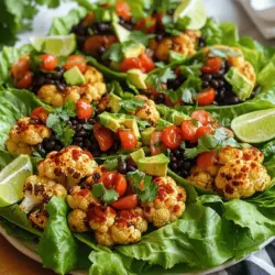 - Blumenkohl: Blumenkohl ist die Hauptzutat der Taco-Boote. Er hat einen milden Geschmack. Er nimmt die Gewürze gut auf und wird beim Rösten zart. Verwende frischen Blumenkohl für besten Geschmack. - Olivenöl: Olivenöl hilft den Röschen, knusprig zu werden. Es gibt den Taco-Boote auch eine feine Note. Bei der Auswahl, achte auf hochwertiges, natives Olivenöl. - Gewürze: Gewürze sind wichtig für den Geschmack. Verwende geräucherten Paprika, Kreuzkümmel und Chili-Pulver. Diese Gewürze bringen Wärme und Tiefe in jedes Gericht. Mische sie gut mit dem Blumenkohl. - Schwarze Bohnen: Diese Bohnen sind proteinreich und machen die Taco-Boote sättigender. Sie fügen auch eine schöne Textur hinzu. Spüle sie gut ab, bevor du sie verwendest. - Cherrytomaten: Die süßen Cherrytomaten bringen Frische. Sie sind bunt und machen das Gericht ansprechend. Halbiere sie und mische sie mit den Bohnen. - Avocado: Avocado sorgt für Cremigkeit. Sie balanciert die Gewürze und macht das Gericht reichhaltiger. Würfle die Avocado kurz vor dem Servieren, damit sie frisch bleibt. - Verwendung von Kopfsalat: Kopfsalat dient als Boot für die Füllung. Wähle große Blätter für beste Ergebnisse. Sie sind knusprig und gesund. - Limettensaft: Ein Spritzer Limettensaft bringt Frische und hilft, die Aromen zu heben. Dieser saure Geschmack passt gut zu den Gewürzen. - Frischer Koriander: Koriander ist ein tolles Kraut für einen frischen Kick. Er bringt Farbe und Geschmack. Hacke ihn fein und streue ihn über die Taco-Boote. Für die genauen Mengen und Schritte, schau dir das [Full Recipe] an. Heize deinen Ofen auf 200°C (400°F) vor. Dies sorgt für eine perfekte Röstung des Blumenkohls. Nimm dann den Blumenkohl und zerteile ihn in kleine Röschen. Achte darauf, dass die Stücke gleichmäßig sind. So garen sie gleichmäßig. Gib die Blumenkohlröschen in eine große Schüssel. Füge 2 Esslöffel Olivenöl hinzu. Streue 1 Teelöffel geräucherten Paprika, 1 Teelöffel Kreuzkümmel und 1/2 Teelöffel Chili-Pulver darüber. Würze mit Salz und Pfeffer. Mische alles gut durch. Verteile den gewürzten Blumenkohl auf einem Backblech. Röste ihn für 25-30 Minuten. Rühre den Blumenkohl nach 15 Minuten um. So wird er schön gleichmäßig knusprig. Während der Blumenkohl röstet, bereite die Toppings vor. In einer Schüssel vermische 1/2 Tasse schwarze Bohnen, 1 Tasse halbierte Cherrytomaten, 1 gewürfelte Avocado und 1/4 Tasse gehackten Koriander. Füge den Saft von 1 Limette hinzu und mische alles vorsichtig. Wenn der Blumenkohl fertig ist, nimm ihn aus dem Ofen und lass ihn kurz abkühlen. Nimm ein großes Blatt Kopfsalat und fülle es mit dem Blumenkohl. Toppe es mit der Bohnen-Avocado-Mischung. Wiederhole dies für alle Blätter. Für das vollständige Rezept, siehe [Full Recipe]. Um den Blumenkohl perfekt zu rösten, wende die Röschen während des Garens. Das sorgt für eine gleichmäßige Röstung. Ich empfehle, die Röschen nach 15 Minuten zu drehen. So werden sie goldbraun und knusprig. Achte darauf, dass die Röstzeit etwa 25 bis 30 Minuten beträgt. Du kannst die Zeit anpassen, je nach Ofen und Größe der Röschen. Um den Geschmack zu verstärken, kannst du die Gewürze variieren. Probiere zum Beispiel geriebenen Käse oder scharfe Soßen. Diese geben den Taco-Boote einen zusätzlichen Kick. Füge auch frische Zutaten hinzu, wie Jalapeños oder Radieschen. Diese Toppings bringen Farbe und Textur hinein. Die Präsentation macht viel aus. Arrangiere die Taco-Boote auf einem großen Tablett. Das sieht einladend aus und hilft beim Servieren. Nutze frische Garnierungen wie Koriander und Limettenkeile. Diese machen das Gericht nicht nur schöner, sondern bringen auch zusätzlichen Geschmack. Wenn du möchtest, kannst du auch eine Salsa daneben stellen. So ist alles bereit für deine Gäste. Für das volle Rezept, schau dir die [Full Recipe] an. {{image_4}} Du kannst die Blumenkohl-Taco-Boote mit anderen Gemüsesorten ausprobieren. Süßkartoffeln sind eine großartige Wahl. Sie haben einen süßen Geschmack und sind nahrhaft. Einfach die Süßkartoffeln in kleine Stücke schneiden und im Ofen rösten. Paprika ist ein weiteres leckeres Gemüse. Sie bringen Farbe und Crunch in deine Taco-Boote. Wähle rote, gelbe oder grüne Paprika. Schneide sie in Streifen und röste sie zusammen mit dem Blumenkohl. Um mehr Protein hinzuzufügen, sind Tofu und Tempeh ideal. Tofu kann einfach gewürzt und gebraten werden. Schneide ihn in Würfel und brate ihn leicht an. So wird er knusprig und lecker. Tempeh ist ebenfalls eine tolle Option. Es hat einen nussigen Geschmack und ist sehr gesund. Schneide ihn in dünne Scheiben, brate ihn an und füge ihn zu deinen Taco-Boote hinzu. Die richtige Salsa kann dein Gericht aufpeppen. Mango-Salsa ist eine süße und fruchtige Wahl. Sie passt gut zum würzigen Blumenkohl. Mache sie einfach aus frischer Mango, Zwiebel und Limette. Jalapeno-Salsa bringt eine scharfe Note. Sie ist perfekt für alle, die es scharf mögen. Du kannst frische Jalapenos mit Tomaten und Koriander mischen. Diese Variationen machen deine Spicy Cauliflower Taco Boats noch interessanter. Probiere sie aus und entdecke neue Kombinationen. Für das vollständige Rezept schau dir den [Full Recipe] an. Bewahre die Taco-Boote im Kühlschrank auf. Sie bleiben frisch, wenn du sie in einem luftdichten Behälter lagerst. So schütze ich die Zutaten vor dem Austrocknen. Die frischen Aromen bleiben erhalten. Du kannst die Taco-Boote bis zu drei Tage aufbewahren. Wenn du einige Zutaten nicht sofort verwendest, kannst du sie einfrieren. Blumenkohl lässt sich gut einfrieren. Teile ihn in kleine Portionen auf. So bleibt er länger frisch. Die Taco-Boote selbst sind weniger gut zum Einfrieren geeignet. Sie werden matschig, wenn du sie einfrierst. Lagere stattdessen die Zutaten getrennt. Um die Taco-Boote aufzuwärmen, benutze den Ofen. Heize ihn auf 180°C vor. Lege die Taco-Boote auf ein Backblech. Erhitze sie für etwa 10 Minuten. So bleiben sie knusprig. Du kannst auch die Mikrowelle nutzen, aber das macht sie weich. Um Matschen zu vermeiden, wärme die Füllungen getrennt auf. So bleiben die Texturen schön. Um die Taco-Boote vegan zu machen, ersetze die Bohnen durch Linsen. Das gibt dir eine gute Proteinquelle. Für die Avocado kannst du auch eine Guacamole verwenden. Diese ist cremig und lecker. Wenn du keinen Koriander magst, probiere Petersilie oder Schnittlauch. Diese Kräuter geben Geschmack ohne die Schärfe von Koriander. Ja, du kannst die Taco-Boote im Voraus machen. Roste den Blumenkohl und lagere ihn in einem Luftdichten Behälter. Du kannst auch die Toppings vorbereiten. Halte sie in separaten Behältern. So bleibt alles frisch. Wenn du bereit bist zu essen, baue die Taco-Boote einfach zusammen. Das ist schnell und einfach. Zu diesen Taco-Boats passen viele Beilagen. Eine frische Salsa oder eine scharfe Sauce sind großartige Optionen. Auch ein einfacher grüner Salat passt gut dazu. Wenn du etwas trinken möchtest, sind Limonade oder ein leichter Weißwein gute Begleiter. Diese Getränke ergänzen die Aromen der Taco-Boote perfekt. Zusammenfassend haben wir die wichtigsten Komponenten und Schritte für Blumenkohl-Taco-Boote betrachtet. Wir haben die Hauptzutaten, die Zubereitung und kreative Variationen besprochen. Für das perfekte Ergebnis könnten Sie mit Gewürzen und Toppings experimentieren. Denken Sie daran, dass Lagerung und Aufwärmen entscheidend sind, um die Frische zu bewahren. Diese Taco-Boote sind nicht nur lecker, sondern auch gesund. Probieren Sie sie aus und genießen Sie Ihre kreativen Kochversuche!