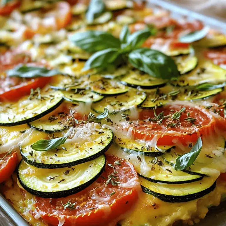 Für den perfekten Zucchini-Tomaten-Bake brauchen wir frische und einfache Zutaten. Hier ist die Liste: - 3 mittelgroße Zucchini, dünn geschnitten - 4 reife Tomaten, dick geschnitten - 1 Tasse geriebener Mozzarella-Käse - 1/2 Tasse geriebener Parmesan-Käse - 1 mittelgroße Zwiebel, fein gehackt - 2 Knoblauchzehen, zerdrückt - 1 Esslöffel Olivenöl Diese Zutaten bilden die Grundlage für ein schmackhaftes Gericht. Zucchini und Tomaten bringen viel Saftigkeit und Geschmack. Die Gewürze und Käse machen den Zucchini-Tomaten-Bake besonders lecker. Wir verwenden: - 1 Teelöffel getrockneter Oregano - 1 Teelöffel getrocknetes Basilikum - Salz und Pfeffer nach Geschmack - Frische Basilikumblätter zur Garnierung Oregano und Basilikum ergänzen die Aromen. Der Mozzarella und Parmesan geben dem Gericht eine köstliche, cremige Note. Wenn du spezielle Ernährungsbedürfnisse hast, gibt es viele Optionen. Für eine glutenfreie Variante kannst du sicherstellen, dass alle Zutaten glutenfrei sind. Wenn du vegan isst, ersetze den Käse durch pflanzliche Alternativen. Du kannst auch die Zucchini durch Auberginen oder Paprika ersetzen, um neue Geschmäcker zu entdecken. Wenn du mehr über das Rezept erfahren möchtest, schau dir das Full Recipe an. Zuerst heizen Sie Ihren Ofen auf 190°C vor. Dann schneiden Sie die Zucchini und Tomaten. Verwenden Sie frische Zutaten für den besten Geschmack. Hacken Sie die Zwiebel und zerdrücken Sie den Knoblauch. Das gibt Ihrem Gericht mehr Aroma. Erhitzen Sie das Olivenöl in einer Pfanne. Fügen Sie die Zwiebeln hinzu und braten Sie sie glasig. Das dauert etwa fünf Minuten. Geben Sie dann den Knoblauch dazu und braten Sie ihn weitere zwei Minuten. Jetzt haben Sie die Basis für den Zucchini-Tomaten-Bake. Nehmen Sie eine Auflaufform von 23x33 cm. Legen Sie die erste Schicht Zucchini gleichmäßig auf den Boden. Dann geben Sie die Zwiebel-Knoblauch-Mischung darauf. Darauf folgen die Tomatenscheiben. Streuen Sie die Hälfte des Käses darüber. Wiederholen Sie diese Schichten. Das sorgt für ein tolles Geschmackserlebnis. Über die letzte Käseschicht kommen die Gewürze. Verwenden Sie Oregano, Basilikum, Salz und Pfeffer. Diese Gewürze bringen das Gericht zum Leben. Decken Sie die Auflaufform mit Aluminiumfolie ab. Backen Sie den Auflauf 30 Minuten im Ofen. Entfernen Sie dann die Folie und backen Sie weitere 15 Minuten. Achten Sie darauf, dass der Käse goldbraun wird. Nach dem Backen lassen Sie das Gericht kurz abkühlen. Dann schneiden Sie es in Stücke. Garnieren Sie den Bake mit frischen Basilikumblättern. Servieren Sie ihn warm mit Brot oder einem Salat. Das macht Ihr Essen komplett. Genießen Sie diese köstliche Zucchini-Tomaten-Delikatesse! Für das vollständige Rezept, schauen Sie hier: [Full Recipe]. Wählen Sie frische Zucchini aus. Achten Sie auf eine glatte, glänzende Haut. Die Zucchini sollte fest sein und keine weichen Stellen haben. Kleinere Zucchini sind oft zarter und schmecken besser. Sie können auch verschiedene Farben ausprobieren. Gelbe Zucchini sind süß und lecker. Experimentieren Sie mit verschiedenen Käsesorten. Feta oder Ricotta geben einen besonderen Geschmack. Sie können auch Gouda oder Cheddar verwenden. Mischen Sie Käsesorten für mehr Tiefe. Verwenden Sie frischen Käse für den besten Geschmack. Bedecken Sie die Schichten gleichmäßig für ein schönes Aussehen. Fügen Sie frische Kräuter wie Thymian oder Rosmarin hinzu. Diese Kräuter bringen einen tollen Duft. Verwenden Sie auch frischen Pfeffer für mehr Schärfe. Ein Spritzer Zitronensaft kann das Gericht aufhellen. Probieren Sie verschiedene Gewürze aus, um Ihre eigene Note zu finden. Genießen Sie das Kochen und seien Sie kreativ! {{image_4}} Du kannst deinen Zucchini-Tomaten-Bake leicht variieren. Füge einfach mehr Gemüse hinzu. Zum Beispiel: - Paprika - Auberginen - Spinat Das Gemüse bringt neue Farben und Texturen. Es macht das Gericht bunter und nährstoffreicher. Achte darauf, dass du das Gemüse gleichmäßig schneidest. So garen sie gleichmäßig im Ofen. Wenn du eine vegetarische oder vegane Option suchst, ist das einfach. Verwende pflanzliche Käsesorten. Es gibt viele leckere vegane Käsealternativen. Du kannst auch Nüsse oder Hefeflocken verwenden. Diese geben einen tollen Geschmack. Ersetze das Olivenöl durch Kokosöl oder vegane Butter. So bleibt das Gericht rein pflanzlich. Für eine glutenfreie Version ist der Zucchini-Tomaten-Bake perfekt geeignet. Die Zutaten enthalten kein Gluten. Achte jedoch darauf, glutenfreie Käsesorten zu wählen. Diese gibt es mittlerweile in den meisten Geschäften. Du kannst auch glutenfreies Brot als Beilage servieren. So hast du eine vollwertige, glutenfreie Mahlzeit. Für mehr Details kannst du das [Full Recipe] ansehen. Wenn Sie Reste vom Zucchini-Tomaten-Bake haben, bewahren Sie sie einfach auf. Lassen Sie das Gericht zuerst abkühlen. Nutzen Sie dann einen luftdichten Behälter. Legen Sie das Gericht vorsichtig hinein. So bleibt es frisch. Lagern Sie es im Kühlschrank. Es hält sich dort etwa drei bis vier Tage. Möchten Sie den Zucchini-Tomaten-Bake einfrieren? Das ist eine tolle Idee! Lassen Sie ihn komplett abkühlen. Schneiden Sie ihn in Portionen. Wickeln Sie jede Portion in Frischhaltefolie. Legen Sie die Portionen in einen Gefrierbeutel. So bleibt der Geschmack erhalten. Sie können den Bake bis zu drei Monate einfrieren. Das Aufwärmen ist ganz einfach. Nehmen Sie den Bake aus dem Kühlschrank oder Gefrierfach. Wenn er gefroren ist, lassen Sie ihn zuerst im Kühlschrank auftauen. Heizen Sie dann den Ofen auf 180°C vor. Legen Sie den Bake in eine Auflaufform. Decken Sie ihn mit Alufolie ab. Backen Sie ihn für 20 bis 25 Minuten. So bleibt er saftig und lecker. Wenn Sie es schneller mögen, können Sie die Mikrowelle nutzen. Erwärmen Sie ihn in kurzen Abständen. Kontrollieren Sie die Temperatur, bis er heiß ist. Genießen Sie Ihren Zucchini-Tomaten-Bake wieder! Wenn du keinen Mozzarella hast, benutze Gouda oder Cheddar. Diese Käsesorten schmelzen gut. Du kannst auch veganen Käse wählen, wenn du pflanzliche Optionen suchst. Experimentiere mit verschiedenen Käsesorten, um den besten Geschmack zu finden. Der Zucchini-Tomaten-Bake hält sich gut im Kühlschrank. Du kannst ihn bis zu fünf Tage aufbewahren. Stelle sicher, dass du ihn in einem luftdichten Behälter lagerst. Wenn du ihn länger aufbewahren möchtest, friere ihn ein. So bleibt er bis zu drei Monate frisch. Ja, dieses Gericht ist perfekt für Meal Prep. Du kannst es im Voraus zubereiten und portionsweise aufbewahren. Einfach aufwärmen, wenn du es essen möchtest. Es schmeckt auch am nächsten Tag noch gut, da die Aromen Zeit haben, sich zu entfalten. Du findest die vollständige Anleitung im Full Recipe. Der Zucchini-Tomaten-Bake ist einfach und lecker. Wir haben die besten Zutaten, Tipps und Variationen besprochen. Die richtige Wahl der Zucchini ist wichtig für Geschmack und Textur. Auch haben wir die Lagerung und Aufwärmmöglichkeiten behandelt. Experimentiere mit deinem eigenen Rezept. Probiere neue Gemüsesorten oder Käse. Dieser Bake ist vielseitig und passt zu vielen Ernährungsweisen. Er ist eine tolle Methode, mehr Gemüse in deine Mahlzeiten zu bringen.
