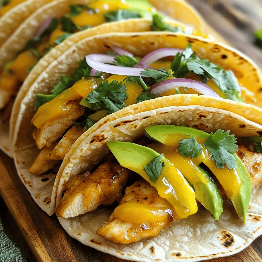 - 2 Hähnchenbrustfilets - 1 reife Mango - Gewürze: Chilipulver, Kreuzkümmel, Salz und Pfeffer Die Hauptzutaten für die Spicy Mango Glazed Chicken Tacos sind einfach und frisch. Zuerst benötigen wir zwei Hähnchenbrustfilets. Diese sind zart und lassen sich gut marinieren. Dann kommt die reife Mango. Diese bringt eine süße und fruchtige Note ins Spiel. Die Gewürze verleihen dem Gericht den richtigen Kick. Chilipulver sorgt für Schärfe, während Kreuzkümmel einen warmen Geschmack liefert. Salz und Pfeffer sind wichtig, um alles abzurunden. - Honig, Sojasauce, Limettensaft - Maistortillas, Avocado, rote Zwiebel, frischer Koriander Für den köstlichen Geschmack der Tacos brauchen wir einige ergänzende Zutaten. Honig gibt der Mango-Glasur eine süße Tiefe. Sojasauce fügt umami hinzu, und Limettensaft bringt Frische. Diese Zutaten helfen, die Glasur perfekt zu machen. Die Maistortillas sind die Basis für unsere Tacos. Sie sind weich und nehmen die Füllung gut auf. Avocado macht die Tacos cremig. Rote Zwiebel gibt einen knackigen Biss. Frischer Koriander sorgt für ein grünes, frisches Finish. - Portionsgröße und Kalorienzahl - Empfehlungen und Tipps zur Anpassung Die Spicy Mango Glazed Chicken Tacos sind für vier Portionen gedacht. Jede Portion hat etwa 400 Kalorien. Das ist eine gute Menge für ein leichtes Abendessen. Wenn du weniger Kalorien willst, verwende weniger Honig. Du kannst auch mehr Gemüse wie Paprika oder Mais hinzufügen. So wird die Mahlzeit gesünder. Für eine würzigere Variante füge frische Jalapeños hinzu. Es gibt viele Möglichkeiten, die Tacos anzupassen. Probier es aus und finde deinen eigenen Geschmack! Um die Mango-Glasur zu machen, nehme ich eine reife Mango. Ich schneide sie in kleine Würfel. Dann gebe ich die Mango, Honig, Sojasauce, Limettensaft, Chilipulver und Kreuzkümmel in einen Mixer. Ich püriere alles, bis die Mischung ganz glatt ist. Wenn du es süßer magst, füge mehr Honig hinzu. Für einen schärferen Geschmack kannst du mehr Chilipulver verwenden. Ich schneide zwei Hähnchenbrustfilets in gleichmäßige Stücke. Die Marinierzeit beträgt mindestens 30 Minuten. Für mehr Geschmack marinieren ich sie bis zu 2 Stunden. Ich gebe die Hähnchenstücke in einen großen Beutel oder eine Schüssel. Dann gieße ich die Hälfte der Mango-Glasur darüber. Ich stelle sicher, dass alle Stücke gut bedeckt sind. Ich erhitze das Olivenöl in einer Pfanne bei mittlerer bis hoher Hitze. Das Hähnchen kommt in die Pfanne, wenn das Öl heiß ist. Ich brate es für etwa 6-7 Minuten pro Seite. Es sollte goldbraun und durchgegart sein. In den letzten Minuten gieße ich die restliche Mango-Glasur über das Hähnchen. So wird der Geschmack intensiver. - Wichtigkeit des Rastenlassens: Lassen Sie das Hähnchen nach dem Braten ruhen. Dies hilft den Säften, sich zu setzen. Das macht das Fleisch zarter und saftiger. - Wie man das Hähnchen saftig hält: Marinieren Sie das Hähnchen mindestens 30 Minuten. Dies gibt dem Fleisch Geschmack und hält es feucht. Verwenden Sie die Mango-Glasur, um es während des Bratens zu bestreichen. So bleibt das Hähnchen lecker und aromatisch. - Anrichten der Tacos: Füllen Sie die warmen Tortillas mit Hähnchenstreifen. Achten Sie darauf, die Füllung gleichmäßig zu verteilen. So hat jeder Biss den perfekten Geschmack. - Garniturideen für eine ansprechende Optik: Garnieren Sie die Tacos mit Avocadoscheiben und roten Zwiebeln. Fügen Sie frischen Koriander hinzu für einen schönen Farbkontrast. Limettenscheiben reichen Sie dazu für extra Frische. - Beilagen, die gut zu Tacos passen: Servieren Sie die Tacos mit einem frischen Salat oder Reis. Auch schwarze Bohnen sind eine gute Wahl. Sie ergänzen die Aromen perfekt. - Getränkeempfehlungen zur Abrundung des Gerichts: Ein kaltes Bier oder ein erfrischender Cocktail passt gut dazu. Auch ein spritziger Limettensaft bringt das Gericht zum Strahlen. {{image_4}} Für eine fleischfreie Option können Sie Tofu oder Tempeh verwenden. Diese Zutaten nehmen die Aromen gut auf. Marinieren Sie sie in der Mango-Glasur, wie beim Hähnchen. Ändern Sie die Glasur, um Süße und Schärfe anzupassen. Zum Beispiel können Sie mehr Honig für eine süßere Note hinzufügen oder Chilipulver erhöhen, um es schärfer zu machen. Experimentieren Sie mit verschiedenen Obstsorten für die Glasur. Ananas oder Pfirsiche bieten einen neuen Twist. Sie können auch frische Jalapeños hinzufügen, um den Tacos mehr Schärfe zu verleihen. Diese Varianten machen das Gericht aufregend und köstlich. Verwenden Sie Vollkorn- oder glutenfreie Tortillas für eine gesündere Wahl. Diese Optionen sind nahrhaft und passen gut zu den Füllungen. Sie können auch die Füllungen nach Ihrem Geschmack anpassen. Probieren Sie schwarze Bohnen oder gegrilltes Gemüse, um mehr Vielfalt zu schaffen. Um die Tacos frisch zu halten, lege sie in einen luftdichten Behälter. So verhinderst du, dass sie austrocknen. Stelle den Behälter in den Kühlschrank. Dort bleiben die Tacos für zwei bis drei Tage gut. Wenn du die Füllung getrennt aufbewahrst, hält sie sich länger. Wenn du die Tacos länger aufbewahren möchtest, friere die Füllung ein. Du kannst das Hähnchen und die Mango-Glasur in einem gefrierfesten Beutel lagern. Drücke die Luft heraus, bevor du sie verschließt. So bleibt die Frische beim Auftauen erhalten. Zum Auftauen lege die Füllung einfach über Nacht in den Kühlschrank. Um die Tacos wieder aufzuwärmen, nutze eine Pfanne oder die Mikrowelle. In der Pfanne, erwärme sie bei mittlerer Hitze. So bleiben sie knusprig. In der Mikrowelle, erwärme sie in kurzen Intervallen. So verhinderst du, dass sie trocken werden. Füge etwas Wasser in den Behälter, wenn du die Mikrowelle nutzt. So bleibt die Feuchtigkeit erhalten. Für die vollständige Zubereitung schau dir das Rezept für würzige Mango-gläserte Hähnchentacos an. Die Tacos bleiben im Kühlschrank 2 bis 3 Tage frisch. Lagern Sie sie in einem luftdichten Behälter. Wenn Sie die Tacos einfrieren möchten, können Sie das Hähnchen und die Glasur getrennt aufbewahren. Gefroren halten sie bis zu 3 Monate. Lassen Sie die Tacos im Kühlschrank auftauen, bevor Sie sie aufwärmen. Ja, Sie können die Zutaten im Voraus vorbereiten. Marinieren Sie das Hähnchen bis zu 2 Stunden vorher. Sie können die Mango-Glasur am Vortag machen. Die Tortillas lassen sich gut aufbewahren, wenn Sie sie in einer Plastiktüte lagern. Bereiten Sie auch das Gemüse vor, um Zeit zu sparen. Diese Tacos harmonieren gut mit frischem Salat oder Reis. Eine scharfe Salsa passt ebenfalls sehr gut. Für Getränke empfehle ich eine frische Limonade oder ein leichtes Bier. Wenn Sie ein Dessert möchten, probieren Sie einen fruchtigen Sorbet. In diesem Blogbeitrag haben wir ein einfaches Rezept für Spicy Mango Glazed Chicken Tacos besprochen. Du hast gelernt, welche Haupt- und ergänzenden Zutaten du benötigst, sowie Schritt-für-Schritt-Anleitungen zur Zubereitung. Tipps zur optimalen Präsentation und Variationen machen das Gericht vielseitig. Die Aufbewahrung und häufige Fragen wurden ebenfalls behandelt. Denke daran, die Tacos nach deinem Geschmack anzupassen und genießen!