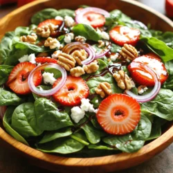 Für diesen frischen Erdbeer-Spinat-Salat brauchst du einige einfache Zutaten. Hier sind sie: - 4 Tassen frische Babyspinatblätter, gründlich gewaschen und getrocknet - 1 Tasse Erdbeeren, entkelcht und in Scheiben geschnitten - 1/2 Tasse zerbröckelter Feta-Käse - 1/4 Tasse geröstete Walnüsse oder Pekannüsse - 1/4 rote Zwiebel, dünn geschnitten - 2 Esslöffel Balsamico-Essig - 1 Esslöffel Honig - 3 Esslöffel Olivenöl - Salz und Pfeffer nach Geschmack Wenn du frische Erdbeeren kaufst, schau dir die Farbe an. Sie sollten rot und glänzend sein. Achte darauf, dass sie keine dunklen Flecken haben. Der Duft ist auch wichtig. Wenn sie süß riechen, sind sie frisch. Drücke leicht auf die Beeren. Sie sollten fest, aber nicht hart sein. Vermeide Beeren, die matschig oder weich sind. Kaufe sie am besten in der Saison, wenn sie am frischesten sind. Du kannst den Salat nach deinem Geschmack anpassen. Füge zum Beispiel Avocado für Cremigkeit hinzu. Oder probiere ein paar frische Kräuter wie Basilikum oder Minze. Für einen extra Crunch kannst du auch geröstete Sonnenblumenkerne verwenden. Wenn du es süßer magst, füge ein paar Stücke Mango oder Ananas hinzu. Die Möglichkeiten sind endlos! Für das vollständige Rezept schaue bitte in den Abschnitt "Frischer Erdbeer-Spinat-Salat". Zuerst wasche die frischen Babyspinatblätter gut. Trockne sie danach vorsichtig ab. Nimm dann die Erdbeeren, entferne die Stiele und schneide sie in dünne Scheiben. Zerbröckle den Feta-Käse in kleine Stücke. Wenn du Nüsse verwendest, röste sie kurz in einer Pfanne für mehr Geschmack. Schneide die rote Zwiebel in feine Ringe. Achte darauf, dass alles gut vorbereitet ist, bevor du mit der Zubereitung beginnst. Nimm eine große Schüssel und lege die Babyspinatblätter hinein. Verteilt die Erdbeeren gleichmäßig darüber, damit sie schön aussehen. Streue den zerbröckelten Feta-Käse und die Nüsse über den Salat. Füge die roten Zwiebelringe hinzu. Diese geben dem Salat einen tollen Geschmack. Mische alles vorsichtig, sodass die Zutaten gut verteilt sind. In einer kleinen Schüssel vermischst du Balsamico-Essig, Honig und Olivenöl. Füge eine Prise Salz und Pfeffer hinzu. Verquirle die Mischung gut mit einem kleinen Schneebesen oder einer Gabel. Gieße das Dressing gleichmäßig über den Salat. Mische alles vorsichtig, damit der Salat gut mit dem Dressing überzogen ist. Probiere den Salat und füge nach Bedarf mehr Salz oder Pfeffer hinzu. Dein Frischer Erdbeer-Spinat-Salat ist jetzt bereit zum Servieren! Für die besten Ergebnisse solltest du ihn sofort genießen. Du findest das ganze Rezept unter [Full Recipe]. Um deinen Erdbeer-Spinat-Salat frisch zu halten, lagere ihn im Kühlschrank. Verwende eine luftdichte Schüssel, um die Feuchtigkeit zu bewahren. Du kannst auch die Dressing-Zutaten getrennt aufbewahren. So bleibt der Salat knackig und die Aromen frisch. Vermeide es, den Salat zu lange bei Raumtemperatur stehen zu lassen. Das kann die Qualität ruinieren. Die richtige Würze macht den Unterschied. Beginne mit dem Grundrezept für das Dressing. Mische Balsamico-Essig, Honig und Olivenöl. Füge eine Prise Salz und Pfeffer hinzu. Für mehr Tiefe kannst du auch Dijon-Senf oder Zitronensaft probieren. Diese Zutaten bringen noch mehr Geschmack. Taste das Dressing ab und passe es an, bis es dir gefällt. Eine schöne Präsentation macht Freude! Lege den Salat auf einem großen Teller an. Arrangiere die Erdbeeren so, dass sie gut sichtbar sind. Streue den Feta-Käse gleichmäßig darüber. Du kannst auch ganze Erdbeeren für das Auge darauf legen. Verwende frische Kräuter wie Minze oder Basilikum als Garnitur. Sie bringen Farbe und Aroma. So sieht dein Salat nicht nur lecker aus, sondern schmeckt auch fantastisch. {{image_4}} Für einen vegetarischen Erdbeer-Spinat-Salat lasse den Feta-Käse weg. Du kannst stattdessen Avocado hinzufügen. Avocado bringt eine cremige Textur und gesunde Fette. Wenn du eine vegane Option willst, nimm ein pflanzliches Dressing. Ein Dressing auf Basis von Nüssen oder Tahini passt gut dazu. So bleibt der Salat frisch und lecker. Um den Salat sättigender zu machen, füge Hähnchenbrust hinzu. Gegrilltes Hähnchen bringt tollen Geschmack. Du kannst auch Quinoa verwenden. Diese Mischung ist gesund und macht den Salat nahrhaft. Koche die Quinoa vorher und lasse sie abkühlen, bevor du sie hinzufügst. Beide Optionen bieten wertvolles Protein. Nutze saisonale Früchte für Abwechslung. Im Sommer sind Pfirsiche oder Melonen lecker. Im Herbst kannst du Äpfel oder Birnen verwenden. Diese Früchte harmonieren gut mit Spinat. Du kannst auch Nüsse oder Samen im Wechsel verwenden, je nach Saison. So bleibt dein Salat spannend und frisch. Wenn du mehr über die Zubereitung erfahren möchtest, schau dir das Full Recipe an. Um deinen frischen Erdbeer-Spinat-Salat gut zu lagern, solltest du ein paar Dinge beachten. Bewahre den Salat in einem luftdichten Behälter auf. Das hilft, die Frische zu halten. Lege ein Papiertuch in den Behälter. Es nimmt überschüssige Feuchtigkeit auf. Das verhindert, dass der Salat matschig wird. Stelle den Behälter in den Kühlschrank. So bleibt der Salat knackig und frisch. Der Erdbeer-Spinat-Salat hält sich etwa zwei bis drei Tage im Kühlschrank. Achte darauf, das Dressing separat zu lagern. Mische das Dressing erst kurz vor dem Servieren mit dem Salat. So bleiben die Zutaten frisch und knackig. Wenn du den Salat länger lagern möchtest, verwende die Zutaten möglichst frisch. Für das Dressing ist es wichtig, eine gute Lagerung zu wählen. Bewahre das Dressing in einem kleinen Glas oder einem anderen luftdichten Behälter auf. So bleibt es bis zu einer Woche haltbar. Bei den Zutaten solltest du die Erdbeeren und den Spinat getrennt lagern. Halte sie in ihren Originalverpackungen oder in einem Behälter. So bleibt die Qualität erhalten. Überlege auch, ob du die Nüsse separat aufbewahren willst. Sie schmecken frisch am besten. Für das volle Geschmackserlebnis verwende die Zutaten frisch und kombiniere sie erst kurz vor dem Servieren. Erdbeer-Spinat-Salat ist sehr vielseitig. Du kannst frisches Brot oder gegrilltes Hähnchen servieren. Auch Lachs passt gut dazu. Wenn du etwas Süßes magst, probiere Mandarinen oder Avocado. Nüsse wie Mandeln oder Walnüsse geben einen tollen Crunch. Diese Kombinationen machen den Salat noch köstlicher. Ja, du kannst den Salat im Voraus machen. Bereite die Zutaten vor, aber mische sie nicht sofort. Halte das Dressing getrennt, um den Salat frisch zu halten. Du kannst ihn bis zu ein paar Stunden im Voraus zubereiten. So bleiben die Blätter knackig und die Aromen frisch. Die Zutaten in diesem Salat sind sehr gesund. Spinat ist reich an Eisen und Vitaminen. Erdbeeren bieten viele Antioxidantien und sind gut für das Herz. Feta-Käse hat weniger Fett als andere Käsesorten. Nüsse liefern gesunde Fette und Proteine. Dieser Salat ist nicht nur lecker, sondern auch nahrhaft. Der Erdbeer-Spinat-Salat ist frisch, gesund und lecker. Wir haben die Hauptzutaten besprochen und Tipps zur Auswahl von Erdbeeren gegeben. Du kannst den Salat leicht zubereiten und variieren. Eine gute Lagerung ist wichtig, um den Geschmack zu erhalten. Denk daran, Fragen zur Zubereitung und den Gesundheitsvorteilen zu klären. Probiere neue Varianten aus, um den Salat spannend zu halten. Mit diesen Tipps wirst du deinen Salat genießen und Freunden servieren. Viel Spaß beim Ausprobieren!