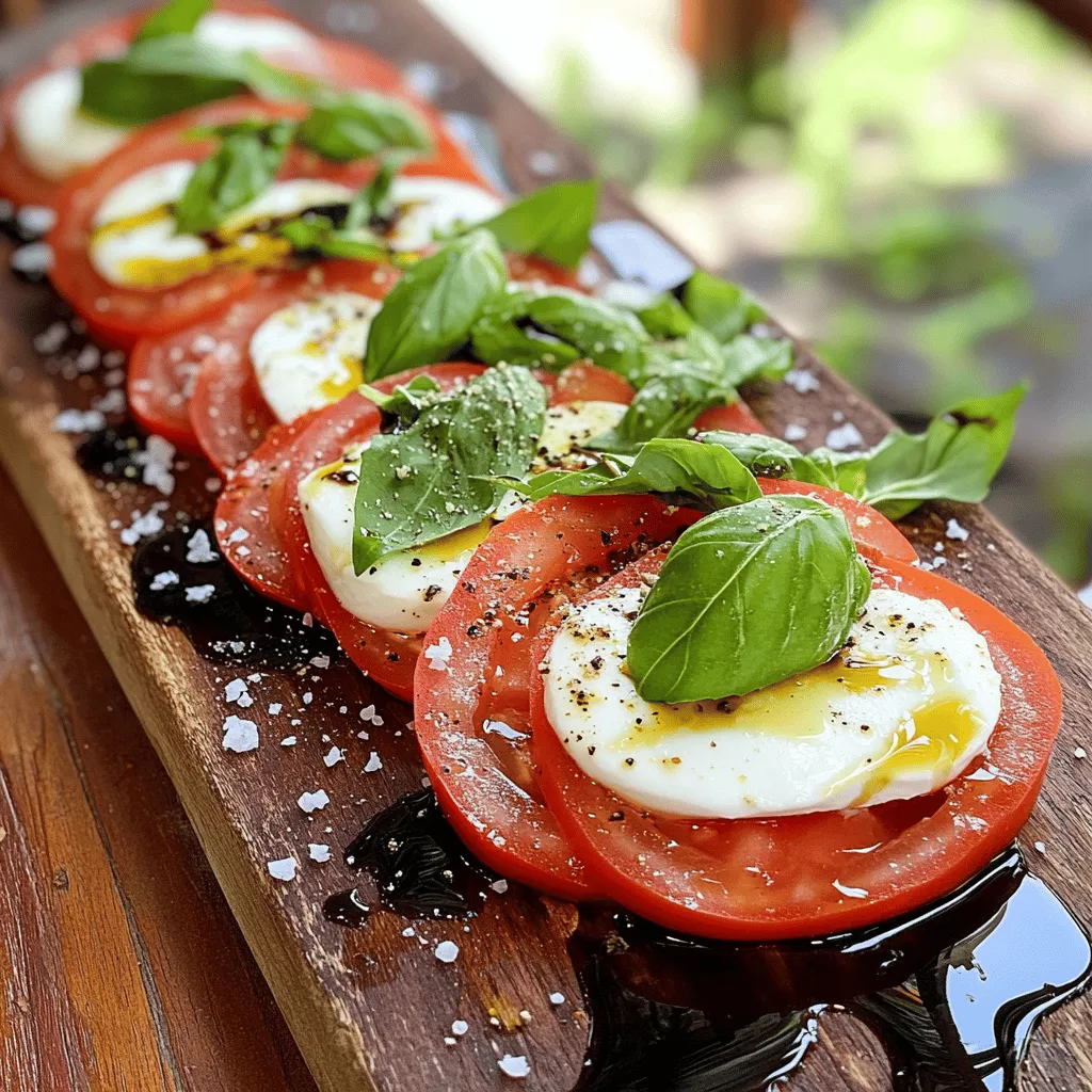 Für einen einfachen Caprese-Salat brauchst du nur einige frische Zutaten. Hier sind die Hauptbestandteile: - 2 große reife Tomaten, in Scheiben geschnitten - 225 g frischer Mozzarella, in Scheiben geschnitten - 1 Tasse frische Basilikumblätter - 3 Esslöffel Balsamico-Glasur - 2 Esslöffel extra natives Olivenöl - Meersalz und frisch gemahlener schwarzer Pfeffer nach Geschmack Diese Zutaten bieten eine perfekte Balance von Geschmack und Textur. Die Frische der Zutaten ist entscheidend. Du solltest reife Tomaten wählen, die saftig sind. Achte beim Mozzarella darauf, dass er frisch und cremig ist. Basilikumblätter sollten grün und fest sein. Diese frischen Zutaten garantieren ein tolles Geschmackserlebnis. Manchmal hast du vielleicht nicht alle Zutaten zur Hand. Wenn du keine frischen Tomaten hast, kannst du auch Kirschtomaten verwenden. Für eine vegane Option kannst du den Mozzarella durch einen pflanzlichen Käse ersetzen. Anstelle von Balsamico-Glasur kannst du auch Balsamico-Essig verwenden, um den Salat leicht zu säuern. So bleibt dein Caprese-Salat lecker und anpassbar. Für die vollständige Anleitung und Zubereitung schau dir das [Full Recipe] an. Um einen Caprese-Salat zuzubereiten, benötigen Sie frische Zutaten. Wählen Sie reife, saftige Tomaten. Schneiden Sie sie in gleichmäßige Scheiben, etwa 1,5 cm dick. Nehmen Sie frischen Mozzarella und schneiden Sie ihn in die gleiche Dicke. So bleibt das Gericht harmonisch. Legen Sie die Tomaten- und Mozzarellascheiben abwechselnd auf einen großen Teller. Achten Sie darauf, ein schönes Muster zu gestalten. Es macht den Salat ansprechender. Fügen Sie frische Basilikumblätter zwischen die Schichten. Diese sorgen für einen frischen Geschmack und ein tolles Aussehen. Die Anordnung macht viel aus. Beginnen Sie mit einer Tomatenscheibe, gefolgt von Mozzarella. Wiederholen Sie dies. Lassen Sie die Farben schön zur Geltung kommen. Achten Sie darauf, die Basilikumblätter gleichmäßig zu verteilen. Sie bringen Frische und ein angenehmes Aroma. Verwenden Sie einen großen Teller oder ein rustikales Holzbrett. So sieht der Salat gleich viel schöner aus. Garnieren Sie den Salat mit zusätzlichen Basilikumblättern. Das bringt einen eleganten Touch. Das Anrichten ist entscheidend für den Geschmack. Beträufeln Sie den Salat mit hochwertigem, extra-nativem Olivenöl. Die Balsamico-Glasur fügt eine süße Note hinzu. So verbinden sich die Aromen wunderbar. Würzen Sie das Gericht mit Meersalz und frisch gemahlenem schwarzem Pfeffer. Diese einfachen Schritte verbessern den Geschmack erheblich. Servieren Sie den Salat sofort. So bleibt alles frisch und knackig. Für das vollständige Rezept schauen Sie sich die [Full Recipe] an. Um die besten Tomaten für Ihren Caprese-Salat auszuwählen, schauen Sie nach reifen, duftenden Exemplaren. Wählen Sie Tomaten mit einer glänzenden Haut und ohne Druckstellen. Diese Tomaten haben mehr Geschmack und Saftigkeit. Achten Sie darauf, dass sie schwer in der Hand liegen. Das zeigt, dass sie frisch und voll sind. Wenn Sie die Möglichkeit haben, greifen Sie gerne zu lokalen Sorten. Diese sind oft geschmackvoller. Um die Aromen Ihres Salats zu verstärken, nutzen Sie frische Kräuter wie Basilikum. Hacken Sie das Basilikum grob, um mehr Aroma freizusetzen. Sie können auch die Balsamico-Glasur selbst machen, um die Süße und Säure besser abzustimmen. Ein Spritzer frischer Zitrone kann ebenfalls helfen, die Aromen aufzuhellen. Experimentieren Sie mit verschiedenen Ölen, wie z.B. trüffelöl, um einen besonderen Touch zu geben. Ein häufiger Fehler ist, die Tomaten zu kalt zu servieren. Lassen Sie sie vorher auf Raumtemperatur kommen. Das sorgt für mehr Geschmack. Schneiden Sie die Tomaten und den Mozzarella in gleich dicke Scheiben. So sieht der Salat nicht nur besser aus, sondern schmeckt auch besser. Vermeiden Sie es, den Salat zu früh anzurichten, da die Zutaten weich werden können. Bereiten Sie ihn kurz vor dem Servieren zu. Diese Tipps helfen Ihnen, den perfekten Caprese-Salat zuzubereiten. Für die vollständige Anleitung schauen Sie sich das [Full Recipe] an. {{image_4}} Eine mediterrane Version bringt neue Aromen. Fügen Sie reife Avocado hinzu, um eine cremige Textur zu schaffen. Schneiden Sie die Avocado in Scheiben, wie bei den Tomaten. Rucola gibt einen würzigen Kick. Mischen Sie alles auf dem Teller. Diese Kombination macht den Salat noch frischer und gesünder. Wenn Sie vegan sind, ersetzen Sie Mozzarella durch pflanzliche Optionen. Cashewkäse oder Tofu sind gute Alternativen. Diese Optionen sind ebenfalls glutenfrei. Achten Sie darauf, dass der Geschmack stimmt. Sie können auch marinierte Tofuwürfel verwenden. Diese geben dem Salat eine tolle Note. So bleibt der Salat lecker und passt zu vielen Ernährungsweisen. Dressings können den Geschmack Ihres Caprese-Salats verändern. Neben Balsamico-Glasur probieren Sie Zitronensaft oder Kräuteröl. Fügen Sie Gewürze wie Oregano oder Thymian hinzu. Diese geben eine neue Tiefe. Experimentieren Sie mit verschiedenen Kombinationen. Jeder Biss wird aufregend. Sehen Sie, was Ihnen am besten schmeckt. Folgen Sie den Zutaten in der [Full Recipe], um kreative Ideen zu finden. Lagern Sie Ihren Caprese-Salat in einem luftdichten Behälter. So bleibt der Salat frisch und lecker. Stellen Sie sicher, dass die Zutaten nicht zu dicht gepackt sind. So vermeiden Sie, dass sie matschig werden. Im Kühlschrank hält sich der Caprese-Salat etwa 1 bis 2 Tage. Die Tomaten und der Mozzarella verlieren schnell ihre Frische. Achten Sie darauf, den Salat vor dem Verzehr gut zu überprüfen. Wenn Sie Zutaten übrig haben, denken Sie an neue Gerichte. Tomaten können in Saucen oder in Suppen ein tolles Element sein. Mozzarella passt gut zu Pizza oder Pasta. Verwenden Sie übrig gebliebene Basilikumblätter in Pestos oder als Garnierung für andere Gerichte. So nutzen Sie alles optimal und vermeiden Abfall. Für das komplette Rezept und mehr Informationen, schauen Sie sich das [Full Recipe] an. Sie können einen Caprese-Salat so oft machen, wie Sie möchten! Er ist einfach, frisch und perfekt für viele Anlässe. Ich bereite ihn mindestens einmal pro Woche zu. Er passt gut zu Grillabenden und Picknicks. Wenn Sie Gäste haben, beeindruckt er immer. Ein Caprese-Salat passt hervorragend zu vielen Gerichten. Hier sind einige meiner Favoriten: - Gegrilltes Fleisch: Hähnchen oder Rindfleisch ergänzen den Salat gut. - Pasta: Eine leichte Pasta-Speise macht das Essen rund. - Brot: Frisches Baguette oder Ciabatta sind perfekt zum Dippen. - Wein: Ein leichter Weißwein passt gut zu den frischen Aromen. Es ist am besten, den Caprese-Salat frisch zu servieren. Wenn Sie ihn im Voraus machen, kann der Mozzarella weich werden. Wenn nötig, bereiten Sie die Zutaten getrennt vor. Mischen Sie sie kurz vor dem Servieren. So bleibt der Salat knackig und lecker. Für die komplette Anleitung schauen Sie sich das [Full Recipe] an. Ein Caprese-Salat ist einfach zuzubereiten und schmeckt frisch. Wir haben die besten Zutaten, Alternativen und einfache Anleitungen besprochen. Denken Sie daran, immer frische Tomaten zu wählen und bestimmte Zubereitungsfehler zu vermeiden. Variieren Sie mit Avocado oder veganen Alternativen für den Mozzarella, um neue Geschmäcker zu entdecken. Lagern Sie Reste richtig, um sie später zu genießen. Mit diesen Tipps und Tricks können Sie Ihren nächsten Caprese-Salat noch besser machen. Experimentieren Sie und finden Sie Ihre perfekte Kombination. Viel Spaß beim Zubereiten!