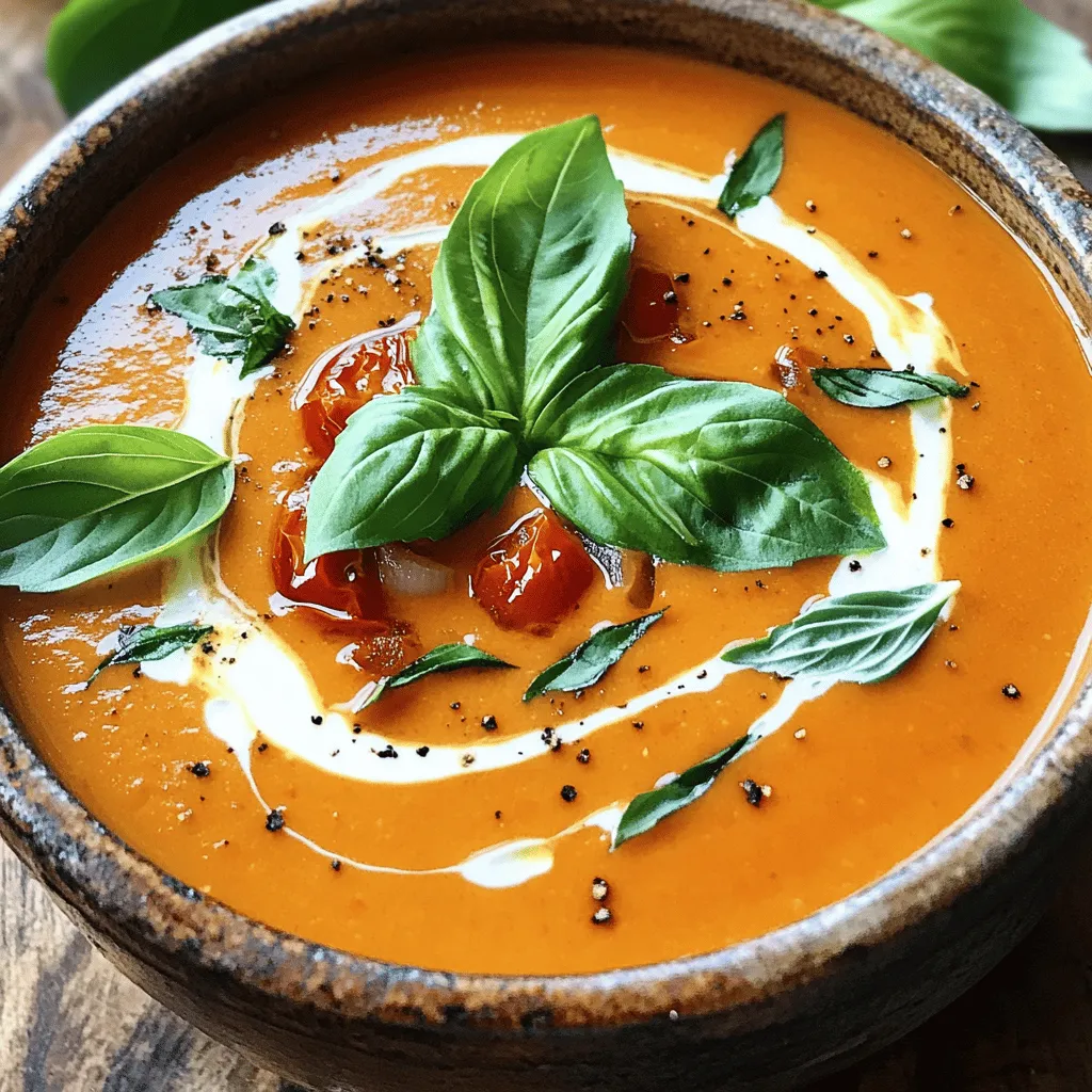 Die Hauptzutaten machen die Suppe lecker und cremig. Hier sind sie: - 900 g reife Tomaten, halbiert - 1 mittelgroße Zwiebel, geviertelt - 4 Knoblauchzehen, ungeschält - 2 Esslöffel Olivenöl - Salz und Pfeffer nach Geschmack - 1 Teelöffel getrocknetes Basilikum - 1 Teelöffel Zucker - 1 Liter Gemüsebrühe - 240 ml Schlagsahne (oder Kokosmilch für eine vegane Option) - Frische Basilikumblätter zur Garnitur Diese Zutaten sorgen für einen vollen, reichen Geschmack. Die Tomaten bringen die Süße, während die Zwiebel und der Knoblauch Tiefe hinzufügen. Die Schlagsahne macht die Suppe cremig und samtig. Möchten Sie die Suppe noch besser machen? Hier sind einige optionale Zutaten: - 1 Teelöffel geräuchertes Paprikapulver - 1 Teelöffel Chili-Flocken für etwas Schärfe - 1 Karotte, gewürfelt für Süße - 1 Stange Sellerie, gewürfelt für mehr Textur Diese Zutaten geben der Suppe mehr Geschmack und Komplexität. Sie können nach Belieben hinzufügen. Für eine vegane Option können Sie die Schlagsahne einfach durch Kokosmilch ersetzen. Diese macht die Suppe ebenfalls cremig, aber mit einem leichten Kokosgeschmack. Hier sind die Zutaten: - 900 g reife Tomaten, halbiert - 1 mittelgroße Zwiebel, geviertelt - 4 Knoblauchzehen, ungeschält - 2 Esslöffel Olivenöl - Salz und Pfeffer nach Geschmack - 1 Teelöffel getrocknetes Basilikum - 1 Teelöffel Zucker - 1 Liter Gemüsebrühe - 240 ml Kokosmilch - Frische Basilikumblätter zur Garnitur Mit diesen Zutaten bleibt die Suppe lecker und vegan. Sie können sicher sein, dass jeder sie genießen wird. Für das vollständige Rezept, schauen Sie sich bitte [Full Recipe] an. Zuerst heizen wir den Ofen auf 220°C vor. Das ist wichtig, um die Tomaten perfekt zu rösten. Nimm dann ein Backblech und lege die halbierten Tomaten darauf. Füge die geviertelte Zwiebel und die ungeschälten Knoblauchzehen hinzu. Jetzt kommt das Olivenöl. Beträufle die Zutaten großzügig damit. Würze die Mischung mit Salz, Pfeffer und getrocknetem Basilikum. Diese Gewürze bringen den Geschmack zur Geltung. Roste alles im vorgeheizten Ofen für 25 bis 30 Minuten. Die Tomaten sollten karamellisiert und leicht angebrannt sein. Das gibt der Suppe eine tolle Tiefe. Lass die Mischung nach dem Rösten etwas abkühlen, bevor du weitermachst. Nach dem Abkühlen drücke die gerösteten Knoblauchzehen aus ihrer Haut. Gib die Knoblauchzehen, die Tomaten und die Zwiebel in einen Mixer. Füge den Zucker hinzu, um die Säure der Tomaten auszugleichen. Püriere die Mischung, bis sie schön glatt ist. Das sorgt für die cremige Textur, die wir wollen. Jetzt kommt der große Moment. Gib die pürierte Mischung in einen großen Topf. Füge die Gemüsebrühe hinzu und rühre gut um. Bring die Suppe bei mittlerer Hitze langsam zum Simmern. Sobald es simmert, reduziere die Hitze. Rühre die Schlagsahne oder Kokosmilch ein, um die Suppe cremig zu machen. Schmecke sie ab und füge mehr Salz oder Pfeffer hinzu, wenn nötig. Serviere die Suppe heiß. Garniere sie mit frischen Basilikumblättern für einen zusätzlichen aromatischen Kick. So einfach ist es, eine köstliche Cremige geröstete Tomatensuppe zu machen! Du findest das vollständige Rezept im Abschnitt „Vollständiges Rezept“. Um die richtige Konsistenz für deine cremige geröstete Tomatensuppe zu erzielen, achte auf die Mischung. Du möchtest eine glatte, samtige Textur. Beginne mit dem Pürieren der gerösteten Tomaten, Zwiebeln und Knoblauch. Füge dann die Gemüsebrühe nach und nach hinzu. So kannst du die Dicke der Suppe anpassen. Wenn sie zu dick ist, gib mehr Brühe hinzu. Ist sie zu dünn? Lass sie einfach ein wenig länger köcheln. Jeder hat seinen eigenen Geschmack. Daher ist es wichtig, die Gewürze anzupassen. Beginne mit Salz, Pfeffer und getrocknetem Basilikum. Probiere die Suppe vor dem Servieren und füge mehr Gewürze hinzu, wenn du es magst. Ein Hauch von roten Pfefferflocken kann für etwas Schärfe sorgen. Für mehr Tiefe kannst du auch ein wenig Balsamico-Essig hinzufügen. Die Garnierung macht das Gericht noch schöner. Frische Basilikumblätter sind eine tolle Wahl. Sie bringen Farbe und Aroma. Du kannst auch einen Schuss Sahne hinzufügen, um die Suppe noch cremiger zu machen. Für einen besonderen Akzent könntest du geröstete Pinienkerne oder Croutons darüber streuen. Diese sorgen für einen leckeren Crunch. Wenn du die Suppe servierst, denke daran, sie in schönen Schalen anzurichten. So wird sie gleich noch appetitlicher! Für die vollständige Rezeptanleitung schau dir das [Full Recipe] an. {{image_4}} Ich liebe es, mit Tomatensuppen zu experimentieren. Du kannst verschiedene Arten von Tomatensuppen zubereiten. Zum Beispiel kannst du eine scharfe Tomatensuppe machen, indem du etwas Chili oder Cayennepfeffer hinzufügst. Das gibt der Suppe einen tollen Kick. Eine italienische Variante könnte mit frischem Oregano oder Thymian gewürzt werden. Wenn du eine süßere Note magst, füge ein wenig Karotten oder Paprika hinzu. Diese Zutaten bringen neue Aromen in die Suppe und machen sie besonders. Wenn du eine vegane Suppe möchtest, ersetze die Schlagsahne durch Kokosmilch. Kokosmilch macht die Suppe cremig und gibt einen feinen Geschmack. Diese Option ist auch glutenfrei, was sie für viele geeignet macht. Du kannst die Gemüsebrühe selbst machen oder eine fertige, glutenfreie Brühe verwenden. So bleibt die Suppe leicht und lecker. Um die Suppe noch interessanter zu machen, kannst du weitere Zutaten hinzufügen. Ein Schuss Balsamico-Essig gibt der Suppe eine frische, saure Note. Auch geröstete Paprika oder Zucchini passen gut. Wenn du einen herzhaften Geschmack magst, füge etwas geräucherten Paprika hinzu. Das gibt der Suppe eine neue Tiefe. Vergiss nicht, die Suppe mit frischen Kräutern zu garnieren. Basilikum oder Petersilie machen die Suppe noch schöner und aromatischer. Für das vollständige Rezept schaue dir die [Full Recipe] an. Um die cremige geröstete Tomatensuppe frisch zu halten, lassen Sie sie zuerst abkühlen. Füllen Sie die Suppe dann in einen luftdichten Behälter. Dies schützt vor Gerüchen im Kühlschrank. Sie können auch kleine Portionen in separaten Behältern lagern. So haben Sie immer eine schnelle Mahlzeit bereit. Um die Suppe wieder aufzuwärmen, gießen Sie sie in einen Topf. Erhitzen Sie sie bei mittlerer Hitze. Rühren Sie oft, damit sie nicht anbrennt. Fügen Sie bei Bedarf etwas Wasser oder Brühe hinzu, falls die Suppe zu dick ist. So bleibt die cremige Textur erhalten. Alternativ können Sie die Suppe in der Mikrowelle erhitzen. Decken Sie den Behälter ab, um Spritzer zu vermeiden. Im Kühlschrank hält die Suppe bis zu fünf Tage. Achten Sie darauf, sie gut verschlossen zu lagern. Im Gefrierfach hält sie bis zu drei Monate. Zum Einfrieren füllen Sie die Suppe in gefriergeeignete Behälter oder Beutel. Lassen Sie etwas Platz, da die Suppe beim Gefrieren expandiert. So bleibt die Suppe frisch und lecker, wenn Sie sie wieder genießen möchten. Um die Suppe würziger zu machen, füge mehr Gewürze hinzu. Du kannst Paprika, Chili oder Cayennepfeffer verwenden. Diese Gewürze bringen einen schönen Kick in die Suppe. Du kannst auch frische Kräuter wie Oregano oder Thymian nutzen. Diese Kräuter geben der Suppe eine aromatische Note. Auch etwas Zitronensaft kann die Aromen verstärken. Probiere die Suppe während des Kochens, um den Geschmack anzupassen. Ja, du kannst frische Tomaten verwenden. Aber die Röstaromen sind besonders wichtig. Sie geben der Suppe einen tiefen Geschmack. Wenn du frische Tomaten nimmst, brate sie in der Pfanne an. Das hilft, ihre Süße zu verstärken. Du solltest die frischen Tomaten auch gut würzen. So wird die Suppe trotzdem lecker. Zu dieser Suppe passen viele Dinge gut. Ein einfaches Brot oder Baguette ist eine tolle Ergänzung. Du kannst auch einen frischen Salat servieren. Ein Caprese-Salat mit Mozzarella und Basilikum harmoniert perfekt. Wenn du nach einem Snack suchst, probiere gegrillte Käse-Sandwiches. Sie sind die perfekte Ergänzung zur Suppe. Für eine besondere Note kannst du auch einen Löffel Pesto hinzufügen. Das gibt der Suppe einen tollen Geschmack. Diese Anleitung hat die wichtigsten Zutaten und Schritte für cremige geröstete Tomatensuppe erklärt. Du hast gelernt, wie du die Suppe zubereitest, variierst und aufbewahrst. Vergiss nicht, die Gewürze nach deinem Geschmack anzupassen. So wird die Suppe zum echten Genuss. Experimente mit verschiedenen Zutaten bringen noch mehr Vielfalt. Probiere es aus und finde deine Lieblingsversion. So wird jede Portion zu einem besonderen Erlebnis.