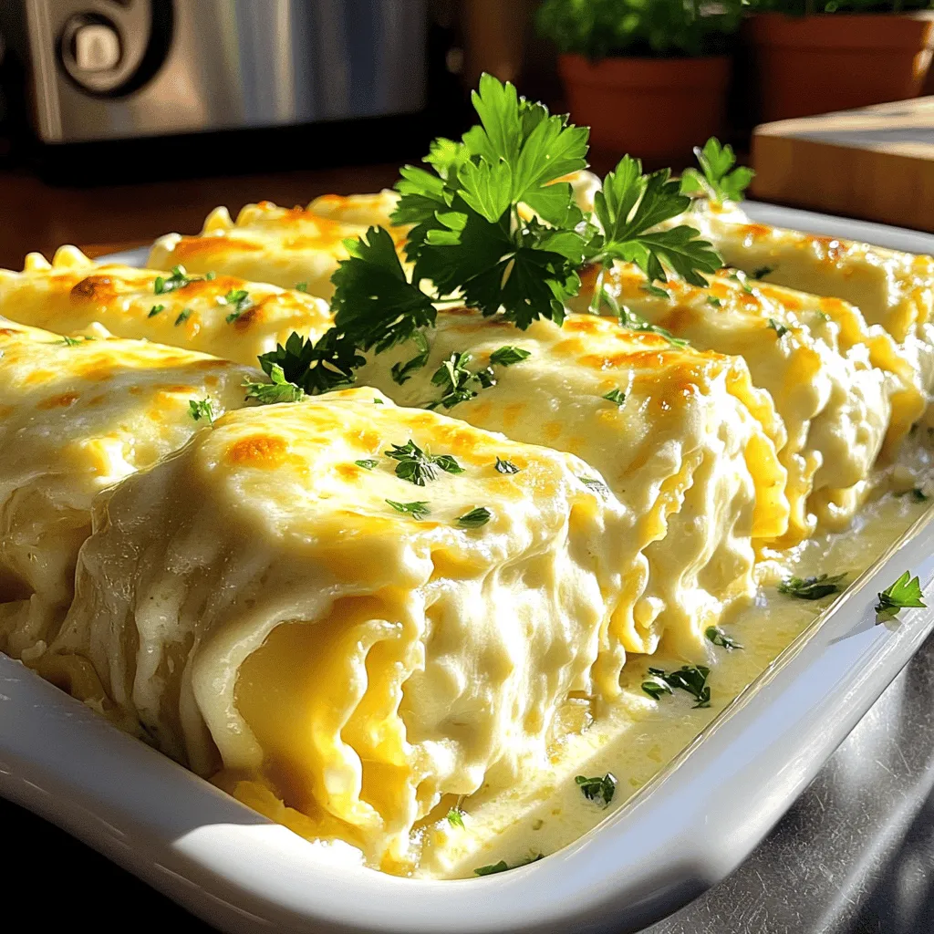 Um diese leckeren Lasagne-Rollen zu machen, brauchst du einige Hauptzutaten. Hier sind sie: - 9 Lasagne-Nudeln - 2 Tassen Ricotta-Käse - 1 Tasse geriebener Mozzarella-Käse - 1/2 Tasse geriebener Parmesan-Käse - 2 Tassen Knoblauch-Alfredo-Soße - 1 Teelöffel italienische Gewürzmischung - 1/2 Teelöffel Salz - 1/4 Teelöffel schwarzer Pfeffer - 1 Esslöffel frische Petersilie, gehackt Diese Zutaten sind die Grundlage für die Roll Ups. Die Lasagne-Nudeln sind der Träger. Der Ricotta-Käse gibt die cremige Textur. Mozzarella und Parmesan sorgen für den perfekten Käsegeschmack. Die Gewürze und Kräuter bringen Geschmack in die Lasagne-Rollen. Ich empfehle: - 1 Teelöffel italienische Gewürzmischung - 1/2 Teelöffel Salz - 1/4 Teelöffel schwarzer Pfeffer - 1 Esslöffel frische Petersilie, gehackt Die italienische Gewürzmischung hat viele Aromen. Sie enthält oft Oregano, Basilikum und Thymian. Diese Gewürze harmonieren perfekt mit dem Knoblauch in der Soße. Petersilie bringt eine frische Note und sieht schön aus. Käse ist sehr wichtig für den Geschmack. Hier sind meine Empfehlungen für die Käseauswahl: - Ricotta: Cremig und mild. - Mozzarella: Zieht gut und schmilzt schön. - Parmesan: Gibt einen starken, salzigen Geschmack. Wenn du magst, kannst du auch andere Käsesorten ausprobieren. Zum Beispiel kannst du Gouda oder Fontina verwenden. So bekommst du neue Geschmäcker. Probiere verschiedene Kombinationen aus, um deine perfekte Mischung zu finden. Für das komplette Rezept schau dir den Full Recipe an. Kochen Sie die Lasagne-Nudeln in einem großen Topf mit kochendem, gesalzenem Wasser. Halten Sie sich an die Zeit auf der Verpackung. Sie sollten al dente sein. Nach dem Kochen gießen Sie die Nudeln ab. Legen Sie sie flach auf ein Küchentuch, damit sie etwas abkühlen. In einer großen Rührschüssel vermengen Sie die Käse. Geben Sie Ricotta, 1/2 Tasse Mozzarella und Parmesan hinzu. Fügen Sie italienische Gewürze, Salz und Pfeffer hinzu. Rühren Sie alles gut um, bis die Mischung cremig wird. Diese Käsemischung macht die Rollen besonders lecker. Nehmen Sie jede Nudel und verteilen Sie etwa 3 Esslöffel der Käsemischung gleichmäßig darauf. Wickeln Sie die Nudel vorsichtig auf. Legen Sie die gerollte Nudel mit der Nahtseite nach unten in eine gefettete Auflaufform. Machen Sie das mit allen Nudeln. Es sieht toll aus und schmeckt gut. Gießen Sie die Hälfte der Knoblauch-Alfredo-Soße über die Lasagne-Rollen. Verteilen Sie sie gleichmäßig, sodass jede Rolle etwas abbekommt. Danach streuen Sie den restlichen Mozzarella-Käse darüber. Dies wird die Lasagne wunderbar cremig machen. Decken Sie die Auflaufform mit Aluminiumfolie ab. Sprühen Sie die Folie vorher mit etwas Kochspray ein, damit sie nicht anklebt. Backen Sie die Rolle im vorgeheizten Ofen bei 190 °C für 25 Minuten. Entfernen Sie die Folie und backen Sie weitere 10 Minuten, bis der Käse goldbraun ist. Lassen Sie die Lasagne kurz abkühlen und garnieren Sie sie mit frischer Petersilie. Für das vollständige Rezept und mehr Details, schauen Sie sich die [Full Recipe] an. Um die besten Lasagne-Rollen zu machen, achte auf die Nudeln. Koche sie al dente. Zu weiche Nudeln brechen leicht. Verteile die Käsemischung gleichmäßig. So schmeckt jede Rolle gut. Wickel die Nudeln fest, damit die Füllung nicht herausfällt. Ein häufiger Fehler ist zu viel Soße. Zu viel macht die Rollen matschig. Verwende die richtige Menge, um sie feucht zu halten. Achte auch darauf, die Nudeln nach dem Kochen abzukühlen. Das hilft, die Füllung besser zu halten. Du kannst die Lasagne-Rollen im Voraus zubereiten. Fülle die Nudeln und lege sie in die Auflaufform. Decke die Form ab und stelle sie in den Kühlschrank. Backe sie dann, wenn du bereit bist. So sparst du Zeit. Du kannst auch die Soße im Voraus machen. Das macht den Kochprozess schneller. Für das vollständige Rezept, schau dir den [Full Recipe] an. {{image_4}} Wenn Sie eine vegetarische Variante der Knoblauch Alfredo Lasagne-Rollen machen möchten, gibt es viele Möglichkeiten. Sie können Gemüse wie Spinat, Zucchini oder Pilze hinzufügen. Diese Zutaten geben den Rollen mehr Geschmack und Nährstoffe. Einfach das Gemüse in einer Pfanne anbraten, bis es weich ist. Fügen Sie es dann zur Käsemischung hinzu. Das macht die Füllung noch leckerer und bunter. Für eine proteinreiche Variante können Sie Hähnchen oder Putenbrust verwenden. Kochen oder braten Sie das Fleisch zuerst. Schneiden Sie es in kleine Stücke und mischen Sie es mit der Käsemischung. Diese Wahl macht die Lasagne-Rollen sättigender und gibt Ihnen einen guten Energieschub. Auch Tofu ist eine großartige Option, wenn Sie eine pflanzliche Proteinquelle möchten. Wenn Sie eine glutenfreie Lasagne wollen, wählen Sie glutenfreie Lasagne-Nudeln. Diese gibt es in vielen Geschäften. Achten Sie darauf, auch die Alfredo-Soße glutenfrei zu wählen. Sie können sie selbst machen oder eine fertige glutenfreie Variante kaufen. So bleibt der Geschmack toll und alle können genießen. Um die Reste deiner Knoblauch Alfredo Lasagne-Rollen frisch zu halten, lege sie in einen luftdichten Behälter. Stelle sicher, dass die Rollen nicht übereinander liegen, um ein Aneinanderkleben zu vermeiden. Du kannst auch Frischhaltefolie verwenden, um sie gut abzudecken. So bleiben sie bis zu drei Tage im Kühlschrank frisch. Für das Aufwärmen empfehle ich, die Lasagne-Rollen im Ofen zu erhitzen. Heize den Ofen auf 180 °C vor. Lege die Rollen in eine Auflaufform und gieße etwas Knoblauch-Alfredo-Soße darüber. Decke die Form mit Folie ab, um ein Austrocknen zu verhindern. Backe sie 15 bis 20 Minuten, bis sie warm sind. So bleiben die Aromen erhalten und der Käse schmilzt schön. Im Kühlschrank bleiben die Lasagne-Rollen bis zu drei Tage genießbar. Wenn du sie länger aufbewahren möchtest, friere sie ein. Lege die Portionen in einen gefriergeeigneten Behälter oder einen Gefrierbeutel. So bleiben sie bis zu drei Monate frisch. Achte darauf, sie gut zu beschriften. Zum Auftauen lege sie einfach über Nacht in den Kühlschrank, bevor du sie aufwärmst. Für die vollständige Rezeptanleitung schau dir das [Full Recipe] an. Du kannst die Lasagne-Rollen im Voraus zubereiten. Koche die Nudeln und bereite die Käsemischung. Fülle die Nudeln und rolle sie auf. Lege die Rollen in eine Auflaufform und füge die Soße hinzu. Decke die Form ab und stelle sie im Kühlschrank. Du kannst die Lasagne bis zu zwei Tage vorher zubereiten. Vor dem Backen solltest du die Form auf Raumtemperatur bringen. So backt die Lasagne gleichmäßig. Ja, du kannst die Alfredo-Soße selbst machen. Mische in einem Topf 1 Tasse Sahne, 1/2 Tasse Butter und 1 Tasse geriebenen Parmesan. Erhitze die Mischung auf mittlerer Hitze. Rühre ständig, bis der Käse schmilzt. Füge 2-3 zerdrückte Knoblauchzehen hinzu. Lass die Soße einige Minuten köcheln, bis sie dick wird. Jetzt hast du eine leckere, selbstgemachte Alfredo-Soße für deine Lasagne-Rollen. Die besten Beilagen sind einfach und frisch. Ein grüner Salat mit einem leichten Dressing passt gut. Auch gedünstetes Gemüse wie Brokkoli oder grüne Bohnen ergänzt das Gericht. Du kannst auch Knoblauchbrot servieren, um den Geschmack zu verstärken. Diese Beilagen bringen frische Aromen, die die Cremigkeit der Lasagne ausgleichen. Zusammenfassend haben wir die Grundlagen für Knoblauch Alfredo Lasagne-Rollen behandelt. Ich habe dir gezeigt, welche Zutaten du brauchst und wie du sie zubereitest. Wir haben auch hilfreiche Tipps und Variationen vorgestellt, damit du das Gericht nach deinem Geschmack anpassen kannst. Denke daran, die Reste richtig zu lagern, um Verschwendung zu vermeiden. Mit diesen Tipps gelingt dir das Rezept sicher. Experimentiere und genieße deine köstlichen Lasagne-Rollen!