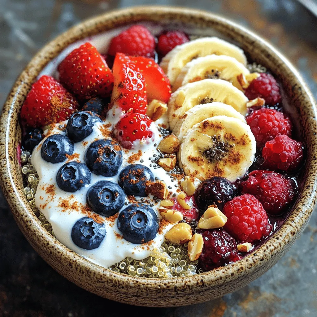 Für die Beeren-Quinoa Frühstücksschüssel benötigst du folgende Hauptzutaten: - 1 Tasse gekochte Quinoa - 1 Tasse gemischte Beeren (Erdbeeren, Blaubeeren, Himbeeren) - 1 Banane, in Scheiben geschnitten - 1/2 Tasse griechischer Joghurt (oder pflanzlicher Joghurt) - 1 Esslöffel Honig oder Ahornsirup - 1 Esslöffel Chiasamen - 1/4 Teelöffel Vanilleextrakt - 1/4 Tasse Nüsse (Mandeln oder Walnüsse), gehackt - Eine Prise Zimt (optional) Diese Zutaten sind die Basis für eine nahrhafte und leckere Schüssel. Die Quinoa ist reich an Proteinen und Ballaststoffen. Die Beeren bringen Vitamine und Antioxidantien. Der Joghurt fügt Cremigkeit hinzu und die Nüsse geben Crunch. Du kannst die Schüssel leicht anpassen. Hier sind einige Ideen für zusätzliche Zutaten: - Verschiedene Nüsse oder Samen - Jedes Obst, das du magst (Äpfel, Pfirsiche) - Kokosnussflocken für einen tropischen Touch - Gewürze wie Muskatnuss oder Ingwer für mehr Geschmack So kannst du deine Schüssel nach deinem Geschmack gestalten. Experimentiere mit den Zutaten, um deine Lieblingskombination zu finden. Frische Beeren sind wichtig für den Geschmack. Hier sind einige Tipps, um die besten auszuwählen: - Achte auf leuchtende Farben. Sie zeigen, dass die Beeren reif sind. - Vermeide Beeren mit Druckstellen oder Schimmel. Diese sind oft nicht frisch. - Kaufe Beeren in der Saison. Sie sind dann am schmackhaftesten und günstigsten. - Lagere frische Beeren im Kühlschrank, um sie länger frisch zu halten. Mit diesen Tipps kannst du die besten Beeren für deine Quinoa Frühstücksschüssel auswählen. Sie machen dein Frühstück nicht nur lecker, sondern auch gesund. Wenn du bereit bist, das Rezept auszuprobieren, schau dir die [Full Recipe] an. Um die Quinoa zuzubereiten, beginne mit einer Tasse Quinoa. Spüle sie gut ab, um Bitterstoffe zu entfernen. Koche die Quinoa dann in zwei Tassen Wasser. Lass sie 15 Minuten köcheln, bis das Wasser verdampft ist. Nimm sie vom Herd und lasse sie kurz ruhen. Lockere die Quinoa mit einer Gabel auf. Diese Schritte helfen, die Quinoa leicht und fluffig zu machen. In einer kleinen Schüssel mische den griechischen Joghurt, einen Esslöffel Honig und einen Esslöffel Chiasamen. Füge einen Viertel Teelöffel Vanilleextrakt hinzu. Rühre die Mischung gut, bis sie cremig ist. Dieses Topping macht dein Frühstück reichhaltig und lecker. Es ist auch eine gute Quelle für Protein und gesunde Fette. Beginne mit der gekochten Quinoa als Basis in einer Schüssel. Löffle deine Joghurttopping-Mischung gleichmäßig darauf. Jetzt kommt der Spaß! Schichte die gemischten Beeren und Bananenscheiben auf die Joghurtbasis. Achte darauf, dass die Farben schön verteilt sind. Streue die gehackten Nüsse darüber für einen zusätzlichen Crunch. Wenn du magst, füge eine Prise Zimt hinzu. So sieht dein Frühstück nicht nur toll aus, sondern schmeckt auch großartig! Um deine Quinoa perfekt zu machen, spüle sie zuerst gut ab. Das entfernt Bitterstoffe und macht den Geschmack besser. Koche die Quinoa in einem Verhältnis von 1:2, also eine Tasse Quinoa auf zwei Tassen Wasser. Bring das Wasser zum Kochen, dann reduziere die Hitze und lasse es 15 Minuten köcheln. Nach dem Kochen lasse die Quinoa noch fünf Minuten ruhen. Dies macht sie locker und fluffig. Es gibt viele Wege, den Geschmack deiner Beeren-Quinoa Frühstücksschüssel zu verfeinern. Füge frische Kräuter wie Minze oder Basilikum hinzu, um einen neuen Twist zu schaffen. Du kannst auch verschiedene Nüsse oder Samen ausprobieren. Mandeln geben Crunch, während Walnüsse einen starken Geschmack haben. Ein Hauch von Zimt oder Muskatnuss bringt zusätzliche Wärme und Tiefe. Experimentiere mit verschiedenen Joghurts, um die perfekte Kombination zu finden. Die Beeren-Quinoa Frühstücksschüssel ist nicht nur lecker, sondern auch gesund. Quinoa ist reich an Eiweiß und Ballaststoffen. Sie hilft dir, lange satt zu bleiben. Die Beeren bringen Antioxidantien und Vitamine. Eine Banane liefert Kalium, das gut für das Herz ist. Der griechische Joghurt gibt dir Protein und Probiotika für die Verdauung. Insgesamt ist dies eine nahrhafte Option, die dir Energie für den Tag gibt. {{image_4}} Wenn du eine vegane Variante der Beeren-Quinoa Frühstücksschüssel suchst, hast du tolle Optionen. Statt griechischem Joghurt kannst du pflanzlichen Joghurt nutzen. Dieser hat oft einen tollen Geschmack und macht das Gericht cremig. Du kannst auch Honig durch Ahornsirup oder Agavendicksaft ersetzen. Diese Süßungsmittel sind vegan und passen gut zu den Beeren. Das Topping macht deine Schüssel besonders. Du kannst verschiedene Nüsse wie Cashews oder Pistazien verwenden. Diese geben knusprige Textur und gesunde Fette. Samen wie Hanfsamen oder Kürbiskerne sind auch gute Optionen. Sie fügen Nährstoffe hinzu und bringen neuen Geschmack. Vergiss nicht, auch frische Minze oder Kokosraspeln zu probieren. Diese Toppings machen das Frühstück spannend und bunt. Die Auswahl saisonaler Zutaten kann deine Frühstücksschüssel lebendiger machen. Im Frühling sind Erdbeeren frisch und süß. Im Sommer kannst du Kirschen oder Pfirsiche verwenden. Im Herbst sind Äpfel und Birnen eine tolle Wahl. Diese Früchte bringen nicht nur Geschmack, sondern auch Vitamine. So bleibt dein Frühstück gesund und lecker. Probiere verschiedene Kombinationen aus dem Saisonangebot. Um die Frische deiner Beeren-Quinoa Frühstücksschüssel zu bewahren, lagere sie in einem luftdichten Behälter. Dies schützt die Schüssel vor Feuchtigkeit und Gerüchen. Stelle sicher, dass der Behälter sauber und trocken ist, bevor du die Schüssel hineinlegst. So bleibt der Geschmack lange erhalten. Im Kühlschrank hält sich die Frühstücksschüssel bis zu drei Tage. Nach dieser Zeit können die Beeren matschig werden und die Quinoa kann austrocknen. Es ist besser, die Schüssel frisch zu genießen. Du kannst die Zutaten auch getrennt lagern, um die Haltbarkeit zu erhöhen. Das Einfrieren ist eine tolle Möglichkeit, um Zutaten langfristig zu lagern. Du kannst die gekochte Quinoa bis zu drei Monate einfrieren. Fülle sie in einen Gefrierbeutel und drücke die Luft heraus. Beeren kannst du ebenfalls einfrieren. Lege sie in eine einzelne Schicht auf ein Blech, bevor du sie in einen Beutel umfüllst. So klumpen sie nicht zusammen. Wenn du später eine Portion machen möchtest, hole die Quinoa und die Beeren einfach aus dem Gefrierfach. Um Quinoa vorzubereiten, spüle sie zuerst gut ab. Dies entfernt Bitterstoffe. Koche dann einen Teil Quinoa in zwei Teilen Wasser. Lass sie 15 Minuten köcheln, bis das Wasser aufgesogen ist. Lass die Quinoa danach abkühlen. Du kannst sie auch im Voraus kochen und im Kühlschrank aufbewahren. Die besten Beeren für die Schüssel sind Erdbeeren, Blaubeeren und Himbeeren. Diese Beeren sind süß und voller Vitamine. Du kannst auch andere Beeren wie Brombeeren oder Johannisbeeren verwenden. Frische Beeren geben der Schüssel einen tollen Geschmack. Ja, du kannst das Rezept im Voraus zubereiten. Bereite die Quinoa und das Joghurttopping einen Tag vorher zu. Lagere sie getrennt im Kühlschrank. Füge die frischen Beeren erst kurz vor dem Servieren hinzu, um ihre Frische zu bewahren. So bleibt die Schüssel lecker und knackig. Für das gesamte Rezept schaue dir die [Full Recipe] an. In diesem Artikel haben wir die wichtigsten Zutaten und die Zubereitung der Beeren-Quinoa Frühstücksschüssel behandelt. Wir haben Tipps gegeben, um frische Beeren auszuwählen und die Quinoa perfekt zuzubereiten. Die Variationen und Aufbewahrungsinformationen helfen dir, deine Schüssel nach deinen Wünschen zu gestalten. Denke daran, dass gesunde Ernährung Spaß machen kann. Probier verschiedene Toppings und saisonale Zutaten aus. So bleibt dein Frühstück frisch und lecker. Genieße deine schöne und gesunde Frühstücksschüssel!