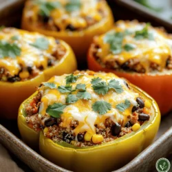 - 4 große Paprika (in beliebiger Farbe) - 1 Tasse gekochte Quinoa oder Reis - 450 g gemahlenes Truthahn- oder Rindfleisch Die Hauptzutaten sind wichtig, um die perfekte Füllung für die Paprika zu schaffen. Große Paprika geben uns viel Platz für die Füllung. Ich mag bunte Paprika, weil sie schön aussehen und viel Geschmack haben. Gekochte Quinoa oder Reis bringt Textur und hilft, die Füllung zu binden. Das gemahlene Fleisch gibt den köstlichen, herzhaften Geschmack. Du kannst Truthahn oder Rindfleisch verwenden, je nach Vorliebe. - 1 Packung Taco-Gewürz - 1 Tasse schwarze Bohnen, abgetropft und abgespült - 1 Tasse Mais (aus der Dose oder gefroren) - 1 Tasse gewürfelte Tomaten (frisch oder aus der Dose) - 1 Tasse geriebener Käse (Cheddar oder mexikanische Mischung) Gewürze machen das Gericht lebendig. Taco-Gewürz bringt die typischen Aromen der Tex-Mex-Küche. Das ist der Schlüssel für den Geschmack. Schwarze Bohnen und Mais fügen Protein und Süße hinzu, während gewürfelte Tomaten Frische bringen. Der Käse ist das i-Tüpfelchen. Er schmilzt schön und macht die Paprika cremig. Du kannst Cheddar oder eine mexikanische Mischung wählen. Für das vollständige Rezept, schau dir die [Full Recipe] an. Heize deinen Ofen auf 190°C vor. Das ist wichtig, damit die Paprika gut garen. Nimm vier große Paprika und schneide die Oberseiten ab. Entferne die Kerne und Membranen. Diese Teile sind nicht lecker und machen das Essen schwer. Bestreiche die Außenseite jeder Paprika leicht mit Olivenöl. Das gibt Geschmack und hilft beim Bräunen. Stelle die Paprika aufrecht in eine Auflaufform. Erhitze in einer großen Pfanne bei mittlerer Hitze 450 g gemahlenes Truthahn- oder Rindfleisch. Brate es an, bis es braun ist, etwa 5-7 Minuten. Lass überschüssiges Fett ab, damit das Gericht nicht zu fettig wird. Füge ein Paket Taco-Gewürz hinzu. Rühre dann 1 Tasse gekochte Quinoa oder Reis, 1 Tasse schwarze Bohnen, 1 Tasse Mais und 1 Tasse gewürfelte Tomaten ein. Mische alles gut und lasse die Füllung 3-5 Minuten garen. Schmecke mit Salz und Pfeffer ab. Nimm die Pfanne vom Herd. Rühre die Hälfte des geriebenen Käses ein, bis er schmilzt. Fülle jede vorbereitete Paprika mit der Mischung. Drücke die Mischung sanft nach unten, damit alles reinpasst. Bestreue jede gefüllte Paprika mit dem restlichen Käse. Decke die Auflaufform locker mit Aluminiumfolie ab und backe sie im Ofen für 25 Minuten. Nimm die Folie ab und backe weitere 10-15 Minuten, bis der Käse sprudelt. Lass die gefüllten Paprika etwas abkühlen, bevor du sie servierst. Du findest das vollständige Rezept hier: [Full Recipe]. Um die Füllung perfekt zu machen, ist das Anbraten des Fleisches entscheidend. Erhitze die Pfanne gut, bevor du das Fleisch hinzufügst. So erhältst du eine schöne Bräunung. Das sorgt für einen tollen Geschmack. Achte darauf, das Fleisch nicht zu lange zu braten. Es sollte saftig bleiben. Die Gewürze sind der Schlüssel zu einem guten Geschmack. Nutze Taco-Gewürz für den perfekten Kick. Kombiniere es mit etwas Salz und Pfeffer. Das bringt die Aromen zur Geltung. Du kannst auch frische Kräuter wie Koriander hinzufügen. Das gibt einen frischen Geschmack. Für die Cheesy Taco Stuffed Peppers ist Käse wichtig. Cheddar ist eine beliebte Wahl. Er schmilzt gut und hat einen kräftigen Geschmack. Du kannst auch eine mexikanische Käsemischung verwenden. Diese enthält verschiedene Käsesorten und bietet einen tollen Geschmack. Wenn du Käsealternativen suchst, probiere vegane Sorten. Diese schmelzen oft nicht so gut, aber sie bringen trotzdem viel Geschmack. Achte darauf, dass die Alternative gut zu deinem Gericht passt. So stellst du sicher, dass der Käse die Füllung ergänzt. Die Präsentation deiner gefüllten Paprika ist wichtig. Garniere sie mit frischem Koriander. Das sieht nicht nur gut aus, sondern schmeckt auch frisch. Du kannst auch einen Klecks Sauerrahm oder griechischen Joghurt dazugeben. Das bringt eine cremige Note. Serviere die Paprika auf einem schönen Teller. Füge einige Beilagen hinzu, wie einen frischen Salat. Das bietet eine schöne Abwechslung. Du kannst auch Tortilla-Chips dazu reichen. So wird die Mahlzeit noch spannender. {{image_4}} Für eine vegane oder vegetarische Variante der Cheesy Taco Stuffed Peppers können Sie pflanzliche Fleischalternativen verwenden. Produkte wie Tofuhack oder Seitan bieten eine tolle Textur und Geschmack. Sie können die Füllung auch mit mehr Gemüse anreichern. Zucchini, Pilze oder Spinat sind super Ergänzungen. Diese Optionen machen das Gericht leicht und gesund. Zusätzlich können Sie die gefüllten Paprika mit leckeren Toppings versehen. Avocado oder Jalapeños bringen Frische und Schärfe. Ein Klecks saure Sahne oder griechischer Joghurt macht das Gericht cremig. Experimentieren Sie auch mit verschiedenen Käsesorten. Mozzarella oder Gouda können eine interessante Wendung geben. Jede Variation bringt ihren eigenen Geschmack und macht das Essen spannend. Um Ihre Cheesy Taco Stuffed Peppers frisch zu halten, können Sie sie im Kühlschrank oder im Gefrierfach lagern. Wenn Sie sie im Kühlschrank aufbewahren, legen Sie die gefüllten Paprika in einen luftdichten Behälter. So bleiben sie bis zu fünf Tage frisch. Für längere Lagerung ist das Gefrierfach ideal. Wickeln Sie die Paprika fest in Frischhaltefolie und packen Sie sie dann in einen Gefrierbeutel. So halten sie bis zu drei Monate. Achten Sie darauf, das Datum auf den Beutel zu schreiben, damit Sie wissen, wann Sie sie eingefroren haben. Wenn es Zeit ist, die gefüllten Paprika wieder zu genießen, können Sie sie in der Mikrowelle oder im Ofen aufwärmen. Die Mikrowelle ist schnell, aber das Ergebnis kann weniger knusprig sein. Stellen Sie die Paprika auf einen mikrowellengeeigneten Teller und decken Sie sie mit einem feuchten Papiertuch ab. Erwärmen Sie sie in 1-Minuten-Intervallen, bis sie heiß sind. Der Ofen bietet eine bessere Textur. Heizen Sie ihn auf 180°C vor. Legen Sie die gefüllten Paprika in eine Auflaufform und decken Sie sie mit Aluminiumfolie ab. Backen Sie sie für etwa 15 bis 20 Minuten, bis sie warm sind. So bleibt der Käse schön schmelzend und die Paprika zart. Zusätzlich sollten Sie beim Aufwärmen darauf achten, die Paprika nicht zu lange zu erhitzen. So vermeiden Sie, dass sie austrocknen. Ein Spritzer Wasser in die Auflaufform kann helfen, die Feuchtigkeit zu halten. Die Zubereitung von Cheesy Taco Stuffed Peppers dauert insgesamt etwa 55 Minuten. Die Vorbereitungszeit beträgt 15 Minuten. In diesen 15 Minuten schneiden Sie die Paprika und bereiten die Füllung vor. Danach backen Sie die gefüllten Paprika für 25 Minuten mit Folie. Am Ende nehmen Sie die Folie ab und backen weitere 10-15 Minuten. So erhalten Sie perfekt zarte Paprika mit schmelzendem Käse. Ja, Sie können die Paprika im Voraus füllen. Füllen Sie die Paprika bis zu einem Tag vorher und lagern Sie sie im Kühlschrank. Achten Sie darauf, die gefüllten Paprika in einem luftdichten Behälter aufzubewahren. Vor dem Backen sollten Sie sie etwa 10 Minuten bei Raumtemperatur stehen lassen. So erwärmen sich die Paprika gleichmäßiger und brauchen nicht länger im Ofen. Ideal zu gefüllten Paprika passen verschiedene Beilagen. Hier sind einige Vorschläge: - Ein frischer grüner Salat mit leichtem Dressing - Nachos mit Salsa und Guacamole - Reis oder Quinoa als gesunde Beilage - Sauerrahm oder griechischer Joghurt zum Dippen - Gegrilltes Gemüse für extra Farbe und Geschmack Diese Beilagen ergänzen die Aromen der gefüllten Paprika und machen das Essen noch leckerer. In diesem Artikel haben wir die Zubereitung von Cheesy Taco Stuffed Peppers besprochen. Die Zutaten sind einfach und lecker, von großen Paprika bis zu Käse. Die Schritt-für-Schritt-Anleitung hilft dir, sie perfekt zu machen. Vergiss nicht die nützlichen Tipps und Variationen, um dein Gericht zu verfeinern. Kreativität ist hier der Schlüssel. Experimentiere mit verschiedenen Füllungen und Toppings. So wird dein Gericht garantiert zum Hit!