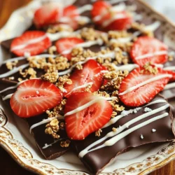 - 2 Tassen Zartbitterschokoladenstückchen - 1 Tasse weiße Schokoladenstückchen - 1 Tasse Erdbeeren, entstielt und in Scheiben geschnitten - 1/2 Tasse Granola (optional) - Meersalz zum Bestreuen Tipps zur Wahl der besten Schokolade Ich empfehle, hochwertige Schokoladenstückchen zu wählen. Achte auf einen hohen Kakaoanteil bei Zartbitterschokolade. Das führt zu einem intensiven Geschmack. Welche Marke du wählst, kann einen großen Unterschied machen. Vermeide Schokolade mit vielen Zusatzstoffen. Verwendung von frischen vs. gefrorenen Erdbeeren Frische Erdbeeren haben den besten Geschmack. Achte darauf, dass sie reif und saftig sind. Wenn du gefrorene Erdbeeren nutzt, lasse sie vorher auftauen. Sie können jedoch mehr Wasser enthalten. Das könnte die Konsistenz der Bark beeinträchtigen. Frische Erdbeeren geben dir die besten Ergebnisse für diesen Snack. Für die vollständige Anleitung zur Zubereitung der Schokoladenüberzogenen Erdbeer-Bark, schau dir das [Full Recipe] an. - Lege ein Backblech mit Backpapier aus. - Stelle alle Zutaten bereit. Du kannst ein Backblech mit Backpapier auslegen. Das macht das Entfernen der Bark später einfach. Achte darauf, dass das Papier die gesamte Fläche bedeckt. Nun ist es Zeit, die Zutaten vorzubereiten. Du brauchst Zartbitterschokolade, weiße Schokolade und frische Erdbeeren. - Schmelze die Zartbitterschokolade. - Schmelze die weiße Schokolade. Für die Zartbitterschokolade gib die Stückchen in eine mikrowellengeeignete Schüssel. Erwärme sie in 30-Sekunden-Intervallen. Rühre nach jeder Runde um, bis die Schokolade glatt ist. Wiederhole diesen Schritt mit der weißen Schokolade in einer anderen Schüssel. - Verteile die Schokolade und füge Erdbeeren hinzu. - Drizzle die weiße Schokolade und füge Granola hinzu. - Kühle die Mischung und breche sie in Stücke. Gieße die geschmolzene Zartbitterschokolade auf das Backblech. Verwende einen Spatel, um sie gleichmäßig zu verteilen. Drücke die Erdbeeren vorsichtig in die Schokolade. Danach drizzlest du die weiße Schokolade darüber. Wenn du willst, füge Granola für mehr Crunch dazu. Bestreue die Bark mit einer Prise Meersalz. Kühl die Bark für 30 Minuten im Kühlschrank. Nach dem Kühlen kannst du sie in Stücke brechen. Für die vollständige Anleitung schau dir das [Full Recipe] an. Um Klumpen beim Schmelzen zu vermeiden, nutze eine mikrowellengeeignete Schüssel. Erhitze die Schokolade in kurzen Intervallen von 30 Sekunden. Rühre die Schokolade nach jedem Intervall gut um. So bleibt sie gleichmäßig warm. Achte auf die Temperatur. Schokolade sollte nicht überhitzen. Zu hohe Hitze macht sie bitter. Ideal ist eine Temperatur zwischen 40 und 50 Grad Celsius. Präsentiere die Bark auf einem schönen Teller oder in einer Geschenkbox. Frische Erdbeeren und Minzblätter machen den Look noch schöner. Du kannst die Bark mit vielen Toppings dekorieren. Probiere gehackte Nüsse oder Kokosraspeln. Auch Sprinkles machen die Bark bunt. Aromen wie Vanille oder Karamell passen gut dazu. Wenn du die Schokoladenüberzogene Erdbeer-Bark machst, schau dir auch das [Full Recipe](#) an. {{image_4}} Eines der besten Dinge an Schokoladenüberzogener Erdbeer-Bark ist die Vielfalt. Du kannst verschiedene Schokoladen verwenden, um neue Geschmäcker zu kreieren. - Zartbitterschokolade vs. Vollmilchschokolade: Zartbitterschokolade hat einen kräftigen Geschmack. Sie passt gut zu den süßen Erdbeeren. Vollmilchschokolade ist süßer und cremiger. Ich mag es, beide Schokoladen zu mischen. Das gibt einen spannenden Kontrast. - Verwendung von Aromaschokolade: Du kannst auch Aromaschokolade nutzen. Schokolade mit Haselnuss oder Karamell bringt eine neue Dimension. Diese Aromen machen die Bark noch interessanter. Sie sorgen für einen unerwarteten, aber leckeren Twist. Erdbeeren sind toll, aber es gibt mehr Möglichkeiten. Du kannst die Bark mit anderen Früchten und Nüssen verfeinern. - Alternative Früchte: Himbeeren sind eine großartige Wahl. Sie sind etwas sauer und ergänzen die Schokolade gut. Auch Bananen funktionieren. Sie bringen eine weiche Textur und süßen Geschmack. - Hinzufügen von Nüssen oder Trockenfrüchten: Nüsse geben Crunch und einen nussigen Geschmack. Mandeln oder Walnüsse sind ideal. Trockenfrüchte wie Cranberries oder Aprikosen bringen Süße. Sie machen die Bark noch bunter und schmackhafter. Experimentiere mit diesen Ideen. So findest du deine perfekte Kombination. Nutze den [Full Recipe] für die Grundlagen und lass deiner Kreativität freien Lauf! Um die Schokoladenüberzogene Erdbeer-Bark frisch zu halten, ist die Lagerung wichtig. Du solltest die Bark im Kühlschrank aufbewahren. Lege sie in einen luftdichten Behälter. So bleibt die Schokolade fest und schmilzt nicht. Wenn du keinen Kühlschrank hast, kannst du die Bark bei Raumtemperatur lagern. Achte jedoch darauf, dass sie nicht der Sonne ausgesetzt ist. Zu viel Wärme kann die Schokolade weich machen. Die Bark bleibt frisch für etwa zwei Wochen. Wenn du sie richtig lagerst, bleibt der Geschmack intensiv. Um Schokoladenblüte zu vermeiden, halte die Bark kühl und trocken. Schokoladenblüte tritt auf, wenn die Schokolade Temperaturschwankungen ausgesetzt wird. Dies führt zu einem weißen Belag. Das passiert, wenn das Fett aus der Schokolade austritt. Achte auf die Lagerbedingungen, um dies zu verhindern. Ja, du kannst andere Früchte verwenden. Hier sind einige Vorschläge: - Himbeeren: Sie sind süß und passen gut zu Schokolade. - Bananen: Schneide sie in Scheiben und lege sie auf die Schokolade. - Kirschen: Frisch oder getrocknet, sie geben einen tollen Geschmack. - Ananas: Ihre Süße und Säure machen sie zu einer guten Wahl. Diese Früchte bringen neue Geschmäcker in die Bark. Es gibt einige Gründe, warum die Schokolade nicht fest wird: - Zu viel Feuchtigkeit: Schokolade mag kein Wasser. Halte alles trocken. - Nicht genug Kühlen: Stelle sicher, dass du die Bark lange genug in den Kühlschrank legst. - Schokolade nicht richtig geschmolzen: Achte darauf, dass sie vollständig geschmolzen und glatt ist. Wenn es nicht fest wird, lege es einfach länger in den Kühlschrank. Hier sind einige Techniken für das perfekte Schmelzen: - Mikrowelle: Schmelze die Schokolade in 30-Sekunden-Intervallen. Rühre gut um. - Wasserbad: Fülle einen Topf mit Wasser und stelle eine Schüssel mit Schokolade darauf. - Niedrige Hitze: Schmelze die Schokolade langsam, damit sie nicht anbrennt. Diese Methoden helfen dir, die Schokolade gleichmäßig zu schmelzen. Diese Anleitung gibt dir alles, was du für die perfekte Schokoladen-Bark brauchst. Wir haben die besten Zutaten aufgelistet, wie man die Schokolade schmilzt und die Bark richtig zusammenstellt. Du kannst mit verschiedenen Schokoladen und Toppings experimentieren. Denke daran, die Bark richtig aufzubewahren, damit sie frisch bleibt. Mit diesen Tipps und Tricks wirst du sicher tolle Ergebnisse erzielen. Viel Spaß beim Schaffen deiner eigenen köstlichen Schokoladenkreationen!