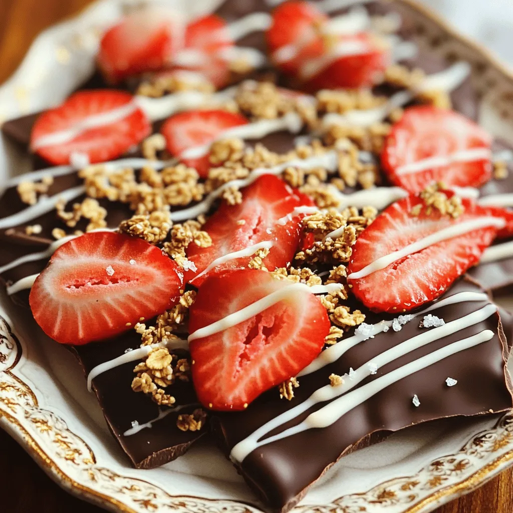 - 2 Tassen Zartbitterschokoladenstückchen - 1 Tasse weiße Schokoladenstückchen - 1 Tasse Erdbeeren, entstielt und in Scheiben geschnitten - 1/2 Tasse Granola (optional) - Meersalz zum Bestreuen Tipps zur Wahl der besten Schokolade Ich empfehle, hochwertige Schokoladenstückchen zu wählen. Achte auf einen hohen Kakaoanteil bei Zartbitterschokolade. Das führt zu einem intensiven Geschmack. Welche Marke du wählst, kann einen großen Unterschied machen. Vermeide Schokolade mit vielen Zusatzstoffen. Verwendung von frischen vs. gefrorenen Erdbeeren Frische Erdbeeren haben den besten Geschmack. Achte darauf, dass sie reif und saftig sind. Wenn du gefrorene Erdbeeren nutzt, lasse sie vorher auftauen. Sie können jedoch mehr Wasser enthalten. Das könnte die Konsistenz der Bark beeinträchtigen. Frische Erdbeeren geben dir die besten Ergebnisse für diesen Snack. Für die vollständige Anleitung zur Zubereitung der Schokoladenüberzogenen Erdbeer-Bark, schau dir das [Full Recipe] an. - Lege ein Backblech mit Backpapier aus. - Stelle alle Zutaten bereit. Du kannst ein Backblech mit Backpapier auslegen. Das macht das Entfernen der Bark später einfach. Achte darauf, dass das Papier die gesamte Fläche bedeckt. Nun ist es Zeit, die Zutaten vorzubereiten. Du brauchst Zartbitterschokolade, weiße Schokolade und frische Erdbeeren. - Schmelze die Zartbitterschokolade. - Schmelze die weiße Schokolade. Für die Zartbitterschokolade gib die Stückchen in eine mikrowellengeeignete Schüssel. Erwärme sie in 30-Sekunden-Intervallen. Rühre nach jeder Runde um, bis die Schokolade glatt ist. Wiederhole diesen Schritt mit der weißen Schokolade in einer anderen Schüssel. - Verteile die Schokolade und füge Erdbeeren hinzu. - Drizzle die weiße Schokolade und füge Granola hinzu. - Kühle die Mischung und breche sie in Stücke. Gieße die geschmolzene Zartbitterschokolade auf das Backblech. Verwende einen Spatel, um sie gleichmäßig zu verteilen. Drücke die Erdbeeren vorsichtig in die Schokolade. Danach drizzlest du die weiße Schokolade darüber. Wenn du willst, füge Granola für mehr Crunch dazu. Bestreue die Bark mit einer Prise Meersalz. Kühl die Bark für 30 Minuten im Kühlschrank. Nach dem Kühlen kannst du sie in Stücke brechen. Für die vollständige Anleitung schau dir das [Full Recipe] an. Um Klumpen beim Schmelzen zu vermeiden, nutze eine mikrowellengeeignete Schüssel. Erhitze die Schokolade in kurzen Intervallen von 30 Sekunden. Rühre die Schokolade nach jedem Intervall gut um. So bleibt sie gleichmäßig warm. Achte auf die Temperatur. Schokolade sollte nicht überhitzen. Zu hohe Hitze macht sie bitter. Ideal ist eine Temperatur zwischen 40 und 50 Grad Celsius. Präsentiere die Bark auf einem schönen Teller oder in einer Geschenkbox. Frische Erdbeeren und Minzblätter machen den Look noch schöner. Du kannst die Bark mit vielen Toppings dekorieren. Probiere gehackte Nüsse oder Kokosraspeln. Auch Sprinkles machen die Bark bunt. Aromen wie Vanille oder Karamell passen gut dazu. Wenn du die Schokoladenüberzogene Erdbeer-Bark machst, schau dir auch das [Full Recipe](#) an. {{image_4}} Eines der besten Dinge an Schokoladenüberzogener Erdbeer-Bark ist die Vielfalt. Du kannst verschiedene Schokoladen verwenden, um neue Geschmäcker zu kreieren. - Zartbitterschokolade vs. Vollmilchschokolade: Zartbitterschokolade hat einen kräftigen Geschmack. Sie passt gut zu den süßen Erdbeeren. Vollmilchschokolade ist süßer und cremiger. Ich mag es, beide Schokoladen zu mischen. Das gibt einen spannenden Kontrast. - Verwendung von Aromaschokolade: Du kannst auch Aromaschokolade nutzen. Schokolade mit Haselnuss oder Karamell bringt eine neue Dimension. Diese Aromen machen die Bark noch interessanter. Sie sorgen für einen unerwarteten, aber leckeren Twist. Erdbeeren sind toll, aber es gibt mehr Möglichkeiten. Du kannst die Bark mit anderen Früchten und Nüssen verfeinern. - Alternative Früchte: Himbeeren sind eine großartige Wahl. Sie sind etwas sauer und ergänzen die Schokolade gut. Auch Bananen funktionieren. Sie bringen eine weiche Textur und süßen Geschmack. - Hinzufügen von Nüssen oder Trockenfrüchten: Nüsse geben Crunch und einen nussigen Geschmack. Mandeln oder Walnüsse sind ideal. Trockenfrüchte wie Cranberries oder Aprikosen bringen Süße. Sie machen die Bark noch bunter und schmackhafter. Experimentiere mit diesen Ideen. So findest du deine perfekte Kombination. Nutze den [Full Recipe] für die Grundlagen und lass deiner Kreativität freien Lauf! Um die Schokoladenüberzogene Erdbeer-Bark frisch zu halten, ist die Lagerung wichtig. Du solltest die Bark im Kühlschrank aufbewahren. Lege sie in einen luftdichten Behälter. So bleibt die Schokolade fest und schmilzt nicht. Wenn du keinen Kühlschrank hast, kannst du die Bark bei Raumtemperatur lagern. Achte jedoch darauf, dass sie nicht der Sonne ausgesetzt ist. Zu viel Wärme kann die Schokolade weich machen. Die Bark bleibt frisch für etwa zwei Wochen. Wenn du sie richtig lagerst, bleibt der Geschmack intensiv. Um Schokoladenblüte zu vermeiden, halte die Bark kühl und trocken. Schokoladenblüte tritt auf, wenn die Schokolade Temperaturschwankungen ausgesetzt wird. Dies führt zu einem weißen Belag. Das passiert, wenn das Fett aus der Schokolade austritt. Achte auf die Lagerbedingungen, um dies zu verhindern. Ja, du kannst andere Früchte verwenden. Hier sind einige Vorschläge: - Himbeeren: Sie sind süß und passen gut zu Schokolade. - Bananen: Schneide sie in Scheiben und lege sie auf die Schokolade. - Kirschen: Frisch oder getrocknet, sie geben einen tollen Geschmack. - Ananas: Ihre Süße und Säure machen sie zu einer guten Wahl. Diese Früchte bringen neue Geschmäcker in die Bark. Es gibt einige Gründe, warum die Schokolade nicht fest wird: - Zu viel Feuchtigkeit: Schokolade mag kein Wasser. Halte alles trocken. - Nicht genug Kühlen: Stelle sicher, dass du die Bark lange genug in den Kühlschrank legst. - Schokolade nicht richtig geschmolzen: Achte darauf, dass sie vollständig geschmolzen und glatt ist. Wenn es nicht fest wird, lege es einfach länger in den Kühlschrank. Hier sind einige Techniken für das perfekte Schmelzen: - Mikrowelle: Schmelze die Schokolade in 30-Sekunden-Intervallen. Rühre gut um. - Wasserbad: Fülle einen Topf mit Wasser und stelle eine Schüssel mit Schokolade darauf. - Niedrige Hitze: Schmelze die Schokolade langsam, damit sie nicht anbrennt. Diese Methoden helfen dir, die Schokolade gleichmäßig zu schmelzen. Diese Anleitung gibt dir alles, was du für die perfekte Schokoladen-Bark brauchst. Wir haben die besten Zutaten aufgelistet, wie man die Schokolade schmilzt und die Bark richtig zusammenstellt. Du kannst mit verschiedenen Schokoladen und Toppings experimentieren. Denke daran, die Bark richtig aufzubewahren, damit sie frisch bleibt. Mit diesen Tipps und Tricks wirst du sicher tolle Ergebnisse erzielen. Viel Spaß beim Schaffen deiner eigenen köstlichen Schokoladenkreationen!