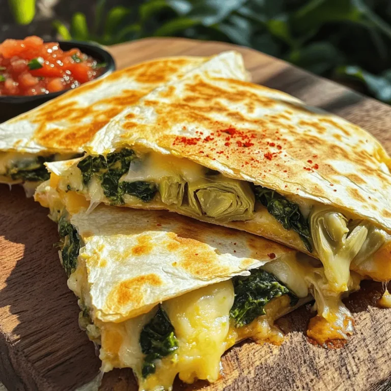- 1 Tasse frischer Spinat, grob gehackt - 1 Tasse Artischockenherzen, abgetropft und grob gehackt - 1 Tasse Frischkäse, auf Zimmertemperatur weich werden lassen - 1 Tasse geriebener Mozzarella-Käse - 1/2 Tasse geriebener Parmesan-Käse - 1 Teelöffel Knoblauchpulver - 1 Teelöffel Zwiebelpulver - 1/2 Teelöffel zerdrückte rote Pfefferflocken (optional) - 8 Tortillas aus Weizenmehl - Olivenöl, zum Braten - Salz und Pfeffer nach Geschmack - Portionen: 4 - Nährwertangaben pro Portion (ungefähr): - Kalorien: 350 - Fett: 18 g - Kohlenhydrate: 32 g - Eiweiß: 15 g Die Auswahl der Zutaten macht den Unterschied. Frischer Spinat bringt einen tollen Geschmack und Farbe. Artischockenherzen fügen eine besondere Note hinzu. Die Käsevarianten geben den Quesadillas ihren typischen cremigen Charakter. Wenn du die Gewürze gut mischst, wird das Aroma noch besser. Die Tortillas sind die perfekte Hülle, die alles zusammenhält. Wenn du mehr über die Zubereitung erfahren möchtest, schau dir die [Full Recipe] an. Um die Füllung zu machen, beginne mit der Käsemischung. In einer großen Schüssel vermischt du den Frischkäse, den gehackten Spinat und die Artischockenherzen. Füge den geriebenen Mozzarella und den Parmesan hinzu. Rühre alles gut um, bis du eine glatte Mischung hast. Jetzt kommen die Gewürze. Gib das Knoblauchpulver, das Zwiebelpulver und die zerdrückten roten Pfefferflocken dazu. Schmecke die Mischung mit Salz und Pfeffer ab. Rühre erneut gut um, damit sich die Aromen verbinden. Heize eine große Pfanne auf mittlerer Hitze vor. Gib einen Spritzer Olivenöl hinein, um die Pfanne zu ölen. Lege eine Tortilla in die Pfanne. Verteile eine großzügige Menge der Käse-Spinat-Mischung über die Hälfte der Tortilla. Klappe die Tortilla vorsichtig zusammen. Brate die Tortilla für etwa 3-4 Minuten, bis sie goldbraun ist und der Käse schmilzt. Drehe die Quesadilla um und brate die andere Seite für weitere 3-4 Minuten. Wiederhole diesen Schritt mit den restlichen Tortillas und der Füllung. Nimm die fertigen Quesadillas aus der Pfanne und lasse sie kurz abkühlen. Schneide die Quesadillas in Quadrate oder Keile. Platziere sie auf einem großen Teller. Für die Präsentation kannst du die Quesadilla-Stücke mit frischen Korianderblättern garnieren. Stelle ein kleines Schälchen Salsa oder Guacamole in die Mitte. So sieht es nicht nur schön aus, sondern schmeckt auch großartig! Für die gesamte Zubereitung sieh dir das Full Recipe an. Um die perfekten Quesadillas zu machen, ist die Temperatur wichtig. Erhitze die Pfanne auf mittlere Hitze. So wird der Käse gleichmäßig geschmolzen. Ein guter Tipp ist, die Quesadilla nur ein paar Minuten pro Seite zu braten. Wenn du die Quesadilla zu lange brätst, kann sie trocken werden. Achte darauf, dass die Tortilla goldbraun wird. Um zu verhindern, dass der Käse aus der Quesadilla läuft, benutze die richtige Menge Füllung. Zu viel Füllung lässt den Käse herausquellen. Lege die Füllung auf die Hälfte der Tortilla. Klappe die Tortilla dann vorsichtig zu und drücke sie leicht an. Du kannst Variationen ausprobieren, indem du verschiedene Gemüsesorten verwendest. Zum Beispiel kannst du Paprika oder Pilze hinzufügen. Diese sorgen für neuen Geschmack und Textur. Verschiedene Käsesorten machen die Quesadillas noch besser. Probiere Cheddar oder Gouda. Diese Käsesorten schmelzen gut und fügen neuen Geschmack hinzu. Du kannst die Füllung im Voraus vorbereiten. Mische den Frischkäse, Spinat und Artischocken. Bewahre die Füllung in einem Behälter im Kühlschrank auf. So sparst du Zeit, wenn du die Quesadillas machen möchtest. Wenn du gebratene Quesadillas aufbewahren möchtest, lege sie in einen luftdichten Behälter. Sie bleiben so frisch. Du kannst sie dann einfach wieder aufwärmen. Sie schmecken immer noch lecker. {{image_4}} Für eine vegetarische Quesadilla kannst du andere Gemüsearten hinzufügen. Zum Beispiel sind Paprika, Zucchini oder Pilze großartige Optionen. Diese Gemüse bringen mehr Farbe und Geschmack. Du kannst auch vegane Käsesorten verwenden. So bleibt das Gericht fleischfrei und lecker. Wenn du die Quesadilla leichter machen willst, verwende Vollkorn-Tortillas. Diese sind gesünder und haben mehr Ballaststoffe. Du kannst auch den Käseanteil reduzieren. So wird es weniger fettig und trotzdem schmackhaft. Für mehr Würze kannst du Jalapeños oder Chili hinzufügen. Diese bringen einen tollen Kick in die Quesadilla. Du kannst auch die Gewürze nach deinem Geschmack anpassen. Probiere verschiedene Kräuter oder Gewürzmischungen aus, um deinen eigenen Stil zu finden. Die Quesadillas halten sich im Kühlschrank bis zu drei Tage. Lagern Sie sie in einem luftdichten Behälter. Ich finde, sie sind perfekt für Reste. Sie schmecken auch am nächsten Tag noch gut. Um die Quesadillas einzufrieren, lassen Sie sie zuerst abkühlen. Wickeln Sie jede Quesadilla in Frischhaltefolie. Legen Sie sie dann in einen Gefrierbeutel. So bleiben sie bis zu drei Monate frisch. Zum Auftauen legen Sie sie für ein paar Stunden in den Kühlschrank. Erhitzen Sie sie dann in einer Pfanne oder im Ofen. Um die Quesadillas wieder aufzuwärmen, nutzen Sie eine Pfanne. Erhitzen Sie sie bei mittlerer Hitze für etwa fünf Minuten pro Seite. Dies sorgt dafür, dass sie knusprig bleiben. Achten Sie darauf, dass der Käse gut schmilzt. Der Geschmack bleibt beim Aufwärmen sehr gut. Die Konsistenz ist fast wie frisch zubereitet. Um die Quesadillas knuspriger zu machen, verwende mehr Öl oder Butter. Das Öl hilft, die Tortilla goldbraun zu braten. Vorheize auch die Pfanne gut! Eine heiße Pfanne sorgt für eine schnelle Bräunung und knusprige Textur. Ja, du kannst gefrorenen Spinat oder Artischocken verwenden. Achte darauf, sie gut abzutropfen. Gefrorene Zutaten können die Konsistenz leicht verändern. Sie können mehr Flüssigkeit abgeben, also drücke sie gut aus, bevor du sie hinzufügst. Beliebte Dips sind Salsa, Guacamole und Sour Cream. Diese passen gut zu den Quesadillas. Du kannst auch einen frischen Salat oder eine einfache Gemüsesuppe als Beilage servieren, um ein volleres Gericht zu schaffen. Die Quesadillas bieten eine gute Balance aus Gemüse und Käse. Achte auf die Portionsgröße. Um sie gesünder zu machen, verwende weniger Käse oder Vollkorn-Tortillas. Du kannst auch mehr frisches Gemüse hinzufügen, um den Nährwert zu erhöhen. Ja, es gibt glutenfreie Tortillas. Diese sind in vielen Supermärkten erhältlich. Du kannst auch die Füllung anpassen, um sicherzustellen, dass sie glutenfrei ist, wenn du andere Zutaten verwendest. Quesadillas sind ein einfacher und leckerer Snack oder eine Mahlzeit. Mit frischem Spinat, Artischocken und verschiedenen Käsesorten wird jede Biss einzigartig. Die Schritt-für-Schritt-Anleitung macht das Zubereiten leicht. Zudem kannst du mit Gewürzen und Zutaten spielen, um deine Quesadillas anzupassen. Bewahre sie gut auf, um den Geschmack zu erhalten. Die Möglichkeiten sind endlos. Mach dich bereit, deine neuen Lieblings-Quesadillas zu genießen!