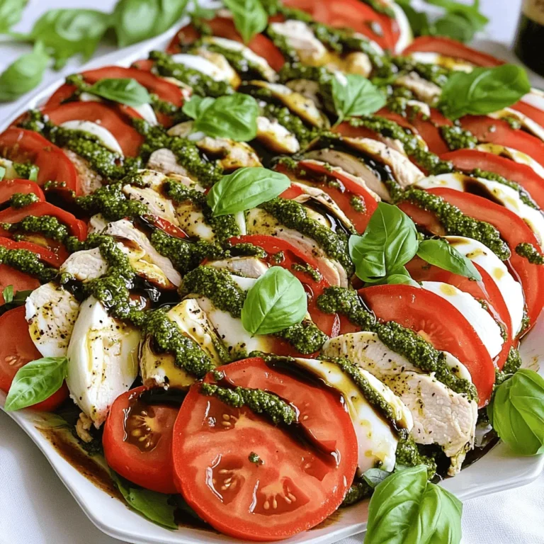 - 2 Hähnchenbrustfilets ohne Knochen und Haut - ½ Tasse Basilikumpesto (kaufbereit oder selbstgemacht) - 2 große Tomaten, in Scheiben geschnitten - 225 g frischer Mozzarella, in Scheiben geschnitten Die Hauptzutaten machen diesen Salat besonders. Die Hähnchenbrust ist zart und saftig. Das Pesto bringt tollen Geschmack. Tomaten und Mozzarella sorgen für Frische und Textur. - Salz und Pfeffer nach Geschmack - 2 Esslöffel Olivenöl Salz und Pfeffer sind wichtig für den Geschmack. Sie bringen die Aromen der anderen Zutaten zur Geltung. Das Olivenöl hilft, die Hähnchenbrust schön zu braten. - 1 Tasse frische Basilikumblätter - Balsamico-Glasur, zum Beträufeln Frische Basilikumblätter geben dem Gericht Farbe und Aroma. Die Balsamico-Glasur fügt eine süße Note hinzu. Sie macht den Salat noch leckerer. Für das Rezept, schau dir das [Full Recipe] an. Zuerst würze die Hähnchenbrustfilets mit Salz und Pfeffer. Das gibt dem Hähnchen einen guten Geschmack. Erhitze zwei Esslöffel Olivenöl in einer Pfanne bei mittlerer Hitze. Lege die Hähnchenbrustfilets in die Pfanne. Brate sie etwa 6-7 Minuten pro Seite. Achte darauf, dass das Fleisch durchgegart ist. Es sollte kein rosa Fleisch mehr zu sehen sein. Nach dem Braten nehme das Hähnchen aus der Pfanne. Lass es für 5 Minuten ruhen. Diese Ruhezeit ist wichtig, damit das Hähnchen saftig bleibt. Schneide das Hähnchen dann in dünne Scheiben. Jetzt kommt das Pesto. Du kannst Pesto selbst machen oder ein Fertigprodukt nutzen. Für hausgemachtes Pesto püriere frisches Basilikum, Knoblauch, Pinienkerne, Parmesan und Olivenöl in einem Mixer. Achte darauf, dass die Mischung glatt wird. Wenn du kein Pesto machen willst, nimm einfach das fertige Produkt. Es spart Zeit und schmeckt trotzdem gut. Beginne mit der Anordnung der Tomaten und Mozzarella. Schneide die Tomaten in Scheiben und den Mozzarella ebenfalls. Lege die Tomaten und Mozzarella in einem schönen Muster auf einen großen Teller. Lass die Scheiben leicht überlappen und lege frische Basilikumblätter zwischen die Scheiben. Jetzt füge die Hähnchenbrustscheiben hinzu. Lege sie auf die Anordnung von Tomaten und Mozzarella. Als letzten Schritt beträufle alles großzügig mit dem Basilikumpesto. Das gibt dem Salat einen frischen und leckeren Geschmack. Für das besondere Etwas träufle etwas Balsamico-Glasur über den Salat. Sie gibt eine süße Note dazu. So wird der Pesto Chicken Caprese Salat einfach und lecker. Du kannst das gesamte Rezept unter [Full Recipe] finden. Um Hähnchenbrust perfekt zuzubereiten, gibt es zwei Hauptmethoden: Grillen und Backen. - Grillen: Das Grillen gibt dem Hähnchen einen rauchigen Geschmack. Heize den Grill auf mittlere Hitze. Würze das Hähnchen mit Salz und Pfeffer. Grill das Hähnchen 6-7 Minuten auf jeder Seite. Überprüfe die Temperatur, um sicherzustellen, dass es durch ist. - Backen: Beim Backen bleibt das Hähnchen saftig. Heize den Ofen auf 200 Grad vor. Lege das gewürzte Hähnchen auf ein Backblech. Backe es 25-30 Minuten, bis es goldbraun und durchgegart ist. Pesto ist nicht nur Basilikum. Du kannst verschiedene Nüsse und Kräuter nutzen. - Nüsse: Walnüsse, Mandeln oder Cashewkerne sind tolle Alternativen. Sie geben dem Pesto eine neue Note. - Kräuter: Experimentiere mit Petersilie, Koriander oder Rucola. Jedes Kraut bringt seinen eigenen Geschmack. Denke an passende Beilagen und Getränke, um den Salat abzurunden. - Beilagen: Ein frisches Baguette oder knusprige Ciabatta passen gut dazu. Auch ein einfacher grüner Salat ist eine gute Wahl. - Getränke: Ein leichter Weißwein oder ein spritziges Mineralwasser ergänzt den Salat perfekt. Für das beste Ergebnis, probiere den Full Recipe. {{image_4}} Eine tolle Idee ist, das Hähnchen durch Tofu oder Kichererbsen zu ersetzen. Tofu nimmt gut den Geschmack des Pestos auf. Für Kichererbsen, einfach die Dose öffnen und gut abspülen. Beides bietet eine leckere und proteinreiche Option. Du kannst die Kichererbsen leicht rösten, um mehr Geschmack zu bekommen. Das Dressing kann einen großen Unterschied machen. Du kannst Joghurt-Dressing verwenden, wenn du etwas Leichteres magst. Eine Vinaigrette bringt eine frische Note. Mische Olivenöl, Essig, Salz und Pfeffer. Das verleiht dem Salat eine neue Dimension. Probiere verschiedene Kombinationen, um deinen Favoriten zu finden. Nutze saisonale Gemüse oder Obst für mehr Frische. Im Sommer sind Kirschtomaten perfekt. Im Herbst kannst du Kürbiswürfel hinzufügen. Auch frische Beeren im Frühling bringen eine süße Note in den Salat. Die Verwendung von frischen, saisonalen Zutaten macht jedes Gericht besser. So bleibt der Salat spannend und lecker. Du kannst den Pesto Chicken Caprese Salat einfach aufbewahren. Verwende einen luftdichten Kühlschrankbehälter. So bleibt der Salat frisch. Wenn du ihn länger lagern willst, packe ihn in einen Gefrierbehälter. Stelle sicher, dass die Zutaten gut getrennt sind. Das schützt den Geschmack. Am besten isst du den Salat innerhalb von drei Tagen. Nach dieser Zeit verliert er an Frische. Achte darauf, dass der Salat gut verschlossen ist. So hält er länger. Wenn du ihn gefroren hast, solltest du ihn innerhalb eines Monats essen. Die Textur kann sich ändern, wenn du ihn zu lange aufbewahrst. Wenn du den Salat aufwärmen möchtest, gehe vorsichtig vor. Erwärme ihn in der Mikrowelle bei niedriger Stufe. Alternativ kannst du ihn in einer Pfanne bei schwacher Hitze erwärmen. Achte darauf, das Pesto nicht zu lange zu erhitzen. Es kann sonst seine frische Farbe und den Geschmack verlieren. Um Pesto selbst zu machen, benötigst du frische Zutaten. Hier sind die Zutaten: - 2 Tassen frisches Basilikum - 2 Knoblauchzehen - ½ Tasse Pinienkerne - ½ Tasse frisch geriebener Parmesan - ½ Tasse Olivenöl Die Zubereitung ist einfach. Du gibst das Basilikum, Knoblauch, Pinienkerne und Parmesan in einen Mixer. Mixe die Mischung, bis sie grob ist. Dann füge langsam das Olivenöl hinzu, während du weitermixst. Das Pesto sollte glatt und cremig sein. Du kannst auch Walnüsse oder Cashewkerne verwenden, um verschiedene Geschmäcker zu erzielen. Ja, dieser Salat ist sehr gesund. Er bietet viele Nährstoffe. Das Hähnchen liefert hochwertiges Eiweiß. Mozzarella enthält Kalzium und wenig Fett. Tomaten sind reich an Antioxidantien. Basilikum hat entzündungshemmende Eigenschaften. Olivenöl enthält gesunde Fette, die gut für das Herz sind. Insgesamt unterstützt dieser Salat eine ausgewogene Ernährung und kann helfen, gesund zu bleiben. Ja, dieser Salat eignet sich gut für Meal Prep. Du kannst die Hähnchenbrust und das Pesto im Voraus zubereiten. Lagere die Zutaten getrennt, um die Frische zu bewahren. Die Tomaten und den Mozzarella kannst du ebenfalls vorbereiten. Vor dem Servieren einfach alles zusammensetzen. So hast du eine schnelle und gesunde Mahlzeit für die Woche. In diesem Blogbeitrag habe ich die wichtigsten Zutaten sowie die Schritte zur Zubereitung eines leckeren Hähnchenpesto-Salats behandelt. Du hast erfahren, wie man das Hähnchen perfekt brät und das Pesto selbst macht. Außerdem habe ich dir Tipps gegeben, um Variationen und Lagerung zu berücksichtigen. Ein schmackhaftes Gericht bringt Freude auf den Tisch. Mit frischen Zutaten schaffst du schnelle, gesunde Mahlzeiten. Probiere es aus und bringe Abwechslung in deine Küche!