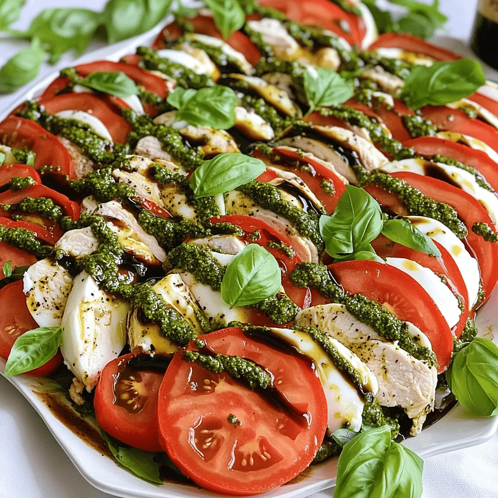- 2 Hähnchenbrustfilets ohne Knochen und Haut - ½ Tasse Basilikumpesto (kaufbereit oder selbstgemacht) - 2 große Tomaten, in Scheiben geschnitten - 225 g frischer Mozzarella, in Scheiben geschnitten Die Hauptzutaten machen diesen Salat besonders. Die Hähnchenbrust ist zart und saftig. Das Pesto bringt tollen Geschmack. Tomaten und Mozzarella sorgen für Frische und Textur. - Salz und Pfeffer nach Geschmack - 2 Esslöffel Olivenöl Salz und Pfeffer sind wichtig für den Geschmack. Sie bringen die Aromen der anderen Zutaten zur Geltung. Das Olivenöl hilft, die Hähnchenbrust schön zu braten. - 1 Tasse frische Basilikumblätter - Balsamico-Glasur, zum Beträufeln Frische Basilikumblätter geben dem Gericht Farbe und Aroma. Die Balsamico-Glasur fügt eine süße Note hinzu. Sie macht den Salat noch leckerer. Für das Rezept, schau dir das [Full Recipe] an. Zuerst würze die Hähnchenbrustfilets mit Salz und Pfeffer. Das gibt dem Hähnchen einen guten Geschmack. Erhitze zwei Esslöffel Olivenöl in einer Pfanne bei mittlerer Hitze. Lege die Hähnchenbrustfilets in die Pfanne. Brate sie etwa 6-7 Minuten pro Seite. Achte darauf, dass das Fleisch durchgegart ist. Es sollte kein rosa Fleisch mehr zu sehen sein. Nach dem Braten nehme das Hähnchen aus der Pfanne. Lass es für 5 Minuten ruhen. Diese Ruhezeit ist wichtig, damit das Hähnchen saftig bleibt. Schneide das Hähnchen dann in dünne Scheiben. Jetzt kommt das Pesto. Du kannst Pesto selbst machen oder ein Fertigprodukt nutzen. Für hausgemachtes Pesto püriere frisches Basilikum, Knoblauch, Pinienkerne, Parmesan und Olivenöl in einem Mixer. Achte darauf, dass die Mischung glatt wird. Wenn du kein Pesto machen willst, nimm einfach das fertige Produkt. Es spart Zeit und schmeckt trotzdem gut. Beginne mit der Anordnung der Tomaten und Mozzarella. Schneide die Tomaten in Scheiben und den Mozzarella ebenfalls. Lege die Tomaten und Mozzarella in einem schönen Muster auf einen großen Teller. Lass die Scheiben leicht überlappen und lege frische Basilikumblätter zwischen die Scheiben. Jetzt füge die Hähnchenbrustscheiben hinzu. Lege sie auf die Anordnung von Tomaten und Mozzarella. Als letzten Schritt beträufle alles großzügig mit dem Basilikumpesto. Das gibt dem Salat einen frischen und leckeren Geschmack. Für das besondere Etwas träufle etwas Balsamico-Glasur über den Salat. Sie gibt eine süße Note dazu. So wird der Pesto Chicken Caprese Salat einfach und lecker. Du kannst das gesamte Rezept unter [Full Recipe] finden. Um Hähnchenbrust perfekt zuzubereiten, gibt es zwei Hauptmethoden: Grillen und Backen. - Grillen: Das Grillen gibt dem Hähnchen einen rauchigen Geschmack. Heize den Grill auf mittlere Hitze. Würze das Hähnchen mit Salz und Pfeffer. Grill das Hähnchen 6-7 Minuten auf jeder Seite. Überprüfe die Temperatur, um sicherzustellen, dass es durch ist. - Backen: Beim Backen bleibt das Hähnchen saftig. Heize den Ofen auf 200 Grad vor. Lege das gewürzte Hähnchen auf ein Backblech. Backe es 25-30 Minuten, bis es goldbraun und durchgegart ist. Pesto ist nicht nur Basilikum. Du kannst verschiedene Nüsse und Kräuter nutzen. - Nüsse: Walnüsse, Mandeln oder Cashewkerne sind tolle Alternativen. Sie geben dem Pesto eine neue Note. - Kräuter: Experimentiere mit Petersilie, Koriander oder Rucola. Jedes Kraut bringt seinen eigenen Geschmack. Denke an passende Beilagen und Getränke, um den Salat abzurunden. - Beilagen: Ein frisches Baguette oder knusprige Ciabatta passen gut dazu. Auch ein einfacher grüner Salat ist eine gute Wahl. - Getränke: Ein leichter Weißwein oder ein spritziges Mineralwasser ergänzt den Salat perfekt. Für das beste Ergebnis, probiere den Full Recipe. {{image_4}} Eine tolle Idee ist, das Hähnchen durch Tofu oder Kichererbsen zu ersetzen. Tofu nimmt gut den Geschmack des Pestos auf. Für Kichererbsen, einfach die Dose öffnen und gut abspülen. Beides bietet eine leckere und proteinreiche Option. Du kannst die Kichererbsen leicht rösten, um mehr Geschmack zu bekommen. Das Dressing kann einen großen Unterschied machen. Du kannst Joghurt-Dressing verwenden, wenn du etwas Leichteres magst. Eine Vinaigrette bringt eine frische Note. Mische Olivenöl, Essig, Salz und Pfeffer. Das verleiht dem Salat eine neue Dimension. Probiere verschiedene Kombinationen, um deinen Favoriten zu finden. Nutze saisonale Gemüse oder Obst für mehr Frische. Im Sommer sind Kirschtomaten perfekt. Im Herbst kannst du Kürbiswürfel hinzufügen. Auch frische Beeren im Frühling bringen eine süße Note in den Salat. Die Verwendung von frischen, saisonalen Zutaten macht jedes Gericht besser. So bleibt der Salat spannend und lecker. Du kannst den Pesto Chicken Caprese Salat einfach aufbewahren. Verwende einen luftdichten Kühlschrankbehälter. So bleibt der Salat frisch. Wenn du ihn länger lagern willst, packe ihn in einen Gefrierbehälter. Stelle sicher, dass die Zutaten gut getrennt sind. Das schützt den Geschmack. Am besten isst du den Salat innerhalb von drei Tagen. Nach dieser Zeit verliert er an Frische. Achte darauf, dass der Salat gut verschlossen ist. So hält er länger. Wenn du ihn gefroren hast, solltest du ihn innerhalb eines Monats essen. Die Textur kann sich ändern, wenn du ihn zu lange aufbewahrst. Wenn du den Salat aufwärmen möchtest, gehe vorsichtig vor. Erwärme ihn in der Mikrowelle bei niedriger Stufe. Alternativ kannst du ihn in einer Pfanne bei schwacher Hitze erwärmen. Achte darauf, das Pesto nicht zu lange zu erhitzen. Es kann sonst seine frische Farbe und den Geschmack verlieren. Um Pesto selbst zu machen, benötigst du frische Zutaten. Hier sind die Zutaten: - 2 Tassen frisches Basilikum - 2 Knoblauchzehen - ½ Tasse Pinienkerne - ½ Tasse frisch geriebener Parmesan - ½ Tasse Olivenöl Die Zubereitung ist einfach. Du gibst das Basilikum, Knoblauch, Pinienkerne und Parmesan in einen Mixer. Mixe die Mischung, bis sie grob ist. Dann füge langsam das Olivenöl hinzu, während du weitermixst. Das Pesto sollte glatt und cremig sein. Du kannst auch Walnüsse oder Cashewkerne verwenden, um verschiedene Geschmäcker zu erzielen. Ja, dieser Salat ist sehr gesund. Er bietet viele Nährstoffe. Das Hähnchen liefert hochwertiges Eiweiß. Mozzarella enthält Kalzium und wenig Fett. Tomaten sind reich an Antioxidantien. Basilikum hat entzündungshemmende Eigenschaften. Olivenöl enthält gesunde Fette, die gut für das Herz sind. Insgesamt unterstützt dieser Salat eine ausgewogene Ernährung und kann helfen, gesund zu bleiben. Ja, dieser Salat eignet sich gut für Meal Prep. Du kannst die Hähnchenbrust und das Pesto im Voraus zubereiten. Lagere die Zutaten getrennt, um die Frische zu bewahren. Die Tomaten und den Mozzarella kannst du ebenfalls vorbereiten. Vor dem Servieren einfach alles zusammensetzen. So hast du eine schnelle und gesunde Mahlzeit für die Woche. In diesem Blogbeitrag habe ich die wichtigsten Zutaten sowie die Schritte zur Zubereitung eines leckeren Hähnchenpesto-Salats behandelt. Du hast erfahren, wie man das Hähnchen perfekt brät und das Pesto selbst macht. Außerdem habe ich dir Tipps gegeben, um Variationen und Lagerung zu berücksichtigen. Ein schmackhaftes Gericht bringt Freude auf den Tisch. Mit frischen Zutaten schaffst du schnelle, gesunde Mahlzeiten. Probiere es aus und bringe Abwechslung in deine Küche!