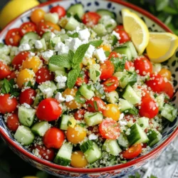Für einen leckeren Zitronen-Kräuter-Quinoa-Salat brauchen wir einige frische Zutaten. Hier sind die Hauptzutaten: - 1 Tasse Quinoa, gründlich abgespült - 2 Tassen Gemüsebrühe (oder Wasser) - 1 Tasse Kirschtomaten, halbiert - 1 Salatgurke, gewürfelt - 1 rote Paprika, gewürfelt - 1/4 rote Zwiebel, fein gehackt - 1/4 Tasse frische Petersilie, grob gehackt - 1/4 Tasse frische Minze, grob gehackt - 1/4 Tasse Feta-Käse, zerbröckelt (optional) - 3 Esslöffel Olivenöl - 2 Esslöffel Zitronensaft - Abrieb von 1 Zitrone - Salz und Pfeffer nach Geschmack Diese Zutaten bringen frische Aromen und eine schöne Balance. Wenn du spezielle Diätvorgaben hast, kannst du einige Zutaten leicht anpassen. Zum Beispiel: - Verwende Quinoa oder Hirse für glutenfreie Optionen. - Für vegane Ernährung lasse den Feta-Käse weg. - Ersetze die Gemüsebrühe durch Wasser, um die Kalorien zu senken. - Nutze andere Kräuter wie Basilikum oder Koriander für neue Geschmäcker. Diese Anpassungen machen den Salat für jeden geeignet. Um die besten Zutaten auszuwählen, achte auf die Frische und Qualität. Hier sind einige Tipps: - Wähle leuchtend rote und feste Kirschtomaten. - Die Gurke sollte knusprig sein und keine weichen Stellen haben. - Achte darauf, dass die Kräuter frisch und grün sind. - Verwende hochwertigen Olivenöl für den besten Geschmack. Mit diesen Tipps stellst du sicher, dass dein Salat frisch und lecker wird. Wenn du diese Zutaten zusammenfügst, erhältst du einen köstlichen Zitronen-Kräuter-Quinoa-Salat. Für das gesamte Rezept schau dir den [Full Recipe] an. Zuerst bringe ich die Gemüsebrühe oder das Wasser in einem mittleren Topf zum Kochen. Das ist der erste Schritt. Dann spüle ich die Quinoa gründlich unter kaltem Wasser ab. Dies hilft, Bitterstoffe zu entfernen. Ich gebe die Quinoa in die sprudelnde Brühe. Dann reduziere ich die Hitze und decke den Topf ab. Nach 15 Minuten ist die Quinoa gar. Ich nehme den Topf vom Herd und lasse sie 5 Minuten ruhen. Danach lockere ich die Quinoa mit einer Gabel auf und lasse sie abkühlen. In einer großen Schüssel mische ich die abgekühlte Quinoa mit Kirschtomaten, Gurke, roter Paprika und roten Zwiebeln. Es ist wichtig, alles gut zu vermengen. Diese frischen Zutaten bringen viel Farbe und Geschmack in den Salat. Ich achte darauf, dass die Gemüse gleichmäßig verteilt sind. So hat jeder Bissen das volle Aroma. Für das Dressing nehme ich eine separate Schüssel. Hier vermische ich Olivenöl, Zitronensaft, Zitronenabrieb, Salz und Pfeffer. Ich verquirle alles gut, damit sich die Aromen verbinden. Dann gieße ich das Dressing gleichmäßig über die Salatmischung. Schließlich rühre ich vorsichtig um, bis alles gut vermengt ist. Ich füge die gehackte Petersilie und Minze hinzu. Wenn ich möchte, streue ich auch zerbröckelten Feta-Käse darüber. Jetzt ist der Salat fast fertig! Ein häufiger Fehler ist, Quinoa nicht gut zu spülen. Das kann den Salat bitter machen. Spülen Sie die Quinoa gründlich unter kaltem Wasser. So entfernen Sie die Bitterstoffe. Verwenden Sie auch einen Topf mit passendem Deckel. Wenn der Deckel nicht gut schließt, kann Dampf entweichen. Dies führt zu ungleichmäßig gegarter Quinoa. Die ideale Garzeit für Quinoa beträgt 15 Minuten. Achten Sie darauf, die Hitze nach dem Aufkochen zu reduzieren. Decken Sie den Topf gut ab. Nach 15 Minuten sollte die gesamte Flüssigkeit aufgesogen sein. Lassen Sie die Quinoa dann noch 5 Minuten ruhen. Dies macht die Körner fluffiger und lockerer. Die Präsentation ist wichtig. Nutzen Sie eine große, bunte Schüssel für den Salat. Das sieht einladend aus. Garnieren Sie den Salat mit frischen Zitronenscheiben. Eine Prise frischer Kräuter rundet das Bild ab. So bleibt Ihr Zitronen-Kräuter-Quinoa-Salat frisch und lebendig. Die Farben und Texturen machen das Gericht noch leckerer. Probieren Sie es aus! Für das gesamte Rezept, schauen Sie sich den Full Recipe an. {{image_4}} Um den Zitronen-Kräuter-Quinoa-Salat noch interessanter zu machen, füge einige zusätzliche Zutaten hinzu. Nüsse wie Mandeln oder Walnüsse bieten einen tollen Crunch. Avocado bringt eine cremige Textur, die gut harmoniert. Oliven geben einen salzigen Kick. Experimentiere mit verschiedenen Käsesorten, wie Ziegenkäse oder Parmesan, um einen neuen Geschmack zu entdecken. Für eine vegane Version lasse einfach den Feta-Käse weg. Du kannst auch pflanzliche Alternativen nutzen, wie veganen Käse oder sogar geröstete Kichererbsen für mehr Protein. Achte darauf, dass dein Olivenöl und Zitronensaft frisch sind. Diese Zutaten sorgen für einen klaren, frischen Geschmack in deinem Salat. Nutze die Saison, um deinen Salat zu variieren. Im Frühling sind Spargel und Erbsen frisch und lecker. Im Sommer sind sonnenverwöhnte Tomaten und frische Basilikumblätter perfekt. Im Herbst kannst du geröstete Kürbisstücke und Granatapfelkerne hinzufügen. Im Winter sind Rote Bete und Kohl sehr schmackhaft. Diese saisonalen Zutaten bringen nicht nur Geschmack, sondern auch viele Nährstoffe. Der Zitronen-Kräuter-Quinoa-Salat hält sich gut im Kühlschrank. Er bleibt frisch für etwa drei bis fünf Tage. Achte darauf, den Salat in einem luftdichten Behälter zu lagern. So bleibt die Textur der Zutaten erhalten. Um den Salat optimal aufzubewahren, trenne die Soße von den festen Zutaten. So bleibt der Salat knackig. Du kannst die Soße in einem kleinen Behälter aufbewahren. Wenn du bereit bist zu essen, mische alles zusammen. Das macht den Salat noch besser! Einfrieren ist möglich, aber nicht ideal für diesen Salat. Die frischen Zutaten verlieren beim Auftauen ihre Textur. Wenn du ihn dennoch einfrierst, stelle sicher, dass du nur die Quinoa ohne Gemüse einfrierst. Zum Auftauen lasse die Quinoa im Kühlschrank über Nacht. Wenn du sie erwärmst, achte darauf, dass sie nicht zu weich wird. Wenn Sie keine Quinoa haben, versuchen Sie Couscous oder Bulgur. Diese Körner sind leicht und schnell zuzubereiten. Auch brauner Reis funktioniert gut. Sie geben dem Salat eine andere Textur, aber der Geschmack bleibt frisch und lecker. Ja, dieser Salat ist vegan, wenn Sie den Feta-Käse weglassen. Alle anderen Zutaten sind pflanzlich. Sie können auch pflanzlichen Käse verwenden, wenn Sie möchten. So bleibt der Salat gesund und rein pflanzlich. Ja, Sie können den Salat im Voraus zubereiten. Stellen Sie sicher, dass Sie ihn gut abdecken. Lagern Sie ihn im Kühlschrank. Die Aromen werden besser, wenn der Salat einige Stunden zieht. Genießen Sie ihn frisch oder nach ein paar Stunden für mehr Geschmack. In diesem Artikel habe ich die wichtigsten Zutaten und Schritte für deinen Zitronen-Kräuter-Quinoa-Salat erklärt. Du hast gelernt, wie du die besten Zutaten auswählst und häufige Fehler vermeidest. Die Zubereitung in einfachen Schritten macht es leicht. Variationen und Lagerungstipps sorgen dafür, dass der Salat frisch bleibt. Jetzt bist du bereit, deinen eigenen leckeren und gesunden Salat zuzubereiten. Nutze diese Tipps für ein besseres Kochen!