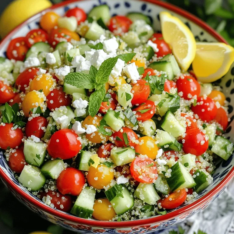 Für einen leckeren Zitronen-Kräuter-Quinoa-Salat brauchen wir einige frische Zutaten. Hier sind die Hauptzutaten: - 1 Tasse Quinoa, gründlich abgespült - 2 Tassen Gemüsebrühe (oder Wasser) - 1 Tasse Kirschtomaten, halbiert - 1 Salatgurke, gewürfelt - 1 rote Paprika, gewürfelt - 1/4 rote Zwiebel, fein gehackt - 1/4 Tasse frische Petersilie, grob gehackt - 1/4 Tasse frische Minze, grob gehackt - 1/4 Tasse Feta-Käse, zerbröckelt (optional) - 3 Esslöffel Olivenöl - 2 Esslöffel Zitronensaft - Abrieb von 1 Zitrone - Salz und Pfeffer nach Geschmack Diese Zutaten bringen frische Aromen und eine schöne Balance. Wenn du spezielle Diätvorgaben hast, kannst du einige Zutaten leicht anpassen. Zum Beispiel: - Verwende Quinoa oder Hirse für glutenfreie Optionen. - Für vegane Ernährung lasse den Feta-Käse weg. - Ersetze die Gemüsebrühe durch Wasser, um die Kalorien zu senken. - Nutze andere Kräuter wie Basilikum oder Koriander für neue Geschmäcker. Diese Anpassungen machen den Salat für jeden geeignet. Um die besten Zutaten auszuwählen, achte auf die Frische und Qualität. Hier sind einige Tipps: - Wähle leuchtend rote und feste Kirschtomaten. - Die Gurke sollte knusprig sein und keine weichen Stellen haben. - Achte darauf, dass die Kräuter frisch und grün sind. - Verwende hochwertigen Olivenöl für den besten Geschmack. Mit diesen Tipps stellst du sicher, dass dein Salat frisch und lecker wird. Wenn du diese Zutaten zusammenfügst, erhältst du einen köstlichen Zitronen-Kräuter-Quinoa-Salat. Für das gesamte Rezept schau dir den [Full Recipe] an. Zuerst bringe ich die Gemüsebrühe oder das Wasser in einem mittleren Topf zum Kochen. Das ist der erste Schritt. Dann spüle ich die Quinoa gründlich unter kaltem Wasser ab. Dies hilft, Bitterstoffe zu entfernen. Ich gebe die Quinoa in die sprudelnde Brühe. Dann reduziere ich die Hitze und decke den Topf ab. Nach 15 Minuten ist die Quinoa gar. Ich nehme den Topf vom Herd und lasse sie 5 Minuten ruhen. Danach lockere ich die Quinoa mit einer Gabel auf und lasse sie abkühlen. In einer großen Schüssel mische ich die abgekühlte Quinoa mit Kirschtomaten, Gurke, roter Paprika und roten Zwiebeln. Es ist wichtig, alles gut zu vermengen. Diese frischen Zutaten bringen viel Farbe und Geschmack in den Salat. Ich achte darauf, dass die Gemüse gleichmäßig verteilt sind. So hat jeder Bissen das volle Aroma. Für das Dressing nehme ich eine separate Schüssel. Hier vermische ich Olivenöl, Zitronensaft, Zitronenabrieb, Salz und Pfeffer. Ich verquirle alles gut, damit sich die Aromen verbinden. Dann gieße ich das Dressing gleichmäßig über die Salatmischung. Schließlich rühre ich vorsichtig um, bis alles gut vermengt ist. Ich füge die gehackte Petersilie und Minze hinzu. Wenn ich möchte, streue ich auch zerbröckelten Feta-Käse darüber. Jetzt ist der Salat fast fertig! Ein häufiger Fehler ist, Quinoa nicht gut zu spülen. Das kann den Salat bitter machen. Spülen Sie die Quinoa gründlich unter kaltem Wasser. So entfernen Sie die Bitterstoffe. Verwenden Sie auch einen Topf mit passendem Deckel. Wenn der Deckel nicht gut schließt, kann Dampf entweichen. Dies führt zu ungleichmäßig gegarter Quinoa. Die ideale Garzeit für Quinoa beträgt 15 Minuten. Achten Sie darauf, die Hitze nach dem Aufkochen zu reduzieren. Decken Sie den Topf gut ab. Nach 15 Minuten sollte die gesamte Flüssigkeit aufgesogen sein. Lassen Sie die Quinoa dann noch 5 Minuten ruhen. Dies macht die Körner fluffiger und lockerer. Die Präsentation ist wichtig. Nutzen Sie eine große, bunte Schüssel für den Salat. Das sieht einladend aus. Garnieren Sie den Salat mit frischen Zitronenscheiben. Eine Prise frischer Kräuter rundet das Bild ab. So bleibt Ihr Zitronen-Kräuter-Quinoa-Salat frisch und lebendig. Die Farben und Texturen machen das Gericht noch leckerer. Probieren Sie es aus! Für das gesamte Rezept, schauen Sie sich den Full Recipe an. {{image_4}} Um den Zitronen-Kräuter-Quinoa-Salat noch interessanter zu machen, füge einige zusätzliche Zutaten hinzu. Nüsse wie Mandeln oder Walnüsse bieten einen tollen Crunch. Avocado bringt eine cremige Textur, die gut harmoniert. Oliven geben einen salzigen Kick. Experimentiere mit verschiedenen Käsesorten, wie Ziegenkäse oder Parmesan, um einen neuen Geschmack zu entdecken. Für eine vegane Version lasse einfach den Feta-Käse weg. Du kannst auch pflanzliche Alternativen nutzen, wie veganen Käse oder sogar geröstete Kichererbsen für mehr Protein. Achte darauf, dass dein Olivenöl und Zitronensaft frisch sind. Diese Zutaten sorgen für einen klaren, frischen Geschmack in deinem Salat. Nutze die Saison, um deinen Salat zu variieren. Im Frühling sind Spargel und Erbsen frisch und lecker. Im Sommer sind sonnenverwöhnte Tomaten und frische Basilikumblätter perfekt. Im Herbst kannst du geröstete Kürbisstücke und Granatapfelkerne hinzufügen. Im Winter sind Rote Bete und Kohl sehr schmackhaft. Diese saisonalen Zutaten bringen nicht nur Geschmack, sondern auch viele Nährstoffe. Der Zitronen-Kräuter-Quinoa-Salat hält sich gut im Kühlschrank. Er bleibt frisch für etwa drei bis fünf Tage. Achte darauf, den Salat in einem luftdichten Behälter zu lagern. So bleibt die Textur der Zutaten erhalten. Um den Salat optimal aufzubewahren, trenne die Soße von den festen Zutaten. So bleibt der Salat knackig. Du kannst die Soße in einem kleinen Behälter aufbewahren. Wenn du bereit bist zu essen, mische alles zusammen. Das macht den Salat noch besser! Einfrieren ist möglich, aber nicht ideal für diesen Salat. Die frischen Zutaten verlieren beim Auftauen ihre Textur. Wenn du ihn dennoch einfrierst, stelle sicher, dass du nur die Quinoa ohne Gemüse einfrierst. Zum Auftauen lasse die Quinoa im Kühlschrank über Nacht. Wenn du sie erwärmst, achte darauf, dass sie nicht zu weich wird. Wenn Sie keine Quinoa haben, versuchen Sie Couscous oder Bulgur. Diese Körner sind leicht und schnell zuzubereiten. Auch brauner Reis funktioniert gut. Sie geben dem Salat eine andere Textur, aber der Geschmack bleibt frisch und lecker. Ja, dieser Salat ist vegan, wenn Sie den Feta-Käse weglassen. Alle anderen Zutaten sind pflanzlich. Sie können auch pflanzlichen Käse verwenden, wenn Sie möchten. So bleibt der Salat gesund und rein pflanzlich. Ja, Sie können den Salat im Voraus zubereiten. Stellen Sie sicher, dass Sie ihn gut abdecken. Lagern Sie ihn im Kühlschrank. Die Aromen werden besser, wenn der Salat einige Stunden zieht. Genießen Sie ihn frisch oder nach ein paar Stunden für mehr Geschmack. In diesem Artikel habe ich die wichtigsten Zutaten und Schritte für deinen Zitronen-Kräuter-Quinoa-Salat erklärt. Du hast gelernt, wie du die besten Zutaten auswählst und häufige Fehler vermeidest. Die Zubereitung in einfachen Schritten macht es leicht. Variationen und Lagerungstipps sorgen dafür, dass der Salat frisch bleibt. Jetzt bist du bereit, deinen eigenen leckeren und gesunden Salat zuzubereiten. Nutze diese Tipps für ein besseres Kochen!