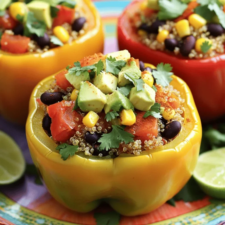 Für die perfekte Füllung brauchen Sie einige einfache Zutaten. Hier ist, was Sie benötigen: - 4 große Paprikaschoten (rot, gelb oder grün) - 1 Tasse Quinoa, gründlich gespült und abgetropft - 2 Tassen Gemüsebrühe - 1 Dose (425 g) schwarze Bohnen, abgegossen und gewaschen - 1 Tasse Mais (frisch oder gefroren) - 1 Tasse gewürfelte Tomaten (frisch oder aus der Dose) Diese Zutaten sind leicht zu finden und gesund. Die Kombination aus Quinoa und Bohnen gibt Ihnen viel Protein. Paprika sind knackig und bieten einen tollen Geschmack. Die richtigen Gewürze machen den Unterschied. Hier sind die, die Sie brauchen: - 1 Teelöffel Kreuzkümmel - 1 Teelöffel geräuchertes Paprikapulver - 1 Teelöffel Knoblauchpulver - 1/2 Teelöffel Chilipulver - Salz und Pfeffer nach Geschmack Mit diesen Gewürzen holen Sie das Beste aus Ihren gefüllten Paprikaschoten heraus. Kreuzkümmel bringt einen warmen, erdigen Geschmack. Geräuchertes Paprikapulver fügt eine schöne Rauchnote hinzu. Ein paar Extras machen das Gericht noch besser. Hier sind einige Optionen: - 1/4 Tasse frischer Koriander, gehackt (zum Garnieren) - 1 Avocado, gewürfelt (zum Belegen) - Saft von 1 Limette Garnieren Sie Ihre Paprikaschoten mit Koriander und Avocado. Der Limettensaft bringt Frische und einen schönen Kick. So machen Sie aus einer einfachen Mahlzeit etwas Besonderes. Für das ganze Rezept schauen Sie sich die [Full Recipe] an. Zuerst heizen wir den Ofen auf 190°C vor. Nehmen Sie die Paprikaschoten und schneiden Sie die oberen Teile ab. Entfernen Sie die Samen und die weißen Membranen. Stellen Sie die Paprikaschoten aufrecht in eine Auflaufform. Diese Schritte sind wichtig, damit die Füllung gut hineinpasst und die Paprika gleichmäßig garen. Jetzt kommen wir zur Füllung. In einem Topf bringen Sie die Gemüsebrühe zum Kochen. Fügen Sie die Quinoa hinzu und reduzieren Sie die Hitze. Lassen Sie die Quinoa 15 Minuten köcheln. Danach lockern Sie sie mit einer Gabel auf. In einer großen Schüssel vermengen Sie die gekochte Quinoa mit schwarzen Bohnen, Mais und gewürfelten Tomaten. Fügen Sie alle Gewürze hinzu. Rühren Sie die Mischung gut um und schmecken Sie sie mit Salz und Pfeffer ab. Diese Füllung bringt alle Aromen zusammen und macht die Paprika lecker. Jetzt ist es Zeit, die Paprikaschoten zu füllen. Nehmen Sie die Quinoa-Mischung und füllen Sie jede Paprikaschote großzügig. Drücken Sie die Füllung leicht an, damit nichts herausfällt. Decken Sie die Auflaufform mit Alufolie ab und backen Sie die Paprikaschoten 25 Minuten lang. Nach dieser Zeit entfernen Sie die Folie und backen für weitere 10 Minuten. So werden die Paprikaschoten zart. Lassen Sie sie nach dem Backen einige Minuten abkühlen. Garnieren Sie die gefüllten Paprikaschoten mit gewürfelter Avocado und frischem Koriander. Servieren Sie sie warm. Diese Schritte bringen das Gericht zum Strahlen! Um die perfekte Quinoa zu kochen, spülen Sie sie zuerst ab. Spülen hilft, Bitterkeit zu entfernen. Verwenden Sie im Verhältnis 1:2 Quinoa und Gemüsebrühe. Kochen Sie die Brühe zuerst. Fügen Sie dann die Quinoa hinzu. Decken Sie den Topf ab und reduzieren Sie die Hitze. Lassen Sie die Quinoa 15 Minuten köcheln. Nach dem Kochen lockern Sie die Quinoa mit einer Gabel auf. So wird sie fluffig und lecker. Sie können die Füllung nach Ihrem Geschmack anpassen. Fügen Sie mehr Gemüse hinzu, wie Zucchini oder Pilze. Verschiedene Bohnen können ebenfalls verwendet werden. Schwarze Bohnen sind toll, aber Kidneybohnen passen auch gut. Für einen scharfen Kick, fügen Sie frische Jalapeños hinzu. Experimentieren Sie mit Kräutern, wie Petersilie oder Thymian. So wird jedes Gericht einzigartig und spannend. Präsentation ist wichtig! Stellen Sie die gefüllten Paprikaschoten auf einen bunten Teller. Träufeln Sie frischen Limettensaft darüber. Fügen Sie einige Korianderzweige zur Dekoration hinzu. Die Farben der Paprika und der Füllung machen das Gericht lebendig. Servieren Sie die gefüllten Paprikaschoten warm. Das Rezept ist eine einfache und gesunde Wahl für jede Mahlzeit. Probieren Sie die bunte vegane gefüllte Paprika aus dem [Full Recipe]. {{image_4}} Die Füllung für gefüllte Paprika kann variieren. Verwende deine Lieblingszutaten. Du kannst Linsen, Kichererbsen oder sogar Reis nehmen. Probiere auch Gemüse wie Zucchini oder Spinat. Es gibt viele Möglichkeiten, kreativ zu sein. Denke daran, die Gewürze anzupassen. So schaffst du neue Geschmackskombinationen. Dieses Rezept ist bereits glutenfrei. Quinoa ist eine großartige Wahl. Es ist reich an Nährstoffen und hat einen tollen Geschmack. Du kannst auch andere glutenfreie Körner verwenden. Amaranth oder Buchweizen sind gute Alternativen. Achte darauf, dass alle Zutaten glutenfrei sind. So bleibt das Gericht für jeden geeignet. Serviere die gefüllten Paprika mit frischem Salat. Ein einfacher grüner Salat passt gut dazu. Du kannst auch eine Salsa oder Guacamole dazu reichen. Diese Beilagen bringen mehr Frische und Geschmack. Ein Stück knuspriges Brot ist ebenfalls eine gute Wahl. Es rundet das Essen ab und macht es sättigender. Wenn du nach der Vollständigkeit suchst, probiere auch Reis oder Quinoa als Beilage. Das ergänzt das Gericht perfekt. Wenn du Reste hast, lagere sie in einem luftdichten Behälter. Stelle sicher, dass die gefüllten Paprikas abgekühlt sind, bevor du sie wegpackst. So bleiben sie frisch und lecker. Du kannst sie bis zu drei Tage im Kühlschrank aufbewahren. Um die Paprikas wieder aufzuwärmen, benutze den Ofen. Heize ihn auf 180°C vor. Lege die gefüllten Paprikas in eine Auflaufform und füge einen Spritzer Wasser hinzu. Decke die Form mit Alufolie ab, um das Austrocknen zu vermeiden. Backe sie für etwa 15 bis 20 Minuten. So bleiben sie saftig. Im Kühlschrank halten sich die Reste bis zu drei Tage. Wenn du sie länger aufbewahren möchtest, friere sie ein. Bedecke die gefüllten Paprikas gut mit Frischhaltefolie oder lege sie in einen gefrierfesten Behälter. So bleiben sie bis zu drei Monate frisch. Denke daran, sie vollständig aufzutauen, bevor du sie aufwärmst. Für das vollständige Rezept schau dir die Anleitung an. Ja, du kannst die Paprika im Voraus füllen. Fülle die Paprika ganz nach deinem Wunsch. Danach lass sie im Kühlschrank stehen. Du kannst sie bis zu 24 Stunden im Voraus vorbereiten. Das spart Zeit, wenn du das Gericht servieren möchtest. Vor dem Backen lass sie auf Zimmertemperatur kommen. Das sorgt für gleichmäßiges Garen. Ja, dieses Rezept ist perfekt für Kinder. Die bunten Farben der Paprika sind ansprechend. Die Füllung aus Quinoa und Bohnen ist gesund und lecker. Du kannst die Gewürze anpassen, um es milder zu machen. Kinder mögen oft die Kombination aus süßen und herzhaften Aromen. Die Avocado und der Koriander geben einen frischen Geschmack. Sie sind eine großartige Ergänzung. Viele Gemüse eignen sich gut für die Füllung. Zucchini, Auberginen und Pilze sind tolle Optionen. Diese Gemüse fügen Geschmack und Textur hinzu. Du kannst auch Spinat oder Grünkohl verwenden. Diese Blätter sind nährstoffreich und leicht zu verarbeiten. Weitere Ideen sind Karotten, Mais oder sogar Kürbis. Experimentiere mit verschiedenen Kombinationen. So findest du deinen Favoriten. Vegane gefüllte Paprika sind lecker und gesund. Wir haben die Hauptzutaten, Gewürze und optionales Topping besprochen. Die Schritt-für-Schritt-Anleitung zeigt, wie man die Füllung zubereitet und die Paprika backt. Tipps und Tricks helfen dir, die perfekte Quinoa zu kochen und Gerichte anzupassen. Variationen geben dir Ideen für neue Füllungen und Beilagen. Zum Schluss gab es Aufbewahrungshinweise und häufige Fragen. Probiere diese Tipps aus und kreiere dein eigenes köstliches Gericht. Es macht Spaß, kreativ zu sein und zu essen!
