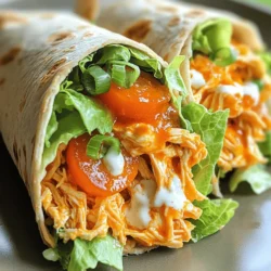 Um die besten Buffalo-Hühnchen-Wraps zu machen, brauchen Sie einige einfache Zutaten: - 2 Tassen gekochtes Hühnchen, zerkleinert - 1/4 Tasse Buffalo-Sauce - 1/2 Tasse Ranch-Dressing - 1 Tasse Romaine-Salat, gehackt - 1/2 Tasse gewürfelte Tomaten - 1/4 Tasse geriebener Cheddar-Käse - 4 große Vollkorn-Tortillas - Optional: Frühlingszwiebeln zum Garnieren Diese Zutaten sind leicht zu finden. Das zerkleinerte Hühnchen macht das Gericht proteinreich. Die Buffalo-Sauce bringt die Schärfe. Das Ranch-Dressing sorgt für eine cremige Note. Buffalo-Hühnchen-Wraps sind nicht nur lecker, sondern auch nahrhaft. Hier sind einige Nährwertangaben: - Hühnchen: Hoch an Protein, gut für Muskeln. - Buffalo-Sauce: Hat wenig Kalorien, aber viel Geschmack. - Ranch-Dressing: Füge gesunde Fette hinzu, aber achte auf die Menge. - Gemüse: Bietet Vitamine, Ballaststoffe und Frische. Jede Zutat trägt zu einem ausgewogenen Gericht bei. Es ist wichtig, die Portionen zu beachten, um die Nährwerte optimal zu nutzen. Beim Einkaufen gibt es ein paar Tipps, um die besten Zutaten zu wählen: - Hühnchen: Wählen Sie frisches oder gefrorenes Hühnchen ohne Zusatzstoffe. Bio-Hühnchen ist eine gute Wahl. - Buffalo-Sauce: Probieren Sie verschiedene Marken. Achten Sie auf den Geschmack und die Schärfe. - Gemüse: Kaufen Sie frisches Gemüse. Achten Sie auf leuchtende Farben und feste Texturen. - Tortillas: Vollkorn-Tortillas sind nahrhafter als normale. Prüfen Sie die Zutatenliste. Mit hochwertigen Zutaten wird Ihr Wrap noch besser. Wenn Sie die besten Zutaten wählen, schmeckt alles frischer und gesünder. Für das vollständige Rezept können Sie den Abschnitt „Vollständiges Rezept“ beachten. Um den Hühnchen-Mix zuzubereiten, benötigen Sie gekochtes Hühnchen. Zerkleinern Sie es in kleine Stücke. In einer großen Schüssel mischen Sie das Hühnchen mit Buffalo-Sauce. Rühren Sie gut, bis alles gleichmäßig bedeckt ist. Der Mix sollte würzig und saftig sein. Sie können die Menge der Sauce nach Ihrem Geschmack anpassen. Legen Sie eine Tortilla auf eine saubere Fläche. Nehmen Sie 2 Esslöffel Ranch-Dressing und verteilen Sie es in der Mitte. Achten Sie darauf, nicht zu viel Dressing zu verwenden. Es darf nicht durchweichen. Geben Sie eine großzügige Menge des Hühnchen-Mixes auf das Dressing. Fügen Sie dann Romaine-Salat, gewürfelte Tomaten und geriebenen Cheddar-Käse hinzu. Falten Sie die Seiten der Tortilla nach innen. Rollen Sie den Wrap fest vom unteren Ende bis zur Spitze. Wenn Sie möchten, grillen Sie die Wraps in einer Pfanne, um sie knusprig zu machen. Schneiden Sie die Wraps in der Mitte und garnieren Sie sie optional mit Frühlingszwiebeln. Dieser Wrap ist perfekt für ein schnelles Mittagessen oder als Snack. Weitere Details finden Sie im Full Recipe. Um die besten Buffalo-Hühnchen-Wraps zu machen, nutzen Sie frische Zutaten. Frisches Hühnchen gibt mehr Geschmack. Ich empfehle, die Buffalo-Sauce selbst zu machen. So können Sie die Schärfe nach Ihrem Geschmack anpassen. Mixen Sie Butter, scharfen Paprika und etwas Essig. Achten Sie darauf, dass das Hühnchen gut mit der Sauce bedeckt ist. Dies sorgt für einen intensiven Geschmack. Ein häufiger Fehler ist zu viel Füllung. Wenn Sie die Tortilla überladen, lassen sich die Wraps schwer rollen. Ein weiterer Fehler ist, die Tortilla nicht vorher zu erwärmen. Das macht sie flexibler und verhindert Risse. Verwenden Sie auch nicht zu viel Ranch-Dressing. Es kann die Wraps matschig machen. Halten Sie es einfach und lecker. Buffalo-Hühnchen-Wraps passen gut zu vielen Beilagen. Karotten und Sellerie sind klassisch. Diese Gemüsesorten bringen Frische und Crunch. Für einen extra Kick können Sie auch würzige Chips anbieten. Sie sind perfekt, um die Schärfe der Wraps auszugleichen. Wenn Sie etwas Süßes wollen, versuchen Sie Obstsalat. Es bietet einen schönen Kontrast zu den scharfen Wraps. {{image_4}} Für eine vegane Option, nutzen Sie Jackfruit oder Tofu. Diese Zutaten haben eine tolle Textur. Würzen Sie sie mit Buffalo-Sauce, um den gleichen Geschmack zu erzielen. Kombinieren Sie das vegane Hühnchen mit frischem Gemüse und einem pflanzlichen Dressing. So bleibt der Wrap leicht und lecker. Buffalo-Sauce ist nicht die einzige Wahl. Probieren Sie BBQ-Sauce für eine süßere Note oder eine scharfe Sriracha-Sauce für extra Kick. Auch ein klassisches Caesar-Dressing passt gut. Variieren Sie die Saucen je nach Ihrem Geschmack. Das macht jeden Wrap einzigartig und spannend. Die Füllung lässt sich leicht anpassen. Fügen Sie Avocado für Cremigkeit hinzu oder Jalapeños für Schärfe. Mögen Sie es gesund? Geben Sie mehr Gemüse wie Paprika oder Gurken dazu. Sie können auch Käsearten wie Feta oder Gouda verwenden. So gestalten Sie Ihren Wrap nach Ihrem Geschmack. Sie finden alle Details in dem [Full Recipe]. Um die Wraps frisch zu halten, wickeln Sie sie gut in Folie oder Alufolie. Legen Sie sie dann in einen luftdichten Behälter. So bleiben sie für zwei bis drei Tage im Kühlschrank genießbar. Achten Sie darauf, dass die Wraps vollständig abgekühlt sind, bevor Sie sie lagern. Das verhindert, dass sich Feuchtigkeit bildet. Wenn Sie mehr Wraps zubereiten, ist das Einfrieren eine gute Idee. Wickeln Sie jeden Wrap einzeln in Folie. Legen Sie die eingewickelten Wraps in einen gefriergeeigneten Beutel. So können sie bis zu drei Monate im Gefrierfach bleiben. Vergessen Sie nicht, das Datum auf den Beutel zu schreiben. So wissen Sie, wann Sie sie gemacht haben. Um die Wraps wieder aufzuwärmen, nehmen Sie sie zuerst aus dem Kühlschrank oder Gefrierfach. Lassen Sie sie kurz bei Raumtemperatur stehen. So erwärmen sie sich gleichmäßiger. Dann können Sie sie in einer Pfanne oder in der Mikrowelle aufwärmen. In der Pfanne wird die Tortilla schön knusprig. In der Mikrowelle dauert es nur ein bis zwei Minuten. So genießen Sie die Wraps, als wären sie frisch zubereitet. Um die besten Buffalo-Hühnchen-Wraps zu machen, ist die Auswahl der Zutaten wichtig. Du brauchst gutes, gekochtes Hühnchen. Zerkleinere es gut und mische es mit Buffalo-Sauce. Für den besten Geschmack nutze frische Zutaten. Eine Mischung aus Romaine-Salat, Tomaten und Cheddar macht deine Wraps lecker und bunt. Vergiss nicht, das Ranch-Dressing gleichmäßig zu verteilen. So bleibt alles frisch und saftig. Wenn du die Wraps grillst, werden sie knusprig. So sind sie noch besser! Ja, du kannst Buffalo-Hühnchen-Wraps im Voraus zubereiten. Mach die Füllung und die Wraps am Morgen oder sogar einen Tag vorher. Wickel die Wraps in Folie und stelle sie in den Kühlschrank. Wenn du sie später isst, sind sie immer noch gut. Achte darauf, sie nicht zu lange im Kühlschrank zu lassen. Die frischen Zutaten sind am besten, wenn du sie frisch servierst. Für die besten Buffalo-Hühnchen-Wraps schau in lokale Restaurants oder Pubs. Oft bieten sie spezielle Varianten an. Du kannst auch Online-Bewertungen lesen. Viele Leute teilen ihre Erfahrungen. So findest du die besten Optionen in deiner Nähe. In großen Städten gibt es oft mehr Auswahl. Probiere verschiedene Orte aus und finde deinen Favoriten! Buffalo-Hühnchen-Wraps sind einfach und lecker. Wir haben die besten Zutaten, die Zubereitung und wichtige Tipps besprochen. Außerdem gab es Ideen für Variationen und Lagerung. Egal, ob du sie scharf magst oder vegan, du kannst kreativ werden. Achte auf die Auswahl deiner Zutaten. So gelingen dir köstliche Wraps jedes Mal. Diese Wraps sind perfekt für jedes Essen. Lege los und genieße sie!