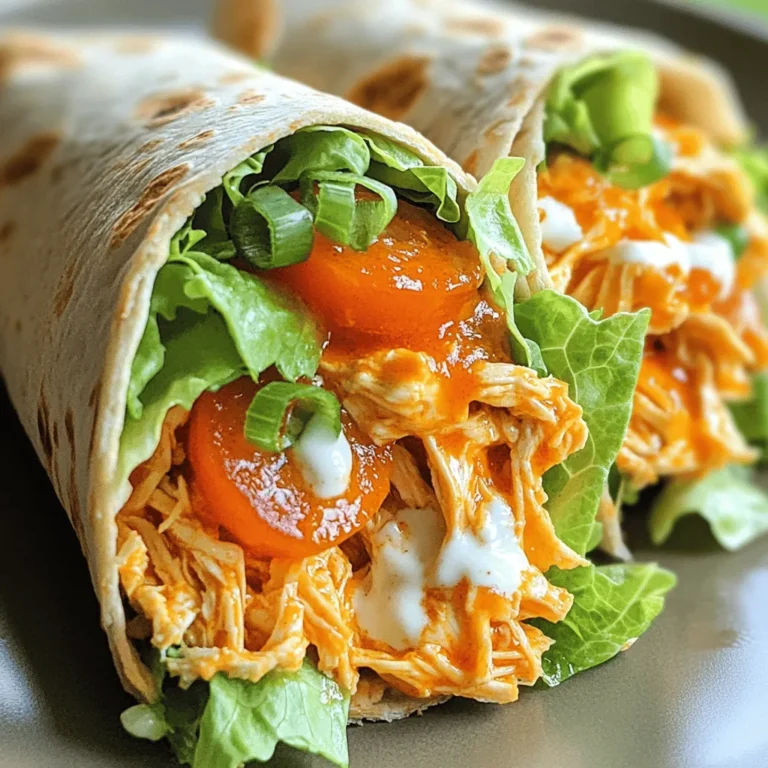 Um die besten Buffalo-Hühnchen-Wraps zu machen, brauchen Sie einige einfache Zutaten: - 2 Tassen gekochtes Hühnchen, zerkleinert - 1/4 Tasse Buffalo-Sauce - 1/2 Tasse Ranch-Dressing - 1 Tasse Romaine-Salat, gehackt - 1/2 Tasse gewürfelte Tomaten - 1/4 Tasse geriebener Cheddar-Käse - 4 große Vollkorn-Tortillas - Optional: Frühlingszwiebeln zum Garnieren Diese Zutaten sind leicht zu finden. Das zerkleinerte Hühnchen macht das Gericht proteinreich. Die Buffalo-Sauce bringt die Schärfe. Das Ranch-Dressing sorgt für eine cremige Note. Buffalo-Hühnchen-Wraps sind nicht nur lecker, sondern auch nahrhaft. Hier sind einige Nährwertangaben: - Hühnchen: Hoch an Protein, gut für Muskeln. - Buffalo-Sauce: Hat wenig Kalorien, aber viel Geschmack. - Ranch-Dressing: Füge gesunde Fette hinzu, aber achte auf die Menge. - Gemüse: Bietet Vitamine, Ballaststoffe und Frische. Jede Zutat trägt zu einem ausgewogenen Gericht bei. Es ist wichtig, die Portionen zu beachten, um die Nährwerte optimal zu nutzen. Beim Einkaufen gibt es ein paar Tipps, um die besten Zutaten zu wählen: - Hühnchen: Wählen Sie frisches oder gefrorenes Hühnchen ohne Zusatzstoffe. Bio-Hühnchen ist eine gute Wahl. - Buffalo-Sauce: Probieren Sie verschiedene Marken. Achten Sie auf den Geschmack und die Schärfe. - Gemüse: Kaufen Sie frisches Gemüse. Achten Sie auf leuchtende Farben und feste Texturen. - Tortillas: Vollkorn-Tortillas sind nahrhafter als normale. Prüfen Sie die Zutatenliste. Mit hochwertigen Zutaten wird Ihr Wrap noch besser. Wenn Sie die besten Zutaten wählen, schmeckt alles frischer und gesünder. Für das vollständige Rezept können Sie den Abschnitt „Vollständiges Rezept“ beachten. Um den Hühnchen-Mix zuzubereiten, benötigen Sie gekochtes Hühnchen. Zerkleinern Sie es in kleine Stücke. In einer großen Schüssel mischen Sie das Hühnchen mit Buffalo-Sauce. Rühren Sie gut, bis alles gleichmäßig bedeckt ist. Der Mix sollte würzig und saftig sein. Sie können die Menge der Sauce nach Ihrem Geschmack anpassen. Legen Sie eine Tortilla auf eine saubere Fläche. Nehmen Sie 2 Esslöffel Ranch-Dressing und verteilen Sie es in der Mitte. Achten Sie darauf, nicht zu viel Dressing zu verwenden. Es darf nicht durchweichen. Geben Sie eine großzügige Menge des Hühnchen-Mixes auf das Dressing. Fügen Sie dann Romaine-Salat, gewürfelte Tomaten und geriebenen Cheddar-Käse hinzu. Falten Sie die Seiten der Tortilla nach innen. Rollen Sie den Wrap fest vom unteren Ende bis zur Spitze. Wenn Sie möchten, grillen Sie die Wraps in einer Pfanne, um sie knusprig zu machen. Schneiden Sie die Wraps in der Mitte und garnieren Sie sie optional mit Frühlingszwiebeln. Dieser Wrap ist perfekt für ein schnelles Mittagessen oder als Snack. Weitere Details finden Sie im Full Recipe. Um die besten Buffalo-Hühnchen-Wraps zu machen, nutzen Sie frische Zutaten. Frisches Hühnchen gibt mehr Geschmack. Ich empfehle, die Buffalo-Sauce selbst zu machen. So können Sie die Schärfe nach Ihrem Geschmack anpassen. Mixen Sie Butter, scharfen Paprika und etwas Essig. Achten Sie darauf, dass das Hühnchen gut mit der Sauce bedeckt ist. Dies sorgt für einen intensiven Geschmack. Ein häufiger Fehler ist zu viel Füllung. Wenn Sie die Tortilla überladen, lassen sich die Wraps schwer rollen. Ein weiterer Fehler ist, die Tortilla nicht vorher zu erwärmen. Das macht sie flexibler und verhindert Risse. Verwenden Sie auch nicht zu viel Ranch-Dressing. Es kann die Wraps matschig machen. Halten Sie es einfach und lecker. Buffalo-Hühnchen-Wraps passen gut zu vielen Beilagen. Karotten und Sellerie sind klassisch. Diese Gemüsesorten bringen Frische und Crunch. Für einen extra Kick können Sie auch würzige Chips anbieten. Sie sind perfekt, um die Schärfe der Wraps auszugleichen. Wenn Sie etwas Süßes wollen, versuchen Sie Obstsalat. Es bietet einen schönen Kontrast zu den scharfen Wraps. {{image_4}} Für eine vegane Option, nutzen Sie Jackfruit oder Tofu. Diese Zutaten haben eine tolle Textur. Würzen Sie sie mit Buffalo-Sauce, um den gleichen Geschmack zu erzielen. Kombinieren Sie das vegane Hühnchen mit frischem Gemüse und einem pflanzlichen Dressing. So bleibt der Wrap leicht und lecker. Buffalo-Sauce ist nicht die einzige Wahl. Probieren Sie BBQ-Sauce für eine süßere Note oder eine scharfe Sriracha-Sauce für extra Kick. Auch ein klassisches Caesar-Dressing passt gut. Variieren Sie die Saucen je nach Ihrem Geschmack. Das macht jeden Wrap einzigartig und spannend. Die Füllung lässt sich leicht anpassen. Fügen Sie Avocado für Cremigkeit hinzu oder Jalapeños für Schärfe. Mögen Sie es gesund? Geben Sie mehr Gemüse wie Paprika oder Gurken dazu. Sie können auch Käsearten wie Feta oder Gouda verwenden. So gestalten Sie Ihren Wrap nach Ihrem Geschmack. Sie finden alle Details in dem [Full Recipe]. Um die Wraps frisch zu halten, wickeln Sie sie gut in Folie oder Alufolie. Legen Sie sie dann in einen luftdichten Behälter. So bleiben sie für zwei bis drei Tage im Kühlschrank genießbar. Achten Sie darauf, dass die Wraps vollständig abgekühlt sind, bevor Sie sie lagern. Das verhindert, dass sich Feuchtigkeit bildet. Wenn Sie mehr Wraps zubereiten, ist das Einfrieren eine gute Idee. Wickeln Sie jeden Wrap einzeln in Folie. Legen Sie die eingewickelten Wraps in einen gefriergeeigneten Beutel. So können sie bis zu drei Monate im Gefrierfach bleiben. Vergessen Sie nicht, das Datum auf den Beutel zu schreiben. So wissen Sie, wann Sie sie gemacht haben. Um die Wraps wieder aufzuwärmen, nehmen Sie sie zuerst aus dem Kühlschrank oder Gefrierfach. Lassen Sie sie kurz bei Raumtemperatur stehen. So erwärmen sie sich gleichmäßiger. Dann können Sie sie in einer Pfanne oder in der Mikrowelle aufwärmen. In der Pfanne wird die Tortilla schön knusprig. In der Mikrowelle dauert es nur ein bis zwei Minuten. So genießen Sie die Wraps, als wären sie frisch zubereitet. Um die besten Buffalo-Hühnchen-Wraps zu machen, ist die Auswahl der Zutaten wichtig. Du brauchst gutes, gekochtes Hühnchen. Zerkleinere es gut und mische es mit Buffalo-Sauce. Für den besten Geschmack nutze frische Zutaten. Eine Mischung aus Romaine-Salat, Tomaten und Cheddar macht deine Wraps lecker und bunt. Vergiss nicht, das Ranch-Dressing gleichmäßig zu verteilen. So bleibt alles frisch und saftig. Wenn du die Wraps grillst, werden sie knusprig. So sind sie noch besser! Ja, du kannst Buffalo-Hühnchen-Wraps im Voraus zubereiten. Mach die Füllung und die Wraps am Morgen oder sogar einen Tag vorher. Wickel die Wraps in Folie und stelle sie in den Kühlschrank. Wenn du sie später isst, sind sie immer noch gut. Achte darauf, sie nicht zu lange im Kühlschrank zu lassen. Die frischen Zutaten sind am besten, wenn du sie frisch servierst. Für die besten Buffalo-Hühnchen-Wraps schau in lokale Restaurants oder Pubs. Oft bieten sie spezielle Varianten an. Du kannst auch Online-Bewertungen lesen. Viele Leute teilen ihre Erfahrungen. So findest du die besten Optionen in deiner Nähe. In großen Städten gibt es oft mehr Auswahl. Probiere verschiedene Orte aus und finde deinen Favoriten! Buffalo-Hühnchen-Wraps sind einfach und lecker. Wir haben die besten Zutaten, die Zubereitung und wichtige Tipps besprochen. Außerdem gab es Ideen für Variationen und Lagerung. Egal, ob du sie scharf magst oder vegan, du kannst kreativ werden. Achte auf die Auswahl deiner Zutaten. So gelingen dir köstliche Wraps jedes Mal. Diese Wraps sind perfekt für jedes Essen. Lege los und genieße sie!