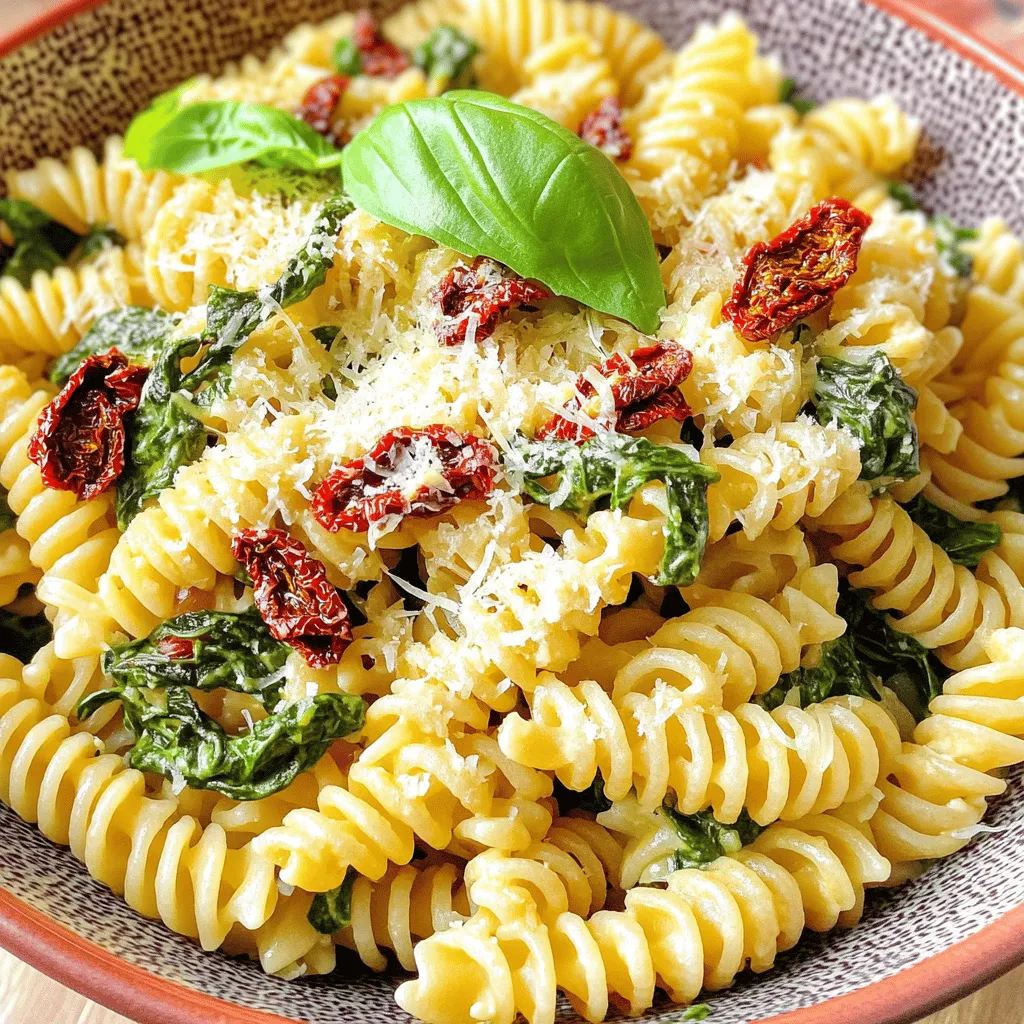 - 300 g Pasta (Penne oder Fusilli) - 1 Tasse sonnengetrocknete Tomaten, grob gehackt - 2 Tassen frischer Spinat Die Hauptzutaten sind einfach zu finden. Du kannst die Pasta nach deinem Geschmack wählen. Penne oder Fusilli sind beide perfekt. Die sonnengetrockneten Tomaten geben einen tollen Geschmack. Sie sind süß und herzhaft. Frischer Spinat sorgt für Farbe und Nährstoffe. - 3 Knoblauchzehen, fein gehackt - 1/4 Tasse Olivenöl - Salz und Pfeffer nach Geschmack Knoblauch ist ein Muss in diesem Gericht. Er bringt einen starken Geschmack. Das Olivenöl sorgt für die richtige Textur. Es macht die Pasta glänzend und lecker. Salz und Pfeffer sind wichtig, um die Aromen zu betonen. - 1/2 Teelöffel rote Pfefferflocken - 1/4 Tasse frisch geriebener Parmesan (plus extra zum Servieren) - Frische Basilikumblätter zur Garnitur Rote Pfefferflocken bringen etwas Schärfe. Du kannst sie weglassen, wenn du es milder magst. Parmesan fügt einen reichen, herzhaften Geschmack hinzu. Frische Basilikumblätter sind ideal zum Garnieren. Sie machen das Gericht schöner und frischer. Für das vollständige Rezept schaue dir bitte das Full Recipe an. Um deine Pasta perfekt zu kochen, bring zuerst einen großen Topf mit Salzwasser zum Kochen. Füge die Pasta hinzu und koche sie gemäß den Anweisungen auf der Verpackung al dente. Al dente bedeutet, dass die Pasta bissfest bleibt. Dies sorgt für die beste Textur. Bevor du die Pasta abgießt, hebe eine Tasse vom Nudelwasser auf. Dieses Wasser enthält Stärke, die du später für die Sauce nutzen kannst. Jetzt kommt der spannende Teil. Erhitze in einer großen Pfanne das Olivenöl bei mittlerer Hitze. Wenn das Öl heiß ist, füge den fein gehackten Knoblauch hinzu. Dünste ihn für 1-2 Minuten, bis er duftet. Achte darauf, dass er nicht verbrennt, denn verbrannter Knoblauch schmeckt bitter. Nach dem Knoblauch füge die grob gehackten sonnengetrockneten Tomaten hinzu. Rühre sie gut um und lasse die Mischung 2-3 Minuten köcheln, damit sich die Aromen gut verbinden. Jetzt kommt der frische Spinat. Gib ihn in die Pfanne und rühre um, bis er verwelkt. Das dauert etwa 2 Minuten. Danach füge die gekochte Pasta hinzu. Mische alles gut mit dem Knoblauch, den sonnengetrockneten Tomaten und dem Spinat. Wenn die Mischung zu trocken aussieht, füge nach und nach das reservierte Nudelwasser hinzu, bis die gewünschte Konsistenz erreicht ist. Zum Schluss mische den frisch geriebenen Parmesan darunter. Schmecke das Gericht mit Salz und Pfeffer ab. Rühre alles gut um, bis der Käse schmilzt. Dein köstliches Gericht ist nun fertig! Für mehr Details, schau dir das Full Recipe an. Um die ideale Konsistenz für deine Pasta zu erreichen, koche sie immer al dente. Das bedeutet, dass sie außen weich und innen leicht fest sein sollte. Verwende reichlich Salzwasser. Dies gibt der Pasta Geschmack und hilft, die Textur zu verbessern. Ein wichtiger Trick ist, etwas Nudelwasser aufzuheben. Dieses Wasser hat Stärke, die deine Sauce bindet und sie cremig macht. Füge es nach Bedarf zur Sauce hinzu, bis die Konsistenz stimmt. Um den Geschmack deiner Sonnengetrocknete Tomaten-Spinat Pasta zu intensivieren, solltest du frische Kräuter verwenden. Basilikum und Petersilie geben einen frischen Kick. Hacke sie fein und füge sie kurz vor dem Servieren hinzu. Eine weitere Möglichkeit, den Geschmack zu vertiefen, ist die Verwendung von hochwertigem Olivenöl. Das Öl sollte nativ und kaltgepresst sein. Es bringt die Aromen zusammen und macht dein Gericht noch köstlicher. Für die perfekte Präsentation deiner Pasta empfehle ich, sie auf einem großen Teller anzurichten. Garniere sie mit zusätzlichem Parmesan und frischen Basilikumblättern. Als Beilage passen ein einfacher grüner Salat oder Knoblauchbrot gut dazu. Diese Beilagen ergänzen die Aromen und machen das Essen noch leckerer. Für das volle Rezept, schau dir die vollständige Anleitung an! {{image_4}} Wenn du eine neue Pasta-Option suchst, probiere Zucchini-Nudeln. Sie sind leicht und gesund. Vollkornnudeln bieten mehr Ballaststoffe. Sie geben dir auch mehr Energie. Glutenfreie Optionen sind ebenfalls möglich. Reisnudeln oder Maisnudeln sind gute Alternativen. So kannst du das Gericht an deine Bedürfnisse anpassen. Du kannst das Rezept leicht aufpeppen. Füge Protein hinzu, wie z.B. Hähnchen oder Garnelen. Das macht das Gericht sättigender. Auch andere Gemüsesorten passen gut. Paprika, Pilze oder Brokkoli bringen Farbe und Geschmack. So wird dein Gericht noch nahrhafter und bunter. Es gibt viele Möglichkeiten, die Sauce zu variieren. Du kannst eine cremige Sauce mit Sahne erstellen. Das macht das Gericht reichhaltiger. Tomatensauce ist eine weitere Option. Sie ist fruchtig und frisch. Eine Pesto-Option bringt frische Kräuter ins Spiel. Das gibt deinem Gericht eine neue Dimension. Nutze diese Variationen, um deine Sonnengetrocknete Tomaten-Spinat Pasta zu personalisieren. Für mehr Details, schaue dir das [Full Recipe] an. Um übrig gebliebene Pasta optimal zu lagern, solltest du sie in einem luftdichten Behälter aufbewahren. Lass die Pasta zuerst auf Raumtemperatur abkühlen. Dann decke den Behälter gut ab. Im Kühlschrank bleibt die Pasta bis zu drei Tage frisch. Du kannst die Reste auch einfrieren. Verwende dafür gefriergeeignete Behälter oder Beutel. So bleibt die Pasta bis zu drei Monate haltbar. Um die Pasta wieder aufzuwärmen, gibt es einige gute Methoden. Du kannst sie in der Mikrowelle erwärmen. Füge etwas Wasser hinzu, um das Austrocknen zu vermeiden. Alternativ kannst du die Pasta in einer Pfanne bei mittlerer Hitze aufwärmen. Füge etwas Olivenöl oder Brühe hinzu, um die Feuchtigkeit zu halten. So bleibt der Geschmack frisch und lecker. Wie lange bleibt das Gericht frisch? Im Kühlschrank etwa drei Tage. Wenn du die Pasta gefroren hast, bleibst du bei bis zu drei Monaten. Achte darauf, die Reste richtig zu lagern. Verwende luftdichte Behälter und beschrifte sie mit dem Datum. So behältst du den Überblick und vermeidest Lebensmittelverschwendung. Die Zubereitung dieser köstlichen Pasta dauert etwa 10 Minuten. Die Gesamtzeit beträgt 30 Minuten. Diese schnelle Zeit macht das Rezept ideal für ein schnelles Abendessen. Ja, du kannst frische Tomaten verwenden. Frische Tomaten sind saftig und süß. Sie bringen eine andere Textur ins Gericht. Allerdings sind sie nicht so konzentriert im Geschmack wie sonnengetrocknete Tomaten. Du musst die frischen Tomaten länger kochen, um sie weich zu bekommen. Ja, dieses Rezept eignet sich gut für Meal Prep. Du kannst die Pasta portionsweise aufteilen. Lagere sie in luftdichten Behältern. So bleibt die Pasta frisch und lecker. Erhitze die Portionen einfach in der Mikrowelle oder in einer Pfanne. Für eine vegetarische Option kannst du Mozzarella oder Feta verwenden. Für eine laktosefreie Option ist veganer Käse eine gute Wahl. Er schmilzt nicht so gut, aber er gibt einen leckeren Geschmack. Experimentiere mit verschiedenen Käsesorten, um deinen Favoriten zu finden. Dieses Rezept bietet eine einfache und leckere Möglichkeit, Pasta mit sonnengetrockneten Tomaten und Spinat zuzubereiten. Wir haben die Hauptzutaten, Zubereitungsschritte und Tipps für die perfekte Pasta behandelt. Denken Sie daran, die Aromen durch frische Kräuter zu intensivieren und die Reste optimal aufzubewahren. Experimentieren Sie mit Variationen, um das Gericht zu personalisieren. Genießen Sie die Kombination der Zutaten und die einfache Zubereitung. Machen Sie Ihr nächstes Abendessen zu einem Genuss!