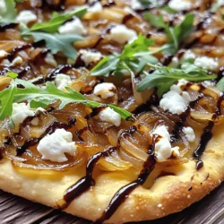 - 2 große gelbe Zwiebeln - 1 Fladenbrot (fertig gekauft oder selbstgemacht) Die Zwiebeln sind das Herzstück dieser Pizza. Sie bringen Süße und Tiefe in jeden Biss. Wählen Sie große, gelbe Zwiebeln für besten Geschmack. Das Fladenbrot kann gekauft oder selbstgemacht sein. Beides funktioniert gut. - Mozzarella-Käse - Ziegenkäse - Frischer Rucola Für die Käseauswahl empfehle ich Mozzarella. Er schmilzt schön und macht die Pizza cremig. Der Ziegenkäse fügt einen tollen Geschmack hinzu. Frischer Rucola bringt Farbe und einen knackigen Biss. Diese Kombination sorgt für ein ausgewogenes Gericht. - Olivenöl - Zucker - Salz und Pfeffer Olivenöl ist perfekt zum Anbraten der Zwiebeln. Es gibt ihnen einen reichen Geschmack. Zucker hilft, die Zwiebeln zu karamellisieren und verstärkt die Süße. Salz und Pfeffer runden alles ab. Diese einfachen Zutaten sind der Schlüssel zu einem großartigen Gericht. Die vollständige Rezeptanleitung finden Sie unter dem Abschnitt „Karamellisierte Zwiebel-Fladenbrotpizza“. Um die Zwiebeln perfekt zu karamellisieren, beginne mit dem Erhitzen von Olivenöl. Nimm eine große Pfanne und stelle sie auf mittlere Hitze. Gieße 2 Esslöffel Olivenöl in die Pfanne und lass es heiß werden. Füge nun die 2 großen, dünn geschnittenen Zwiebeln und eine Prise Salz hinzu. Rühre die Zwiebeln gut um. Koche sie etwa 5 Minuten lang, bis sie weich sind. Wenn die Zwiebeln weich sind, streue 1 Teelöffel Zucker darüber. Karamellisiere die Zwiebeln für 20-25 Minuten. Rühre oft um, damit sie nicht anbrennen. Wenn sie anfangen anzukleben, gib einen Spritzer Wasser hinzu. Heize den Ofen auf 220°C (425°F) vor. Das sorgt dafür, dass die Pizza gleichmäßig backt. Lege das Fladenbrot auf ein Backblech. Du kannst es fertig gekauft oder selbstgemacht verwenden. Verteile die karamellisierten Zwiebeln gleichmäßig über das Fladenbrot. Danach streue 1 Tasse geriebenen Mozzarella-Käse und 1/2 Tasse zerkrümelten Ziegenkäse darüber. Backe die Pizza im vorgeheizten Ofen für 10-12 Minuten. Achte darauf, dass der Käse sprudelnd und goldbraun wird. Nimm die Pizza dann aus dem Ofen und lass sie kurz abkühlen. Du kannst sie mit frischem Rucola garnieren. Für einen besonderen Geschmack, träufle Balsamico-Reduktion darüber. Diese Schritte führen zu einer köstlichen karamellisierten Zwiebel-Fladenbrotpizza. Du findest die vollständige Rezeptanleitung in der [Full Recipe]. Um Zwiebeln perfekt zu karamellisieren, rühren Sie oft. Dies hilft, gleichmäßige Hitze zu erzeugen. Wenn die Zwiebeln anhaften, fügen Sie einen Spritzer Wasser hinzu. Das Wasser löst die Zwiebeln und verhindert das Ankleben. Die Zwiebeln sollten eine tief goldbraune Farbe erreichen. Achten Sie darauf, dass sie nicht zu dunkel werden, sonst schmecken sie bitter. Überprüfen Sie die Pizza regelmäßig, während sie backt. Der Käse sollte goldbraun und sprudelnd sein. Dies zeigt, dass die Pizza fertig ist. Vermeiden Sie es, die Pizza zu lange im Ofen zu lassen. Zu langes Backen macht den Käse zäh und die Kruste hart. Servieren Sie die Fladenbrotpizza auf einem rustikalen Holzbrett. Schneiden Sie die Pizza in handliche Stücke. Garnieren Sie sie mit frischem Rucola für einen schönen Farbkontrast. Bieten Sie eine Balsamico-Reduktion an, um den Geschmack zu intensivieren. Diese kleinen Extras machen die Präsentation ansprechend und einladend. {{image_4}} Sie können mit verschiedenen Käsesorten experimentieren. Feta-Käse bringt einen salzigen Kick. Gouda oder Cheddar geben eine schöne, reichhaltige Note. Für Gemüse können Sie Spinat oder Paprika hinzufügen. Diese Zutaten bringen mehr Farbe und Geschmack. Für glutenfreies Fladenbrot verwenden Sie Blumenkohlboden oder Reismehl. Diese Optionen sind gesund und lecker. Für tierfreie Käseoptionen probieren Sie Mandeldrink-Käse oder Kokosnuss-Käse. Diese Alternativen sind oft cremig und schmelzen gut. Nutzen Sie frische saisonale Zutaten, um die Pizza zu vervollständigen. Im Frühling sind Spargel und Erbsen toll. Im Herbst passen Kürbis und Zucchini gut dazu. Frische Kräuter wie Basilikum oder Thymian können den Geschmack verstärken. Fügen Sie sie nach dem Backen hinzu für einen frischen Akzent. Wenn du Reste von deiner karamellisierten Zwiebel-Fladenbrotpizza hast, lagere sie richtig. Stelle sicher, dass die Pizza vollständig abgekühlt ist. Verwende einen luftdichten Behälter. Das hilft, die Frische zu bewahren. Du kannst auch Frischhaltefolie verwenden. Wickel die Pizza gut ein, um Luft zu vermeiden. So bleibt der Geschmack erhalten. Um die Pizza wieder aufzuwärmen, benutze den Ofen. Heize den Ofen auf 180°C (350°F) vor. Lege die Pizza auf ein Backblech. Backe sie 10 Minuten lang. So wird der Käse schön schmelzend. Mikrowellen sind schneller, aber sie machen die Pizza matschig. Wenn du Zeit hast, wähle den Ofen für das beste Ergebnis. Die Zutaten sind in der Regel 3-5 Tage im Kühlschrank haltbar. Zwiebeln und Käse halten sich gut. Achte darauf, sie richtig zu lagern. Um Lebensmittelverschwendung zu vermeiden, plane deine Mahlzeiten. Nutze frische Zutaten zuerst. So kannst du sicherstellen, dass alles lecker bleibt. Die Zubereitung von karamellisierten Zwiebeln dauert etwa 30 Minuten. Du brauchst etwa 5 Minuten, um die Zwiebeln vorzubereiten. Danach kochen sie weitere 20 bis 25 Minuten. Achte darauf, sie oft zu rühren. So werden sie gleichmäßig braun und süß. Ja, du kannst andere Brotsorten verwenden. Pita-Brot oder Ciabatta sind gute Alternativen. Wenn du glutenfrei bist, nutze glutenfreies Brot. Das gibt dir viele Optionen für deinen Fladenbrotpizza. Ja, die Pizza ist kinderfreundlich! Du kannst die Zwiebeln weniger karamellisieren, um den Geschmack milder zu machen. Du könntest auch den Käse ändern. Kinder lieben oft mehr Käse und weniger Zwiebeln. Die vollständige Rezeptanleitung für die karamellisierte Zwiebel-Fladenbrotpizza findest du in der Rezeptdetails. Schau nach, um alle Schritte zu sehen und das Gericht perfekt zuzubereiten. Diese Anleitung zeigt, wie man eine köstliche karamellisierte Zwiebel-Fladenbrotpizza zubereitet. Wir haben die Hauptzutaten hervorgehoben, die Schritt-für-Schritt-Anleitung vorgestellt und wertvolle Tipps gegeben. Variationen für jeden Geschmack und Tipps zum Lagern der Reste runden alles ab. Mit diesen Informationen wirst du in der Küche erfolgreich sein. Probiere die Rezepte aus und passe sie nach deinem Geschmack an. Karamellisierte Zwiebel-Fladenbrotpizza wird deine Gäste begeistern und dir viel Freude beim Kochen bringen.