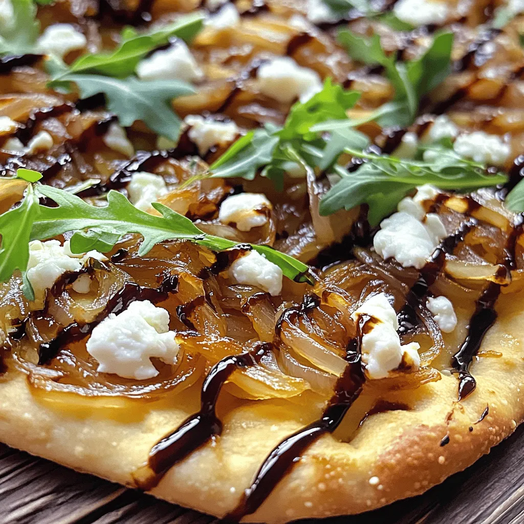 - 2 große gelbe Zwiebeln - 1 Fladenbrot (fertig gekauft oder selbstgemacht) Die Zwiebeln sind das Herzstück dieser Pizza. Sie bringen Süße und Tiefe in jeden Biss. Wählen Sie große, gelbe Zwiebeln für besten Geschmack. Das Fladenbrot kann gekauft oder selbstgemacht sein. Beides funktioniert gut. - Mozzarella-Käse - Ziegenkäse - Frischer Rucola Für die Käseauswahl empfehle ich Mozzarella. Er schmilzt schön und macht die Pizza cremig. Der Ziegenkäse fügt einen tollen Geschmack hinzu. Frischer Rucola bringt Farbe und einen knackigen Biss. Diese Kombination sorgt für ein ausgewogenes Gericht. - Olivenöl - Zucker - Salz und Pfeffer Olivenöl ist perfekt zum Anbraten der Zwiebeln. Es gibt ihnen einen reichen Geschmack. Zucker hilft, die Zwiebeln zu karamellisieren und verstärkt die Süße. Salz und Pfeffer runden alles ab. Diese einfachen Zutaten sind der Schlüssel zu einem großartigen Gericht. Die vollständige Rezeptanleitung finden Sie unter dem Abschnitt „Karamellisierte Zwiebel-Fladenbrotpizza“. Um die Zwiebeln perfekt zu karamellisieren, beginne mit dem Erhitzen von Olivenöl. Nimm eine große Pfanne und stelle sie auf mittlere Hitze. Gieße 2 Esslöffel Olivenöl in die Pfanne und lass es heiß werden. Füge nun die 2 großen, dünn geschnittenen Zwiebeln und eine Prise Salz hinzu. Rühre die Zwiebeln gut um. Koche sie etwa 5 Minuten lang, bis sie weich sind. Wenn die Zwiebeln weich sind, streue 1 Teelöffel Zucker darüber. Karamellisiere die Zwiebeln für 20-25 Minuten. Rühre oft um, damit sie nicht anbrennen. Wenn sie anfangen anzukleben, gib einen Spritzer Wasser hinzu. Heize den Ofen auf 220°C (425°F) vor. Das sorgt dafür, dass die Pizza gleichmäßig backt. Lege das Fladenbrot auf ein Backblech. Du kannst es fertig gekauft oder selbstgemacht verwenden. Verteile die karamellisierten Zwiebeln gleichmäßig über das Fladenbrot. Danach streue 1 Tasse geriebenen Mozzarella-Käse und 1/2 Tasse zerkrümelten Ziegenkäse darüber. Backe die Pizza im vorgeheizten Ofen für 10-12 Minuten. Achte darauf, dass der Käse sprudelnd und goldbraun wird. Nimm die Pizza dann aus dem Ofen und lass sie kurz abkühlen. Du kannst sie mit frischem Rucola garnieren. Für einen besonderen Geschmack, träufle Balsamico-Reduktion darüber. Diese Schritte führen zu einer köstlichen karamellisierten Zwiebel-Fladenbrotpizza. Du findest die vollständige Rezeptanleitung in der [Full Recipe]. Um Zwiebeln perfekt zu karamellisieren, rühren Sie oft. Dies hilft, gleichmäßige Hitze zu erzeugen. Wenn die Zwiebeln anhaften, fügen Sie einen Spritzer Wasser hinzu. Das Wasser löst die Zwiebeln und verhindert das Ankleben. Die Zwiebeln sollten eine tief goldbraune Farbe erreichen. Achten Sie darauf, dass sie nicht zu dunkel werden, sonst schmecken sie bitter. Überprüfen Sie die Pizza regelmäßig, während sie backt. Der Käse sollte goldbraun und sprudelnd sein. Dies zeigt, dass die Pizza fertig ist. Vermeiden Sie es, die Pizza zu lange im Ofen zu lassen. Zu langes Backen macht den Käse zäh und die Kruste hart. Servieren Sie die Fladenbrotpizza auf einem rustikalen Holzbrett. Schneiden Sie die Pizza in handliche Stücke. Garnieren Sie sie mit frischem Rucola für einen schönen Farbkontrast. Bieten Sie eine Balsamico-Reduktion an, um den Geschmack zu intensivieren. Diese kleinen Extras machen die Präsentation ansprechend und einladend. {{image_4}} Sie können mit verschiedenen Käsesorten experimentieren. Feta-Käse bringt einen salzigen Kick. Gouda oder Cheddar geben eine schöne, reichhaltige Note. Für Gemüse können Sie Spinat oder Paprika hinzufügen. Diese Zutaten bringen mehr Farbe und Geschmack. Für glutenfreies Fladenbrot verwenden Sie Blumenkohlboden oder Reismehl. Diese Optionen sind gesund und lecker. Für tierfreie Käseoptionen probieren Sie Mandeldrink-Käse oder Kokosnuss-Käse. Diese Alternativen sind oft cremig und schmelzen gut. Nutzen Sie frische saisonale Zutaten, um die Pizza zu vervollständigen. Im Frühling sind Spargel und Erbsen toll. Im Herbst passen Kürbis und Zucchini gut dazu. Frische Kräuter wie Basilikum oder Thymian können den Geschmack verstärken. Fügen Sie sie nach dem Backen hinzu für einen frischen Akzent. Wenn du Reste von deiner karamellisierten Zwiebel-Fladenbrotpizza hast, lagere sie richtig. Stelle sicher, dass die Pizza vollständig abgekühlt ist. Verwende einen luftdichten Behälter. Das hilft, die Frische zu bewahren. Du kannst auch Frischhaltefolie verwenden. Wickel die Pizza gut ein, um Luft zu vermeiden. So bleibt der Geschmack erhalten. Um die Pizza wieder aufzuwärmen, benutze den Ofen. Heize den Ofen auf 180°C (350°F) vor. Lege die Pizza auf ein Backblech. Backe sie 10 Minuten lang. So wird der Käse schön schmelzend. Mikrowellen sind schneller, aber sie machen die Pizza matschig. Wenn du Zeit hast, wähle den Ofen für das beste Ergebnis. Die Zutaten sind in der Regel 3-5 Tage im Kühlschrank haltbar. Zwiebeln und Käse halten sich gut. Achte darauf, sie richtig zu lagern. Um Lebensmittelverschwendung zu vermeiden, plane deine Mahlzeiten. Nutze frische Zutaten zuerst. So kannst du sicherstellen, dass alles lecker bleibt. Die Zubereitung von karamellisierten Zwiebeln dauert etwa 30 Minuten. Du brauchst etwa 5 Minuten, um die Zwiebeln vorzubereiten. Danach kochen sie weitere 20 bis 25 Minuten. Achte darauf, sie oft zu rühren. So werden sie gleichmäßig braun und süß. Ja, du kannst andere Brotsorten verwenden. Pita-Brot oder Ciabatta sind gute Alternativen. Wenn du glutenfrei bist, nutze glutenfreies Brot. Das gibt dir viele Optionen für deinen Fladenbrotpizza. Ja, die Pizza ist kinderfreundlich! Du kannst die Zwiebeln weniger karamellisieren, um den Geschmack milder zu machen. Du könntest auch den Käse ändern. Kinder lieben oft mehr Käse und weniger Zwiebeln. Die vollständige Rezeptanleitung für die karamellisierte Zwiebel-Fladenbrotpizza findest du in der Rezeptdetails. Schau nach, um alle Schritte zu sehen und das Gericht perfekt zuzubereiten. Diese Anleitung zeigt, wie man eine köstliche karamellisierte Zwiebel-Fladenbrotpizza zubereitet. Wir haben die Hauptzutaten hervorgehoben, die Schritt-für-Schritt-Anleitung vorgestellt und wertvolle Tipps gegeben. Variationen für jeden Geschmack und Tipps zum Lagern der Reste runden alles ab. Mit diesen Informationen wirst du in der Küche erfolgreich sein. Probiere die Rezepte aus und passe sie nach deinem Geschmack an. Karamellisierte Zwiebel-Fladenbrotpizza wird deine Gäste begeistern und dir viel Freude beim Kochen bringen.