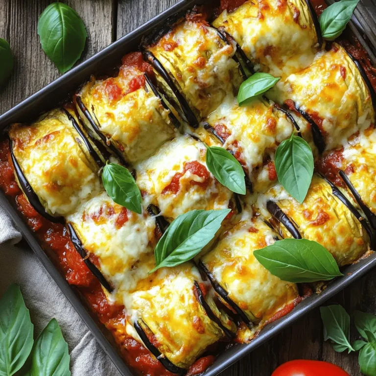 Für Cheesy Eggplant Rollatini benötigen Sie einige Hauptzutaten, die das Gericht lecker machen. Hier ist die Liste: - 2 mittelgroße Auberginen, längs in dünne Scheiben geschnitten - 2 Tassen Ricotta-Käse - 1 Tasse Mozzarella-Käse, gerieben - 1/2 Tasse Parmesan, gerieben - 1 großes Ei - 2 Tassen Marinara-Sauce - 2 Knoblauchzehen, fein gehackt Diese Zutaten sorgen für den perfekten Geschmack. Auberginen geben eine tolle Textur, während die Käsefüllung cremig ist. Die Gewürze und Öle bringen Geschmack in das Gericht. Hier sind die wichtigsten: - 1 Teelöffel getrockneter Oregano - 1 Teelöffel frisches Basilikum, gehackt (oder 1/2 Teelöffel getrocknetes Basilikum) - Salz und Pfeffer nach Geschmack - Olivenöl zum Bestreichen Oregano und Basilikum verleihen den Rollatini eine italienische Note. Olivenöl hilft, die Auberginen zu rösten und macht sie zart. Käse ist der Star in diesem Gericht. Sie können verschiedene Käsesorten verwenden. Hier sind einige Empfehlungen: - Ricotta bringt eine weiche, cremige Basis. - Mozzarella sorgt für eine schmelzende Textur. - Parmesan gibt einen herzhaften, salzigen Geschmack. Ich empfehle, frische Käsesorten zu verwenden, wenn es möglich ist. Sie machen das Gericht noch besser. Wenn Sie experimentieren möchten, probieren Sie auch andere Käsesorten. Manche Leute mögen Gouda oder Feta. Das bringt einen interessanten Twist in die Rollatini. Für das gesamte Rezept schauen Sie sich [Full Recipe] an. Um die Auberginen vorzubereiten, schneiden Sie sie in dünne Scheiben. Legen Sie die Scheiben auf ein Küchentuch und streuen Sie etwas Salz darauf. Lassen Sie sie für 15 Minuten ruhen. Das Salz zieht Wasser aus den Auberginen und verringert die Bitterkeit. Spülen Sie die Scheiben danach kurz ab und tupfen Sie sie trocken. Jetzt sind sie bereit für das Backen. Bestreichen Sie jede Auberginenscheibe mit etwas Olivenöl. Legen Sie die Scheiben auf ein Backblech und backen Sie sie bei 190°C für etwa 20 Minuten. Wenden Sie die Scheiben nach der Hälfte der Zeit, damit sie gleichmäßig garen. Sie sollten zart und leicht goldbraun sein. Während die Auberginen im Ofen sind, können Sie die Käsefülle machen. Nehmen Sie eine Schüssel und geben Sie den Ricotta-Käse hinein. Fügen Sie die Hälfte des Mozzarellas, den Parmesan, das Ei, den gehackten Knoblauch, Oregano, Basilikum, Salz und Pfeffer hinzu. Mischen Sie alles gut, bis die Füllung cremig ist. Diese Mischung gibt den Rollatini einen tollen Geschmack. Jetzt ist es Zeit, die Rollatini zusammenzustellen. Nehmen Sie eine gebackene Auberginenscheibe und legen Sie am Ende etwa 2 Esslöffel der Käsemischung darauf. Rollen Sie die Auberginenscheibe eng um die Füllung. Legen Sie die Rolle mit der Nahtseite nach unten in eine Auflaufform. Wiederholen Sie dies mit allen Scheiben. Verteilen Sie eine dünne Schicht Marinara-Sauce auf dem Boden der Auflaufform. Wenn alle Rollatini in der Form liegen, decken Sie sie mit der restlichen Marinara-Sauce ab. Streuen Sie den restlichen Mozzarella darüber. Decken Sie die Form mit Aluminiumfolie ab und backen Sie sie für 25 Minuten. Entfernen Sie dann die Folie und backen Sie weitere 10-15 Minuten, bis der Käse goldbraun ist. Lassen Sie die Rollatini nach dem Backen ein paar Minuten ruhen. So setzen sich die Aromen. Servieren Sie sie heiß und genießen Sie diese köstliche Speise! Für das gesamte Rezept schauen Sie sich die [Full Recipe] an. Um perfekte Rollatini zu machen, müssen Sie die Auberginenscheiben gut vorbereiten. Schneiden Sie die Auberginen in dünne, gleichmäßige Scheiben. So rollen sie sich leichter. Legen Sie die Scheiben nach dem Backen auf ein sauberes Küchentuch. Das hilft, die Form zu halten. Fügen Sie etwa zwei Esslöffel der Käsemischung an einem Ende der Scheibe hinzu. Wickeln Sie die Aubergine fest um die Füllung. Legen Sie die Nahtseite nach unten in die Auflaufform. Bittere Auberginen sind kein Genuss. Um dies zu vermeiden, streuen Sie Salz auf die geschnittenen Auberginen. Lassen Sie sie 15 Minuten ruhen, damit sie Wasser ziehen. Spülen Sie die Scheiben danach ab und trocknen Sie sie gut. Dies reduziert die Bitterkeit und verbessert den Geschmack. Eine gute Backzeit ist der Schlüssel zu perfekten Rollatini. Heizen Sie den Ofen auf 190°C vor. Backen Sie die Auberginen etwa 20 Minuten lang. Wenden Sie sie nach der Hälfte der Zeit. So werden sie gleichmäßig weich und leicht goldbraun. Nach dem Zusammenstellen der Rollatini sollten sie 25 Minuten abgedeckt und dann weitere 10-15 Minuten unbedeckt backen. Achten Sie darauf, dass der Käse schön sprudelt und goldbraun wird. Für das komplette Rezept, schauen Sie sich die [Full Recipe] an. {{image_4}} Wenn du eine vegetarische Option suchst, ist dies einfach. Du kannst die Ricotta-Käsefüllung mit Spinat mischen. Frischer Spinat gibt dem Gericht mehr Farbe und Geschmack. Eine andere Idee ist, Zucchini anstelle von Auberginen zu verwenden. Zucchini sind zart und haben einen milden Geschmack. Um die Rollatini glutenfrei zu machen, achte auf die Marinara-Sauce. Viele Saucen enthalten Gluten. Du kannst auch selbst eine Sauce aus frischen Tomaten und Gewürzen zubereiten. Die Auberginen selbst sind glutenfrei, also keine Sorge. Die italienische Küche inspiriert diese Rollatini sehr. Der Käse und die Marinara-Sauce sind typisch für Italien. Du kannst auch mediterrane Aromen hinzufügen. Füge etwas Feta-Käse oder schwarze Oliven zur Füllung hinzu. Dies gibt dem Gericht eine neue Dimension. Diese Varianten machen das Rezept spannend und vielseitig. Du kannst die Aromen nach deinem Geschmack anpassen. Für die vollständige Zubereitung schau dir das Full Recipe an. Wenn Sie Rollatini übrig haben, lassen Sie sie zuerst abkühlen. Danach legen Sie sie in einen luftdichten Behälter. Diese Methode hält die Rollatini frisch. Sie können sie bis zu drei Tage im Kühlschrank aufbewahren. Achten Sie darauf, die Reste nicht mit der Marinara-Sauce zu überladen, damit sie nicht matschig werden. Um Rollatini einzufrieren, bereiten Sie sie wie gewohnt zu. Lassen Sie sie jedoch vor dem Einfrieren vollständig abkühlen. Wickeln Sie jede Rolle in Frischhaltefolie ein. Legen Sie die eingewickelten Rollatini in einen gefrierfesten Behälter oder einen Gefrierbeutel. So bleiben sie bis zu drei Monate frisch. Beschriften Sie den Behälter mit dem Datum, damit Sie den Überblick behalten. Um die Rollatini wieder aufzuwärmen, nehmen Sie sie aus dem Kühlschrank oder Gefrierfach. Wenn sie gefroren sind, lassen Sie sie zuerst über Nacht im Kühlschrank auftauen. Heizen Sie den Ofen auf 180°C (350°F) vor. Legen Sie die Rollatini in eine Auflaufform und decken Sie sie mit Aluminiumfolie ab. So bleiben sie saftig. Erwärmen Sie sie etwa 25 Minuten lang. Wenn Sie die Rollatini direkt aus dem Kühlschrank aufwärmen, benötigen Sie etwa 15 Minuten. Genießen Sie die köstlichen Aromen! Für das vollständige Rezept, schauen Sie sich die vollständige Anleitung an. Cheesy Eggplant Rollatini bleibt im Kühlschrank etwa 3 bis 5 Tage frisch. Achten Sie darauf, das Gericht gut abzudecken. Wenn Sie die Reste nicht sofort essen, können Sie sie auch einfrieren. Im Gefrierschrank halten sie bis zu 3 Monate. Lassen Sie sie dann im Kühlschrank auftauen, bevor Sie sie aufwärmen. Ja, das ist möglich! Experimentieren Sie mit verschiedenen Käsesorten für neue Geschmäcker. Verwenden Sie zum Beispiel Gouda oder Feta für einen anderen Twist. Mozzarella gibt die beste Schmelze, aber andere Käsesorten können ebenfalls gut funktionieren. Zu Cheesy Eggplant Rollatini passen viele Beilagen. Ein frischer grüner Salat mit Zitronen-Dressing ist ideal. Auch Knoblauchbrot oder geröstetes Gemüse sind tolle Ergänzungen. Sie bringen Farbe und Geschmack auf den Tisch und ergänzen das Gericht wunderbar. Cheesy Eggplant Rollatini ist einfach und lecker. Wir haben die wichtigsten Zutaten, wie Auberginen und Käse, besprochen. Die Schritt-für-Schritt-Anleitung macht die Zubereitung leicht. Tipps helfen, perfekte Rollatini zu machen und Bitterkeit zu vermeiden. Zudem gibt es tolle Varianten für jeden Geschmack. Denken Sie daran, übrig gebliebene Rollatini richtig zu lagern. So bleiben sie frisch und schmackhaft. Mit diesen Tipps zaubern Sie ein tolles Gericht, das jeder genießt. Viel Spaß beim Kochen!