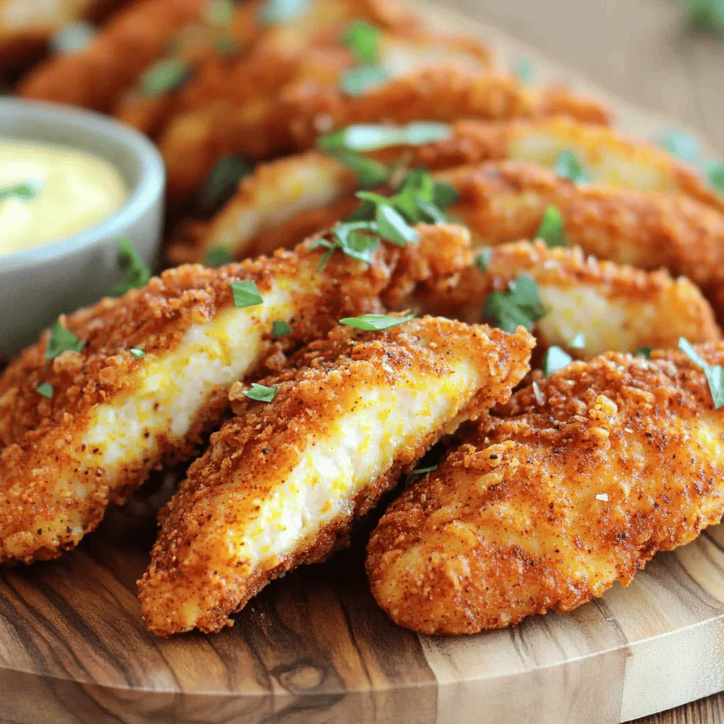 - 450 g Hähnchenbrustfilets (Tenderloins) - 240 ml Buttermilch - 120 g Weizenmehl - 2 Esslöffel Cajun-Gewürz - 1 Teelöffel Knoblauchpulver - 1 Teelöffel Zwiebelpulver - 1 Teelöffel geräuchertes Paprikapulver - ½ Teelöffel Cayennepfeffer (nach Geschmack anpassen) - Salz und Pfeffer nach Geschmack - Pflanzenöl zum Frittieren Du benötigst frische Hähnchenbrustfilets, um diese Tenders perfekt zuzubereiten. Die Buttermilch hilft, das Hähnchen zart zu machen. Gewürze bringen den würzigen Cajun-Geschmack. Das Weizenmehl sorgt für die knusprige Panade, die wir alle lieben. - Varianten der scharfen Sauce - Alternativen zu Buttermilch Wenn du es schärfer magst, probiere verschiedene scharfe Saucen. Sriracha oder eine andere Sorte kann gut passen. Wenn du keine Buttermilch hast, kannst du auch Joghurt oder Milch mit einem Spritzer Zitrone verwenden. Dies hält das Hähnchen saftig und lecker. Für das vollständige Rezept besuche die [Full Recipe]. Wie lange sollte man die Hühnchenstreifen marinieren? Marinieren Sie die Hühnchenstreifen mindestens 1 Stunde. Für mehr Geschmack lassen Sie sie über Nacht ziehen. So nehmen sie die Aromen gut auf. Der beste Weg, um die Hähnchenstreifen zu marinieren Mischen Sie Buttermilch und scharfe Sauce in einer Schüssel. Fügen Sie die Hühnchenstreifen hinzu. Rühren Sie alles gut um, damit das Hähnchen gleichmäßig überzogen ist. Decken Sie die Schüssel ab und stellen Sie sie in den Kühlschrank. Richtige Mischungsverhältnisse der Gewürze In einer anderen Schüssel mischen Sie 120 g Weizenmehl mit 2 Esslöffeln Cajun-Gewürz, 1 Teelöffel Knoblauchpulver, 1 Teelöffel Zwiebelpulver, 1 Teelöffel geräuchertes Paprikapulver und ½ Teelöffel Cayennepfeffer. Fügen Sie Salz und Pfeffer nach Geschmack hinzu. Mischen Sie alles gut. Tipps für eine gleichmäßige Panade Nehmen Sie die marinierten Hühnchenstreifen aus der Buttermilch. Lassen Sie sie kurz abtropfen. Wälzen Sie jeden Streifen in der Gewürzmischung. Drücken Sie leicht, damit die Panade gut haftet. Optimale Temperatur für das Öl Erhitzen Sie in einer großen Pfanne 2,5 cm Pflanzenöl bei mittelhoher Hitze. Das Öl sollte etwa 180°C erreichen, bevor Sie das Hähnchen hinzufügen. Timing und Sichtprüfung für die perfekte Knusprigkeit Frittieren Sie die Hühnchenstreifen in Chargen. Lassen Sie sie 3-4 Minuten auf jeder Seite frittieren. Sie sollten goldbraun und knusprig sein. Überprüfen Sie die Innentemperatur, sie sollte 74°C erreichen. Für das komplette Rezept sehen Sie bitte den Full Recipe. Was tun, wenn die Panade abfällt? Wenn die Panade abfällt, kann das frustrierend sein. Um das zu vermeiden, müssen Sie sicherstellen, dass die Hähnchenstreifen gut mit der Buttermilch überzogen sind. Lassen Sie sie auch gut abtropfen. Wälzen Sie die Streifen dann im gewürzten Mehl. Drücken Sie leicht, damit die Panade gut haftet. Wie man Hähnchenstreifen gleichmäßig bräunt Um gleichmäßiges Bräunen zu erreichen, verwenden Sie ausreichend Öl in der Pfanne. Achten Sie darauf, dass das Öl heiß genug ist, bevor Sie die Streifen hineinlegen. Wenn das Öl nicht heiß ist, saugen die Streifen das Öl auf und werden nicht knusprig. Frittieren Sie die Streifen in Chargen, um sicherzustellen, dass sie genug Platz haben. Beilagen, die gut passen Zu den Spicy Cajun Chicken Tenders passen viele Beilagen. Sie können Pommes frites, Coleslaw oder einen frischen Salat servieren. Auch Maisbrot oder Reis sind leckere Optionen. Diese Beilagen ergänzen den würzigen Geschmack der Hähnchenstreifen. Anrichten der Hähnchenstreifen für Fotomöglichkeiten Für ein schönes Anrichten legen Sie die Hähnchenstreifen auf ein rustikales Holzbrett. Garnieren Sie sie mit frischen Kräutern wie Petersilie oder Koriander. Stellen Sie kleine Schalen mit Dipsaucen daneben. Dies gibt eine einladende und appetitliche Präsentation. {{image_4}} Möchtest du deine Spicy Cajun Chicken Tenders noch schärfer machen? Hier sind einige Ideen: - Zusätzliche Gewürze für mehr Schärfe: Du kannst mehr Cayennepfeffer oder sogar einen Löffel Chili-Pulver hinzufügen. Das bringt mehr Hitze in jedes Stück. - Verwendung von unterschiedlichen Marinaden: Probiere scharfe Salsas oder sogar Jerk-Sauce als Marinade. Das gibt dem Hühnchen eine ganz neue Geschmackstiefe. Wenn du auf deine Gesundheit achtest, gibt es einfache Wege, die Tenders leichter zu machen: - Backen statt Frittieren: Anstelle von Frittieren kannst du die Hähnchenstreifen im Ofen backen. Das macht sie weniger fettig und sehr knusprig. Stelle den Ofen auf 200 °C ein und backe sie 20-25 Minuten, bis sie goldbraun sind. - Optionen für glutenfreies Mehl: Benutze Kokosmehl oder Mandelmehl anstelle von Weizenmehl. Diese Mehle sind glutenfrei und geben einen tollen Geschmack. Für das vollständige Rezept, schaue dir die [Full Recipe] an. Um übrig gebliebenes Hühnchen richtig zu lagern, lege es in einen luftdichten Behälter. Achte darauf, dass das Hühnchen vollständig abgekühlt ist, bevor du es verpackst. So bleibt der Geschmack frisch. Du kannst die Reste bis zu drei Tage im Kühlschrank aufbewahren. Wenn du das Hühnchen länger aufbewahren möchtest, friere es ein. In einem Gefrierbeutel bleibt es bis zu drei Monate gut. Um Geschmacksverlust zu vermeiden, lege ein Stück Küchenpapier in den Behälter. Das Papier absorbiert Feuchtigkeit und hält das Hühnchen knusprig. Vermeide es, das Hühnchen mit anderen starken Gerüchen zu lagern. So bleibst du bei dem köstlichen Cajun-Geschmack. Die besten Methoden zum Aufwärmen sind die Pfanne oder der Ofen. In der Pfanne erhitzt du etwas Öl bei mittlerer Hitze. Lege die Hähnchenstreifen hinein und brate sie für etwa 3-4 Minuten pro Seite. So bleiben sie knusprig und lecker. Im Ofen kannst du die Streifen auf ein Backblech legen. Heize den Ofen auf 180 Grad Celsius vor und backe die Streifen für etwa 10-15 Minuten. Achte darauf, die Streifen nicht zu lange zu lassen. So bleiben sie schön saftig und knusprig. Um Spicy Cajun Chicken Tenders zu machen, folgt einfach dieser einfachen Anleitung. Zuerst marinierst du die Hähnchenstreifen in einer Mischung aus Buttermilch und scharfer Sauce. Lass sie mindestens eine Stunde im Kühlschrank. Das gibt dem Hühnchen einen tollen Geschmack. In einer anderen Schüssel mischst du das Weizenmehl mit den Gewürzen. Dazu gehören Cajun-Gewürz, Knoblauchpulver, Zwiebelpulver und geräuchertes Paprikapulver. Diese Mischung macht die Panade besonders lecker. Erhitze Pflanzenöl in einer großen Pfanne. Tauche die marinierten Hähnchenstreifen in die Mehlmischung, sodass sie gut bedeckt sind. Frittiere die Streifen in Chargen, bis sie goldbraun und knusprig sind. Achte darauf, dass die Innentemperatur 74°C erreicht. Für das vollständige Rezept, schau dir die [Full Recipe] an. Cajun-Küche hat ihre Wurzeln in Louisiana, USA. Sie stammt von den Acadian, die aus Kanada kamen. Diese Menschen brachten ihre Kochtraditionen mit. Die Cajun-Küche nutzt frische Zutaten wie Meeresfrüchte, Gemüse und Gewürze. Die Gewürze sind oft scharf und aromatisch. Cajun-Küche ist bekannt für ihre reichhaltigen Aromen und herzhaften Gerichte. Diese Küche ist eine perfekte Mischung aus verschiedenen Kulturen. Gute Dips für Cajun Chicken Tenders sind wichtig für den Genuss. Beliebte Optionen sind: - Ranch-Dip: Cremig und mild, passt gut zur Schärfe. - Remoulade: Würzig und lecker, gibt den Tenders einen zusätzlichen Kick. - Honig-Senf-Dip: Süß und scharf, sorgt für eine tolle Balance. - Salsa: Frisch und fruchtig, bringt eine schöne Note dazu. Dips machen die Chicken Tenders noch besser und bringen Vielfalt auf den Teller. Zusammenfassend haben wir die wichtigsten Zutaten und Schritte für köstliche Hähnchenstreifen behandelt. Das Marinieren der Hähnchenbrust und die richtige Panade sind entscheidend für den Geschmack. Achte darauf, häufige Fehler zu vermeiden, um die perfekte Knusprigkeit zu erreichen. Denke auch an Variationen, wie würzigere Gewürze oder gesündere Alternativen. Mit den Tipps zur Lagerung und Aufwärmung bleiben deine Reste frisch. Diese einfachen Schritte machen das Kochen mehr Spaß und weniger stressig. Probiere es selbst aus und genieße den leckeren Geschmack!