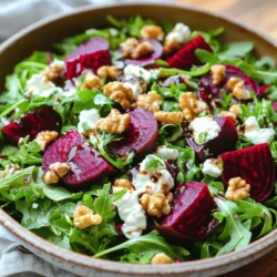 - Rüben - Gemischter Salat - Ziegenkäse Die Rüben sind das Herzstück dieses Salats. Sie bringen eine süße und erdige Note. Ich empfehle, frische Rüben zu wählen. Diese sollten fest und glatt sein. Der gemischte Salat gibt dem Gericht Frische. Ich nutze oft Rucola, Spinat und Grünkohl. Diese Blätter sorgen für einen tollen Kontrast zu den Rüben. Ziegenkäse bringt Cremigkeit. Sein Geschmack ergänzt die Rüben perfekt. - Balsamico-Essig - Natives Olivenöl extra - Dijon-Senf und Honig Für das Dressing benötigst du Balsamico-Essig. Er gibt dem Salat eine angenehme Säure. Natives Olivenöl extra sorgt für einen runden Geschmack. Dijon-Senf bringt eine leichte Schärfe. Der Honig fügt eine süße Note hinzu. Diese Zutaten harmonieren gut miteinander. Das Dressing rundet den Salat ab. - Geröstete Walnüsse - Frische Kräuter - Salz und Pfeffer nach Geschmack Geröstete Walnüsse sind eine großartige Ergänzung. Sie bringen Crunch und nussigen Geschmack. Frische Kräuter wie Basilikum oder Petersilie machen den Salat bunt. Du kannst je nach Saison variieren. Vergiss nicht, Salz und Pfeffer hinzuzufügen. Sie verstärken die Aromen der Zutaten. Dieses Rezept ist einfach und macht Freude. Du kannst das vollständige Rezept hier finden: [Full Recipe]. - Heize den Ofen auf 200°C vor. - Wickele jede Rübe in Alufolie ein. - Lege die Rüben auf ein Backblech. - Röste die Rüben für 45 bis 60 Minuten, bis sie weich sind. - Röste die Walnüsse in einer trockenen Pfanne. - Rühre die Walnüsse gelegentlich um, bis sie goldbraun sind. - Nimm die Rüben nach dem Rösten aus dem Ofen. - Lass sie abkühlen und schäle sie dann. - Schneide die Rüben in Wedges. - Achte darauf, dass sie gut abgekühlt sind, bevor du sie schneidest. - Mische Balsamico-Essig, Olivenöl und Dijon-Senf in einer kleinen Schüssel. - Füge Honig, Salz und Pfeffer hinzu und verrühre alles gut. - In einer großen Schüssel vermenge die gemischten Salatblätter mit der Hälfte des Dressings. - Teile die Salatbasis auf Teller oder eine große Platte auf. - Belege die Blätter mit den Rüben-Wedges, dem zerkrümelten Ziegenkäse und den Walnüssen. - Beträufle den Salat mit dem restlichen Dressing. - Würze nach Geschmack mit mehr Salz und Pfeffer. - Garniere den Salat mit frischen Kräutern für mehr Aroma und Farbe. Du findest die vollständige Anleitung im [Full Recipe]. Wählen Sie frische Rüben aus. Sie sollten fest und glatt sein. Lagern Sie sie im Kühlschrank. Ein feuchtes Tuch hält sie frisch. Rösten Sie die Rüben bei 200°C. Prüfen Sie nach 45 Minuten mit einer Gabel. Sie sollten zart sein. Wenn nicht, rösten Sie sie länger. Ziegenkäse ist cremig und würzig. Sie können auch andere Käsesorten probieren. Feta oder Ricotta passen gut. Wenn Sie Ziegenkäse selbst machen wollen, verwenden Sie Ziegenmilch. Erhitzen Sie die Milch und fügen Sie Lab hinzu. Lassen Sie die Mischung gerinnen. Danach gut abtropfen lassen. Das Dressing ist wichtig für den Geschmack. Balsamico-Essig gibt eine süße Note. Probieren Sie auch Apfelessig oder Rotweinessig. Fügen Sie Gewürze wie Oregano oder Thymian hinzu. Sie geben dem Dressing mehr Aroma. Experimentieren Sie, um Ihren perfekten Geschmack zu finden. Für die vollständige Anleitung, schauen Sie sich das [Full Recipe] an. {{image_4}} Wenn du eine vegane Version des Salats machen möchtest, gibt es viele gute Alternativen. Du kannst Ziegenkäse durch einen veganen Käse ersetzen. Es gibt viele Sorten, die gut schmecken. Du kannst auch Hummus verwenden. Hummus gibt dem Salat eine cremige Textur. Für das Dressing kannst du den Honig weglassen. Stattdessen nimm Ahornsirup oder Agavendicksaft. Diese Süßungsmittel passen gut zu den Rüben. Saisonale Zutaten bringen frischen Geschmack. Im Frühling kannst du frische Erbsen oder Radieschen hinzufügen. Diese geben dem Salat einen knackigen Biss. Im Winter sind geröstete Kürbiswürfel eine tolle Ergänzung. Früchte wie Äpfel oder Birnen machen den Salat süßer. Sie passen gut zu den Rüben und dem Käse. Einfach die Äpfel in dünne Scheiben schneiden und hinzufügen. Für einen mediterranen Twist kannst du Oliven oder Artischocken hinzufügen. Diese Zutaten bringen salzige und würzige Noten in den Salat. Anstelle von Ziegenkäse kannst du Feta-Käse verwenden. Feta hat einen salzigen Geschmack und ergänzt die Rüben gut. Es gibt viele Wege, diesen Salat zu variieren. Probiere verschiedene Kombinationen aus! Frische Zutaten sind die Basis für einen leckeren Salat. Lagern Sie Rüben, Ziegenkäse und Salat separat. Das hält alles frisch. Verwenden Sie luftdichte Behälter. Diese helfen, den Geschmack zu bewahren. Zubereitete Salatreste können im Kühlschrank aufbewahrt werden. Sehen Sie zu, dass das Dressing separat bleibt. So bleibt der Salat knusprig. Im Kühlschrank hält der Salat etwa drei Tage. Nach dieser Zeit kann die Frische verloren gehen. Achten Sie auf Anzeichen von Verderb. Wenn der Salat matschig aussieht oder riecht, entsorgen Sie ihn. Lagern Sie Rüben in einem kühlen, dunklen Ort. So bleiben sie länger frisch. Reste vom Salat können kreativ genutzt werden. Mischen Sie sie in eine Quiche oder Omelette. So nutzen Sie die Zutaten voll aus. Übergebliebene Rüben sind auch lecker in einem Sandwich. Fügen Sie etwas Ziegenkäse hinzu und genießen Sie. Wenn Sie mehr Ideen suchen, schauen Sie sich [Full Recipe] an. Der Salat bleibt im Kühlschrank etwa drei Tage frisch. Lagern Sie ihn in einem luftdichten Behälter. So bleibt die Textur der Rüben und der Salatblätter gut. Wenn Sie den Salat anrichten, fügen Sie das Dressing erst kurz vor dem Servieren hinzu. Das verhindert, dass die Blätter matschig werden. Ja, der Salat hat viele gesunde Zutaten. Rüben sind reich an Vitaminen und Ballaststoffen. Ziegenkäse bietet Protein und gesunde Fette. Wenn Sie Kalorien reduzieren möchten, verwenden Sie weniger Käse oder ein leichteres Dressing. Dieser Salat ist eine großartige Wahl für viele Diäten. Ja, Sie können auch andere Nüsse wählen. Mandeln oder Pekannüsse passen gut dazu. Diese Nüsse bringen einen anderen Geschmack. Sie können sie auch leicht rösten, um das Aroma zu verstärken. Experimentieren Sie und finden Sie Ihre Lieblingsnuss! Frische Rüben finden Sie auf dem Markt oder im Bio-Laden. Achten Sie auf feste, glatte Rüben ohne Druckstellen. Kleinere Rüben schmecken oft süßer. Fragen Sie den Verkäufer nach frischen Lieferungen, um die besten Rüben zu bekommen. Für das vollständige Rezept besuchen Sie die Sektion "Gerösteter Rüben- und Ziegenkäse-Salat". Dort finden Sie eine Schritt-für-Schritt-Anleitung, die Ihnen hilft, diesen leckeren Salat zuzubereiten. Zusammenfassend haben wir einen köstlichen Rüben- und Ziegenkäse-Salat behandelt. Wir haben die Hauptzutaten, das Dressing und die besten Tipps für die Zubereitung besprochen. Variationen für verschiedene Vorlieben und Aufbewahrungshinweise runden das Thema ab. Egal, ob Sie eine Beilage oder Hauptspeise suchen, dieser Salat ist vielseitig. Genießen Sie die frischen Aromen und experimentieren Sie mit den Zutaten. So bleibt der Salat spannend und lecker. Kochen Sie los und lassen Sie Ihrer Kreativität freien Lauf!