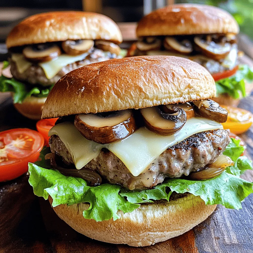 - 450 g mageres Truthahnhackfleisch - 1 Tasse fein gehackte Pilze - ½ Tasse geriebener Schweizer Käse Die Hauptzutaten für die Mushroom Swiss Turkey Burgers sind einfach und lecker. Mageres Truthahnhackfleisch macht die Burger saftig. Die gehackten Pilze fügen einen tollen Geschmack hinzu. Schweizer Käse sorgt für den perfekten Schmelz. - 1 Teelöffel Worcestershire-Sauce - 1 Teelöffel getrockneter Thymian - Salz und Pfeffer nach Geschmack Für den Geschmack brauchen wir Gewürze. Worcestershire-Sauce gibt den Burgern Tiefe. Getrockneter Thymian bringt frische Aromen. Salz und Pfeffer sind ein Muss für jedes Gericht. Sie helfen, die Aromen hervorzuheben. - 4 Vollkorn-Hamburgerbrötchen - Blätter kopfiger Salat - Geschnittene Tomaten Als Beilagen empfehle ich Vollkorn-Hamburgerbrötchen. Sie sind gesünder und lecker. Frischer Salat und Tomaten machen die Burger bunt und knackig. Diese Beilagen passen perfekt zu den saftigen Patties. Für das vollständige Rezept, schauen Sie sich den „Full Recipe“ Abschnitt an. Beginne mit der Zubereitung der Zwiebel und des Knoblauchs. Erhitze in einer großen Pfanne etwas Olivenöl. Füge die gehackte Zwiebel und den Knoblauch hinzu. Sauté sie, bis die Zwiebel glasig ist. Das dauert etwa 3-4 Minuten. Jetzt kommen die Pilze ins Spiel. Gib die fein gehackten Pilze in die Pfanne. Brate sie, bis sie ihre Feuchtigkeit verlieren und leicht gebräunt sind. Das dauert ungefähr 5-6 Minuten. Nimm die Pfanne vom Herd und lasse die Mischung etwas abkühlen. In einer großen Schüssel vermische das mageres Truthahnhackfleisch mit der abgekühlten Pilzmischung. Füge Worcestershire-Sauce, getrockneten Thymian, Salz und Pfeffer hinzu. Mische die Zutaten gut, aber überarbeite das Fleisch nicht. Es soll zart bleiben. Forme die Mischung in vier gleich große Patties. Achte darauf, dass sie gleichmäßig dick sind, damit sie gleichmäßig garen. Heize deinen Grill oder eine Grillpfanne auf mittlere Hitze vor. Lege die Patties auf den Grill. Brate sie für etwa 5-6 Minuten auf jeder Seite. Prüfe die Innentemperatur. Sie sollte 75°C erreichen. In der letzten Minute des Grillens lege eine Scheibe Schweizer Käse auf jedes Patty. Decke die Patties ab, damit der Käse schön schmelzen kann. Für das Brötchen, toaste die Vollkorn-Hamburgerbrötchen auf dem Grill für etwa 1 Minute. Sie sollten leicht goldbraun sein. Jetzt sind deine Mushroom Swiss Turkey Burgers bereit zum Servieren. Freue dich auf den leckeren Geschmack! Für das vollständige Rezept, schau dir den Abschnitt "Full Recipe" an. Um saftige Patties zu machen, vermeide das Überarbeiten des Fleisches. Mische das Hackfleisch nur so lange, bis alles gut verbunden ist. Zu viel Mischen macht die Patties fest. Die richtige Größe ist wichtig. Forme die Patties gleich groß, etwa 1,5 cm dick. Sie schrumpfen beim Grillen, also mache sie etwas größer. Für perfekten Käse auf deinem Burger gibt es einige Techniken. Lege den Käse in der letzten Minute des Grillens auf die Patties. Bedecke sie dann mit einem Deckel. So schmilzt der Käse gleichmäßig. Wenn du keinen Schweizer Käse magst, probiere Gouda oder Cheddar. Beide Käse schmelzen gut und haben tollen Geschmack. Für die Beilagen sind knusprige Süßkartoffelpommes eine tolle Wahl. Du kannst auch einen frischen grünen Salat dazu machen. Ein einfacher Gurkensalat passt gut zu den Burgern. Mische geschnittene Gurken mit einem Spritzer Essig und etwas Salz. Das gibt einen frischen Kontrast zu den herzhaften Burgern. {{image_4}} Wenn du eine vegetarische Option suchst, kannst du pflanzliche Fleischalternativen verwenden. Produkte aus Erbsenprotein oder Soja sind gute Alternativen. Sie bieten einen ähnlichen Geschmack und eine ähnliche Textur. Achte darauf, die gleiche Menge zu verwenden wie im Originalrezept. Für Veganer kannst du den Käse durch eine pflanzliche Variante ersetzen. Es gibt viele köstliche vegane Käseoptionen, die schmelzen. So bleibt der Burger trotzdem lecker und befriedigend. Um den Geschmack zu variieren, kannst du verschiedene Käsesorten hinzufügen. Gouda oder Cheddar geben dem Burger eine neue Note. Auch Gewürze wie Paprika oder Kreuzkümmel können die Mischung aufpeppen. Eine weitere tolle Idee ist, Knoblauchbutter auf die Brötchen zu streichen. Das bringt einen reichen Geschmack. BBQ-Sauce kann ebenfalls einen süßen und rauchigen Kick geben. Experimentiere mit diesen Aromen, um deinen perfekten Burger zu finden. Du kannst die Burger auch in Wraps oder Schalen servieren. Ein Wrap mit frischem Gemüse ist leicht und lecker. In einer Schale kannst du die Burger mit Salat und Dressings anrichten. Das sieht toll aus und schmeckt frisch. Denk an eine schöne Präsentation. Du kannst die Burger mit frischen Kräutern oder Sprossen garnieren. So wird jede Mahlzeit ein kleines Fest! Um die Patties frisch zu halten, solltest du sie richtig lagern. Lege die bereits gekochten Patties in einen luftdichten Behälter. So bleiben sie saftig und lecker. Achte darauf, dass die Patties vollständig abgekühlt sind, bevor du sie in den Kühlschrank stellst. Sie sind dort bis zu vier Tage haltbar. Wenn du die Burger länger aufbewahren möchtest, kannst du sie einfrieren. Wickele jeden Patty einzeln in Frischhaltefolie. Lege sie dann in einen Gefrierbeutel und beschrifte diesen mit dem Datum. So bleiben die Patties bis zu drei Monate frisch. Zum Auftauen lege die gefrorenen Patties einfach über Nacht in den Kühlschrank. Um die Zubereitung zu erleichtern, kannst du die Zutaten im Voraus vorbereiten. Hacke die Zwiebel und den Knoblauch am Vortag. Auch die Pilze kannst du schon klein schneiden. Bewahre alles in separaten Behältern im Kühlschrank auf. So sparst du Zeit bei der Zubereitung. Meal Prepping ist eine tolle Idee. Du kannst die Patties auch schon vorformen. Lege sie auf ein Backblech, bedecke sie mit Frischhaltefolie und stelle sie in den Kühlschrank. So hast du sie bereit, wenn du Hunger hast. Wenn du die Burger wieder aufwärmen möchtest, gibt es einige gute Methoden. Die beste Methode ist das Erhitzen in einer Pfanne. Erhitze die Pfanne auf mittlerer Hitze und lege die Patties hinein. So bleiben sie saftig und warm. Vermeide es, die Patties in der Mikrowelle zu erwärmen. Das kann sie trocken machen. Wenn du die Mikrowelle nutzen musst, lege ein feuchtes Papiertuch über die Patties. So erhältst du etwas Feuchtigkeit. Diese Tipps helfen dir, die Mushroom Swiss Turkey Burgers immer frisch und schmackhaft zu genießen! Die Grillzeit für die Mushroom Swiss Turkey Burgers variiert je nach Garstufe. Für mittelgebratene Burger grillen Sie die Patties etwa 5-6 Minuten pro Seite. Verwenden Sie ein Fleischthermometer, um sicherzustellen, dass die Innentemperatur 75°C erreicht. So bleiben die Burger saftig und lecker. Ja, Sie können Rinderhackfleisch verwenden, wenn Sie möchten. Es hat einen anderen Geschmack als Truthahn, aber es passt gut zu den Pilzen und dem Käse. Denken Sie daran, die Grillzeit möglicherweise leicht anzupassen. Rindfleisch braucht oft etwas länger zum Garwerden. Beliebte Beilagen sind: - Süßkartoffelpommes - Grüner Salat - Gurkensalat - Coleslaw Diese Beilagen ergänzen die Burger gut und sorgen für ein ausgewogenes Essen. Das vollständige Rezept für Mushroom Swiss Turkey Burgers finden Sie im Abschnitt "Full Recipe". Dort sind alle Schritte und Zutaten detailliert aufgelistet. Dieses Rezept für Mushroom Swiss Turkey Burgers bietet viele leckere Optionen. Wir haben gesunde Zutaten verwendet, wie Truthahnhackfleisch und Pilze. Die richtigen Gewürze machen den Geschmack aus. Die Grillanleitung hilft dir, perfekte Patties zu machen. Denke auch an Variationen, wie vegetarische Alternativen. Sie machen dein Essen abwechslungsreicher. Lagere Patties richtig, um die Frische zu bewahren. Dein Burger wird so immer lecker sein. Lass der Kreativität freien Lauf und genieße dein Essen!