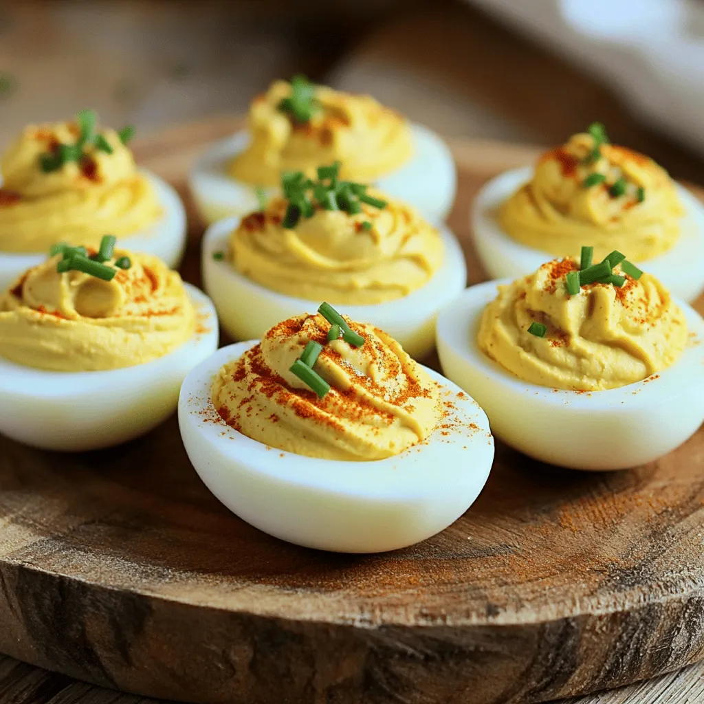 Um die perfekten klassischen gefüllten Eier zu machen, brauchen Sie einige Hauptzutaten. Hier ist die Liste: - 6 große Eier - 3 Esslöffel Mayonnaise - 1 Teelöffel Dijon-Senf - 1 Teelöffel Apfelessig - 1/4 Teelöffel Knoblauchpulver - Salz und Pfeffer nach Geschmack - 1 Esslöffel frischer Schnittlauch, fein gehackt - Geräuchertes Paprika-Pulver zum Garnieren - Optional: Sriracha für eine scharfe Note Diese Zutaten sind einfach zu finden. Sie geben den gefüllten Eiern den perfekten Geschmack. Ich empfehle, frische Eier zu verwenden. Dies macht einen großen Unterschied. Wenn Sie etwas Neues ausprobieren wollen, können Sie zusätzliches Zubehör verwenden. Hier sind einige Ideen: - Spritzbeutel für eine elegante Füllung - Zusätzliche Gewürze, wie Curry oder Koriander - Knuspriger Speck für einen herzhaften Twist Diese Optionen helfen Ihnen, Ihre gefüllten Eier zu individualisieren. Lassen Sie Ihrer Kreativität freien Lauf. Wenn Sie auf eine spezielle Ernährung achten, gibt es viele Alternativen. Zum Beispiel: - Ersetzen Sie die Mayonnaise durch griechischen Joghurt für weniger Fett. - Verwenden Sie Tofu statt der Eier für vegane gefüllte Eier. - Fügen Sie Avocado hinzu, um eine cremige Textur zu erhalten. Diese Alternativen machen die gefüllten Eier gesünder. Sie sind immer noch lecker und sättigend. Lassen Sie sich inspirieren und probieren Sie neue Kombinationen aus. Um die perfekten gefüllten Eier zu machen, beginne mit dem Kochen. Lege die Eier in einen Topf und bedecke sie mit kaltem Wasser. Setze den Topf auf hohe Hitze. Warte, bis das Wasser kocht. Decke den Topf ab und nimm ihn vom Herd. Lass die Eier für 12 Minuten ruhen. Diese Zeit ist wichtig, um sie gut durchzukochen. Danach gib die Eier in ein Eisbad. Das stoppt den Kochprozess. Lass sie für mindestens 5 Minuten abkühlen. Jetzt kommen wir zum Spaßteil! Schäle die Eier vorsichtig unter fließendem Wasser. Das macht das Schälen einfacher. Halbiere die Eier der Länge nach. Löffle das Eigelb in eine Rührschüssel. Füge die Mayonnaise, den Dijon-Senf, den Apfelessig und das Knoblauchpulver hinzu. Danach würze mit Salz und Pfeffer. Zerdrücke alles mit einer Gabel, bis die Mischung glatt ist. Wenn du es schärfer magst, füge etwas Sriracha hinzu. Jetzt ist es Zeit, die Eier zu füllen! Nimm einen Löffel oder einen Spritzbeutel. Fülle die Eigelb-Mischung vorsichtig in die Eiweiße. Achte darauf, nicht zu viel zu verschütten. Zum Schluss bestäube die Oberseiten mit geräuchertem Paprika und streue den frischen Schnittlauch darüber. Diese Schritte machen deine gefüllten Eier nicht nur lecker, sondern auch schön anzusehen. Du kannst das ganze Rezept hier nachlesen: [Full Recipe]. Ein häufiger Fehler ist, die Eier zu lange zu kochen. Das führt zu grünem Eigelb. Um dies zu vermeiden, kochen Sie die Eier genau 12 Minuten. Ein weiterer Fehler ist das Schälen der Eier. Schalen Sie die Eier unter fließendem Wasser. Dadurch lösen sich die Schalen leichter. Achten Sie darauf, frische Eier zu verwenden. Alte Eier sind schwerer zu schälen. Die richtige Mischung macht den Unterschied. Verwenden Sie eine gute Mayonnaise für Cremigkeit. Dijon-Senf sorgt für eine feine Schärfe. Fügen Sie ein wenig Apfelessig hinzu, um die Aromen zu heben. Knoblauchpulver gibt einen tollen Geschmack. Achten Sie darauf, die Mischung glatt und cremig zu machen. So haben die gefüllten Eier eine tolle Textur. Die Präsentation ist wichtig. Verwenden Sie frischen Schnittlauch als Garnitur. Geräuchertes Paprika-Pulver sieht nicht nur gut aus, sondern schmeckt auch fantastisch. Für einen besonderen Touch können Sie die gefüllten Eier auf einem Bett aus Salat anrichten. Oder verwenden Sie kleine Servierplatten mit bunten Blumen. Ihre Gäste werden begeistert sein! {{image_4}} Klassische gefüllte Eier sind einfach und lecker. Die Füllung besteht hauptsächlich aus Eigelb, Mayonnaise und Senf. Für eine kreative Note kannst du verschiedene Zutaten hinzufügen. Probiere zum Beispiel Avocado oder Frischkäse. Diese Zutaten bringen neue Texturen und Geschmäcker. Du kannst auch Gewürze wie Currypulver oder Dill verwenden. Das macht die Füllung interessanter und einzigartig. Wenn du es scharf magst, füge Sriracha oder scharfen Senf hinzu. Eine kleine Menge reicht oft aus, um den richtigen Kick zu geben. Du kannst auch Jalapeños oder scharfe Paprika für zusätzlichen Geschmack nutzen. Diese Zutaten verleihen den Eiern eine aufregende Note. Probiere es aus, wenn du deine Gäste beeindrucken willst! Für eine Low-Carb-Variante kannst du die Mayonnaise durch griechischen Joghurt ersetzen. Das macht die Füllung gesünder und proteinreicher. Wenn du eine vegane Option suchst, nutze Avocado oder eine vegane Mayo. Diese Alternativen sind lecker und einfach zuzubereiten. So kannst du alle Geschmäcker bedienen und dennoch köstliche gefüllte Eier genießen. Um gefüllte Eier frisch zu halten, sollten Sie sie im Kühlschrank lagern. Verwenden Sie einen luftdichten Behälter. Legen Sie ein Blatt Küchenpapier auf den Boden. Dies hilft, Feuchtigkeit zu absorbieren. So bleiben die Eier knusprig und frisch. Stellen Sie sicher, dass die Eier nicht mit anderen Lebensmitteln in Kontakt kommen. Gefüllte Eier sind für etwa drei bis vier Tage im Kühlschrank haltbar. Nach dieser Zeit können sie an Qualität verlieren. Achten Sie darauf, dass sie gut abgedeckt sind. So verhindern Sie, dass sie Gerüche von anderen Lebensmitteln aufnehmen. Überprüfen Sie immer vor dem Essen das Aussehen und den Geruch. Sie können die Eier einen Tag im Voraus zubereiten. Lagern Sie die gefüllten Eier bis zum Servieren im Kühlschrank. Wenn Sie die Füllung vorbereiten, bewahren Sie das Eigelb und die anderen Zutaten getrennt auf. Mischen Sie sie erst kurz vor dem Füllen. So bleibt die Creme frisch und lecker. Diese Tipps helfen Ihnen, das beste Ergebnis zu erzielen. Für die vollständige Anleitung, sehen Sie sich das Full Recipe an. Gefüllte Eier sind bis zu vier Tage im Kühlschrank haltbar. Bewahren Sie sie in einem luftdichten Behälter auf. So bleiben sie frisch und lecker. Wenn sie jedoch länger stehen, können sie ihre Textur und den Geschmack verlieren. Achten Sie immer auf einen frischen Geruch und ein gutes Aussehen. Grüne Ränder um das Eigelb entstehen durch Überkochen. Um dies zu vermeiden, kochen Sie die Eier nur 12 Minuten. Danach sofort in ein Eisbad geben. Dies stoppt den Kochprozess und hilft, die perfekte Farbe zu bewahren. Die Eier bleiben dann schön gelb und sehen ansprechend aus. Ja, Sie können gefüllte Eier im Voraus zubereiten. Bereiten Sie die Füllung bis zu zwei Tage vorher vor. Füllen Sie die Eier jedoch erst kurz vor dem Servieren. So bleiben sie frisch und die Textur bleibt optimal. Wenn Sie die Füllung separat aufbewahren, vermeiden Sie matschige Eier. Sie können das vollständige Rezept für diese Teufel-Eier in der obigen Liste finden. Gefüllte Eier sind ein toller Snack für jede Gelegenheit. Im Blog habe ich die Zutaten, Schritte und Tipps vorgestellt. Du kannst die klassischen Rezepte ausprobieren oder eigene Variationen kreieren. Achte auf die Lagerung, damit sie frisch bleiben. Denke an die vielen Alternativen für jeden Geschmack. Mit diesen Infos bereitest du gefüllte Eier perfekt zu. Viel Spaß beim Ausprobieren!
