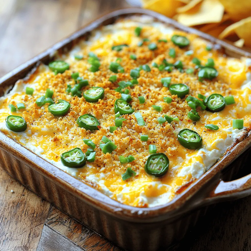 Für Jalapeño Popper Dip brauchst du einige wichtige Zutaten: - 240 g Frischkäse, weich - 240 g Sauerrahm - 120 g geriebener Cheddar-Käse - 120 g geriebener Pepper Jack-Käse - 75 g gewürfelte Jalapeños (frisch oder eingelegt) - 75 g Semmelbrösel Diese Zutaten sorgen für die cremige und würzige Basis des Dips. Der Frischkäse und der Sauerrahm machen ihn schön reichhaltig. Der Cheddar und Pepper Jack geben einen tollen Geschmack. Die richtigen Gewürze machen einen großen Unterschied: - 1 Teelöffel Knoblauchpulver - 1 Teelöffel Zwiebelpulver - Salz und Pfeffer nach Geschmack - 2 Esslöffel gehackte Frühlingszwiebeln Knoblauch- und Zwiebelpulver bringen Tiefe in den Geschmack. Frühlingszwiebeln geben einen frischen, knackigen Biss. Vergiss nicht, mit Salz und Pfeffer abzuschmecken, um alles perfekt zu machen. Du kannst auch mit verschiedenen Käse- und Jalapeño-Optionen experimentieren: - Verwende Gouda oder Mozzarella für einen milden Geschmack. - Für mehr Schärfe, nimm mehr Jalapeños oder sogar frische Chilis. Wenn du gesünder kochen möchtest, probiere griechischen Joghurt anstelle von Sauerrahm. Oder ersetze Frischkäse durch einen veganen Aufstrich. Diese Tipps helfen, den Dip an deine Vorlieben anzupassen. Für die komplette Zubereitung schaue dir das [Full Recipe] an. Heize deinen Ofen auf 175°C vor. So wird der Dip gleichmäßig heiß. Bereite alle Zutaten vor, damit du schnell arbeiten kannst. Du brauchst Frischkäse, Sauerrahm, Käse und Jalapeños. Ein gutes Setup macht das Kochen einfacher und schneller. In einer großen Schüssel vermischst du den weichen Frischkäse mit dem Sauerrahm. Rühre, bis die Mischung glatt ist. Füge dann den geriebenen Cheddar- und Pepper Jack-Käse hinzu. Rühre gut, damit sich alles verbindet. Jetzt kommen die gewürfelten Jalapeños und die Frühlingszwiebeln dazu. Vergiss nicht die Gewürze: Knoblauchpulver, Zwiebelpulver, Salz und Pfeffer. Mische alles gut, bis es gleichmäßig aussieht. Gib die Käsemischung in eine Auflaufform. Verteile sie gleichmäßig. In einer separaten Schüssel vermische die Semmelbrösel mit etwas Olivenöl. Das macht die Kruste knusprig. Streue die Semmelbrösel über den Dip. Backe das Ganze 25-30 Minuten lang. Der Dip ist fertig, wenn er blubbert und goldbraun aussieht. Lass ihn etwas abkühlen, bevor du ihn servierst. Serviere den Dip heiß mit Tortilla-Chips oder Gemüse. Garniere ihn mit gehackten Frühlingszwiebeln für mehr Farbe. Für die genaue Anleitung, schau dir die [Full Recipe] an. Um die perfekte cremige Textur zu erhalten, mische den Frischkäse und den Sauerrahm gut. Sie sollten eine glatte, gleichmäßige Masse bilden. Wenn der Dip zu dick ist, füge etwas mehr Sauerrahm hinzu. Du kannst auch einen Handmixer verwenden, um die Konsistenz zu optimieren. Achte darauf, keine Klumpen zu lassen. Um den Geschmack zu intensivieren, füge zusätzliche Gewürze hinzu. Paprika passt gut zu diesem Dip. Du kannst auch einen Spritzer Limettensaft für mehr Frische verwenden. Frische Kräuter wie Koriander oder Petersilie bringen eine schöne Note. Experimentiere mit verschiedenen Zutaten, um deinen perfekten Geschmack zu finden. Bereite den Dip einen Tag vor deiner Feier zu. Du kannst ihn im Kühlschrank lagern. Wenn du bereit bist, ihn zu servieren, backe ihn einfach im Ofen. Das spart dir Zeit und macht deine Feier stressfreier. Achte darauf, den Dip vor dem Backen gut abzudecken, damit er frisch bleibt. {{image_4}} Du kannst viele Käsesorten für Jalapeño Popper Dip verwenden. Cheddar und Pepper Jack sind die Klassiker. Cheddar bringt einen herzhaften Geschmack. Pepper Jack fügt eine milde Schärfe hinzu. Probiere auch Gouda oder Mozzarella für eine andere Note. Wenn du etwas Experimentierfreude hast, versuche Feta oder Blauschimmelkäse. Diese Käsesorten verändern den Geschmack und die Textur. Die Schärfe des Dips ist wichtig. Wenn du es milder magst, verwende weniger Jalapeños. Du kannst auch die eingelegten Jalapeños wählen, die weniger scharf sind. Für mehr Schärfe, füge frische, gewürfelte Jalapeños hinzu. Es gibt auch scharfe Saucen, die du zum Dip hinzufügen kannst. So passt du die Schärfe an deinen Geschmack an. Wenn du nach vegetarischen oder veganen Optionen suchst, gibt es viele Möglichkeiten. Ersetze den Frischkäse durch eine pflanzliche Variante. Für den Sauerrahm kannst du Soja- oder Kokosjoghurt verwenden. Achte darauf, dass der Käse vegan ist. Es gibt tolle Käsealternativen auf Mandeln oder Cashews. Diese Varianten machen den Dip lecker und für alle geeignet. Du findest mehr Details in der [Full Recipe]. Um sicherzustellen, dass dein Jalapeño Popper Dip frisch und lecker bleibt, lagere ihn in einem luftdichten Behälter. Stelle sicher, dass der Dip vollständig abgekühlt ist, bevor du ihn abdeckst. So vermeidest du Feuchtigkeit und die Bildung von Schimmel. Im Kühlschrank hält er sich bis zu fünf Tage. Wenn du ihn wieder aufwärmst, mache das langsam in der Mikrowelle oder im Ofen. Wenn du Reste hast, kannst du den Dip einfrieren. Fülle ihn in einen gefrierfesten Behälter oder in einen Gefrierbeutel. Achte darauf, etwas Platz zu lassen, da sich der Dip beim Einfrieren ausdehnt. So bleibt die Konsistenz erhalten. Zum Wiederauftauen lege den Dip über Nacht in den Kühlschrank. Erhitze ihn dann vorsichtig im Ofen oder in der Mikrowelle, bis er wieder heiß ist. Die Haltbarkeit von Jalapeño Popper Dip ist wichtig. Im Kühlschrank bleibt er bis zu fünf Tage frisch. Wenn du ihn eingefroren hast, ist er bis zu drei Monate haltbar. Achte darauf, den Dip vor dem Servieren gut zu prüfen. Wenn er unangenehm riecht oder eine seltsame Farbe hat, wirf ihn lieber weg. So genießt du immer einen sicheren und schmackhaften Dip. Jalapeño Popper Dip hält sich gut im Kühlschrank. Du kannst ihn bis zu fünf Tage aufbewahren. Achte darauf, ihn in einem luftdichten Behälter zu lagern. So bleibt er frisch und lecker. Wenn du ihn länger aufbewahren möchtest, kannst du ihn auch einfrieren. Ja, du kannst den Dip im Voraus zubereiten. Mische alle Zutaten und stelle ihn in den Kühlschrank. Der Dip schmeckt sogar besser, wenn er ein paar Stunden zieht. Heize ihn einfach vor dem Servieren auf. Das macht die Vorbereitung für deine Feier so viel einfacher. Zu diesem Dip passen viele Beilagen. Tortilla-Chips sind ein Klassiker. Du kannst auch Pita-Chips oder frisches Gemüse anbieten. Diese Beilagen machen den Dip noch leckerer. Garniere deinen Dip mit gehackten Frühlingszwiebeln oder Paprika für einen tollen Look. Ja, Jalapeño Popper Dip kann auch kinderfreundlich sein. Du kannst die Menge der Jalapeños reduzieren. Statt frischer Jalapeños kannst du auch milde eingelegte verwenden. So bleibt der Geschmack da, aber die Schärfe wird weniger. Dieser Artikel hat dir alles über den Jalapeño Popper Dip erklärt. Du hast die Hauptzutaten, Gewürze und Optionen für Variationen kennengelernt. Ich habe dir auch Tipps gegeben, um die perfekte Konsistenz und den besten Geschmack zu erzielen. Denk daran, deine Vorbereitung rechtzeitig zu planen, um Stress zu vermeiden. Mit diesen Informationen kannst du einen leckeren Dip zaubern, der Freunde und Familie begeistert. Probiere es aus und entdecke deine eigenen Ideen für Variationen!