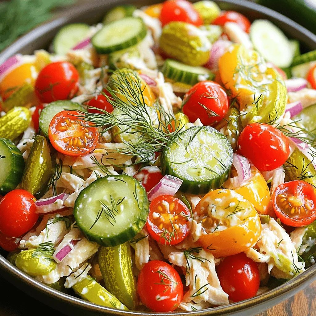 Für diesen frischen Salat benötigst du einige einfache, leckere Zutaten. Hier ist die Liste: - 2 Tassen gekochtes Hühnerbrustfilet, zerrupft - 1 Tasse Essiggurken, gewürfelt (am besten Dill-Essiggurken) - 1 Tasse Kirschtomaten, halbiert - 1 Tasse Gurke, gewürfelt - 1 rote Paprika, gewürfelt - ½ rote Zwiebel, dünn geschnitten - ¼ Tasse Ranch-Dressing - 2 Esslöffel Essiggurkenwasser - Salz und Pfeffer nach Geschmack - Frischer Dill zur Garnierung (optional) Diese Zutaten geben dem Salat seinen tollen Geschmack und die frische Note. Manchmal hast du vielleicht nicht alle frischen Zutaten zur Hand. Keine Sorge! Du kannst viele Zutaten ersetzen. Zum Beispiel: - Verwende gefrorenes Hühnchen, wenn du kein frisches hast. - Du kannst auch Gewürzgurken in Scheiben statt gewürfelt nehmen. - Statt frischer Tomaten kannst du auch getrocknete Tomaten verwenden. - Bunte Paprika sind ebenfalls eine gute Option, wenn du keine rote Paprika hast. Diese Alternativen helfen dir, den Salat trotzdem lecker zu machen. Die Wahl der richtigen Zutaten macht einen großen Unterschied. Achte auf folgende Punkte: - Kaufe frisches Hühnerfleisch von guter Qualität. - Wähle Dill-Essiggurken für den besten Geschmack. - Achte darauf, dass die Kirschtomaten reif und süß sind. - Frisches Gemüse macht den Salat knackig und gesund. Hochwertige Zutaten sind wichtig für den besten Geschmack in deinem Essiggurken-Ranch-Hühnchen mit Gemüsesalat. Du kannst das gesamte Rezept hier finden: [Full Recipe]. Zuerst müssen Sie alle Zutaten bereitstellen. Schneiden Sie das Gemüse klein. Zerkleinern Sie die rote Zwiebel und die Paprika. Halten Sie das Hühnerfleisch bereit. Es sollte zerrupft oder in kleine Stücke geschnitten sein. Am besten verwenden Sie gekochtes Hühnerbrustfilet. Dann nehmen Sie die Essiggurken und schneiden sie in kleine Würfel. Halten Sie alles bereit in einer großen Rührschüssel. Dies hilft Ihnen, die Zutaten einfach zu vermengen. Um diesen Salat zu machen, brauchen Sie einige Utensilien. Sie benötigen eine große Rührschüssel. Eine separate Schüssel hilft für das Dressing. Ein Schneidebrett und ein scharfes Messer sind auch wichtig. Ein Esslöffel und ein Löffel zum Rühren sind nützlich. Wenn Sie möchten, können Sie auch einen Kühlschrankbehälter für die Lagerung verwenden. Diese Utensilien machen die Zubereitung schnell und einfach. Jetzt kommen wir zur Zubereitung. Nehmen Sie die große Rührschüssel und geben Sie das zerrupfte Hühnerfleisch hinein. Fügen Sie die gewürfelten Essiggurken, Kirschtomaten, Gurke, Paprika und Zwiebel hinzu. Vermengen Sie alles gut mit einem Löffel. In der separaten Schüssel mischen Sie das Ranch-Dressing mit dem Essiggurkenwasser. Rühren Sie bis die Mischung gleichmäßig ist. Gießen Sie das Dressing über die Hühnchen-Gemüse-Mischung. Vermengen Sie alles vorsichtig, damit das Dressing alle Zutaten bedeckt. Würzen Sie mit Salz und Pfeffer nach Ihrem Geschmack. Lassen Sie den Salat 10 bis 15 Minuten im Kühlschrank ruhen. Vor dem Servieren, rühren Sie alles noch einmal gut durch. Garnieren Sie nach Belieben mit frischem Dill. Sie finden die vollständige Anleitung im [Full Recipe]. Ein häufiger Fehler beim Zubereiten ist, das Hühnerfleisch nicht gut zu zerkleinern. Wenn die Stücke zu groß sind, schmeckt der Salat nicht gleichmäßig. Zerkleinern Sie das Hühnerfleisch in kleine, mundgerechte Stücke. Ein weiterer Fehler ist, das Dressing zu früh hinzuzufügen. Lassen Sie die Aromen zuerst im Kühlschrank ziehen. So wird der Salat noch besser. Um den Geschmack zu steigern, verwenden Sie frische Kräuter wie Dill oder Petersilie. Sie geben dem Salat Frische und Farbe. Ein Spritzer Zitronensaft kann auch helfen, die Aromen zu heben. Experimentieren Sie mit verschiedenen Essiggurken. Dill-Essiggurken sind am besten für diesen Salat, aber andere Sorten können auch spannend sein. Um Zeit zu sparen, können Sie das Hühnchen am Vortag kochen und abkühlen lassen. Auch das Gemüse können Sie vorher schneiden und im Kühlschrank aufbewahren. So ist alles bereit, wenn Sie den Salat zubereiten. Eine gute Vorbereitung macht die Zubereitung schnell und einfach. Nutzen Sie die [Full Recipe] für eine detaillierte Anleitung. {{image_4}} Wenn Sie eine vegane oder vegetarische Option wünschen, können Sie Hühnchen ersetzen. Tofu oder Kichererbsen sind gute Alternativen. Diese Zutaten bieten eine tolle Textur und bleiben lecker. Tofu kann in kleine Würfel geschnitten und angebraten werden. Kichererbsen können einfach aus der Dose verwendet werden. So bleibt der Salat frisch und sättigend. Für mehr Geschmack können Sie verschiedene Beläge hinzufügen. Avocado macht den Salat cremig und nahrhaft. Fügen Sie auch geröstete Nüsse oder Samen hinzu. Diese geben einen tollen Crunch. Weitere Zutaten sind Oliven, Mais oder Paprika. Sie können auch frische Kräuter wie Petersilie oder Schnittlauch verwenden. Diese bringen Farbe und Frische in das Gericht. Sie können den Salat anpassen, um verschiedene Geschmäcker zu treffen. Für einen scharfen Kick können Sie Jalapeños hinzufügen. Wenn Sie es süßer mögen, probieren Sie Mango oder Ananas. Diese Früchte bringen einen tollen Kontrast zu den Essiggurken. Experimentieren Sie mit Gewürzen, wie Paprika oder Kreuzkümmel, um neue Aromen zu entdecken. Der Salat lässt sich leicht anpassen und bleibt immer lecker. Ich empfehle, den übrig gebliebenen Salat in einem luftdichten Behälter zu lagern. So bleibt der Salat frisch und lecker. Verwende am besten einen Behälter, der nicht zu groß ist, um Luft zu minimieren. Stelle den Salat in den Kühlschrank, sofort nach dem Servieren. Das verhindert, dass die Zutaten matschig werden. Der Salat hält sich bis zu drei Tage im Kühlschrank. Achte darauf, ihn gut zu verschließen. Nach ein paar Tagen kann der Geschmack nachlassen. Wenn du siehst, dass die Zutaten verwelken oder die Farben verblassen, ist es Zeit, ihn wegzuwerfen. Das Einfrieren von Salat ist nicht ideal, aber du kannst die Zutaten einzeln einfrieren. Koche das Hühnerfleisch, bevor du es einfrierst. Teile es in Portionen und lege es in Gefrierbeutel. Gemüse wie Paprika oder Gurken kannst du besser frisch verwenden. Zum Einfrieren eignen sich besser festere Gemüsesorten wie Karotten oder Erbsen. So bleibt der Geschmack erhalten, wenn du sie später verwendest. Der Pickle Ranch Chicken und Veggie Salad hält sich bis zu drei Tage im Kühlschrank. Achten Sie darauf, ihn in einem luftdichten Behälter zu lagern. So bleibt er frisch und lecker. Nach ein paar Tagen kann der Salat an Geschmack verlieren. Wenn Sie Reste haben, essen Sie sie besser schnell. Ja, Sie können Ranch-Dressing ganz einfach selbst machen. Mischen Sie 1 Tasse Joghurt, ½ Tasse Mayonnaise und 1 Esslöffel Zitronensaft. Fügen Sie dann 1 Teelöffel Knoblauchpulver, 1 Teelöffel Zwiebelpulver und 1 Teelöffel Dill hinzu. Rühren Sie alles gut um, bis es glatt ist. Dieses Dressing passt perfekt zu Ihrem Salat. Zu diesem Salat passen viele Beilagen gut. Sie können frisches Brot oder Cracker servieren. Auch ein einfacher Obstsalat ist eine gute Wahl. Reis oder Couscous sind ebenfalls leckere Optionen. Diese Beilagen ergänzen den Salat und machen das Essen komplett. Der Essiggurken-Ranch-Hühnchen mit Gemüsesalat ist einfach zuzubereiten und lecker. Wir haben die Hauptzutaten und ihre Alternativen erkundet. Die Schritt-für-Schritt-Anleitung macht das Kochen einfach. Tipps helfen dir, häufige Fehler zu vermeiden. Variationen bieten für jeden etwas. Schließlich sind gute Aufbewahrungsmethoden wichtig, um Reste frisch zu halten. Denke daran, dass frische Zutaten und spannende Varianten deinen Salat noch besser machen. Mach es dir leicht und genieße eine gesunde Mahlzeit!