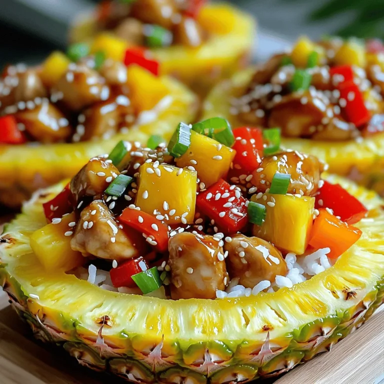 Für die Teriyaki-Hühnchen-Ananas-Schalen brauchst du: - 2 Hähnchenbrustfilets ohne Haut und Knochen - 240 ml Teriyaki-Sauce - 1 reife Ananas, halbiert und ausgekratzt - 1 rote Paprika, gewürfelt - 1 gelbe Paprika, gewürfelt - 150 g Zuckerschoten, geputzt - 2 Frühlingszwiebeln, in Ringe geschnitten - 1 Esslöffel Sesamöl - Salz und Pfeffer nach Geschmack - 2 Esslöffel Sesamkörner als Garnitur - Gekochter Jasminreis oder Quinoa zum Servieren Diese Zutaten schaffen ein frisches und leckeres Gericht. Die Ananas gibt süße Noten, während das Hühnchen zart und saftig bleibt. Du kannst auch anderes Gemüse hinzufügen. Hier sind einige Optionen: - Brokkoli für extra Crunch - Karotten für eine süße Note - Zucchini für mehr Farben Quinoa oder Jasminreis passt perfekt dazu. Du kannst auch braunen Reis oder Blumenkohlreis nutzen, um gesünder zu essen. Die Teriyaki-Hühnchen-Ananas-Schalen sind nahrhaft. Sie enthalten Protein aus dem Hühnchen und viele Vitamine aus dem Gemüse. - Hähnchen ist eine gute Eiweißquelle. - Ananas liefert Vitamin C. - Paprika bringt Antioxidantien. Wenn du die Schalen gesünder machen willst, wähle ungesüßte Teriyaki-Sauce. Achte darauf, frisches Gemüse zu verwenden. Das sorgt für mehr Geschmack und Nährstoffe. Für das vollständige Rezept, schaue dir die [Full Recipe] an. Zuerst marinieren Sie das Hühnchen. Nehmen Sie zwei Hähnchenbrustfilets und legen Sie sie in eine Schüssel. Gießen Sie 240 ml Teriyaki-Sauce darüber. Decken Sie die Schüssel ab und stellen Sie sie in den Kühlschrank. Lassen Sie das Hühnchen mindestens 30 Minuten marinieren. So nimmt es den vollen Geschmack auf. Während das Hühnchen mariniert, bereiten Sie die Ananas-Schalen vor. Nehmen Sie eine reife Ananas und schneiden Sie sie in der Mitte durch. Mit einem Löffel schöpfen Sie das Fruchtfleisch heraus. Achten Sie darauf, dass die Schalen stabil bleiben. Bewahren Sie das Fruchtfleisch für später auf. Jetzt kommt der spannende Teil: das Kochen. Erhitzen Sie einen Grill oder eine Pfanne auf mittlerer bis hoher Stufe. Nehmen Sie das Hühnchen aus der Marinade. Würzen Sie es mit Salz und Pfeffer. Grillen Sie das Hühnchen etwa 6-7 Minuten auf jeder Seite. Bestreichen Sie es gelegentlich mit der Marinade. In einer separaten Pfanne erhitzen Sie 1 Esslöffel Sesamöl. Fügen Sie gewürfelte rote und gelbe Paprika sowie Zuckerschoten hinzu. Braten Sie das Gemüse etwa 5 Minuten an. Es sollte zart, aber knackig sein. Nehmen Sie das Hühnchen vom Grill und lassen Sie es kurz ruhen. Währenddessen schneiden Sie es in kleine Stücke. Fügen Sie das gewürfelte Ananasfruchtfleisch zu dem Gemüse in der Pfanne hinzu. Gießen Sie die restliche Teriyaki-Marinade darüber und erhitzen Sie alles eine weitere Minute. Jetzt bauen Sie die Schalen zusammen. Löffeln Sie etwas Jasminreis oder Quinoa in jede Ananas-Schale. Toppen Sie sie mit der Hühnchen- und Gemüse-Mischung. Zum Schluss garnieren Sie die Schalen. Streuen Sie geschnittene Frühlingszwiebeln und Sesamkörner darüber. Servieren Sie die Ananas-Schalen auf einem großen Plattenteller. Das Gericht sieht nicht nur toll aus, sondern schmeckt auch großartig. Für das vollständige Rezept schauen Sie bitte hier: [Full Recipe]. Um das Hühnchen saftig zu halten, marinieren Sie es gut. Die Teriyaki-Sauce bringt viel Geschmack. Lassen Sie das Hühnchen für mindestens 30 Minuten in der Marinade. Eine längere Marinierzeit macht das Hühnchen noch zarter. Sie können es sogar über Nacht im Kühlschrank lassen. Das sorgt für einen tollen Geschmack. Die Marinierzeit ist wichtig. Für ein saftiges Hühnchen sind 30 Minuten ideal. Wenn Sie mehr Zeit haben, lassen Sie es bis zu 12 Stunden marinieren. Zu langes Marinieren kann das Fleisch jedoch matschig machen. Achten Sie darauf, das Hühnchen gut zu wenden, damit es gleichmäßig mariniert. Die Präsentation macht viel aus. Verwenden Sie die Ananas als Schalen. Das sieht toll aus und bringt Farbe auf den Tisch. Fügen Sie frische Kräuter wie Koriander oder Schnittlauch hinzu. Das macht das Gericht noch schöner. Streuen Sie Sesamkörner darüber für einen zusätzlichen Crunch. Servieren Sie alles auf einem großen Plattenteller. Die Farben des Gerichts sind sehr ansprechend. Für das komplette Rezept schauen Sie sich die [Full Recipe] an. {{image_4}} Wenn Sie kein Hühnchen verwenden möchten, probieren Sie Tofu. Tofu nimmt den Geschmack der Sauce gut auf. Sie können auch Garnelen oder Lachs verwenden. Diese Meeresfrüchte sind einfach zu kochen und sehr lecker. Achten Sie darauf, die Garzeiten anzupassen. Für eine vegetarische Option verwenden Sie Tofu oder Tempeh. Marinieren Sie diese wie das Hühnchen. Veganer können die Teriyaki-Sauce ohne Honig nutzen. Fügen Sie zusätzlich mehr Gemüse hinzu, um das Gericht nahrhaft zu machen. Zucchini, Brokkoli oder Karotten passen perfekt. Sie können die Aromen anpassen, indem Sie verschiedene Gewürze verwenden. Fügen Sie Ingwer oder Knoblauch für mehr Tiefe hinzu. Ein Schuss Limettensaft bringt Frische. Frische Kräuter wie Koriander oder Schnittlauch sorgen für eine schöne Note. Experimentieren Sie mit verschiedenen Kombinationen, um Ihren eigenen Geschmack zu finden. Um die Reste Ihrer Teriyaki-Hühnchen-Ananas-Schalen frisch zu halten, sollten Sie sie schnell kühlen. Legen Sie die Reste in eine luftdichte Box. So bleibt der Geschmack erhalten. Vermeiden Sie es, die Soße und das Gemüse getrennt zu lagern. So bleibt alles saftig und lecker. Falls Sie mehr zubereiten, können Sie das Hühnchen und das Gemüse einfrieren. Teilen Sie die Portionen in kleine Behälter auf. Achten Sie darauf, dass die Behälter gut verschlossen sind. Zum Auftauen legen Sie sie über Nacht in den Kühlschrank. So bleibt die Qualität hoch. Sie können sie auch in der Mikrowelle auftauen, wenn es schnell gehen muss. Die Schalen sind im Kühlschrank bis zu drei Tage haltbar. Achten Sie darauf, sie gut abzudecken. Im Gefrierfach können sie bis zu drei Monate aufbewahrt werden. Wenn Sie sie auftauen, essen Sie sie innerhalb von zwei Tagen. So schmecken sie immer frisch. Die besten Beilagen sind einfache und frische Dinge. Jasminreis passt perfekt. Quinoa ist auch eine gute Wahl. Ein knackiger Salat bringt eine schöne Frische. Auch gedämpftes Gemüse ist lecker dazu. Diese Beilagen ergänzen die Aromen des Gerichts gut. Ja, du kannst die Ananas ersetzen. Mango wäre eine tolle Wahl. Papaya bringt auch Süße und Farbe. Wenn du es fruchtig magst, probiere Kiwis oder Äpfel. Diese Früchte passen gut zu Teriyaki und geben einen neuen Geschmack. Um das Rezept glutenfrei zu machen, wähle glutenfreie Teriyaki-Sauce. Es gibt viele Marken, die das bieten. Achte darauf, dass auch der Reis oder die Quinoa glutenfrei sind. Diese Anpassungen machen dein Gericht sicher für alle. Du kannst auch frisches Gemüse nach Wahl verwenden. Für das vollständige Rezept schau dir die Tropischen Teriyaki-Hühnchen-Ananas-Schalen an. Dieses Rezept für Teriyaki-Hühnchen-Ananas-Schalen ist einfach und lecker. Wir haben die Hauptzutaten und nützliche Tipps behandelt. Marinieren, zubereiten und genießen stehen im Fokus. Variationen und Lagerungshinweise geben Ihnen noch mehr Ideen. Schalen halten Frische und Geschmack gut. Sie können das Rezept leicht anpassen und gesunde Beilagen wählen. Mit diesen Informationen sind Sie bereit, dieses Gericht zu meistern. Experimentieren Sie und finden Sie Ihren eigenen Stil. Kochen macht Spaß und bringt Freude!