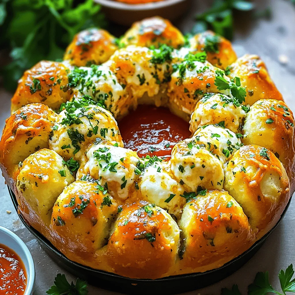 - 3 Tassen Weizenmehl (Typ 550) - 1 Päckchen aktive Trockenhefe - ½ Tasse ungesalzene Butter, geschmolzen - 1 Teelöffel Salz - 1 Teelöffel Knoblauchpulver - ¼ Teelöffel getrockneter Oregano - ¼ Teelöffel getrockneter Thymian - ¼ Teelöffel getrocknetes Basilikum - 1 Tasse geriebener Mozzarella-Käse Die Zutaten sind der Schlüssel zu einem guten Knoblauch Kräuter Monkey Bread. Ich benutze Weizenmehl (Typ 550) für die beste Textur. Es macht das Brot weich und luftig. Die aktive Trockenhefe hilft dem Teig, gut zu gehen. Für den Geschmack ist geschmolzene Butter wichtig. Sie gibt dem Brot ein reichhaltiges Aroma. Die Gewürze und Kräuter bringen viel Geschmack. Salz hebt die Aromen hervor. Knoblauchpulver gibt es einen starken, herzhaften Geschmack. Oregano, Thymian und Basilikum fügen frische Kräuternoten hinzu. Diese Kombination macht das Brot besonders lecker. Wenn Sie Käse mögen, fügen Sie geriebenen Mozzarella hinzu. Der Käse schmilzt und macht das Brot noch besser. Die Mischung aus Aromen macht jede Biss zu einem besonderen Erlebnis. Das Rezept ist einfach und erfordert keine speziellen Fähigkeiten. Genießen Sie die Zubereitung und das Backen! Für das vollständige Rezept schauen Sie sich die [Full Recipe] an. Um den Hefeteig für deinen Knoblauch Kräuter Monkey Bread zu machen, beginne mit warmem Wasser. Vermische es mit Zucker und Hefe in einer kleinen Schüssel. Lass diese Mischung etwa 5-10 Minuten stehen. Du wirst sehen, dass sie schaumig wird. Diese Blasen zeigen, dass die Hefe aktiv ist. In einer großen Schüssel kombiniere das Mehl, Salz, Knoblauchpulver, Oregano, Thymian und Basilikum gut. Diese trockenen Zutaten sind die Basis für deinen Teig. Mische alles gründlich, sodass die Gewürze gleichmäßig verteilt sind. Jetzt ist es Zeit, die schaumige Hefe zu den trockenen Zutaten zu geben. Mische alles mit einem Löffel oder deinen Händen. Du willst einen weichen Teig bekommen. Wenn der Teig zu klebrig ist, füge nach und nach mehr Mehl hinzu. Knete den Teig auf einer leicht bemehlten Fläche. Das Kneten sollte etwa 5-7 Minuten dauern. Der Teig wird glatt und elastisch. Danach lege ihn in eine gefettete Schüssel. Decke die Schüssel mit einem sauberen Küchentuch ab. Lass den Teig an einem warmen Ort etwa eine Stunde gehen, bis er sich verdoppelt hat. Heize den Ofen auf 175°C vor. Mische in einer kleinen Schüssel die geschmolzene Butter mit dem gehackten Knoblauch und der Petersilie. Nach der Gehzeit drücke den Teig herunter und teile ihn in kleine Stücke von etwa 2,5 cm. Jedes Stück tauche in die Knoblauch-Kräuter-Butter und forme es zu einer Kugel. Wenn du Käse magst, füge ein Stück Mozzarella in jede Kugel ein. Schichte die Butter-beschichteten Teigkugeln gleichmäßig in eine gefettete Gugelhupfform. Gieß die restliche Butter darüber. Backe das Brot 25-30 Minuten lang. Es sollte goldbraun und durchgegart sein. Lass es nach dem Backen 10 Minuten in der Form abkühlen, bevor du es auf einen Teller stürzt. Für das vollständige Rezept schau in die Anleitung. Die Teigfeuchtigkeit ist wichtig. Der Teig sollte weich, aber nicht zu klebrig sein. Wenn er zu klebrig ist, füge nach und nach einen Esslöffel Mehl hinzu. Achte darauf, dass du nicht zu viel Mehl verwendest. Dies kann den Teig hart machen. Der richtige Teig hat eine glatte Oberfläche und ist elastisch. Die Ofenvorheizung ist entscheidend. Heize den Ofen auf 175°C vor, bevor du das Brot backst. Eine konstante Temperatur sorgt für ein gleichmäßiges Backen. Die Backzeit kann je nach Ofentyp variieren. Überprüfe das Brot nach 25 Minuten. Es sollte goldbraun und durchgebacken sein. Präsentiere das Monkey Bread mit frischer Petersilie oben drauf. Dies sieht nicht nur schön aus, es gibt auch mehr Geschmack. Eine kleine Schüssel Marinara-Soße zum Dippen macht das Essen noch besser. So kannst du die Aromen voll genießen. {{image_4}} Wenn du einen zusätzlichen Käsegeschmack möchtest, probiere Feta oder Parmesan. Beide Käsesorten passen gut zu dem Knoblauch und den Kräutern. Der Feta gibt eine salzige Note. Parmesan hat einen nussigen Geschmack. Du kannst den Käse einfach in die Teigkugeln einarbeiten. Das macht jede Kugel noch leckerer. Die Kombination von verschiedenen Käsesorten kann auch spannend sein. Experimentiere und finde deinen Favoriten. Frische Kräuter sind eine großartige Wahl. Sie bringen mehr Aroma in dein Monkey Bread. Du kannst Petersilie, Schnittlauch oder Thymian verwenden. Diese Kräuter schmecken toll mit Knoblauch. Auch Rosmarin oder Dill sind gute Optionen. Diese Kräuter verleihen dem Brot eine besondere Note. Wenn du frische Kräuter nimmst, reduziere die Menge. Frische Kräuter sind stärker im Geschmack als getrocknete. Hast du eine Glutenunverträglichkeit? Du kannst dieses Rezept auch glutenfrei machen. Verwende glutenfreies Mehl anstelle von Weizenmehl. Achte darauf, dass du auch glutenfreie Hefe nimmst. So bleibt dein Monkey Bread lecker und sicher. Für eine vegane Version lässt sich die Butter leicht ersetzen. Nutze pflanzliche Margarine oder Öl. Diese Alternativen machen das Brot trotzdem fluffig. Du wirst keinen großen Unterschied im Geschmack merken. Das ist toll für alle, die Milchprodukte meiden. Für das vollständige Rezept, siehe [Full Recipe]. Bewahre dein Knoblauch Kräuter Monkey Bread im Kühlschrank auf. Lege es in einen luftdichten Behälter. So bleibt es frisch. Es hält bis zu 3 Tagen. Wenn du es länger lagern möchtest, friere es ein. Um Monkey Bread einzufrieren, lasse es zuerst vollständig abkühlen. Wickele es dann fest in Frischhaltefolie. Lege es in einen Gefrierbeutel oder einen luftdichten Behälter. So bleibt der Geschmack erhalten. Zum Wiederaufwärmen, taue es im Kühlschrank auf. Heize den Ofen auf 175°C vor. Backe es etwa 10-15 Minuten, bis es warm ist. Hast du Reste? Nutze sie kreativ! Du kannst die Stücke in eine Pfanne geben und mit Käse überbacken. Sie eignen sich auch gut für Sandwiches oder Pizzen. Schneide sie in kleine Stücke und füge deine Lieblingszutaten hinzu. So machst du aus Resten eine neue Mahlzeit. Die Zubereitung dauert insgesamt etwa 1 Stunde und 15 Minuten. Die Vorbereitungszeit ist 15 Minuten. Die Backzeit beträgt 25 bis 30 Minuten. Diese Zeit reicht, um ein köstliches, warmes Brot zu genießen. Ja, frische Kräuter sind eine tolle Wahl. Sie geben dem Gericht mehr Geschmack. Verwende etwa dreimal so viel frische Kräuter wie getrocknete. Zum Beispiel, wenn du ¼ Teelöffel getrockneten Oregano nimmst, nutze ¾ Teelöffel frischen Oregano. Das hebt das Aroma noch mehr. Wenn dein Teig nicht aufgeht, könnte die Hefe nicht aktiv sein. Stelle sicher, dass das Wasser warm, aber nicht heiß ist. Zu heiß kann die Hefe abtöten. Lass den Teig an einem warmen Ort ruhen. Wenn er nach einer Stunde nicht aufgeht, kann die Hefe alt oder nicht aktiv sein. Du kannst auch einen neuen Teig ansetzen. Ja, du kannst das Rezept im Voraus vorbereiten. Bereite den Teig und forme die Kugeln. Lagere sie in einem luftdichten Behälter im Kühlschrank. Du kannst den Teig bis zu 24 Stunden vorher machen. Lass ihn vor dem Backen etwas Raumtemperatur erreichen, damit er gut aufgeht. Alternativ kannst du die Kugeln einfrieren und später backen. Im Blogbeitrag haben wir die Zutaten für Knoblauch Kräuter Monkey Bread besprochen. Wir sahen, wie man den Hefeteig herstellt, knetet und backt. Ich habe Tipps gegeben, um die perfekte Konsistenz zu erreichen. Außerdem gab es Variationen für Käse und Kräuter sowie Aufbewahrungshinweise. Letztlich ist das Rezept einfach und bietet viele Optionen. Probier es aus, um deine Freunde zu beeindrucken!