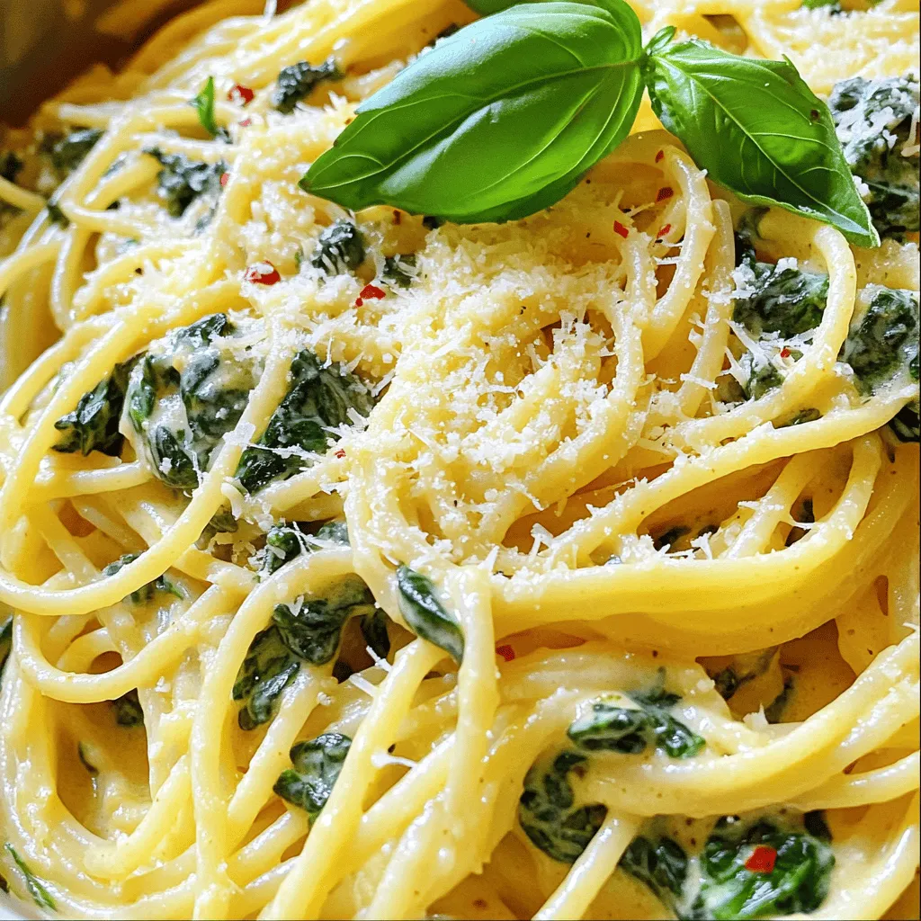 Um cremige Knoblauch-Spinat-Nudeln zu machen, brauchen Sie nur einige einfache Zutaten. Diese sind: - 340 g Spaghetti oder Fettuccine - 2 Esslöffel Olivenöl - 4 Knoblauchzehen, fein gehackt - 180 g frischer Spinat - 240 ml Schlagsahne oder Kokoscreme für eine vegane Variante - 50 g frisch geriebener Parmesan (oder Nährhefe für die vegane Option) - Salz und Pfeffer nach Geschmack - 1/4 Teelöffel rote Pfefferflocken (optional) - Zeste von 1 Zitrone - Frische Basilikumblätter zum Garnieren Diese Zutaten sind leicht zu finden. Sie können sie in jedem Supermarkt kaufen. Die richtigen Mengen sind wichtig für den Geschmack. Zu viel Knoblauch kann den Geschmack überwältigen. Zu wenig Sahne macht die Sauce nicht cremig. Messen Sie alles genau ab. Ein Küchentimer hilft Ihnen dabei, die Garzeiten zu beachten. So bleiben die Nudeln al dente und die Sauce bleibt perfekt. Wenn Sie spezielle diätetische Bedürfnisse haben, gibt es viele Alternativen. Zum Beispiel: - Nutzen Sie glutenfreie Nudeln, wenn Sie Gluten vermeiden wollen. - Ersetzen Sie die Sahne durch eine pflanzliche Option, wie Kokoscreme. - Verwenden Sie Nährhefe anstelle von Parmesan für eine vegane Option. Diese Alternativen machen das Rezept vielseitig. So kann jeder die cremigen Knoblauch-Spinat-Nudeln genießen! Für die vollständige Anleitung, schauen Sie sich das [Full Recipe] an. Beginnen Sie mit einem großen Topf. Füllen Sie ihn mit Wasser und fügen Sie Salz hinzu. Bringen Sie das Wasser zum Kochen. Wenn das Wasser sprudelt, geben Sie die Nudeln hinein. Kochen Sie die Nudeln so lange, wie auf der Verpackung angegeben. Sie sollten al dente sein. Das bedeutet, sie sind weich, aber haben noch Biss. Heben Sie etwa 240 ml von dem Nudelwasser auf, bevor Sie die Nudeln abgießen. Das Nudelwasser enthält Stärke, die später hilft, die Sauce zu binden. Lassen Sie die Nudeln in einem Sieb abtropfen und stellen Sie sie beiseite. Erhitzen Sie eine große Pfanne bei mittlerer Hitze. Geben Sie das Olivenöl hinein. Fügen Sie dann den fein gehackten Knoblauch hinzu. Sautieren Sie den Knoblauch für etwa eine Minute. Achten Sie darauf, dass er nicht anbrennt, da er sonst bitter wird. Jetzt kommt der frische Spinat. Geben Sie ihn in die Pfanne und rühren Sie gut um. Lassen Sie den Spinat 3 bis 4 Minuten garen, bis er zusammenfällt. Reduzieren Sie die Hitze auf niedrig. Gießen Sie die Schlagsahne oder Kokoscreme in die Pfanne. Lassen Sie die Sauce für ein paar Minuten köcheln, bis sie leicht eindickt. Fügen Sie nach und nach den geriebenen Parmesan hinzu. Rühren Sie die Sauce ständig, bis der Käse schmilzt und die Sauce cremig wird. Wenn die Sauce zu dick ist, fügen Sie etwas von dem Nudelwasser hinzu. Jetzt ist es Zeit, alles zusammenzubringen. Geben Sie die gekochten Nudeln in die Pfanne. Vermengen Sie die Nudeln gut mit der cremigen Sauce. Achten Sie darauf, dass jede Nudel gleichmäßig bedeckt ist. Würzen Sie die Mischung mit Salz und Pfeffer. Fügen Sie die roten Pfefferflocken hinzu, wenn Sie etwas Schärfe mögen. Rühren Sie die Zitronenzeste unter die Nudeln. Dies gibt einen frischen Geschmack. Servieren Sie die cremigen Knoblauch-Spinat-Nudeln sofort. Garnieren Sie sie mit frischen Basilikumblättern und etwas Parmesan. So sieht das Gericht toll aus und schmeckt noch besser! Für die vollständige Zubereitung schauen Sie sich das Rezept [Full Recipe] an. Um die perfekte Cremigkeit zu erreichen, ist die Wahl der Sahne wichtig. Ich empfehle, Schlagsahne oder Kokoscreme zu verwenden. Diese Zutaten geben der Sauce eine reichhaltige Textur. Beim Hinzufügen des Käses ist Geduld gefragt. Fügen Sie den Parmesan langsam hinzu. Rühren Sie stetig, bis er schmilzt. Wenn die Sauce zu dick wird, helfen ein bisschen Nudelwasser oder mehr Sahne. Diese Tricks machen Ihre Sauce wunderbar cremig. Verkochte Nudeln sind ein häufiges Problem. Um dies zu vermeiden, kochen Sie die Nudeln nur bis al dente. Achten Sie auf die Anweisungen auf der Packung. Testen Sie die Nudeln ein paar Minuten vor Ende der Kochzeit. So haben sie noch Biss und werden nicht matschig. Sobald sie fertig sind, gießen Sie sie ab, aber vergessen Sie nicht, etwas Nudelwasser aufzuheben. Dieses Wasser hilft, die Sauce später zu binden. Frische Zutaten machen einen großen Unterschied. Verwenden Sie frischen Spinat, wenn möglich. Er hat mehr Geschmack und eine bessere Textur. Auch frischer Knoblauch ist wichtig. Er bringt ein intensives Aroma in die Sauce. Zitrone verleiht Frische und Balance. Garnieren Sie die Nudeln mit frischem Basilikum. So sieht das Gericht nicht nur gut aus, sondern schmeckt auch besser. Für das vollständige Rezept schauen Sie sich bitte die [Full Recipe] an. {{image_4}} Für eine vegane Option tauschen wir die Schlagsahne gegen Kokoscreme. Diese Creme gibt der Sauce eine reichhaltige, cremige Textur. Nährhefe ersetzt den Parmesan und fügt einen nussigen Geschmack hinzu. So bleibt das Gericht voll von Aromen, ohne tierische Produkte. Achten Sie darauf, die Nährhefe gleichmäßig in die Sauce zu rühren, damit sie sich gut verteilt. Wenn Sie mehr Protein möchten, fügen Sie Hühnchen oder Garnelen hinzu. Kochen Sie das Fleisch in der Pfanne, bevor Sie den Knoblauch hineingeben. So nimmt das Protein den Geschmack des Knoblauchs auf. Garnelen brauchen nur wenige Minuten, um zu garen. Achten Sie darauf, sie nicht zu lange zu kochen, damit sie zart bleiben. Sie können auch andere Gemüse hinzufügen, um das Gericht bunter und gesünder zu machen. Brokkoli oder Erbsen passen gut dazu. Diese Gemüse sind reich an Vitaminen und bringen Farbe auf den Teller. Dämpfen Sie das Gemüse leicht, bevor Sie es in die Sauce geben. So bleibt es knackig und frisch. Um die cremigen Knoblauch-Spinat-Nudeln frisch zu halten, lagere ich die Reste in einem luftdichten Behälter. So bleibt die Pasta feucht und der Geschmack bleibt erhalten. Ich empfehle, die Nudeln nicht länger als drei Tage im Kühlschrank aufzubewahren. Vor dem Lagern lasse ich die Nudeln auf Raumtemperatur abkühlen. Dadurch vermeide ich Kondensation, die die Textur der Sauce ruiniert. Wenn ich die Nudeln wieder aufwärme, benutze ich eine Pfanne oder die Mikrowelle. Bei der Pfanne füge ich einen Spritzer Wasser oder etwas Sahne hinzu. Das hilft, die Nudeln wieder cremig zu machen. Ich erwärme die Nudeln langsam bei mittlerer Hitze und rühre oft um. In der Mikrowelle decke ich die Schüssel ab und erwärme sie in Intervallen von 30 Sekunden. So trocknen die Nudeln nicht aus. Die Nudeln bleiben im Kühlschrank bis zu drei Tage frisch. Wenn ich die Nudeln länger aufbewahren möchte, friere ich sie ein. Dazu lege ich die Portionen in gefriergeeignete Behälter. So kann ich sie bis zu drei Monate genießen. Beim Auftauen stelle ich sie über Nacht in den Kühlschrank und wärme sie dann wie oben beschrieben auf. Für das vollständige Rezept von cremigen Knoblauch-Spinat-Nudeln, schauen Sie sich die [Full Recipe] an. Sie können die Reste in einem luftdichten Behälter im Kühlschrank aufbewahren. So bleiben sie frisch für bis zu drei Tage. Wenn Sie die Nudeln länger aufbewahren möchten, können Sie sie auch einfrieren. In diesem Fall sollten Sie sie innerhalb von zwei Monaten konsumieren. Achten Sie darauf, die Nudeln vor dem Einfrieren gut abzukühlen. Ja, Sie können die Nudeln im Voraus zubereiten. Kochen Sie die Nudeln und bereiten Sie die Sauce getrennt zu. Lassen Sie die Sauce abkühlen, bevor Sie sie im Kühlschrank lagern. Am Tag des Servierens können Sie die Nudeln und die Sauce einfach zusammenwärmen. So sparen Sie Zeit und genießen trotzdem ein köstliches Gericht. Zu diesen Nudeln passen viele Beilagen gut. Hier sind einige Ideen: - Ein frischer grüner Salat mit Vinaigrette - Knoblauchbrot oder Focaccia - Gegrilltes Gemüse, wie Zucchini oder Paprika - Eine leichte Tomatensuppe Diese Beilagen ergänzen die cremigen Knoblauch-Spinat-Nudeln perfekt und machen das Essen noch besser. Sie können auch den [Full Recipe] für weitere Tipps und Details zur Zubereitung verwenden. Die cremigen Knoblauch-Spinat-Nudeln sind einfach zu machen und lecker. Wir haben die Hauptzutaten, die Zubereitung sowie Tipps für den besten Geschmack besprochen. Variationen geben dir viele Optionen, und das richtige Lagern sorgt dafür, dass die Reste frisch bleiben. Denke daran, frische Zutaten zu verwenden. So schaffst du ein Gericht, das jeden begeistert. Probiere es aus und genieße deine köstlichen Nudeln!