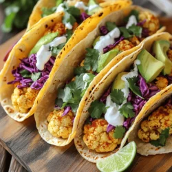 - Blumenkohl und seine Eigenschaften Blumenkohl ist ein gesundes Gemüse. Es hat viele Nährstoffe und wenig Kalorien. Bei der Zubereitung von Tacos bringt er eine tolle Textur mit. Ich mag, wie er im Ofen knusprig wird. Das Rösten verstärkt den Geschmack. - Olivenöl und Gewürze Olivenöl ist ein wichtiger Teil des Rezepts. Es hilft, den Blumenkohl zu rösten. Die Gewürze wie Paprikapulver und Kreuzkümmel geben den Tacos einen kräftigen Geschmack. Diese Aromen bringen die ganze Mahlzeit zum Leben. - Tortillas und frische Toppings Tortillas sind die Basis der Tacos. Ich bevorzuge kleine Mais-Tortillas, weil sie weich und lecker sind. Frische Toppings wie Avocado und roter Kohl machen die Tacos bunt. Sie bringen auch eine knackige Textur. - Alternative Saucen und Dressings Für eine andere Note können Sie Saucen oder Dressings hinzufügen. Eine scharfe Sauce gibt den Tacos mehr Würze. Griechischer Joghurt sorgt für Cremigkeit. Vegan? Verwenden Sie veganen Joghurt. - Zusätzliche Gemüsevariationen Fühlen Sie sich frei, mit anderen Gemüsesorten zu experimentieren. Paprika, Zucchini oder Karotten passen gut zu Blumenkohl. Sie bringen neue Aromen in die Tacos. - Vegane und glutenfreie Optionen Diese Tacos sind leicht anpassbar. Verwenden Sie glutenfreie Tortillas für eine glutenfreie Option. Wenn Sie vegan sind, lassen Sie den Joghurt weg oder nutzen Sie pflanzliche Alternativen. Für die genaue Zubereitung schauen Sie sich das [Full Recipe] an. Heize deinen Ofen auf 220°C (425°F) vor. Das Rösten bringt den Blumenkohl zum Leben. Zuerst schneide den Blumenkohl in kleine Röschen. Gib diese in eine große Schüssel. Füge 2 Esslöffel Olivenöl hinzu. Dann kommen die Gewürze: 1 Teelöffel geräuchertes Paprikapulver, 1 Teelöffel Kreuzkümmel und 1/2 Teelöffel Chilipulver. Streue auch Salz und Pfeffer nach Geschmack hinein. Mische alles gut, damit die Röschen gleichmäßig bedeckt sind. Verteile den Blumenkohl auf ein Backblech mit Backpapier. Röste ihn für 25 bis 30 Minuten. Rühre nach der Hälfte der Zeit um, damit er gleichmäßig bräunt. Der Blumenkohl sollte goldbraun und zart sein, wenn du ihn herausnimmst. Diese Rösttechnik sorgt für den besten Geschmack. Während der Blumenkohl im Ofen ist, kümmere dich um die Tortillas. Du kannst sie in einer Pfanne bei mittlerer Hitze erwärmen. Erwärme jede Tortilla etwa 30 Sekunden auf jeder Seite. Sie sollen warm und biegsam sein. Du kannst auch kleine Tortillas aus Mais oder Weizen verwenden. Biete verschiedene Optionen an, um jedem zu gefallen. Jetzt ist es Zeit, die Tacos zusammenzustellen! Nimm eine Tortilla und lege eine großzügige Menge gerösteten Blumenkohl in die Mitte. Füge rote Kohlstreifen und einige Scheiben Avocado hinzu. Bestreue das Ganze mit frischem Koriander. Um es noch leckerer zu machen, träufle griechischen Joghurt darüber. Wenn du es scharf magst, füge die scharfe Sauce hinzu. Vergiss nicht, frischen Limettensaft darüber zu pressen! So schmecken die Tacos frisch und lecker. Diese Schritte helfen dir, köstliche Röstcauliflower-Tacos zu kreieren. Du kannst die gesamte Zubereitung im [Full Recipe] nachlesen. Um deine Röstcauliflower-Tacos perfekt hinzubekommen, gibt es einige wichtige Punkte. - Häufige Fehler beim Rösten vermeiden: Viele Menschen schneiden den Blumenkohl zu klein. Das führt dazu, dass er verbrennt. Achte darauf, die Röschen gleichmäßig zu schneiden. Halte sie mindestens einen Zoll groß. So bleiben sie saftig und knackig. - Richtiges Timing und Technik: Röste den Blumenkohl bei 220°C (425°F). Drehe ihn nach etwa 15 Minuten um. So wird er gleichmäßig goldbraun. Achte darauf, ihn nicht zu lange zu rösten. 25 bis 30 Minuten sind ideal. Du kannst diese Tacos ganz einfach aufpeppen. - Ergänzende Beilagen: Serviere die Tacos mit frischem Limettensaft und zusätzlichem Koriander. Eine schöne Beilage ist auch eine Salsa. Eine scharfe Salsa bringt mehr Geschmack. - Menüideen für eine komplette Mahlzeit: Kombiniere die Tacos mit einem einfachen grünen Salat. Du kannst auch eine leichte Suppe dazu servieren. Das macht das Essen abwechslungsreich und sättigend. Möchtest du die Tacos nach deinem Geschmack anpassen? Hier sind einige Ideen. - Für Diäten geeignete Anpassungen: Du kannst den griechischen Joghurt durch Avocado-Dip ersetzen. So bleibt das Gericht vegan. - Kreative Geschmacksvariationen: Füge verschiedene Gewürze hinzu. Zum Beispiel kannst du BBQ-Gewürz für rauchigen Geschmack verwenden. Oder probiere Thai-Gewürze für eine exotische Note. Für das vollständige Rezept, klicke auf [Full Recipe]. {{image_4}} Bei Roasted Cauliflower Tacos kann man viel ausprobieren. Tex-Mex-Styles sind sehr beliebt. Fügen Sie zum Beispiel schwarze Bohnen oder scharfe Salsa hinzu. Diese Zutaten bringen den richtigen Kick. Sie können auch Käse für eine cremige Note verwenden. Mediterrane Einflüsse sind eine weitere spannende Option. Versuchen Sie, Feta-Käse und Oliven hinzuzufügen. Diese Zutaten verleihen den Tacos einen frischen Geschmack. Es ist einfach, verschiedene Gemüsearten zu verwenden. Zucchini, Paprika oder Süßkartoffeln passen gut zu Blumenkohl. Diese Variationen sorgen für neue Aromen und Texturen. Wenn Sie keine Joghurt-Option mögen, gibt es viele Alternativen. Pflanzenbasierte Joghurts sind eine gute Wahl. Sie bieten ebenfalls eine cremige Textur, ohne tierische Produkte. Auch Salsas oder Guacamole sind tolle Alternativen. Für vegane, glutenfreie und allergikerfreundliche Optionen sind diese Tacos ideal. Sie können die Tortillas durch glutenfreie Varianten ersetzen. Achten Sie darauf, dass alle Zutaten auch vegan sind. Zum Beispiel verwenden Sie anstelle von Joghurt einen pflanzlichen Joghurt. Um Nährstoffe zu steigern, fügen Sie mehr Gemüse hinzu. Spinat oder Grünkohl sind gute Quellen. Diese Anpassungen machen die Tacos gesund und lecker. Erforschen Sie die Möglichkeiten mit dem [Full Recipe]! - Lagere deine Reste in einem luftdichten Behälter. Das hält sie frisch. - Verwende Glas- oder Kunststoffbehälter, die gut schließen. So bleibt der Geschmack erhalten. - Die besten Reste schmecken innerhalb von drei Tagen. Danach kann der Geschmack nachlassen. - Du kannst Blumenkohl auch einfrieren. Teile ihn in kleine Stücke und lege ihn in einen Gefrierbeutel. So bleibt er bis zu drei Monate frisch. - Am besten wärmst du die Tacos im Ofen auf. Stelle ihn auf 180°C und backe sie für 10 Minuten. - Du kannst auch eine Pfanne verwenden. Erhitze sie bei mittlerer Hitze und lege die Tacos hinein. Drehe sie nach ein paar Minuten um. So bleiben sie knusprig. Kann ich Blumenkohl für andere Tacos verwenden? Ja, Blumenkohl eignet sich gut für viele Tacos. Er hat einen milden Geschmack. Du kannst ihn anpassen, um verschiedene Aromen zu erzielen. Probiere ihn mit verschiedenen Gewürzen oder Saucen. Was sind die besten Toppings für diese Tacos? Die besten Toppings sind frischer Koriander, Avocadoscheiben und rote Kohlstreifen. Du kannst auch Joghurt oder scharfe Sauce hinzufügen. Limettensaft bringt frischen Geschmack. Experimentiere mit deinen Lieblingstoppings. Wie viele Kohlenhydrate haben die Tacos? Jede Portion dieser Tacos hat etwa 30 Gramm Kohlenhydrate. Das hängt von den verwendeten Tortillas ab. Vollkorn-Tortillas können weniger Kohlenhydrate haben. Wie lange muss ich Blumenkohl rösten? Röste den Blumenkohl für etwa 25 bis 30 Minuten. Achte darauf, ihn einmal zu wenden. So wird er goldbraun und zart. Was tun, wenn die Tacos trocken sind? Wenn die Tacos trocken sind, füge mehr Joghurt oder Sauce hinzu. Du kannst auch frische Limette über die Tacos pressen. Das macht sie saftiger. Kcal pro Portion Jede Portion hat etwa 250 Kalorien. Das macht diese Tacos zu einer leichten Wahl. Sie sind nährstoffreich und sättigend. Nährstoffverteilung der Zutaten Die Zutaten bieten eine gute Balance. Sie enthalten Ballaststoffe, gesunde Fette und Vitamine. Blumenkohl ist reich an Vitamin C. Avocado liefert gesunde Fette. In diesem Artikel haben wir über die besten Zutaten für köstliche Tacos gesprochen. Wir haben Blumenkohl, Olivenöl und verschiedene Tortillas behandelt. Die Tipps zum Rösten und Zusammenstellen der Tacos helfen Ihnen, ein perfektes Gericht zuzubereiten. Außerdem erfuhren Sie, wie Sie die Tacos anpassen können, um verschiedene Geschmäcker zu entdecken. Denken Sie daran, dass die Wahl der Zutaten und Lagerung eine große Rolle spielt. Mit diesen Informationen können Sie leckere und gesunde Tacos genießen. Probieren Sie verschiedene Varianten und finden Sie Ihre Favoriten!