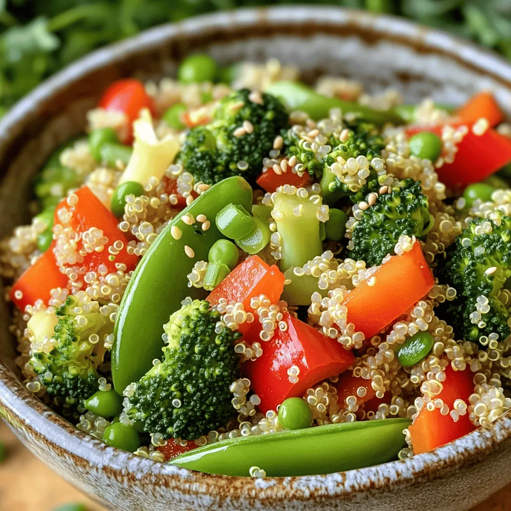 - 1 Tasse Quinoa - 2 Tassen Gemüsebrühe oder Wasser - 1 Esslöffel Sesamöl - 1 Paprika (rot oder gelb) - Brokkoli - Karotten - Zuckerschoten - Frühlingszwiebeln - Knoblauch - Ingwer - Sojasauce - Hoisinsauce (optional) Um eine leckere Quinoa-Pfanne zu machen, brauchen wir ein paar einfache Zutaten. Zuerst ist Quinoa die Basis. Diese kleine Zutat ist voll mit Protein. Sie hilft dir, dich satt zu fühlen und gibt dir Energie. Du musst die Quinoa gut abspülen. So entfernst du Bitterstoffe. Du kochst die Quinoa mit Gemüsebrühe oder Wasser. Das bringt mehr Geschmack. Dann kommt das Sesamöl dazu. Es sorgt für einen tollen Duft und Geschmack. Die Paprika bringt Farbe und Süße ins Gericht. Du kannst rot oder gelb nehmen, je nach Vorliebe. Gemüsevariationen sind wichtig. Du kannst Brokkoli, Karotten, Zuckerschoten und Frühlingszwiebeln hinzufügen. Diese Gemüse sind gesund und machen das Gericht bunt. Sie sind auch knackig und lecker. Für den Geschmack brauchen wir Gewürze. Knoblauch und Ingwer geben ein tolles Aroma. Sojasauce macht das Gericht würzig. Wenn du es süßer magst, füge Hoisinsauce hinzu. Diese Zutaten sind einfach, aber sie machen einen großen Unterschied. Die Auswahl der Zutaten macht dieses Gericht flexibel. Du kannst es nach deinem Geschmack anpassen. Wenn du mehr über die Zubereitung erfahren möchtest, schau dir das Full Recipe an. - Mische 1 Tasse Quinoa mit 2 Tassen Gemüsebrühe in einem Topf. - Bringe die Mischung zum Kochen. Dann reduziere die Hitze und decke den Topf ab. - Lass die Quinoa 15 Minuten kochen. Sie sollte fluffig und die Flüssigkeit aufgesogen sein. - Nimm den Topf vom Herd und stelle ihn beiseite. - Erhitze 1 Esslöffel Sesamöl in einer großen Pfanne. - Füge 2 fein gehackte Knoblauchzehen und 1 Esslöffel geriebenen Ingwer hinzu. - Brate die Mischung für etwa 30 Sekunden an. Es sollte gut duften. - Gib 1 geschnittene Paprika, 1 Tasse Brokkolifloren, 1 in Streifen geschnittene Karotte und 1 Tasse Zuckerschoten dazu. - Brate das Gemüse 5 bis 7 Minuten an. Es sollte hell und zart sein. - Mische die gekochte Quinoa mit dem Gemüse in der Pfanne. - Gieße 2 Esslöffel Sojasauce und 1 Esslöffel Hoisinsauce (optional) darüber. - Rühre alles gut um, damit die Quinoa die Sauce aufnimmt. - Koche das Gericht weitere 2 bis 3 Minuten. - Schmecke mit Salz und Pfeffer ab. - Hebe 2 gehackte Frühlingszwiebeln vorsichtig unter. - Serviere das Gericht warm und garniere es mit Sesamsamen. Für das vollständige Rezept, schau dir die Anleitung in [Full Recipe] an. - Sesamsamen zur Dekoration: Streue Sesamsamen über das fertige Gericht. Sie bringen einen tollen Crunch und Geschmack. - Zusätzliche Frühlingszwiebeln: Hacke einige Frühlingszwiebeln und streue sie darüber. Sie verleihen Frische und Farbe. - Gemüse nicht zu lange kochen: Achte darauf, das Gemüse nur kurz zu garen. So bleibt es knackig und bunt. - Quinoa richtig ausspülen: Spüle die Quinoa gründlich ab, um Bitterstoffe zu entfernen. Das verbessert den Geschmack. - Verwendung von frisch gehackten Kräutern: Füge frische Kräuter wie Koriander oder Petersilie hinzu. Sie bringen Aroma und Frische ins Gericht. - Eingelegte oder gebratene Tofu-Würfel hinzufügen: Tofu macht die Pfanne proteinreich. Eingelegter Tofu hat einen tollen Geschmack und ergänzt die anderen Zutaten. Für das vollständige Rezept, schau dir das [Full Recipe] an. {{image_4}} Sie können viele Gemüsearten verwenden. Saisonales Gemüse macht das Gericht frisch und lecker. Im Frühling sind Spargel und Erbsen gut. Im Sommer geben Zucchini und Paprika viel Farbe. Im Herbst sind Kürbis und Karotten ideal. Im Winter sind Kohl und Wurzelgemüse perfekt. Tiefkühlgemüse ist eine gute Option, wenn frisches Gemüse fehlt. Es ist oft schnell zubereitet und bleibt lange frisch. Für mehr Protein können Sie Tofu oder Tempeh hinzufügen. Tofu hat eine gute Textur und nimmt den Geschmack auf. Schneiden Sie den Tofu in Würfel, braten Sie ihn vorher an und geben Sie ihn dann in die Pfanne. Tempeh hat einen nussigen Geschmack. Es ist eine großartige pflanzliche Proteinquelle. Kichererbsen sind auch eine einfache Wahl. Sie bringen Eiweiß und Ballaststoffe in die Mischung. Wenn Sie glutenfrei kochen möchten, verwenden Sie Tamari statt Sojasauce. Tamari hat einen ähnlichen Geschmack und ist oft glutenfrei. Für die Hoisinsauce können Sie ein Rezept für eine hausgemachte Sauce probieren. Mischen Sie Erdnussbutter mit Honig und Sojasauce für eine leckere Alternative. Diese Anpassungen machen das Gericht für alle geeignet. - Lagern Sie die Quinoa-Pfanne im Kühlschrank. - Verwenden Sie luftdichte Behälter, um die Frische zu bewahren. - Frisch zubereitet bleibt die Pfanne etwa drei Tage gut. - Nach der Lagerung kann die Textur etwas anders sein. - Sie können die Quinoa-Pfanne auch einfrieren. - Teilen Sie das Gericht in Portionen auf, um es leichter zu lagern. - Erwärmen Sie die Pfanne in der Mikrowelle oder in einer Pfanne. - Fügen Sie einen Spritzer Wasser hinzu, um das Austrocknen zu vermeiden. - Decken Sie das Gericht beim Erwärmen ab, um die Feuchtigkeit zu halten. Um Quinoa richtig zu kochen, benutze ein Verhältnis von 1:2. Das bedeutet, für jede Tasse Quinoa, nimm zwei Tassen Gemüsebrühe oder Wasser. Spüle die Quinoa vorher ab, um Bitterstoffe zu entfernen. Bringe die Mischung zum Kochen. Reduziere dann die Hitze, decke den Topf ab und lasse es 15 Minuten köcheln. Die Quinoa ist fertig, wenn sie fluffig ist und die Flüssigkeit aufgesogen wurde. Ja, du kannst die Quinoa und das Gemüse im Voraus zubereiten. Koche die Quinoa und das Gemüse getrennt. Lass sie abkühlen und lagere sie in einem luftdichten Behälter. So bleibt alles frisch. Du kannst die Quinoa und das Gemüse dann einfach vor dem Servieren in einer Pfanne erwärmen. Das spart Zeit und macht das Essen einfach. Für Kinder sind süße und bunte Gemüse ideal. Du kannst Erbsen, Karotten und Paprika verwenden. Diese Gemüse haben tolle Farben und schmecken mild. Du kannst auch die Sojasauce reduzieren, um den Geschmack weniger salzig zu machen. Verwende mehr süße Saucen, wie Hoisinsauce, um den Geschmack zu verbessern. So werden auch wählerische Esser neugierig. Quinoa ist sehr gesund! Es hat viel Protein, Ballaststoffe und wichtige Mineralien. Quinoa enthält alle neun Aminosäuren, die unser Körper braucht. Es ist glutenfrei und kann helfen, das Herz gesund zu halten. Die Ballaststoffe unterstützen die Verdauung und halten dich lange satt. Es ist eine großartige Wahl für eine ausgewogene Ernährung. Das Gemüse ist fertig, wenn es leuchtend und leicht zart ist. Du kannst es mit einer Gabel anstechen, um die Textur zu überprüfen. Achte darauf, dass es nicht matschig wird. Brokkoli sollte eine helle grüne Farbe haben. Karotten sollten weich, aber noch knackig sein. Wenn du das Gemüse zu lange kochst, verliert es seinen Geschmack und Nährstoffe. Dieses Gericht kombiniert gesunde Zutaten mit einem einfachen Rezept. Wir starten mit Quinoa und köstlichem Gemüse. Dann braten wir aromatische Gewürze an, um den Geschmack zu verbessern. Zuletzt geben wir die Saucen hinzu, die das Gericht perfekt abrunden. Egal, ob du es für dich selbst zubereitest oder für deine Familie, diese Varianten machen Freude. Experimentiere mit Gemüse und Proteinen, um es nach deinem Geschmack anzupassen. Mit den richtigen Tipps holst du das Beste aus diesem Gericht heraus. Viel Spaß beim Kochen!