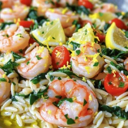 Um Lemon Garlic Shrimp Orzo zuzubereiten, benötigen Sie folgende Hauptzutaten: - 225 g Orzo-Nudeln - 450 g große Garnelen, geschält und entdarmt - 3 Esslöffel Olivenöl - 4 Knoblauchzehen, fein gehackt - Schale und Saft von 1 Zitrone - 1 Teelöffel rote Pfefferflocken (nach Geschmack anpassen) - 150 g Kirschtomaten, halbiert - 150 g Spinat, grob gehackt - Salz und Pfeffer nach Geschmack - Frische Petersilie, gehackt (zum Garnieren) Diese Zutaten machen das Gericht frisch und lecker. Die Garnelen bringen einen tollen Geschmack. Der Knoblauch und die Zitrone sorgen für die richtige Würze. Kirschtomaten und Spinat fügen Farbe und Nährstoffe hinzu. Sie können die roten Pfefferflocken nach Ihrem Geschmack anpassen. Wenn Sie mehr Details wünschen, schauen Sie sich das [Full Recipe] an. Dort finden Sie alle Schritte zur Zubereitung. Koche die Orzo-Nudeln in einem großen Topf mit gesalzenem Wasser. Halte dich an die Packungsanweisung. Die Nudeln sollten al dente sein. Nach dem Kochen, gieße die Nudeln in ein Sieb ab. Vergiss nicht, etwas Nudelwasser aufzuheben. Es hilft später beim Mischen. Erhitze 2 Esslöffel Olivenöl in einer großen Pfanne bei mittlerer bis hoher Hitze. Füge die Garnelen hinzu und brate sie 2-3 Minuten pro Seite. Sie sollten rosa und undurchsichtig sein. Würze die Garnelen mit Salz, Pfeffer und roten Pfefferflocken. Nimm die Garnelen aus der Pfanne und stelle sie beiseite. Gib 1 Esslöffel Olivenöl in dieselbe Pfanne. Füge den fein gehackten Knoblauch hinzu und brate ihn 30 Sekunden lang an. Der Knoblauch sollte duften, aber nicht braun werden. Jetzt kommen die halbierten Kirschtomaten dazu. Koche sie 2-3 Minuten, bis sie weich sind. So entwickelst du eine schöne Textur und ein tolles Aroma. Gib die Garnelen zurück in die Pfanne. Füge die Zitronenschale, den Zitronensaft, die gekochten Orzo-Nudeln und den gehackten Spinat hinzu. Mische alles gut durch. Wenn die Mischung zu trocken ist, füge einen Schuss des aufbewahrten Nudelwassers hinzu. Das hilft, alles zu befeuchten. Jetzt ist es Zeit zu probieren. Schmecke die Mischung ab und würze sie nach Belieben mit mehr Salz, Pfeffer oder Zitronensaft. Das macht einen großen Unterschied im Geschmack. Nimm die Pfanne vom Herd. Richte die Garnelen-Orzo-Mischung in tiefen Tellern an. Garniere jedes Gericht mit frischer, gehackter Petersilie. Du kannst auch eine Scheibe Zitrone für einen farbenfrohen Look hinzufügen. So sieht alles sehr ansprechend aus. Für die vollständige Zubereitung dieses Gerichts, schau dir das Rezept im Abschnitt Full Recipe an. Frische Garnelen sind ideal. Sie haben einen besseren Geschmack. Kaufen Sie Garnelen, die prall und glänzend sind. Gefrorene Garnelen sind auch gut. Sie sind praktisch und oft günstiger. Sie können sie vor dem Kochen einfach auftauen. Beim Anbraten ist Hitze wichtig. Verwenden Sie eine große Pfanne und genügend Olivenöl. Dies hilft, die Garnelen schön knusprig zu machen. Braten Sie die Garnelen nicht zu lange. Nach 2-3 Minuten sind sie perfekt. Achten Sie darauf, dass sie rosa und undurchsichtig sind. Die Kochzeit für Orzo ist wichtig. Kochen Sie die Nudeln in sprudelndem, gesalzenem Wasser. Lesen Sie die Packungsanweisung für die beste Zeit. Normalerweise sind 8-10 Minuten ausreichend. Bewahren Sie etwas Nudelwasser auf. Es hilft, die Sauce später zu verdünnen. Wenn die Mischung zu trocken ist, fügen Sie einfach einen Schuss hinzu. Dies macht das Gericht cremiger und geschmackvoller. Kräuter und Gewürze können den Geschmack ändern. Probieren Sie frische Petersilie, Basilikum oder Oregano. Diese Kräuter bringen neue Aromen ins Spiel. Sie können auch mit Gewürzen experimentieren. Rote Pfefferflocken geben Schärfe. Für einen anderen Geschmack können Sie Zitronenverbene oder Dill verwenden. Anpassungen helfen, das Gericht nach Ihrem Geschmack zu gestalten. {{image_4}} Wenn du die Garnelen ersetzen möchtest, probiere pflanzliche Proteine. Tofu oder Kichererbsen bieten eine großartige Textur. Du kannst auch Jackfruit verwenden, um einen tollen Biss zu bekommen. Achte darauf, die Brühe anzupassen. Du kannst Gemüsebrühe oder Kokosmilch nutzen, um den Geschmack zu verstärken. Füge saisonales Gemüse hinzu, um mehr Geschmack und Nährstoffe zu bekommen. Zum Beispiel passen Zucchini, Paprika oder Erbsen gut. Du kannst sie einfach in die Pfanne geben, wenn du die Tomaten anbrätst. Das Gemüse sollte weich sein, aber noch etwas Biss haben. So bleibt es knackig und frisch. Experimentiere mit verschiedenen Pfefferarten, um den Geschmack zu ändern. Schwarzer Pfeffer oder weißer Pfeffer bringen andere Nuancen. Du kannst auch zusätzliche Aromen wie Zitronenverbene hinzufügen. Sie geben dem Gericht eine frische, zitrusartige Note. So wird dein Lemon Garlic Shrimp Orzo noch interessanter. Für das vollständige Rezept besuche bitte [Full Recipe]. Bewahre deine Reste in einem luftdichten Behälter auf. Ideal sind Glas- oder Plastikbehälter mit einem guten Verschluss. Du solltest die Reste innerhalb von zwei Stunden nach dem Essen in den Kühlschrank stellen. So bleiben sie frisch. Für die Gefrierung kannst du die Reste in Portionen aufteilen. Achte darauf, die Behälter gut zu beschriften, damit du weißt, was drin ist. Der fertige Lemon Garlic Shrimp Orzo bleibt im Kühlschrank etwa drei Tage frisch. Du erkennst verdorbene Lebensmittel an einem unangenehmen Geruch oder einer veränderten Farbe. Wenn die Reste schleimig oder matschig aussehen, wirf sie weg. Sicherheit geht vor. Um die Reste sicher wieder zu erhitzen, nutze einen Topf oder die Mikrowelle. Wenn du die Mikrowelle verwendest, decke das Gericht ab. Das hilft, die Feuchtigkeit zu halten. Um die Textur zu bewahren, füge einen Spritzer Wasser hinzu. So bleibt der Orzo nicht trocken. Rühre alles gut um, damit sich die Hitze gleichmäßig verteilt. Die Zubereitung von Lemon Garlic Shrimp Orzo dauert insgesamt etwa 30 Minuten. Die Vorbereitungszeit beträgt etwa 10 Minuten. Während dieser Zeit kannst du die Garnelen schälen und die Zutaten vorbereiten. Das Kochen der Orzo-Nudeln und das Braten der Garnelen nehmen den Rest der Zeit in Anspruch. Es ist schnell und einfach, perfekt für ein schnelles Abendessen! Ja, du kannst andere Nudeln verwenden. Beliebte Alternativen sind Reisnudeln oder Fusilli. Wenn du andere Nudeln wählst, achte darauf, die Kochzeit anzupassen. Prüfe die Verpackungsanweisungen für die beste Garzeit. Es ist wichtig, dass die Nudeln al dente sind, um die richtige Textur zu erreichen. Lemon Garlic Shrimp Orzo ist eine gesunde Wahl. Die Garnelen liefern hochwertiges Eiweiß, während der Spinat Vitamine und Mineralien bietet. Du kannst das Gericht noch gesünder machen, indem du weniger Öl verwendest. Auch das Hinzufügen von mehr Gemüse ist eine tolle Idee. Zum Beispiel kannst du Zucchini oder Paprika hinzufügen, um die Nährstoffe zu erhöhen. Zusammenfassend haben wir Schritt für Schritt das Rezept für Lemon Garlic Shrimp Orzo durchgearbeitet. Du hast gelernt, wie du die Hauptzutaten zubereitest und kombinierst, um ein köstliches Gericht zu kreieren. Mit diesen Tipps und Variationen kannst du kreativ werden und das Rezept anpassen. Ob vegetarisch oder mit extra Gemüse, die Möglichkeiten sind endlos. Dieses Gericht erlaubt dir, in der Küche zu experimentieren und gleichzeitig köstlich zu genießen. Vertraue deinen Fähigkeiten und probiere es aus!