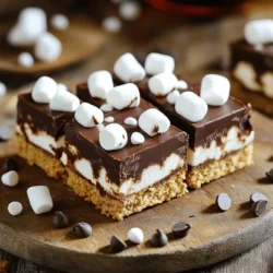 Um diese köstlichen Riegel zu machen, benötigen Sie einige einfache Zutaten: - 1 ½ Tassen Graham-Cracker-Brösel - ½ Tasse ungesüßtes Kakaopulver - 1 Tasse gesüßte Kondensmilch - 1 Tasse Mini-Marshmallows - 1 Tasse halbsüße Schokoladenstückchen - ½ Tasse Mini-Schokoladenstückchen (für das Topping) - ¼ Tasse ungesüßte Kokosraspeln (optional, für zusätzliche Textur) - Eine Prise Salz Diese Zutaten sind wichtig für den Geschmack und die Konsistenz der Riegel. Graham-Cracker-Brösel geben eine knusprige Basis. Das Kakaopulver bringt Schokoladengeschmack. Die gesüßte Kondensmilch bindet alles zusammen. Um die Riegel noch besser zu machen, können Sie zusätzliche Zutaten verwenden. Einige Ideen sind: - Nüsse wie Walnüsse oder Mandeln - Zusätzliche Schokoladensorten, wie weiße oder Zartbitterschokolade - Ein Hauch von Zimt für extra Wärme Diese Optionen erlauben es Ihnen, die Riegel nach Ihrem Geschmack anzupassen. Experimentieren Sie mit verschiedenen Zutaten und finden Sie Ihre Lieblingskombination. Achten Sie bei der Auswahl der Zutaten auf die Qualität. Verwenden Sie frische Graham-Cracker und hochwertige Schokolade. Die gesüßte Kondensmilch sollte dick und cremig sein. So gelingen die Riegel perfekt. Die Kokosraspeln sind optional, aber sie fügen eine interessante Textur hinzu. Wenn Sie die Riegel für Kinder machen, können Sie die Mini-Marshmallows in der Mischung gut verteilen, um mehr Spaß zu bieten. Ich empfehle, alle Zutaten gut vorzubereiten, bevor Sie anfangen. So bleibt der Prozess einfach und schnell. Diese No-Bake S’mores Fudge Bars sind ein wahrer Genuss. Das ganze Rezept finden Sie in der Vollversion. Um die Basis für die Riegel zu machen, brauchst du einen großen Behälter. Mixe zuerst die Graham-Cracker-Brösel, das Kakaopulver und eine Prise Salz. Rühre gut um, bis alles gut vermischt ist. Dann füge die gesüßte Kondensmilch hinzu. Mische alles gründlich, bis die Mischung feucht und klebrig ist. Diese Mischung bildet die solide Grundlage deiner Riegel. Jetzt ist es Zeit, die Schokolade zu schmelzen. Nimm eine mikrowellengeeignete Schüssel. Gib die halbsüßen Schokoladenstückchen hinein und schmelze sie in 30-Sekunden-Intervallen. Rühre nach jeder Runde gut um, bis die Schokolade glatt ist. Gieße die geschmolzene Schokolade über die Graham-Cracker-Basis in der Backform. Verteile sie gleichmäßig mit einem Spatel. Jetzt verteile die Mini-Marshmallows auf der Schokolade und füge die restliche Graham-Cracker-Mischung hinzu. Drücke diese Schicht leicht nach unten, damit sie gut haftet. Die Riegel müssen jetzt chillen. Stelle die Backform für mindestens 4 Stunden in den Kühlschrank, bis die Mischung fest ist. Nach dem Kühlen kannst du die Riegel leicht aus der Form heben, indem du am überstehenden Backpapier ziehst. Schneide die Riegel in kleine Quadrate. Diese süßen Leckerbissen sind jetzt bereit zum Genießen. Du kannst sie schön auf einer Platte anrichten und nach Belieben dekorieren. Für das perfekte Finish, träufle etwas geschmolzene Schokolade über die Riegel. Um die perfekte Konsistenz für deine No-Bake S’mores Fudge Bars zu erreichen, achte auf die Mischung. Die Graham-Cracker-Brösel, das Kakaopulver und die gesüßte Kondensmilch müssen gut verbunden sein. Wenn die Mischung zu trocken ist, füge etwas mehr Kondensmilch hinzu. Ist sie zu feucht, kannst du mehr Graham-Cracker-Brösel einrühren. Ziel ist eine feuchte, klebrige Masse, die sich gut formen lässt. Um deine Riegel frisch zu halten, lagere sie in einem luftdichten Behälter. Du kannst sie auch mit Frischhaltefolie umwickeln. So bleiben sie bis zu einer Woche lecker. Wenn du sie länger aufbewahren möchtest, friere die Riegel ein. Teile sie in Portionen und lege sie in einen Gefrierbeutel. Vor dem Verzehr einfach im Kühlschrank auftauen lassen. Um deinen S’mores Fudge Bars einen besonderen Kick zu geben, experimentiere mit anderen Zutaten. Füge Nüsse oder getrocknete Früchte hinzu, um mehr Textur zu erhalten. Du kannst auch verschiedene Schokoladensorten verwenden, wie weiße oder dunkle Schokolade. Ein Hauch von Zimt oder Vanille kann den Geschmack ebenfalls verbessern. Sei kreativ und finde die Kombis, die dir am besten gefallen! {{image_4}} Wenn du eine glutenfreie Variante machen möchtest, nutze glutenfreie Kekse. Diese Kekse sind eine tolle Wahl. Sie ersetzen die normalen Graham-Cracker gut. Du kannst auch Haferflocken verwenden, die glutenfrei sind. Achte darauf, dass das Produkt als glutenfrei gekennzeichnet ist. So genießt jeder die Riegel ohne Sorgen. Für Schokoladenliebhaber gibt es viele Wege, das Rezept zu ändern. Du kannst mehr Schokoladenstückchen hinzufügen. Probiere verschiedene Schokoladensorten, wie weiße oder dunkle Schokolade. Eine Schicht Nutella macht die Riegel noch schokoladiger. Jeder Bissen wird so zu einem Schokoladentraum. Die Toppings kannst du nach deinem Geschmack wählen. Neben Mini-Marshmallows passen Nüsse sehr gut. Auch getrocknete Früchte wie Cranberries sind lecker. Wenn du etwas Knuspriges magst, füge Karamellstückchen hinzu. So wird jede Portion einzigartig und spannend. Für die vollständige Zubereitung schaue dir das [Full Recipe] an. Um deine No-Bake S’mores Fudge Bars frisch zu halten, lege sie in einen luftdichten Behälter. Du kannst sie auch mit Frischhaltefolie umwickeln. Das schützt sie vor Feuchtigkeit und Gerüchen. Stelle den Behälter in den Kühlschrank. So bleiben die Riegel fest und lecker. Wenn du die Riegel richtig lagerst, bleiben sie bis zu zwei Wochen frisch. Sie sollten jedoch nicht zu lange draußen bleiben. Bei Raumtemperatur verlieren sie schnell ihre Konsistenz. Kühl und trocken gelagert, sind sie am besten. Wenn du die Riegel länger aufbewahren möchtest, kannst du sie einfrieren. Schneide die Riegel in Stücke und lege sie in einen gefrierfesten Behälter. Trenne die Schichten mit Backpapier, damit sie nicht zusammenkleben. Im Gefrierschrank bleiben sie bis zu drei Monate gut. Wenn du sie essen möchtest, lasse sie einfach im Kühlschrank auftauen. So bleiben sie lecker und frisch. Für das vollständige Rezept schau dir die [Full Recipe] an. Die Zubereitung dauert nur 15 Minuten. Die Riegel müssen danach für mindestens 4 Stunden kühlen. Somit beträgt die Gesamtzeit etwa 4 Stunden und 15 Minuten. Das Warten lohnt sich! Sie erhalten einen leckeren Snack, der einfach zu machen ist. Ja, Sie können die Riegel ohne Schokolade zubereiten. Verwenden Sie stattdessen mehr Graham-Cracker-Brösel oder etwas Erdnussbutter. Dies verändert den Geschmack, aber sie bleiben lecker. Experimentieren Sie mit verschiedenen Zutaten, um Ihre eigene Version zu kreieren. Ja, diese Riegel sind perfekt für Kinder. Sie enthalten keine schädlichen Zutaten. Achten Sie jedoch darauf, dass die kleinen Marshmallows nicht zu heiß werden, wenn Sie sie im Ofen oder in der Mikrowelle schmelzen. Diese Riegel sind eine süße und einfache Leckerei für die ganze Familie. Diese No-Bake S’mores Fudge Bars sind einfach und lecker. Wir haben die wichtigsten Zutaten, eine Schritt-für-Schritt-Anleitung und nützliche Tipps behandelt. Du kannst sie anpassen und mit verschiedenen Toppings experimentieren. Auch die Lagerung ist einfach, so bleiben sie lange frisch. Verpasse nicht, kreativ zu sein! Probiere neue Ideen aus und genieße die süßen Riegel mit Freunden und Familie. Dein nächster Snack wird garantiert ein Hit!